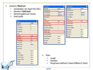    Junctions / Reservoir
     • Coordinates ( can import from GIS )
     • Elevation / Total head
     • Demand (gallons per minute)
     • Initial quality




                                                Pipes
                                                  • Length
                                                  • Diameter
                                                  • Roughness coefficient ( Hazen-Willliams C factor)

                                                 11/19
 