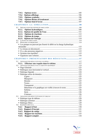10
7.9.3. Options textes ......................................................................................105
7.9.4 Options affichage .................................................................................106
7.9.5. Options symboles ................................................................................106
7.9.6 Options flèches d'écoulement.............................................................107
7.9.7. Options fond d’écran..........................................................................107
C H A P I T R E 8 - L A S I M U L A T I O N ...........................................................................108
8.1 SPÉCIFICATION DES OPTIONS DE SIMULATION .........................................................................108
8.1.1. Options hydrauliques..........................................................................108
8.1.2. Options de qualité de l'eau..................................................................111
8.1.3. Options de réactions ...........................................................................112
8.1.4. Options de temps.................................................................................113
8.1.5. Options de l’énergie.............................................................................114
8.2 LANCER UNE SIMULATION.......................................................................................................114
8.3 RÉSOUDRE LES PROBLÈMES ....................................................................................................114
! Les pompes ne peuvent pas fournir le débit ou la charge hydraulique
demandée ...........................................................................................................115
! Le réseau est déconnecté................................................................................115
! Il y a des pressions négatives.........................................................................115
! Système non équilibré....................................................................................115
! Equations sans solution..................................................................................116
C H A P I T R E 9 - P R É S E N T A T I O N D E S R É S U L T A T S ...............................117
9.1 AFFICHAGE DES RÉSULTATS SUR LE SCHÉMA..........................................................................117
9.1.1. Effectuer une requête dans le schéma...............................................117
9.2 AFFICHAGE DES RÉSULTATS À L'AIDE D'UN GRAPHIQUE ..........................................................119
! Page Générale ................................................................................................123
! Rubriques axes horizontal et vertical.............................................................124
! Rubrique légende ...........................................................................................124
! Rubrique séries de données............................................................................125
Lignes.....................................................................................................125
Marqueurs ..............................................................................................125
Dessins...................................................................................................125
Textes.....................................................................................................125
Transparent ............................................................................................125
Détermine si le graphique est visible à travers le texte..........................125
Schéma...................................................................................................126
Style .......................................................................................................126
Contours.................................................................................................126
9.3 AFFICHAGE DES RÉSULTATS DANS UN TABLEAU .....................................................................127
! Rubrique type de tableau ...............................................................................128
! Rubrique colonnes .........................................................................................128
! Rubrique filtres ..............................................................................................129
9.4 RAPPORTS SPÉCIAUX...............................................................................................................130
9.4.1 Rapport d'état .....................................................................................130
9.4.2. Rapport d'énergie ................................................................................131
9.4.3. Rapport de calage ................................................................................131
9.4.4. Rapport de réactions...........................................................................133
9.4.5. Rapport complet..................................................................................134
sommaire
index
annexe
sommaire
annexe
index
sommaire
annexe
index
annexes
 