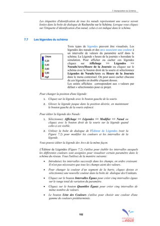 7. Manipulation du Schéma
102
Les étiquettes d'identification de tous les nœuds représentant une source seront
listées dans la boîte de dialogue de Recherche sur le Schéma. Lorsque vous cliquez
sur l'étiquette d’identification d'un nœud, celui-ci est indiqué dans le schéma.
7.7 Les légendes du schéma
Trois types de légendes peuvent être visualisés. Les
légendes des nœuds et des arcs associent une couleur à
un intervalle de valeurs du paramètre actif dans le
schéma. La Légende « heure de la journée » horodate la
simulation. Pour afficher ou cacher ces légendes
cliquez sur Affichage >> Légendes >>
Noeuds/Arcs/Heure de la Journée ou cliquez sur le
schéma avec le bouton droit de la souris et sélectionnez
Légendes de Nœuds/Arcs ou Heure de la Journée
dans le menu contextuel. On peut aussi cacher chacune
de ces légendes en double cliquant dessus.
Les unités affichées correspondent aux « valeurs par
défaut » sélectionnées pour ce projet.
Pour changer la position d'une légende:
1. Cliquez sur la légende avec le bouton gauche de la souris.
2. Glissez la légende jusque dans la position désirée, en maintenant
le bouton gauche de la souris enfoncé.
Pour éditer la légende des Nœuds:
1. Sélectionnez Affichage >> Légendes >> Modifier >> Nœud ou
cliquez avec le bouton droit de la souris sur la légende quand
celle-ci est visible.
2. Utilisez la boîte de dialogue de l'Éditeur de Légendes (voir la
Figure 7.2) pour modifier les couleurs et les intervalles de la
légende.
Vous pouvez éditer la légende des Arcs de la même façon.
L'Éditeur de Légendes (Figure 7.2) s'utilise pour établir les intervalles auxquels
les différentes couleurs sont assignées pour visualiser certain paramètre dans le
schéma du réseau. Vous l'utilisez de la manière suivante:
• Introduisez les intervalles successifs dans les champs, en ordre croissant.
Il n'est pas nécessaire que tous les champs aient des valeurs.
• Pour changer la couleur d’un segment de la barre, cliquez dessus et
sélectionnez une nouvelle couleur dans la boîte de dialogue des Couleurs.
• Cliquez sur le bouton Intervalles Égaux pour créer cinq intervalles égaux
sur le range total de variation du paramètre.
• Cliquez sur le bouton Quantiles Égaux pour créer cinq intervalles de
même nombre de valeurs.
• Le bouton Liste des Couleurs s'utilise pour choisir une couleur d'une
gamme de couleurs prédéterminée.
sommaire
index
annexe
sommaire
annexe
index
sommaire
annexe
index
annexes
 