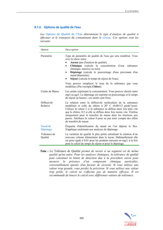8. La simulation
111
8.1.2. Options de qualité de l'eau
Les Options de Qualité de l’Eau déterminent le type d’analyse de qualité à
effectuer et le transport du contaminant dans le réseau. Ces options sont les
suivants:
Option Description
Paramètre Type de paramètre de qualité de l'eau qui sera modélisé. Vous
avez le choix entre:
• Aucun (pas d'analyse de qualité);
• Chimique (calcule la concentration d’une substance
chimique, réactive ou non);
• Dépistage (calcule le pourcentage d'eau provenant d'un
nœud déterminé).
• Séjour (calcule le temps de séjour de l'eau);
Vous pouvez remplacer le nom de la substance que vous
modélisez (Par exemple Chlore).
Unités de Masse Les unités exprimant la concentration. Vous pouvez choisir entre
mg/l ou µg/l. Le dépistage est exprimé en pourcentage et le temps
de séjour en heures ; ces unités sont fixes.
Diffusivité
Relative
La relation entre la diffusivité moléculaire de la substance
modélisée et celle du chlore à 20º C (0,00112 pieds2
/jour).
Utilisez la valeur 2 si la substance se diffuse deux fois plus vite
que le chlore, 0,5 si elle se diffuse deux fois moins vite. S'utilise
uniquement pour le transfert de masse dans les réactions aux
parois. Attribuez la valeur 0 pour ne pas tenir compte des effets
de transfert de masse.
Nœud de
Dépistage
Étiquette d'identification du nœud où l’on dépiste le flux.
S'applique seulement aux analyses de dépistage.
Tolérance de
Qualité
La variation de qualité la plus petite entraînant la création d’un
nouveau volume élémentaire dans le tuyau. Habituellement elle
est prise égale à 0,01 pour les produits mesurés en mg/l, à la fois
pour le calcul du temps de séjour et pour le dépistage.
NNoottaa :: La Tolérance de Qualité permet de savoir si un segment est de même
qualité qu'un autre. Pour les analyses chimiques, la tolérance de qualité
peut constituer la limite de détection due à la procédure suivie pour
mesurer la présence d’un composant chimique particulier,
convenablement ajustée d'un facteur de sécurité. Si vous utilisez une
valeur trop grande, vous perdez la précision. Si vous utilisez une valeur
trop petite, le calcul ne s'effectue pas de manière efficace. Il est
recommandé de lancer le calcul avec différentes valeurs de tolérance.
sommaire
index
annexe
sommaire
annexe
index
sommaire
annexe
index
annexes
 