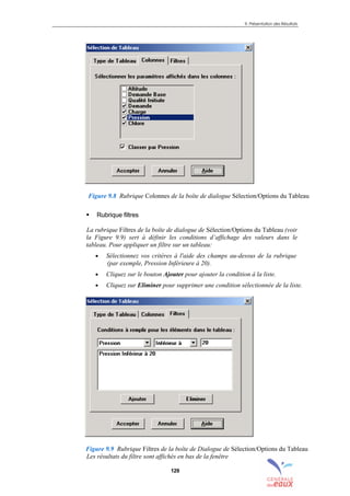 9. Présentation des Résultats
129
Figure 9.8 Rubrique Colonnes de la boîte de dialogue Sélection/Options du Tableau
! Rubrique filtres
La rubrique Filtres de la boîte de dialogue de Sélection/Options du Tableau (voir
la Figure 9.9) sert à définir les conditions d’affichage des valeurs dans le
tableau. Pour appliquer un filtre sur un tableau:
• Sélectionnez vos critères à l'aide des champs au-dessus de la rubrique
(par exemple, Pression Inférieure à 20).
• Cliquez sur le bouton Ajouter pour ajouter la condition à la liste.
• Cliquez sur Eliminer pour supprimer une condition sélectionnée de la liste.
Figure 9.9 Rubrique Filtres de la boîte de Dialogue de Sélection/Options du Tableau
Les résultats du filtre sont affichés en bas de la fenêtre
sommaire
index
annexe
sommaire
annexe
index
sommaire
annexe
index
annexes
 