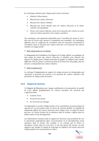 9. Présentation des Résultats
133
Les statistiques données pour chaque point sont les suivantes:
• Nombre d’observations
• Moyenne des valeurs observées
• Moyenne des valeurs simulées
• Moyenne des écarts absolus entre les valeurs observées et la valeur
calculée correspondante
• Erreur carré moyen (Racine carrée de la moyenne des erreurs au carré
entre les valeurs mesurées et les valeurs calculées)
Ces statistiques sont également disponibles pour l’ensemble du réseau (c’est-à-
dire tous les écarts entre mesures et simulations mis ensemble). Les statistiques
affichent aussi le coefficient de corrélation entre les moyennes (exactement la
corrélation entre la moyenne des valeurs observées et la moyenne des valeurs
simulées en chaque point).
! Index Diagramme de corrélation
Le Diagramme de Corrélation d’un Rapport de Calage affiche un graphique de
type nuage de points des valeurs observées et simulées pour chacune des
mesures en chaque point. Chaque point dans le graphe est indiqué d’une couleur
différente. Plus les points se trouvent proche de la bissectrice du graphe, plus les
mesures correspondent aux valeurs simulées.
! Index Comparaisons
La rubrique Comparaisons du rapport de calage présente un histogramme qui
représente la moyenne des mesures et la moyenne des valeurs calculées d’un
paramètre en chaque point de mesure.
9.4.4. Rapport de réactions
Un Rapport de Réactions pour chaque modélisation d’un paramètre de qualité
de l’eau, affiche graphiquement les vitesses moyennes des réactions qui
s’effectuent dans:
• la masse d’eau
• les parois des tuyaux
• les réservoirs de stockage
Un diagramme à secteurs indique quelle est la contribution (en pourcentage) de
chacune de ces trois phases dans la vitesse de réaction globale. La légende du
diagramme affiche les vitesses moyennes pour chaque zone, en unités de masse
par jour. La vitesse d’entrée de la substance dans le système s’affiche dans les
mêmes unités en bas du diagramme.
Les informations contenues dans le rapport de réactions vous permettent de voir
le mécanisme prépondérant dans l’accroissement ou la décomposition d’une
substance dans le réseau. Par exemple, si on constate que le chlore se
décompose surtout dans les réservoirs, et non aux parois des tuyaux, on peut
supposer que changer le régime de nettoyage ou remplacer des tuyaux aura peu
d’effet positif sur la concentration en chlore.
sommaire
index
annexe
sommaire
annexe
index
sommaire
annexe
index
annexes
 