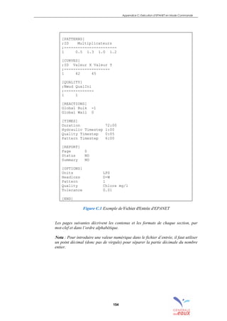 Appendice C: Exécution d’EPANET en Mode Commande
154
[PATTERNS]
;ID Multiplicateurs
;-----------------------
1 0.5 1.3 1.0 1.2
[CURVES]
;ID Valeur X Valeur Y
;--------------------
1 42 45
[QUALITY]
;Nœud QualIni
;-------------
1 1
[REACTIONS]
Global Bulk -1
Global Wall 0
[TIMES]
Duration 72:00
Hydraulic Timestep 1:00
Quality Timestep 0:05
Pattern Timestep 6:00
[REPORT]
Page 0
Status NO
Summary NO
[OPTIONS]
Units LPS
Headloss D-W
Pattern 1
Quality Chlore mg/l
Tolerance 0.01
[END]
Figure C.1 Exemple de Fichier d'Entrée d'EPANET
Les pages suivantes décrivent les contenus et les formats de chaque section, par
mot-clef et dans l’ordre alphabétique.
Nota : Pour introduire une valeur numérique dans le fichier d’entrée, il faut utiliser
un point décimal (donc pas de virgule) pour séparer la partie décimale du nombre
entier.
sommaire
index
annexe
sommaire
annexe
index
sommaire
annexe
index
annexes
 