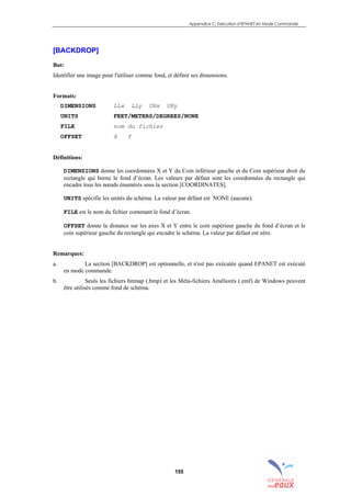 Appendice C: Exécution d’EPANET en Mode Commande
155
[BACKDROP]
But:
Identifier une image pour l'utiliser comme fond, et définir ses dimensions.
Formats:
DIMENSIONS LLx LLy URx URy
UNITS FEET/METERS/DEGREES/NONE
FILE nom du fichier
OFFSET X Y
Définitions:
DIMENSIONS donne les coordonnées X et Y du Coin inférieur gauche et du Coin supérieur droit du
rectangle qui borne le fond d’écran. Les valeurs par défaut sont les coordonnées du rectangle qui
encadre tous les nœuds énumérés sous la section [COORDINATES].
UNITS spécifie les unités du schéma. La valeur par défaut est NONE (aucune).
FILE est le nom du fichier contenant le fond d’écran.
OFFSET donne la distance sur les axes X et Y entre le coin supérieur gauche du fond d’écran et le
coin supérieur gauche du rectangle qui encadre le schéma. La valeur par défaut est zéro.
Remarques:
a. La section [BACKDROP] est optionnelle, et n'est pas exécutée quand EPANET est exécuté
en mode commande.
b. Seuls les fichiers bitmap (.bmp) et les Méta-fichiers Améliorés (.emf) de Windows peuvent
être utilisés comme fond de schéma.
sommaire
index
annexe
sommaire
annexe
index
sommaire
annexe
index
annexes
 