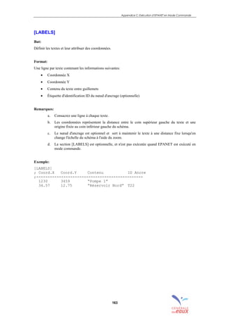 Appendice C: Exécution d’EPANET en Mode Commande
163
[LABELS]
But:
Définir les textes et leur attribuer des coordonnées.
Format:
Une ligne par texte contenant les informations suivantes:
• Coordonnée X
• Coordonnée Y
• Contenu du texte entre guillemets
• Étiquette d'identification ID du nœud d'ancrage (optionnelle)
Remarques:
a. Consacrez une ligne à chaque texte.
b. Les coordonnées représentent la distance entre le coin supérieur gauche du texte et une
origine fixée au coin inférieur gauche du schéma.
c. Le nœud d'ancrage est optionnel et sert à maintenir le texte à une distance fixe lorsqu'on
change l'échelle du schéma à l'aide du zoom.
d. La section [LABELS] est optionnelle, et n'est pas exécutée quand EPANET est exécuté en
mode commande.
Exemple:
[LABELS]
; Coord.X Coord.Y Contenu ID Ancre
;-----------------------------------------------
1230 3459 “Pompe 1”
34.57 12.75 “Réservoir Nord” T22
sommaire
index
annexe
sommaire
annexe
index
sommaire
annexe
index
annexes
 