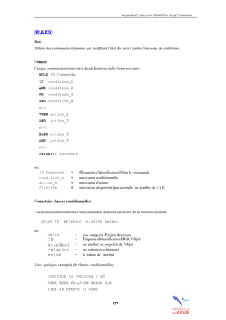 Appendice C: Exécution d’EPANET en Mode Commande
177
[RULES]
But:
Définir des commandes élaborées qui modifient l’état des arcs à partir d'une série de conditions.
Format:
Chaque commande est une série de déclarations de la forme suivante:
RULE ID Commande
IF condition_1
AND condition_2
OR condition_3
AND condition_4
etc.
THEN action_1
AND action_2
etc.
ELSE action_3
AND action_4
etc.
PRIORITY Priorité
où:
ID Commande = l'Étiquette d'identification ID de la commande
condition_n = une clause conditionnelle
action_n = une clause d'action
Priorité = une valeur de priorité (par exemple, un nombre de 1 à 5)
Format des clauses conditionnelles:
Les clauses conditionnelles d'une commande élaborée s'écrivent de la manière suivante:
objet ID attribut relation valeur
où:
objet = une catégorie d'objets du réseau
ID = Étiquette d'identification ID de l'objet
attribut = un attribut ou propriété de l'objet
relation = un opérateur relationnel
value = la valeur de l'attribut
Voici quelques exemples de clauses conditionnelles:
JUNCTION 23 PRESSURE > 20
TANK T200 FILLTIME BELOW 3.5
LINK 44 STATUS IS OPEN
sommaire
index
annexe
sommaire
annexe
index
sommaire
annexe
index
annexes
 
