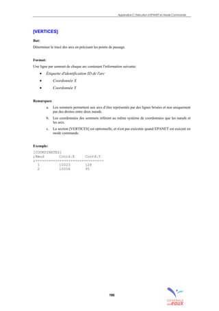 Appendice C: Exécution d’EPANET en Mode Commande
190
[VERTICES]
But:
Déterminer le tracé des arcs en précisant les points de passage.
Format:
Une ligne par sommet de chaque arc contenant l'information suivante:
• Étiquette d'identification ID de l'arc
• Coordonnée X
• Coordonnée Y
Remarques:
a. Les sommets permettent aux arcs d’être représentés par des lignes brisées et non uniquement
par des droites entre deux nœuds.
b. Les coordonnées des sommets réfèrent au même système de coordonnées que les nœuds et
les arcs.
c. La section [VERTICES] est optionnelle, et n'est pas exécutée quand EPANET est exécuté en
mode commande.
Exemple:
[COORDINATES]
;Nœud Coord.X Coord.Y
;-------------------------------
1 10023 128
2 10056 95
sommaire
index
annexe
sommaire
annexe
index
sommaire
annexe
index
annexes
 