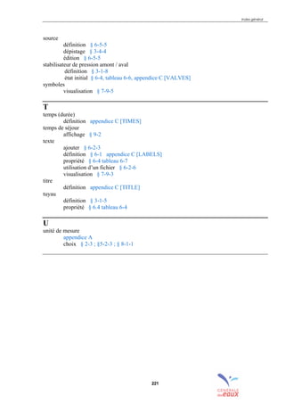 Index général
221
source
définition § 6-5-5
dépistage § 3-4-4
édition § 6-5-5
stabilisateur de pression amont / aval
définition § 3-1-8
état initial § 6-4, tableau 6-6, appendice C [VALVES]
symboles
visualisation § 7-9-5
T
temps (durée)
définition appendice C [TIMES]
temps de séjour
affichage § 9-2
texte
ajouter § 6-2-3
définition § 6-1 appendice C [LABELS]
propriété § 6-4 tableau 6-7
utilisation d’un fichier § 6-2-6
visualisation § 7-9-3
titre
définition appendice C [TITLE]
tuyau
définition § 3-1-5
propriété § 6.4 tableau 6-4
U
unité de mesure
appendice A
choix § 2-3 ; §5-2-3 ; § 8-1-1
sommaire
annexe
index
annexes
 