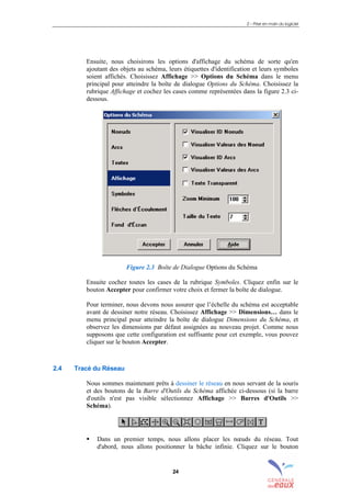 2 – Prise en main du logiciel
24
Ensuite, nous choisirons les options d'affichage du schéma de sorte qu'en
ajoutant des objets au schéma, leurs étiquettes d'identification et leurs symboles
soient affichés. Choisissez Affichage >> Options du Schéma dans le menu
principal pour atteindre la boîte de dialogue Options du Schéma. Choisissez la
rubrique Affichage et cochez les cases comme représentées dans la figure 2.3 ci-
dessous.
Figure 2.3 Boîte de Dialogue Options du Schéma
Ensuite cochez toutes les cases de la rubrique Symboles. Cliquez enfin sur le
bouton Accepter pour confirmer votre choix et fermer la boîte de dialogue.
Pour terminer, nous devons nous assurer que l’échelle du schéma est acceptable
avant de dessiner notre réseau. Choisissez Affichage >> Dimensions… dans le
menu principal pour atteindre la boîte de dialogue Dimensions du Schéma, et
observez les dimensions par défaut assignées au nouveau projet. Comme nous
supposons que cette configuration est suffisante pour cet exemple, vous pouvez
cliquer sur le bouton Accepter.
2.4 Tracé du Réseau
Nous sommes maintenant prêts à dessiner le réseau en nous servant de la souris
et des boutons de la Barre d'Outils du Schéma affichée ci-dessous (si la barre
d'outils n'est pas visible sélectionnez Affichage >> Barres d'Outils >>
Schéma).
! Dans un premier temps, nous allons placer les nœuds du réseau. Tout
d'abord, nous allons positionner la bâche infinie. Cliquez sur le bouton
sommaire
index
annexe
sommaire
annexe
index
sommaire
annexe
index
annexes
 