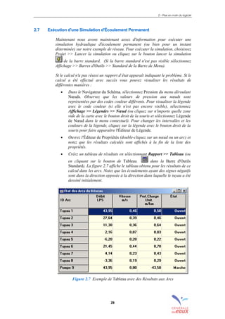 2 – Prise en main du logiciel
29
2.7 Exécution d'une Simulation d'Écoulement Permanent
Maintenant nous avons maintenant assez d'information pour exécuter une
simulation hydraulique d'écoulement permanent (ou bien pour un instant
déterminée) sur notre exemple de réseau. Pour exécuter la simulation, choisissez
Projet >> Lancer la simulation ou cliquez sur le bouton lancer la simulation
de la barre standard. (Si la barre standard n'est pas visible sélectionnez
Affichage >> Barres d'Outils >> Standard de la Barre de Menu).
Si le calcul n'a pas réussi un rapport d’état apparaît indiquant le problème. Si le
calcul a été effectué avec succès vous pouvez visualiser les résultats de
différentes manières :
• Dans le Navigateur du Schéma, sélectionnez Pression du menu déroulant
Nœuds. Observez que les valeurs de pression aux nœuds sont
représentées par des codes couleur différents. Pour visualiser la légende
avec le code couleur (si elle n'est pas encore visible), sélectionnez
Affichage >> Légendes >> Nœud (ou cliquez sur n'importe quelle zone
vide de la carte avec le bouton droit de la souris et sélectionnez Légende
de Nœud dans le menu contextuel). Pour changer les intervalles et les
couleurs de la légende, cliquez sur la légende avec le bouton droit de la
souris pour faire apparaître l'Éditeur de Légende.
• Ouvrez l'Éditeur de Propriétés (double-cliquez sur un nœud ou un arc) et
notez que les résultats calculés sont affichés à la fin de la liste des
propriétés.
• Créez un tableau de résultats en sélectionnant Rapport >> Tableau (ou
en cliquant sur le bouton de Tableau dans la Barre d'Outils
Standard). La figure 2.7 affiche le tableau obtenu pour les résultats de ce
calcul dans les arcs. Notez que les écoulements ayant des signes négatifs
sont dans la direction opposée à la direction dans laquelle le tuyau a été
dessiné initialement.
Figure 2.7 Exemple de Tableau avec des Résultats aux Arcs
sommaire
index
annexe
sommaire
annexe
index
sommaire
annexe
index
annexes
 