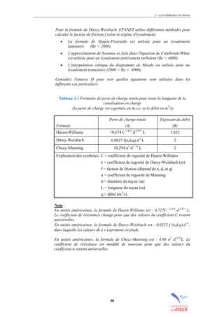 3 – La modélisation du réseau
39
Pour la formule de Darcy-Weisbach, EPANET utilise différentes méthodes pour
calculer le facteur de friction f selon le régime d'écoulement:
• La formule de Hagen-Poiseuille est utilisée pour un écoulement
laminaire (Re < 2000).
• L'approximation de Swamee et Jain dans l'équation de Colebrook-White
est utilisée pour un écoulement entièrement turbulent (Re > 4000).
• L'interpolation cubique du diagramme de Moody est utilisée pour un
écoulement transitoire (2000 < Re < 4000).
Consultez l'annexe D pour voir quelles équations sont utilisées dans les
différents cas particuliers.
Tableau 3.1 Formules de perte de charge totale pour toute la longueur de la
canalisation en charge
(la perte de charge est exprimée en m.c.e. et le débit en m
3
/s)
Formule
Perte de charge totale
(A)
Exposant du débit
(B)
Hazen-Williams 10,674 C-1.852
d-4.871
L 1.852
Darcy-Weisbach 0.0827 f(ε,d,q) d-5
L 2
Chezy-Manning 10,294 n2
d-5.33
L 2
Explication des symboles: C = coefficient de rugosité de Hazen-Williams
ε = coefficient de rugosité de Darcy-Weisbach (m)
f = facteur de friction (dépend de ε, d, et q)
n = coefficient de rugosité de Manning
d = diamètre du tuyau (m)
L = longueur du tuyau (m)
q = débit (m
3
/s)
Nota :
En unités américaines, la formule de Hazen Williams est : 4,727C –1,852
d-4,871
L.
Le coefficient de résistance change pour que des valeurs du coefficient C restent
universelles.
En unités américaines, la formule de Darcy-Weisbach est : 0,0252 f (ε,d,q) d−5
,
dans laquelle les valeurs de ε s’expriment en pieds.
En unités américaines, la formule de Chezy-Manning est : 4,66 n2
d-5,33
L. Le
coefficient de résistance est modifié de nouveau pour que des valeurs du
coefficient n restent universelles.
sommaire
index
annexe
sommaire
annexe
index
sommaire
annexe
index
annexes
 