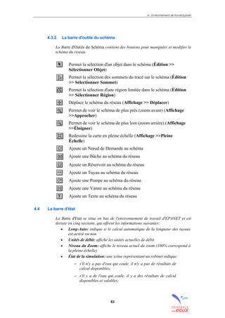4 – Environnement de travail Epanet
63
4.3.2. La barre d'outils du schéma
La Barre d'Outils du Schéma contient des boutons pour manipuler et modifier le
schéma du réseau.
Permet la sélection d'un objet dans le schéma (Édition >>
Sélectionner Objet)
Permet la sélection des sommets du tracé sur le schéma (Édition
>> Sélectionner Sommet)
Permet la sélection d'une région limitée dans le schéma (Édition
>> Sélectionner Région)
Déplace le schéma du réseau (Affichage >> Déplacer)
Permet de voir le schéma de plus près (zoom avant) (Affichage
>>Approcher)
Permet de voir le schéma de plus loin (zoom arrière) (Affichage
>>Éloigner)
Redessine la carte en pleine échelle (Affichage >>Pleine
Échelle)
Ajoute un Nœud de Demande au schéma
Ajoute une Bâche au schéma du réseau
Ajoute un Réservoir au schéma du réseau
Ajoute un Tuyau au schéma du réseau
Ajoute une Pompe au schéma du réseau
Ajoute une Vanne au schéma du réseau
Ajoute un Texte au schéma du réseau
4.4 La barre d'état
La Barre d'Etat se situe en bas de l'environnement de travail d'EPANET et est
divisée en cinq sections, qui offrent les informations suivantes:
• Long-Auto: indique si le calcul automatique de la longueur des tuyaux
est activé ou non
• Unités de débit: affiche les unités actuelles de débit
• Niveau du Zoom: affiche le niveau actuel du zoom (100% correspond à
la pleine échelle)
• État de la simulation: une icône représentant un robinet indique:
− s'il n'y a pas d'eau qui coule, il n'y a pas de résultats de
calcul disponibles;
− s'il y a de l'eau qui coule, il y a des résultats de calcul
disponibles et valables;
sommaire
index
annexe
sommaire
annexe
index
sommaire
annexe
index
annexes
 
