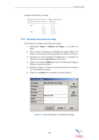 5 – Elaborer un projet
75
Exemple d'un Fichier de Calage :
;Mesures de Fluor comme marqueur
;Localisation Date Valeur
;--------------------------
N1 0 0.5
6.4 1.2
12.7 0.9
N2 0.5 0.72
5.6 0.77
5.3.2. Déclaration des données de calage
Pour déclarer les données d'un Fichier de Calage:
1. Sélectionnez Projet >> Données de Calage… de la Barre de
Menu.
2. Dans la boîte de dialogue des Données de Calage (Figure 5.3)
cliquez sur le champ à côté du paramètre des données à déclarer.
3. Introduisez le nom du Fichier de Calage pour ce paramètre ou
cliquez sur le bouton Parcourir pour le chercher.
4. Cliquez sur le bouton Édition pour ouvrir le Fichier de Calage en
Windows NotePad et l'éditer.
5. Répétez les étapes 2 à 4 pour les autres paramètres pour lesquels
il y a des données de calage.
6. Cliquez sur Accepter pour confirmer le nom des fichiers.
Figure 5.3 Boîte de dialogue des Données de Calage
sommaire
index
annexe
sommaire
annexe
index
sommaire
annexe
index
annexes
 