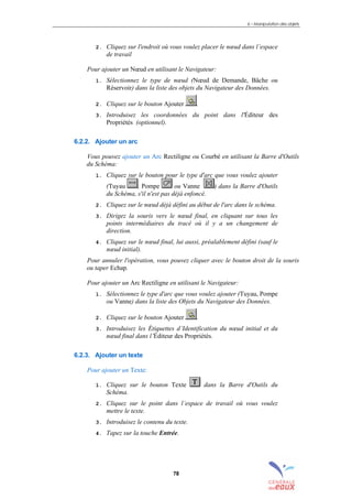 6 – Manipulation des objets
78
2. Cliquez sur l'endroit où vous voulez placer le nœud dans l’espace
de travail
Pour ajouter un Nœud en utilisant le Navigateur:
1. Sélectionnez le type de nœud (Nœud de Demande, Bâche ou
Réservoir) dans la liste des objets du Navigateur des Données.
2. Cliquez sur le bouton Ajouter .
3. Introduisez les coordonnées du point dans l'Éditeur des
Propriétés (optionnel).
6.2.2. Ajouter un arc
Vous pouvez ajouter un Arc Rectiligne ou Courbé en utilisant la Barre d'Outils
du Schéma:
1. Cliquez sur le bouton pour le type d'arc que vous voulez ajouter
(Tuyau , Pompe ou Vanne ) dans la Barre d'Outils
du Schéma, s'il n'est pas déjà enfoncé.
2. Cliquez sur le nœud déjà défini au début de l'arc dans le schéma.
3. Dirigez la souris vers le nœud final, en cliquant sur tous les
points intermédiaires du tracé où il y a un changement de
direction.
4. Cliquez sur le nœud final, lui aussi, préalablement défini (sauf le
nœud initial).
Pour annuler l'opération, vous pouvez cliquer avec le bouton droit de la souris
ou taper Echap.
Pour ajouter un Arc Rectiligne en utilisant le Navigateur:
1. Sélectionnez le type d'arc que vous voulez ajouter (Tuyau, Pompe
ou Vanne) dans la liste des Objets du Navigateur des Données.
2. Cliquez sur le bouton Ajouter .
3. Introduisez les Étiquettes d’Identification du nœud initial et du
nœud final dans l’Éditeur des Propriétés.
6.2.3. Ajouter un texte
Pour ajouter un Texte:
1. Cliquez sur le bouton Texte dans la Barre d'Outils du
Schéma.
2. Cliquez sur le point dans l’espace de travail où vous voulez
mettre le texte.
3. Introduisez le contenu du texte.
4. Tapez sur la touche Entrée.
sommaire
index
annexe
sommaire
annexe
index
sommaire
annexe
index
annexes
 