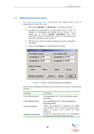 7. Manipulation du Schéma
98
7.2 Établir les dimensions du schéma
Les dimensions physiques du schéma doivent être définies pour le voir en
intégralité sur l’écran. Pour cela :
1. Sélectionnez Affichage >> Dimensions… de la Barre de Menu.
2. Introduisez les informations de dimensions dans la boîte de
dialogue des Dimensions du Schéma (voir la Figure 7.1) ou
cliquez sur le bouton Ajustage Automatique pour faire
qu'EPANET calcule les dimensions à partir des coordonnées des
objets qui sont déjà mis dans le réseau.
3. Sélectionnez les unités de distance adéquates pour les coordonnées
introduites.
4. Cliquez sur Accepter pour redimensionner le schéma.
Figure 7.1 Boîte de Dialogue Dimensions du Schéma
Dans la boîte de dialogue des dimensions du schéma vous trouvez les informations
suivantes:
Paramètre Description
Coin inférieur gauche Les coordonnées X et Y du coin inférieur gauche
du schéma.
Coin supérieur droit Les coordonnées X et Y du coin supérieur
droit du schéma.
Unités du schéma Unités dans lesquelles les distances du schéma
sont exprimées. On a le choix entre pieds, mètres,
degrés, et aucune (c’est à dire, des unités
arbitraires).
Ajustage automatique Calcule les dimensions à partir des coordonnées
des objets qui sont déjà mis dans le réseau.
sommaire
index
annexe
sommaire
annexe
index
sommaire
annexe
index
annexes
 