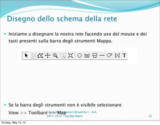 Disegno dello schema della rete
  Iniziamo a disegnare la nostra rete facendo uso del mouse e dei
     tasti presenti sulla barra degli strumenti Mappa.




  Se la barra degli strumenti non è visibile selezionare
     View >> ToolbarsCorso diMap
                      >> Costruzioni Idrauliche I - A.A.
                          2011-2012 – ing Blal Adem                  22

Sunday, May 13, 12
 