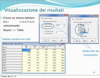 Visualizzazione dei risultati
C. Creare un elenco tabulare
  dei                risultati
  selezionando:
  Report >> Table


Tabella risultati nei tubi



                                                                     Scelta dati da
                                                                     visualizzare




                          Corso di Costruzioni Idrauliche I - A.A.
                          2011-2012 – ing Blal Adem                          39

Sunday, May 13, 12
 