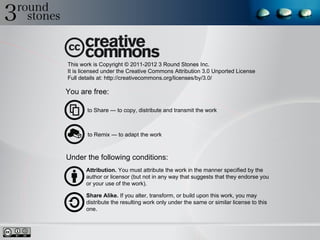 This work is Copyright © 2011-2012 3 Round Stones Inc.
It is licensed under the Creative Commons Attribution 3.0 Unported License
Full details at: http://creativecommons.org/licenses/by/3.0/

You are free:

       to Share — to copy, distribute and transmit the work



       to Remix — to adapt the work



Under the following conditions:
       Attribution. You must attribute the work in the manner specified by the
       author or licensor (but not in any way that suggests that they endorse you
       or your use of the work).

       Share Alike. If you alter, transform, or build upon this work, you may
       distribute the resulting work only under the same or similar license to this
       one.
 