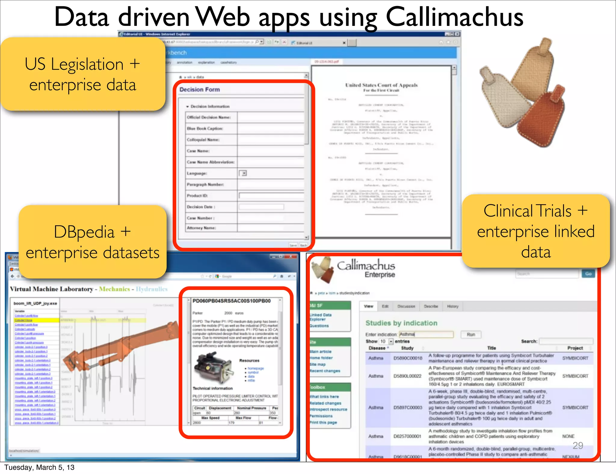 Data driven Web apps using Callimachus
     US Legislation +
     enterprise data




                                                 Clinical Trials +
          DBpedia +                             enterprise linked
      enterprise datasets                              data




                                                              29

Tuesday, March 5, 13
 