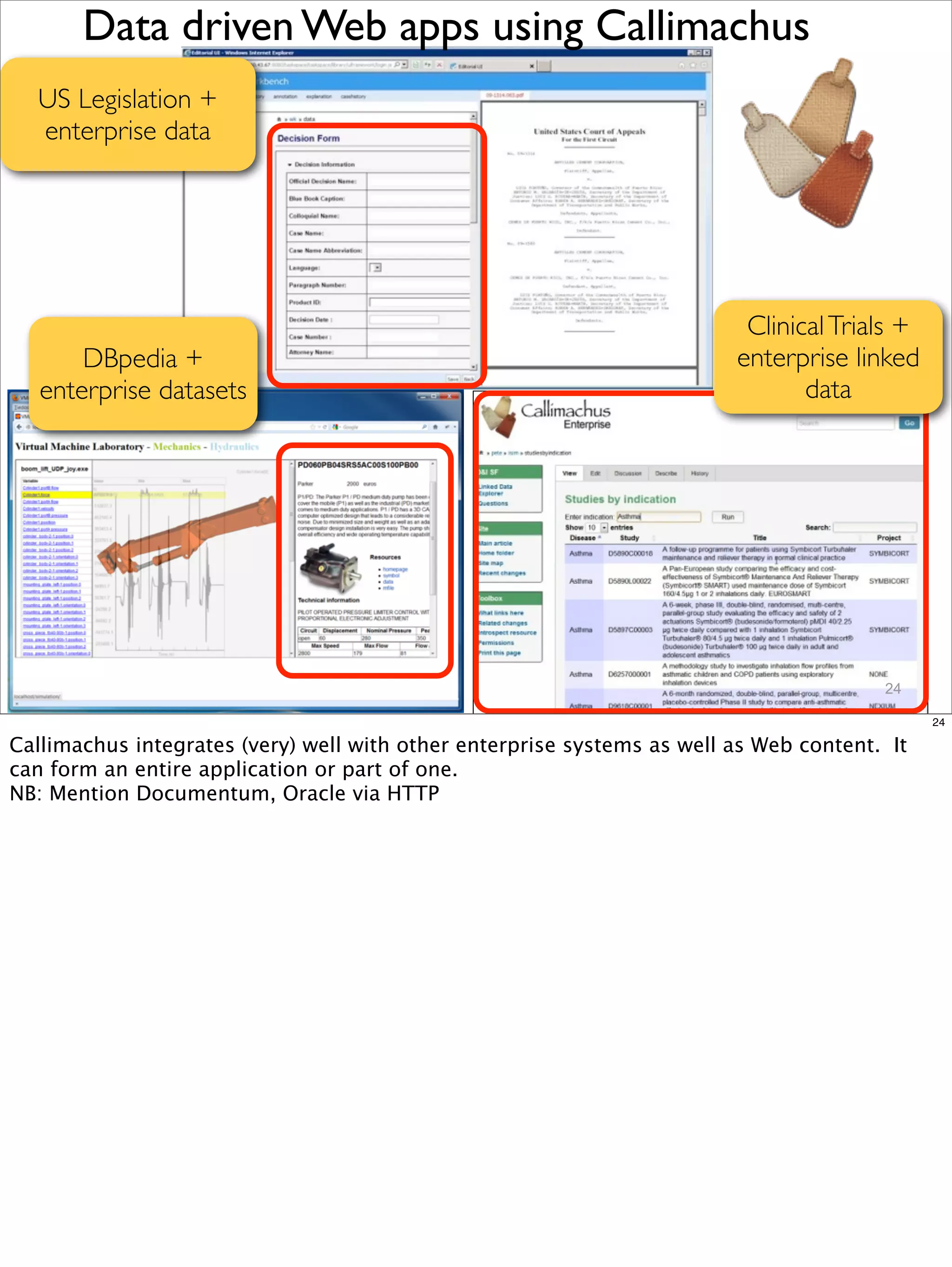 Data driven Web apps using Callimachus
  US Legislation +
  enterprise data




                                                                          Clinical Trials +
       DBpedia +                                                         enterprise linked
   enterprise datasets                                                          data




                                                                                        24

                                                                                              24

Callimachus integrates (very) well with other enterprise systems as well as Web content. It
can form an entire application or part of one.
NB: Mention Documentum, Oracle via HTTP
 
