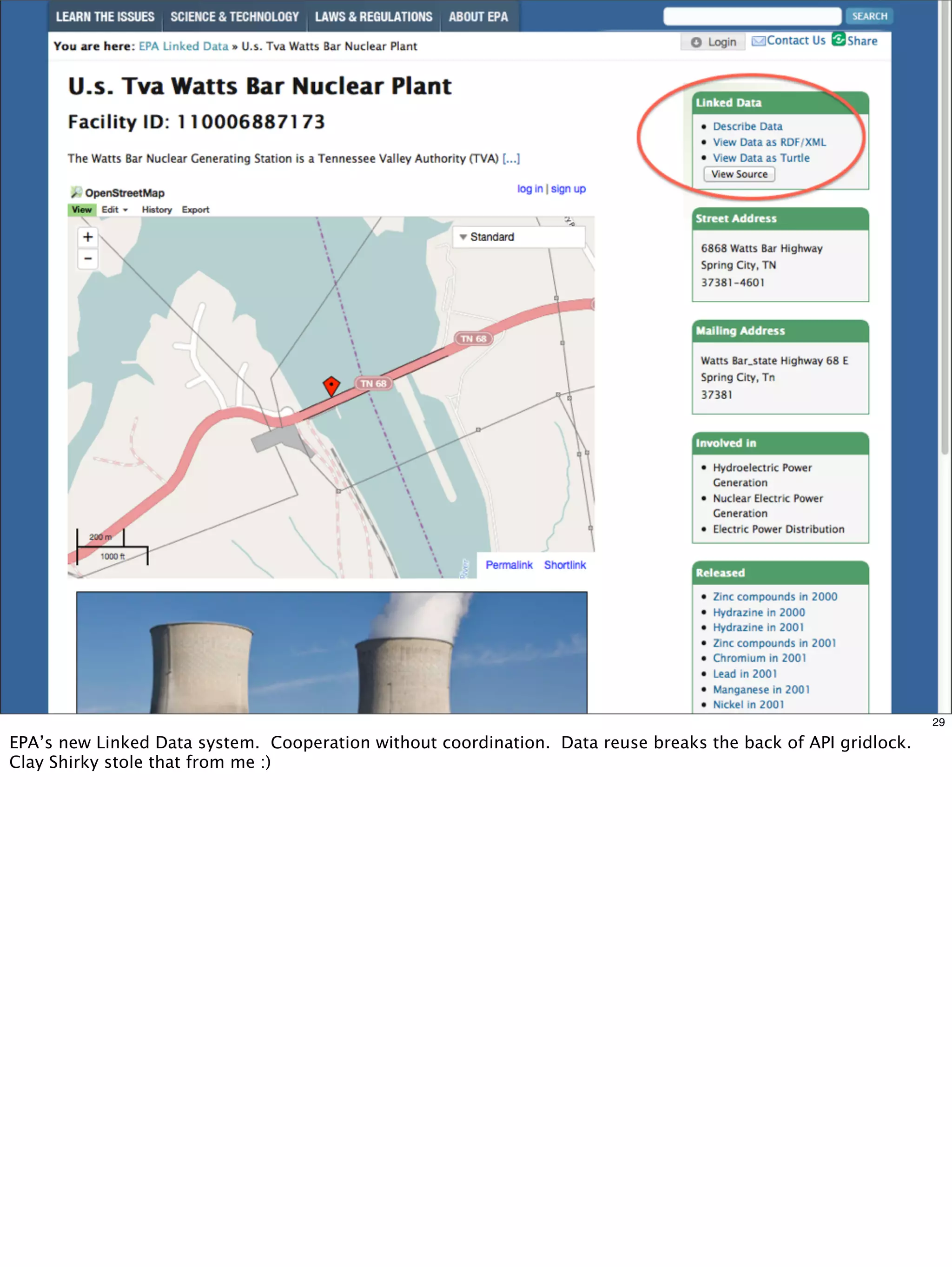 29

EPA’s new Linked Data system. Cooperation without coordination. Data reuse breaks the back of API gridlock.
Clay Shirky stole that from me :)
 