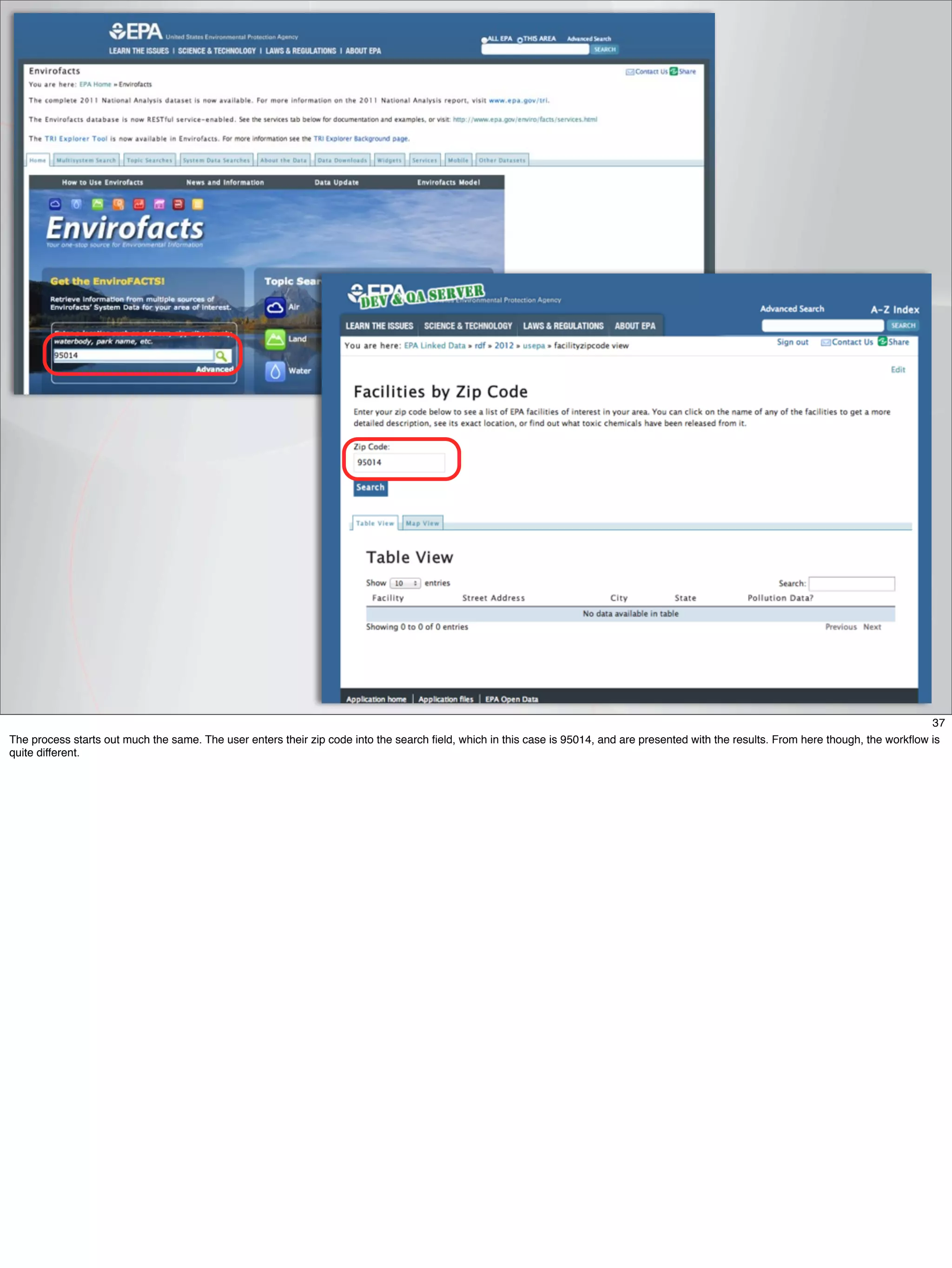 37
The process starts out much the same. The user enters their zip code into the search ﬁeld, which in this case is 95014, and are presented with the results. From here though, the workﬂow is
quite different.
 