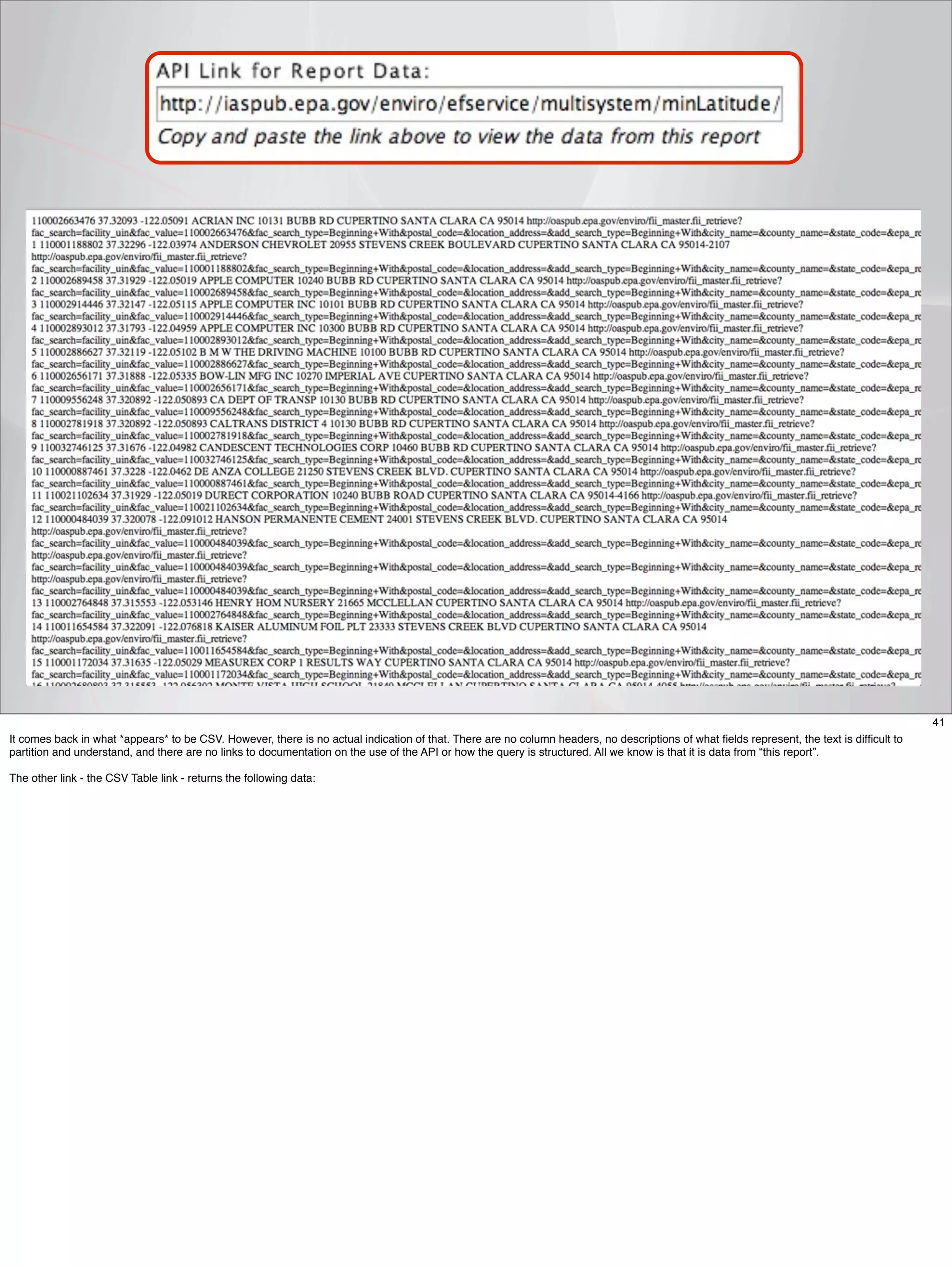 41
It comes back in what *appears* to be CSV. However, there is no actual indication of that. There are no column headers, no descriptions of what ﬁelds represent, the text is difﬁcult to
partition and understand, and there are no links to documentation on the use of the API or how the query is structured. All we know is that it is data from “this report”.

The other link - the CSV Table link - returns the following data:
 