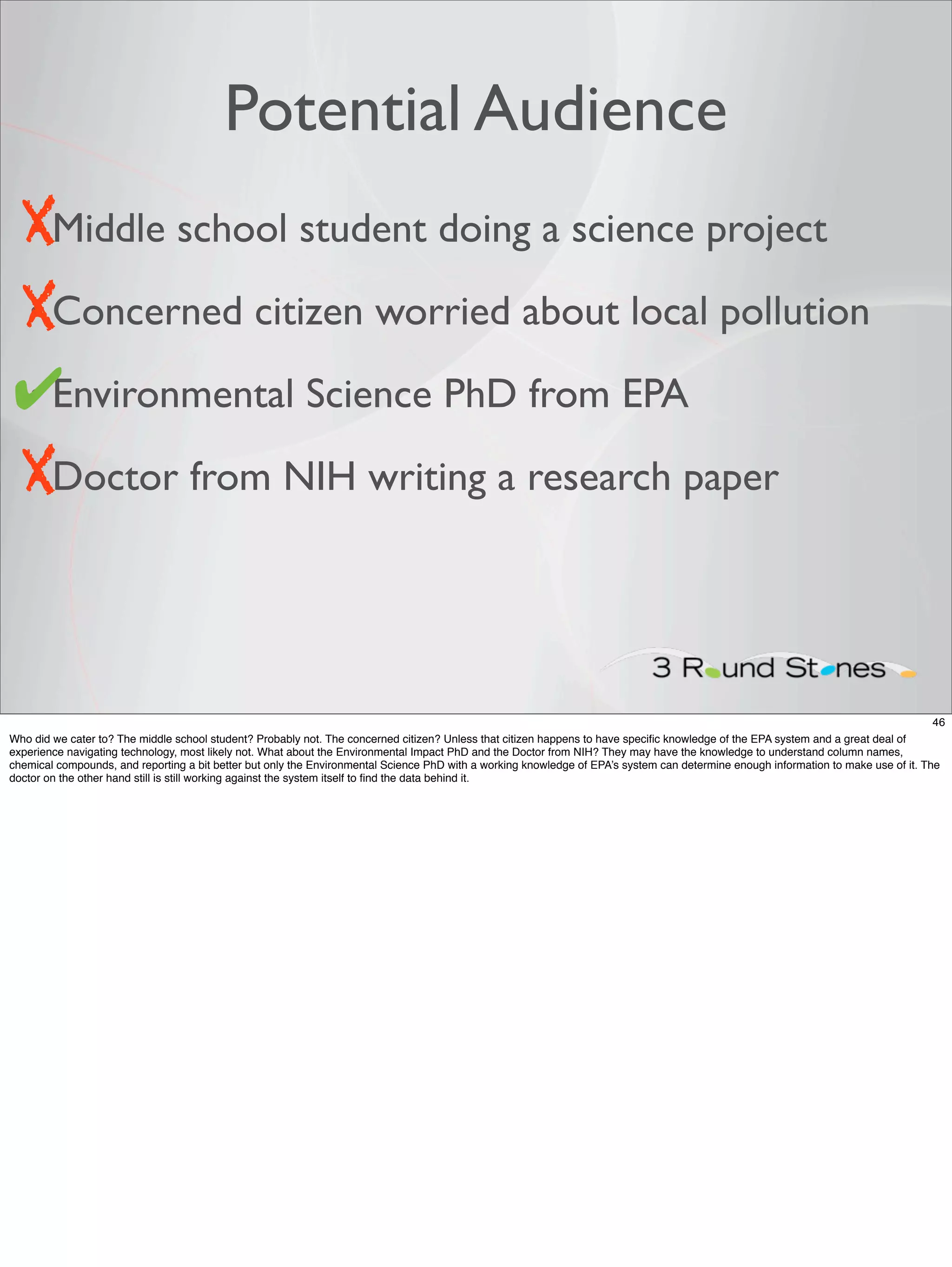 Potential Audience
XMiddle school student doing a science project
•

XConcerned citizen worried about local pollution
•

✔Environmental Science PhD from EPA
•

XDoctor from NIH writing a research paper
•




                                                                                                                                                                                    46
Who did we cater to? The middle school student? Probably not. The concerned citizen? Unless that citizen happens to have speciﬁc knowledge of the EPA system and a great deal of
experience navigating technology, most likely not. What about the Environmental Impact PhD and the Doctor from NIH? They may have the knowledge to understand column names,
chemical compounds, and reporting a bit better but only the Environmental Science PhD with a working knowledge of EPA’s system can determine enough information to make use of it. The
doctor on the other hand still is still working against the system itself to ﬁnd the data behind it.
 