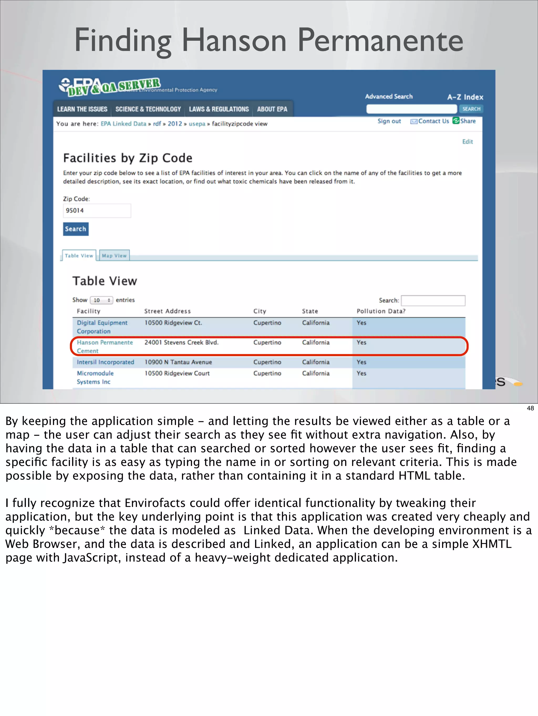 Finding Hanson Permanente




                                                                                                  48

By keeping the application simple - and letting the results be viewed either as a table or a
map - the user can adjust their search as they see ﬁt without extra navigation. Also, by
having the data in a table that can searched or sorted however the user sees ﬁt, ﬁnding a
speciﬁc facility is as easy as typing the name in or sorting on relevant criteria. This is made
possible by exposing the data, rather than containing it in a standard HTML table.

I fully recognize that Envirofacts could offer identical functionality by tweaking their
application, but the key underlying point is that this application was created very cheaply and
quickly *because* the data is modeled as Linked Data. When the developing environment is a
Web Browser, and the data is described and Linked, an application can be a simple XHMTL
page with JavaScript, instead of a heavy-weight dedicated application.
 