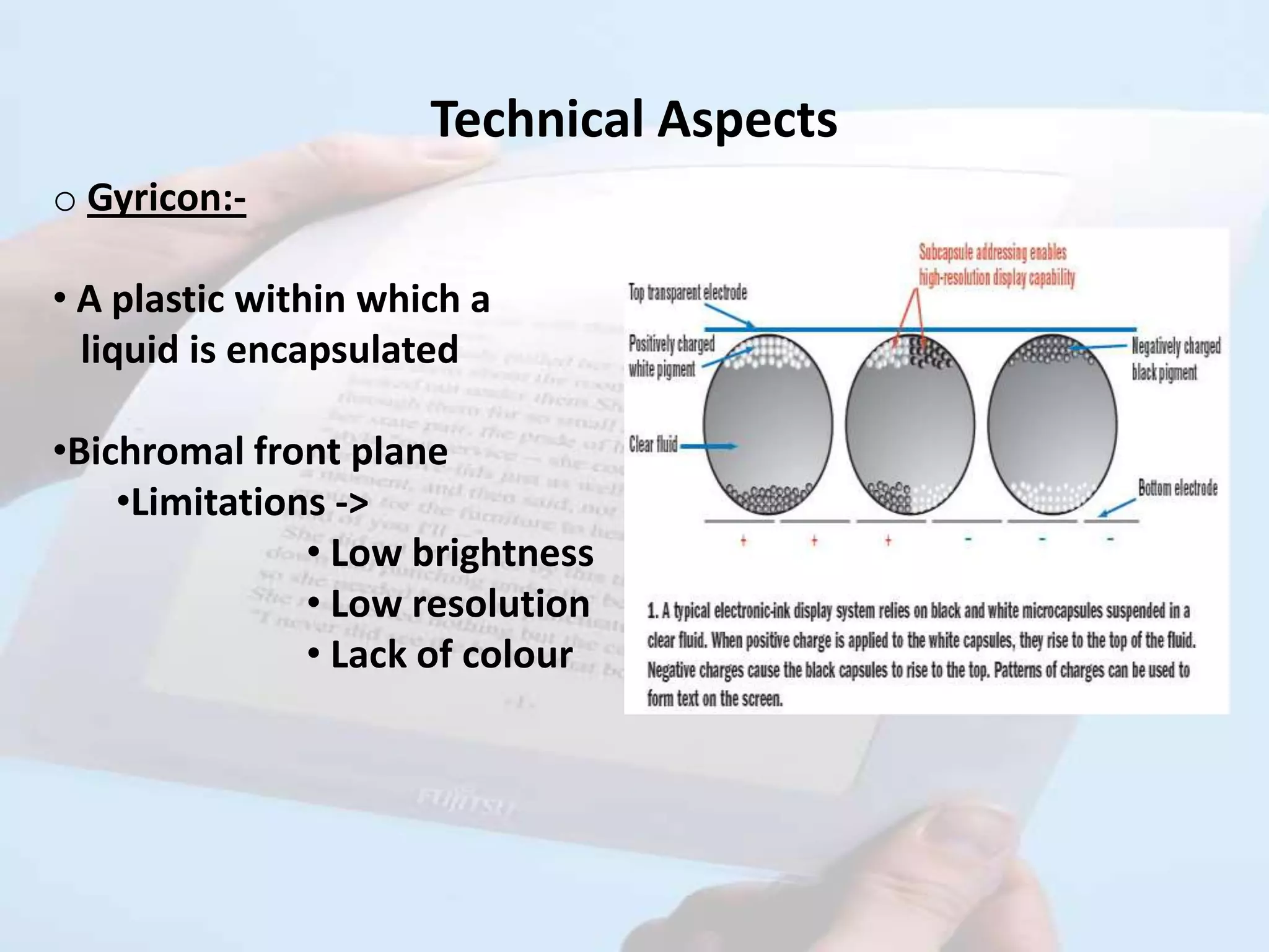 Technical Aspects
o Gyricon:-

• A plastic within which a
  liquid is encapsulated

•Bichromal front plane
    •Limitations ->
               • Low brightness
               • Low resolution
               • Lack of colour
 