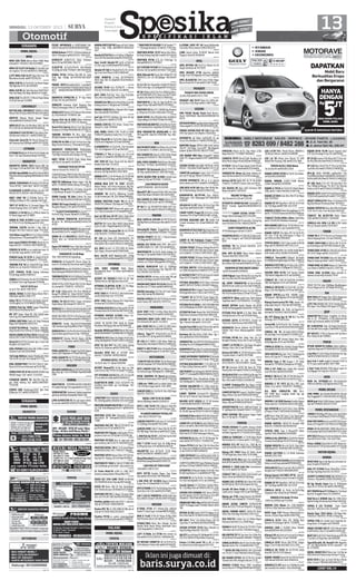 13

MINGGU, 13 OKTOBER 2013

PUSAT INFORMASI  PEMESANAN DAIHATSU Hub:78152699/087803029099

SURABAYA

004754

MOBIL DIJUAL

XENIA Deluxe VVTI’07+10 Perum Wisma Indah A-9 Rungkut 0816537521-78411229

BMW

004759

BMW 320i Th94 Warna Silver H40Jt Nego
Hub:031-79310012-081252299855

ESPASS’97 AcDbl/Tr/Vr Silver Petemon
Barat 219 70203446-7881757

BMW 232 th 97 Full Audio Vr Istw NG, Dae
wo Leganza ‘02 Istw 0859311 80060 NG

CLASSY’95 Ac/Tp/Vr/Pw/Ps Abu2Metalik
41,5JtNg (W-SDA) 77050617-085746239749

J.CPT BMW 318i th.97 Hijau Met Istw 72Jt
Bisa Bantu Kredit. 087702702232 .

ZEBRA PU’94 VR/Ban+Pjk+KIR Br Casis
Utuh Bgs 24jtNg 71474790-08133287
9962

004733

005245

005256

BMW 318i’91 Ac/Tp/Vr/Br Cat Mesin Bagus
30Jt Nginden IV/31 72009405

004763

004813

004827

BMW 318’90 (W-Sda) Brg Istw PW/PS/R17
Htm Pjk Hidup 35Jt Nego 082141716483

PROMO DHTS:XeniaDp22@3,1 LuxioDp25
@3,3jt TerriosDp30@3,9 GmDp15@3jt PuDp 10
@2,5 AylaDp19@2jt70998966/08123377
2771

BMW 318i Thn 89 VR-17 Merah Pajak Hidup
H.28,5Jt Hub.71334989

DAIHATSU ESPASS’96 AC TP Siap Pakai
Jl.Tidar 161 Sby 70642267

CHEVROLET

ZEBRA’95 Istimewa Pajak Panjang Siap
Pakai Jl.Semangka 9 No.511 70881661

005307

005330

005369

BUTUH JUAL CHEVROLET SPARK th’2004
Merah Plat-B 55juta NEGO.HP.081235159972
004286

AVEO’03 Manual Merah Sangat Bagus
Hub.88000323/0818372933
004451

AVEO 03 LT Htm Ori Mls Matic VR15 AC PW
PS CL BU72jt 81180030/087855305833
005008

CHEVROLET LUV PU’80 PS Ban Besar Pondok Benowo Indah DZ-1 085335681291
005163

Chevrolet Aveo’05 Mls Merah Manual Pajak Panjang Hrg 83JtNego 081331718199

005193

CITROEN

004874

004917

005040

XENIA Xi’07 Hitam VVTi Deluxe Plus Orisini
(L) 103jt Hub:031-70798201 Sda
005028

Espass Pick Up th 2005 Hitam Istimewa
43Jt NG.Hubungi: 03177011731 Benowo .
005080

Xenia’10 Li Sporty Hitam Trwt Tgn1Jemur
Andayani 22/3470093686/081357302175

005102

TARUNA TH’2004 EFi Biru Tgn1 Istw
(80Jt)Jl.Kalijudan Taruna 6/270878488 BU

004854

ESPAS’96 W-SDA AcTpVr OrsCat Istw HrgNego Perum Pesona I J-7 Krian31422403

005007

CITROEN’93 (L) Ac/Ps/Pw/Vr/CL/Audio Sgt
Istw=17Jt Saja.SukodonoSda71833349

DAIHATSU ESPASS’2005 Model:Jualan
Keliling,Ex.Honda(L)Tgn1,Tape/AC/TV/DVD
72jt,Nego Hub:Jl.Kusuma Bangsa 94 Sby

DAIHATSU

HIJET TH’86 VR/TAPE Pajak Hidup Noka
ada Plat W-Sda 031-81308155

005077

DAIHATSU XENIA ‘2013 Hanya 80Jt Dp:
21Jt Angs:17x59 70607343 -BB: 22C8 FB36

001477

004994

005020

CHARADE TH 85 AC/TP/VR
Interior Orisinil 031-81821732

005024

CHARADE Bakpo PMK’90 Abu2Met InteriorOri
AcDgn 29,5jt81700819/081235542270

XENIA TERMURAH DP23jt@2,8 PU DP11jt
Terios DP42jt *inden Ayla* 03171433990

HIJET’85 BdKaleng Dalam bagus 14jt Ng
031-71369865 Wisma Gilang Permai BC-9

D.CHARADE G.10/83 W(Sda) a/n.sdri LKP
MULUS 03171350194 / 081357838014

ESPASS Picup’97’01.+05.Zebra Picup’95
L 23jt.Manyar Krtaadi 7/22.92347907

HIJET 1000 ‘85=12.250jtNg Eterna ‘91=
39jtNg SrtHidup Vr Mls S,pkai71465 642

XENIA Family ‘05 Htm Fullvar Ori Istw
Oper Krdt Dp35Jt @2650x23Bln71424912

TAFT GT th’92 Ban 31 Terawat Bagus 75jt
Dukuh Kupang Timur 12/3 561 7951

ZEBRA ‘90 Troper Famili Vant 18,5jt NEGO.
Rungkut Mejoyo 2/39. 03170793034

ESPASS 1.3 Th’96 Biru (L) PMK Ac Dobel Tp
Vr Mesin bagus 7137 8883

****CLASSY’91HITAMMETAc/Tp/Vr****
Ps/Pw/Cl Brg Trawat 34jt031.91965336

XENIA Xi TGN1 th’2004 Sangat Istimewa
Ac TP Rt Cl Ps (L) 95jtNego3143 1452

DJL MURAH FEROZA’98 INDEPENDENT
Ac/tp/vr Bs KRD.Ry.kundi38A(TmrPsr)716
97325

003683

004233

004177

004182

004183

004192

TARUNA CSX’99 BiruMet L-Sby 80jt Jl.
Nangka I Rt15 No.3 Geluran Spj 77415454
004208

Taft Hiline Long’90 AcPsTp S.Pakai 50jtNg
Abdurachman 179 juanda8327 5553

004212

Jual cepat.ESPASS PU’2001 Hitam 32,5 jt
nego hub:031-77228229 /085706838730

004215

FEROZA SE th’95 ac ors audio ban baru 31
W-Sda 68jt nego 0815 1939 3540
004224

FEROZA body SE th’95 Ac dingin/VCD/Vr
ban Besar(L)hidup 52jtNg031-71201476

004301

TARUNA FGX ‘02 Ac Dobel/VR/Tape Silver
Metlik Ors Cat. Hub:03171061611 B.U.
004290

J.CPT FEROZA Th’95 Kaleng Istimewa
H.53Jt Nego 082143801617
004303

ZEBRA 1.3 ‘90 Family Van AC/TP/STNK Baru
(L) Nokah Utuh Sngt Bagus72576068
Taft GT th’93 4x4
ac tp vr 72jt 031-7865 9379

004315

005218

005219

005230

005255

005264

005268

005270

ESPASS PU’04 SGT BAGUS 43jtng bs Kredit.
Ry.kundi38A(TmrPsr wdg)087852471155
005272

XENIA Xi 1.3 DELUXE’11 VR/EM MerahMaron Tgn1 a/n Sdri78222318/0813322
01079
005275

Espas PU’2000(P)Sasis+Bak Baik Hny32jt
G.Max Pu’11 Istw Hny.76081231165616

004359

004343

Zebra ’92 AC/TP/VR Tgn1 Ors Body AstraUtuh Rungkut Lor VI/34 085730910225
004389

ESPASS Pick Up ’2000 Sangat MulusHub:
081515610234 Jl.Randu No.9

Honda ESTILO’94 biru ist fullvar 97Ng Buntaran 8A ManukanWetan081333362165

004218

Oper kredit Wonder’87 putih acTpVr,int
ori 25jt angs 10x800rb087853345553

004220

Wonder’87 (W) Ac/Audio/Pw/CL/Vr L/D Ori
Sgt Trwt Istw P.baru H.081234091447
004274

CIVIC GENIO’93 (L-Asli) AC/TP/PW/PS/
VR16 Ban 4Br 62,5jt0817331079/08121
6881488
004366

ACCORD Th’84 Istw PS/PW/TP + Futura
Pick Up Th’04 Biru Hub:031-81238958

005390

ZEBRA TH 93(VR/TAPE) Troper Artomoro
Pajak Hidup 18Jt Hub03171853274
005375

NEW HIGRADE’98 (N)MALANG Ac Dbl/
VR/Tape/PW Hub:031.70505988 Hrg 83jtnego

004603

004591

005144

CRV ’2003 AT Silver Stone Full Var AdaTV
Kondisi Istw Hub: 72114221

HONDA ACCORD ’85 An.Sdri AC/CD FullAudio Istw 25Jt Ng Hub:0813 3053 3839
005145

HONDA CITY 1.5 Xi 98 Merah AC CD EM PW
PS VR16 Istw 67Jt Nego 081230446664
004856

HONDA NEW CITY Th ‘2007. IDSi(MT)
Warna Hitam. Snd Sistm+Asuransi. Brg Mulus.Tangan Pertama 031-60605406 (Aﬁf)
004789

WONDER ‘84 AcVrTp BdKaleng SuratBr
26,5Jt Pondok Jati 2 BL 22A SDA70689261

004992

HONDA PRESTIGE Putih ‘89 Ori AC.TP.
PW.EM.VR.Cl.Remot 33jt Nego 71560330

004870

STREAM’2005 M/T Hitam msh gress tgn1(L) 159jt Jl.Sunandar B-18 Sda8949144

005214

Jual cpt BU Jazz 05 AT Hitam Pajak Bln4
111Jt mshORI ex dokter082142356213

005235

JAZZ’04 Mnl Ocean Blue Mobil Cakep Bener
(L)Ori Srt Bln-7 NegoBU08123138 340

005321

HONDA CIVIC Excelent’80 (N) AC/TP/VR
(10jt) Hub:031-71195415 Sidoarjo

005353

DP 12Jt Jrg Pakai KM 50rb/Krd5Th Prs
MdhCpt/Bng7% Hnd FREED Psd’10 BsTT RyMastrpKdrs Dk14 0317664215/34083181
005380

005393

005371

001133

ACCENT EX TAXI(B)Th’2004 Irit AC Dgn
PjkMati Merah 28jt,Nginden Kota II/92

004245

HYUNDAI ELANTRA th’96 1.6 37jt Nego
Kertajaya 7-B/38 031-7056 5369

004190

ATOZ ‘2003 AC TP VR PS CL (W) Gold Istimewa 66.500Jt Hub: 031-7772 2704

004213

ATOZ ‘2001 Hitam Manual GLS Pajak Baru
Terawat 72125269 63,5Jt Nego
004320

VERNA’01 GLS Hitam Ac Dingin,Pw,Ps,Em (
L)Hrg:58JtNg0817560675/082131842427

FORD

ATOZ ‘01 GLS M/T Biru MLS Body kaleng
Interior Ori Istimewa 0819 9900 0302

004569

JUAL MURAH Mobil Zebra’88 1000cc mesin
standart hub: 081330519988
004575

Taft Indp 96Htm(L)Audio PjkBanBr (93jt)
Taft Dsl’81 AcTpVr 4x4 35jt70777728
004602

JUAL GRAND MAX STW 2012 Silver Jl. Sambiroto E/29 Prum Perhutani 70126 589

004671

ZEBRA PICK UP th’94 DASBOR SEDAN Siap
PAKEK Harga=23JT 031-7124 0041

005402

FORD LASER’95 Ac Dingin/Tp/Vr/Br Bagus
Sekali 22Jt H:Nginden IV/3570825087

004781

FORD CHAMP’92 AC/TP/VR Brg Betul2 Bagus 31,5jt.Kalijudan Gg.1 HKSN71041439
005274

HOLDEN

004748

ESPASS BOX Antikaraya’2003 TgnI Hub:
Jl.Blauran 3/11 082142596559

004732

004346

004659

005147

005120

004831

005213

hyundai ATOZ GLS a/t th’2000 silver
hub:031-71509006 -087852549206.

005121

VISTO SILVER PMK th’2001 Orsinil Luar
Dalam (L) 62jt 77672965 -71156534

005137

J KIA PREGIO’03 SILVER
085730900380 - 081331232000

005048

DijualCPT BU Picanto’07(W) SDA Istw,Siap
Pakai 85Jt NG72366829-081330764924
004959

KIA CARENS th 2003 Akhir Hitam CD.TV
Mobil Bagus 83Jt Gresik. 03172994848.

005362

005425

ISUZU
J.PANTHER NEW HIGRADE’2000 Perak Met,
VR, 100jt Ng 08113402632 /031 91473 666
004231

PANTHER GRAND DELUX’96 AcTpVrPw ors
Cat 63jt DukuhKupangTmr12/3 08523102
6238
PANTHER LS’02 Slvr Manual(L) OrsLuar
Dlm,bsKrdt DP 30%081235222270/838
77885

004310

PANHTER PPL’95pmk acdbl/audio/TV/vr/
ps/pw/cl utuh ors L/D 62jt71223249 Sda

004563

004167

003626

PANTHER PU’2001 biru ac tape pwr strg
pwr windo {L} 72132179 -085235631519

DAIHATSU PAKET PASTI . . . . . . . . . . . ..1X25
..... ...

MOBIL DJL SUZUKI . . .. . . . . . . . . . . 1X25 . . .
.....

PANTHER ROYAL ‘98 AC Tp Vr kond.Bagus
087856551891 /031-7748 4377 Sidoarjo

004566

004585

PANTHER LM’05 Manual Silver M/T Jok Hadap Dpn/Vr+Kijang LGX Dsl’0470050607

004466

PANTHER PU ‘2002 W-SDA AC TP BIRU ORS
CAT ISTIMEWA 72078397 -081216657114

004605

LS Turbo Matic’01 acDbl (L) 106jt BsTT
karimun,soluna,baleno ManyarReo IV/3

004609

TOYOTA
BOMBASTIS . . . .. . . MMMMMM. . . . . . . . . ..
1X25

ISUZU ELF STW LONG Th’07 Ac/Rt.Hub
03170849956 Asem Payung 46B Sukolilo .
005150

ISUZU PU Bison 4Rd 92 Box AntikaRaya
Istw Skl;Barata Jaya 3A/6803181255089

004865

PANTHER PPL’93 (L) Bagus Terawat 4Ban
Baru AcTrVrClPs 54Jt Hub:081938509594

004843

003614

CARRETA TH’97 Biru(L)TpRc BanBaru Cat
Body Mesin Bagus Mulus(43Jt)70066206

LGX 1.8 ‘03 Hitam Istw Murah TV DVD
Bekled Pjk Panjang 128Jt 08123217084

DP 19,5Jt Innova G’06 Hitam BsTT Pros Cpt.
Ry Mtrp KdrsDk147664215/34083181

SUZUKI ESTEM 1,6 HIJAU METALIK TH’96
MULUS =55jt NEGO SERIUS0812 3273 139

R.STOCK S.Kirim Ertiga,Splash,Swift,PU,Wa
gon R.Trma Tkr Tambah081252544466

TOYOTA ALTIS J ‘2003 Hitam
An.Sendiri BU 085649110024

DP 11Jt New Vios’07 Bs TT Pros Cpt.Ry Mastrp Kedrs Dk140317664215/34083181

CARRY’89 podojoyo troper 24 jt+T120-ss
pick up’97 brg bgs 38jt71106976 sda

SIDEKICK’96 Hitam (L) Body Kaleng Istmwa Pjk Baru.Hub:03171237653 Deltasari

KIJANG SUPER TH’90 Ac/Tp/Vr Sot Istimewa Hub:081230409855

SUZUKI KATANA’91 34jt ac tr vr perum
bumi cabean asri E4/1 sda031-81846079

Katana GX’95 HIJAU MET AC TP VR AUDIO
TV031-71440875 Taman suko asri DD-61

KIJANG INNOVA G’2007+’2008 Bensin
J.Salah Satu082131650999

SIDE KICK th’95 (W) Hijau Met VR/AC/Audio Tv Bodi Kaleng. Hub:(031)70622140

Szk Sidekik 96 hijau mtlk Istimewa 69jt
Nego hub.031-34216162

KIJANG G TH’94 Ac/Tp/Vr/Ps Masik Bagus
(59Jt) 031-34467344/081223307766

BALENO ‘97 Hijau Met
Brg Terawat Ors 67Jt 71335336

KIJANG LX’2004 Solar Biru Met 97,5jt Nego
Hub: 70707020

003832

004222

004227

004276

KARIMUN’99 AC/TP/VR Istw 69jt.Kr.
Menjangan 108 Blakang71877006/0878
5296450

004875

004886

004979

005033

004868

004839

Suzuki Katana GX’95 merah(L) 51jtng brg
istw H:03183725758 / 085851239234

Interplay90 Mulus TinggalPakai P.Alam
Permai B4/9 GdgnSDA77935560-77472 500

KARIMUN ESTILO’2007 (L) Pajak Baru Hitam istimewa  031.75164871/081252345
779

004272

004442

MAZDA SPORTY 323 ‘83 + 2 Becak Gowes
27 Jt Nego085733301023

004627

MAZDA 323 TH’89 ABU2 MTK ORI L/D P.
GADING FAJAR C1/1 SDA 32JT 34828141
005104

VANTREND’95 Ac/Tp/Vr Body Kaleng Cat
Msn Bgs 27,5Jt 082140827333/70975412
004889

TRENDY’89 GOLD Pjk hidup AcTpVrPwEm
onterior ori S.Pakai 30jtng08123593244
MAZDA FAMILIA’99 Gold (L) 56JtNego
Jl.Adas No.2 Krembangan Sby Telp:081.230.
012.199/081.554.356.365
004913

004292

004337

004324

004313

004326

CARRY th ‘86 Podojoyo Troper+TIMOR
97 SOHC.Hub: 03177325254/03172786931 .
004338

SUZUKI PUSAT DP/Angs Paling Murah PU,
R3,SPlash,SWIFT,APV Bns Byk R.Stock Wagon.R 1jt031-71134115 /081703911 488
004374

SUZUKI PUSAT DP/Angs Paling Murah PU,
R3,SPlash,SWIFT,APV Bns Byk R.Stock Wagon.R 1jt031-71134115 /081703911 488
004368

FUTURA DRV’03 1500cc(RealVan)Fav Ful
var PjkBr KlampisAsem 892327979 CPT BU

004347

JL SUZUKI ST20 PU’83 Putih Istw,Ori.Satelit
Utara IV-FT/220812 3188 8586

004974

004958

004933

CARRY PODOJOYO’94 AC DBL
TP/VR,Kwangsan Sdt 71713670

004986

KARIMUN GX’01 L AC,PW,VR,CD,Alarm Bagus Trwt Rungkut 77190187/08564842
0397
005184

KATANA ‘94 Ful Orsinil Hub:0821 3273
2068 /031-34614575
005220

JUAL APV GL’2005 Hitam Driver Wanita
Terawat Hub:0813 3062 0794
005223

SUZUKI CARRY’86 Mesin Enak Ban+Accu
Baru Noka 16Jt Hub:92546649/3727150

005234

KARIMUN GX’2005 BAGUS SEKALI
Cpt BU Hub:08123569269

005242

CARY Pdjoyo Troper’89.Rp27Jt.Cary Pup’96.
dan Cary Box Alm’95.Hub.92347907

FUTURA REALVAN GX’05 Silver Istimewa
0857.0670.0779/081.2164.5873 Sidoarjo
004384

DJL CEPAT SIDEKICK’96 Ac/tp/vr/Audio.
BsKRD.Perum sedati asri GG/1571696056

KATANA GX’96 Ac Dingin/Tape/CD Istw 55JT
NG.BrigjenKatamso V No12172783375
004385

REALVAN GRV’97 Ac/tp/vr An-Sdr Mbl bgs
Mls 47jt.Pondok Mutiara CD777251617

**CARRY ’92 AC/TP/VR Troper Bagus MulusTerawat Rungkut Lor VI/18 7040 9943
004395

CARETA’97 Hijau pajak baru Bodi Kaleng
SiapPakai 031-31374649/031-71149385

MERCEDEZ

FUTURA PU th’2008 (L-SBY) TGN I BIRU ORS
CAT ISTIMEWA72078397-081216657114

A150 ‘2007 STNK 7-14 Biru Matic Km.42rb
Wisata BukitMas C8/16 081216461955

004398

READY ERTIGA Kredit Mudah All JATIM
PickUP DP.Enteng082139222058 -72783 779

ESTEEM’96 Pmk Merah Met VR/PS/PW/AC
Pajak Baru Istimewa 49,9jt Hub:70862536

FUTURA Pick Up’04 (1.5) Bak 3Way 48Jt
Hub:Bj.Katamso I/161 71476269 Waru

MERCEDES BENZ C230 ‘1997 Hitam FullOri AnSendiri BU 031-31234521

004390

SUZUKI ST 100 PICK UP BOX’2008 Biru
Tgn-1 Bensin Hub:031-31311158

KATANA GX’95 AC/TP/VR/CL Orsinil Cat
Total Istw Tidak Kecewa Hub:83067298

JUAL CEPAT BU Mercy S280 Th 2000 Silver
Istmwa Full Org Km Sedikit70994108

Suzuki Forsa’88 Kondisi Prima Hub (031
)70061515/08258866778 Gkb Gresik

J.Mercy Tiger’77 ISTW,SLVR,CL,AC,PS,TP,
an Sendiri H.27,5Jt Ng 03181540854

Karimun 01 Biru/Visto 2000 Silver Tgn 1
Istw 08165417478/70916646

004887

MAZDA HATC BACK 323 th’84 (Plat N) VR,
Ban Baru bs T/T Motor.085648995343
005252

MAZDA Interplay 323 Thn 92 Putih Pajak
Baru 38Jt Hub.70200698 BU
005293

MAZDA CAPELA 626 HB Th’90 brg terawat,
mesin halus,29jt. Hub:(031) 70707114.

005231

004202

004485

004792

004795

DP 15Jt BsTT MERCY C180 Silver PjkBr RyMastrp Kdrs Dk140317664215/34083181

005352

MERCY E-300 Th’88 Silver AnSendiri Rung
kut MenanggalHarapan B-25 7003 2339
005356

004284

004383

004586

004610

LANCER’2002 Ac/Tp/Vcd/Vr Biru 85Jt Nego
Hub:031-72353710

004553

DIJUAL L300 Th’02 AC DOBEL
Merah 80JtNego H081553009131

004673

MITS L-300 Th’83 PMK Adiputro Bodi Mls
MsnHalus S,Pakai71612475 Gdngan SDA

005036

M LANCER DANGAN TH’92(L) IST
Hub: 08121793303 P Tain

004803

LANCER EVO3’95 Putih Istw Vr Full Audio/
Tv 52JtNego Hub:085730123461
004767

LANCER DOHC 1.6 GT Abu2 Met’92 AC/TP/
PW 38Jt Nego Tebel Barat 087852211990

005016

L-300 Pick Up Th’97 L-300 Pick Up th’2002
Hub:8536737 / 081234372255

004989

COLT T SS’92 Orsinil Tgn1 AC 30Ng RungkutMngl KySatari 4/47085645283228

004981

GALANT’83 Istw AC/Tp/Vr 22,5Jt Nego
081331698339 / 088805216057
004878

Dijual Mitsubishi Diamond’03 Bensin1600CC
Kond.Mulus JrangPakai08123264 231

004983

L300 PICK-UP TH96 H:60JT
Hub:082 1400 22 923

004522

004510

004516

SIDEKICK’96 L AcCdVCD PS VR16 BanBr Rmt
BodyKlg Ori L/D 67JtNg083856512922
004478

KARIMUN’07RpmTgn1Trwt;KyaiCempuBrt
42 KedungTuri70304373/081235540006

004471

CARRY ARTOMORO TROPER’86 ISTW Antik
JualCPT.Pondok Mutiara CD7 Sda 70645 262

004570

FUTURA REALVAN DRV 1.5 Th’2001 AC TP
Vr Hijau (L)Brg Istimewa 031-71314023

004612

SZK PICKUP Dp12jtAngs2jt READY ERTIGA,
SWIFT TT L.Kota081938457899/81270279

004582

SIDEKICK’01 Silver MesinEnak AcDgn An.
Sdri PjkHdp031-70093735/087853070 387

004479

SUZUKI BALENO’00 Ori L/Dlm Kond.Terawat Hrg:74Jt Pajak Baru Hub:08817041886
004535

CARRY TROPER Artomoro’95 HijauBotol
Met Ac/Tp/Vr Betul2 Siap Pakai72931722

004530

BALENO th’97 (GOLD) AC TP VR Interior
Orsinil 66jtNG Hub:0812 3493 6855
004594

CARRY Aventure’2000 karoseri AdiPutro
AC,VR,DB,Tape 70502274 /081331558849
004652

KATANA’87 Biru 4x2 AcDVD VR15 Ban31Pacul JokMdl Rekaro 4titik 085607117979
004665

CARRY PU 1.0 Th’06 Biru(W-SDA)Ori Dono
kerto 1/18 031-88224497/081230493 412

MITS FM”83 Kondisi Bagus Siap Pakai
Hub:081332555503 TNP PRNTARA

005292

L-300 PICK UP th’2004 Bagus Jl.Kartini
Gang 2 No.14 SDA0838 5723 4343
005297

MITS ETERNA SO’91 Putih Kaleng Istw Hub:
Setro Baru Utr I/162 085235225489

005419

Colt T-120 SS TROPER’91 AUDIO AcRC Ban
Baru BAGUS 22jt71343361/085733355461
005428

Panter PPL ‘95 (S: LMG ) BIRU AC DBL jok ori
55jt 71271628 /081216102015

X-TRAIL ST’04 A/T Hitam(L)Tg1 JokKulit
Audio/Tv Kond.Super Istw08885109889

Panther PU’96 ac s.pakai sawonggaling3
rt21/rw4 no102 Jemundo085257943833

NEW X Traill ST’08 AT Hitam N-Mlg 230Jt
Hub Petemon Barat 160 081232326716

XTRAIL’2004 Matic Biru Metalik An.Sdri
Wanita Body Mesin Mulus Skok/Kaki2 baru
130jt Nego0812 1384 0353

004445

004473

004453

004461

004526

004606

KIJANG SX ‘97 HijauMet L-SBY AC CD Vr Full
Var 70jt Nego 8967386 -81172707
004662

AVANZA G’2010 Hitam BarangBagus (L) TV
031-77193192 Damarsih Rt6 Rw2 Buduran

005006

STARLET Th’89 1000cc Silver. Hub:P.Roy
031-81265345 Medokan Semampir
004744

NEW KIJANG LGX Diesel ‘02/03 Merah Sangat Istimewa Asli-L Jual Cpt40076518

005247

005248

005254

005277

005299

005285

005345

KATANA’95 Merah (W)Istw AC/TP/VR/PS
FullVar 56jt Prum Kdanyang081 55340
3672
005329

FUTURA PU’08 Bak 3Way Htm Ors Cat
Rungkut Medayu Utara 30c/15 71003399

005332

CARRY 1.0 PU’08 Biru Sgt Bagus Rungkut
Medayu Utara 30c/15 71854545

005370

005376

005348

DP4,5Jt PjkBr KM50Rb JrgPkai/Krd 5Th
ProsMdhCpt/Bng7%AVANZAG’10HtmBsTT
RyMstrpKdrsDk140317664215/34083181
005381

DP 18Jt Yaris E’10 A/T Pjk Baru/Krd 5Th
Pros MdhCpt/Bunga 7% BsTT Ry Mastrip
Kedurus Dk14 0317664215/34083181
005389

KIJANG LX’01 DslAcPsVrStw6Speed IstNwr
78,5Jt Kmbl JuandaHrpPrmaiK22 72457699
005417

GREAT COROLLA’94 Silver 1.6 OrsIstw 67Jt
Ng Jl.Ry.ManyarTirtomoyo28 70579619
005404

KIJANG SUPER’92 Nusa Abu2Met AcDingin
Tp.Vr Pw,Tv Istw Trwt 46,5Jt72065109
005421

STARLET ‘86 AC/RT/VR Mulus Bagus
(32Jt) 085235563555 / 34236660
005416

COROLLA ALL NEW 1.6 SEG th’96 Coklat
Met (L) Terawat 0812 3254 0077

005445

TIMOR

KIJANG SSX’97 Dsl Hijau Mtl Ac/Tp/Vr/Ps
Ors istw 77,5Jt Ng Jl.Kertajaya 9 Raya 22
72356118-082139564032

TIMOR ‘96 AC TP Vr Pw Ors Cat Terawat 42jt
Dukuh KupangTimur 12/3 71206540

TOYOTA RUSH G’2012 Oper kredit H.48,5Jt
Nego 03170899166-087753111170

TIMOR ‘2000 SOHC W-SDA Ac Dbl Tp Vr Hijau Kond.Bagus 7093 9955 Buduran SDA

LGX’01 Dsl BiruMet Ors AcDbl AudioTgn1L
DrBr BanBr J.Klt(113jt)081252329838

TIMOR DOHC th’98 Biru Metalik Asli Hitam
VR-16 AC Dingin 0821 4124 6272

COROLLA Twncm90(1.6)Nopol AG-Kediri
Ors49JtNg BratangBinangun 8/34 71990374

TIMOR SOHC TH’2000 Silver (W-SDA) 49JtNego Jl.Lempung Indah 5 031-83446161

AVANZA G VVTi’08 TgnI Dr Baru Slvr 100%
SptBaru Km40Rb 127JtNg03172632270

TIMOR DOHC th’2000 Bukan Ex Taksi Oris
Luar Dalam 53jtNEGO hub.031.71307744

SOLUNA NEW GLi’01 Full Variasi Orsinil
70Jt BsKrd H:Nginden IV/31 72009405

TIMOR SOHC th’2000 Hijau metalik Istimewa Orsinil 48jt Hub:8317 8747

STARLET SE 1.3’89 Ac/Tp/Vr/Br Orsinilan
39Jt Hub:Nginden IV/31 72009405

VOLVO

004727

004753

005095

004760

004764

004772

004775

COROLLA DX’81/82 Ac/Tp/Vr/Br Cat Msn
Bagus 21Jt Hub:Nginden IV/35 70825087

004783

KIJANG SPR’91Long=40Jt +KIJANG Super
’89 6Speed=38Jt,Nginden IV/35 70825087
004801

Kijang Grand exstra’95=70jt merah +kijang super long 91=45jt abu279302987
005158

004180

004185

004188

004502

005152

005424

VOLVO ‘90 Pth Istw 24jtNego BisaDiangsur
Perum Magersari BL-28 SDA70435413

005129

VW
NEW POLO DP Ringan Hny 79jt  Angsuran
3jtan Unit Trbatas Hub:081330646869
004388

J.CPT VW KODOK1303 Th74 Putih(L)AnSdr
Khs Pgmr Tmn PdkJati CE8 Spj71275522
005309

TOYOTA MARK 11 Th82 Ac/Tape/Vr15
Hub:03179310012-081252299855

JEEP

DJL CPT Kijang Sgx th ‘98 Biru Tua Met
Hubungi: 03177724276 Gdn
.

HARDTOP’78,PS,Pajak Pnjg(Plat D) Mesin
Oke  CJ7 TH’86(Bsn) PS,AC,Disbreak,Full
Audio Sgt Istimewa 08114116988

004809

005123

Corona’86 Ac/Ps/Pw/W Sda Terawat Siap
Luar Kota 27 NG 70632554/08165402629

005087

COROLA DX ‘81 AG-kediri,VR16,TP,Msin
Hls,Gaul,Bgs Trwt 22jt03171705091 CPT
005134

KIJANG SGX 97 Orisinil Pajak Baru 86Jt.
Hub:Jl.Nginden IV/31 72009405
004880

004598

BU D.ROCKY96 Indp AC/Audio,MsnOK,93.
Zsk Siera84 Asli Langka,72089667472323
004950

JEP WILLYS C J7’84 (L) Bensin 4x4 Spt Baru
Msn+Body Ok 77698821

005236

TRUCK

COROLLA SE’86 Biru Kondisi Sangat Bagus
Hub:081232361100-03170565693

BYSON 4RODA’93 fullBox almini pjkBaru
SiapPakai Bagus70752600/085754 235 888

TATA MOTORS Big Sale “Aria” UmAngs Bs
Diatur All Type Bs TT Hub:72746888

J.Cpt Mits PS 100 4 Roda 04 Bak Besi Ori Tgn
1081259582030/(031)71391838

INNOVA Type G ‘09 Tangan 1 TP 190jt
Hub:031-70700620 Jl.Kenjeran 475/B28

Jual truk 2 unit engkel  doubel th’82 
th’79 casis cantik 0822 3007 7868

VIOS G MT 2003 Wrn Coklat Met Orisinil
Luar Dlm Hub: 082230252992

2 Unit Truk NISSAN+FUSO dijual cepat th
92 jl.Ngagel 165 telp.031-5012539

DP 6Jt/Krd 5Th Proses MdhCpt/Bunga 7%
APV Hitam’08 Pjk Baru Istw BsTT Ry Mastrp
Kdrs Dk14 0317664215/34083181

INOVA E ‘08 (L) AC DBL PS PW Pjk Baru Hitam ORS 137jt.03191515156/91515253

AUDI

S.CARRY Podojoyo’94 Brg Bagus H:33Jt
Nego Hub:081332237791/087854331035 BU

AVANZA G ‘07 VVTi (L) Biru ORS Luar
Dalam 111jt. 031-70636378 / 70686811 .

CARRY EXTRA’95 Troper(L-Sby)Biru Sangat
Bagus Mulus 31Jt 70794655/60756057

ALL NEW COROLA’96 SEG BiruMet STNK Baru Lengkap konds bgs sgt
trwt72131819

CARI MOBIL Sgl Kondisi,MerkThn Berani
Hrg Tinggi031-71491443/081231330234

INNOVA E th’2008 Bensin Kondisi Bagus
Mulus.hub.031.71833099-08533.588.2999

INGIN Jual Mobil 2008 Keatas Segala Merk/
Tipe 77444845-081331717076

KJG SUPER’88 Ac/Tp/Vr Plat-L Istw 38JtNg
Jl.Prapen 5771736019/081235956036

MOBIL DISEWAKAN

005355

Katana GX 2001 AC,TP,VR Istimewa L/Dlm.
Tropodo Indah L-6 03170275986

005339

ESCUDO’96 tgn1 ori luar dalam Hub.
03131381424 , 08121618964 , Tandes
005344

DP 5Jt Karimun GX’06 Pjk Baru Bs TT.Ry
Mastrp Kdrs Dk140317664215/34083181
005346

005350

005385

005401

KATANA’88 (L-Sby) Ac/Tp/Br Hitam Bagus
Mulus 29Jt 70794655/60756057

005403

ADVENTURA’95 Asli-L AdiPutroTroper Tp
Vr SgtBagusSkli 33Jt60756057/ 70794 655

005377

JIMNY KATANA ‘90 Keadaan Bagus Pajak
Baru 37,5Jt 031-77046676

005430

TOYOTA

004894

004899

004796

004323

004499

005113

005341

004872

005122

005117

005038

005034

004908

J.CPT Rush Matic’08 Type S Lkp Tgn1(L)Km
Sedikit Nego71063303/085711620029

004866

KIJANG KAPSUL DIESEL’03 Komplit 85Jt
Hub:031-72499993-081330493336

AUDI A4 TH’99(B)Putih Met,Audio,Asli
40Rb Km,PjkMati,55jt,NgindenKota II/92
004300

MOBIL DICARI
004249

005426

100RbMURAH Kjg,APV,Xna,Lxio+Spr,Jl Tiket
n Tour24Jam HALIM5013744/70102636
002446

DGN/TNP SOPIR Avz/Luxio/APV250,Gmax/
Xenia 225 Prgio/ELF 03170914123/5660950
003891

KARIMUN th’2000 Silver AC VR CD Audio
68jt Hub:9170 9399 Gedangan Sidoarjo

PROMO MURAH PT.LiekMtr Avanza Um40
Ang3,3 R.Stock Inova,Frtner,EtiosDll BsLrKtaIndent Agya70717733/081259124288

KATANA’89 (L) Biru AC TP VR Barang Terawat 081331733314 / 71569622 BU

COROLLA TWINCAM 1.6 Th’90 Hijau Muda
Met Kondisi Ors Lr Dalam 031-7234 4671

COROLLA ALL NEW’98 AcTpVrPsPw Remot
Terawat Istw(69Jt)70125573 Drh Rungkut

Futura PU’04 Putih Tgn1 Pjk+Kir Baru Ban
Br Smua istw 66JtNg bs krd Kertajaya 9 Raya
22 72356118-082139564032

AVANZA G’11 MT Abu2 Ors, 136jt Ng An.
sndr (W) hub:082141140822/081235026386

KIJANG NUSA’91 Biru Ac/Tp/Vr Siap Pakai
(42Jt)Ng 031-78444465/085745355592

Kijang LSX ‘2000 Hitam AC Dobel, Audio
TV,VR,Pajak Baru Hub: 0852 3178 5888

KIJANG LGX’2000 (L) 1.8 Metik Istimewa
Hub:081.2351.3031

MOTOR DIJUAL

SOLUNA GLi’01 Biru tgn1 Ors LuarDlm,Bs
Krdit DP30%081235222270/03183877885

*COROLLA DX’82 SILVER (W)SDA PAJAK’06
Dalam orsinil siap pakai087856698355

AVANZA G ‘2008 Gold Met Semolowaru
Utr 1/141 085733776644

REVO’2009 TgnI 6,4jt Ng hub: jl.Krukah Selatan 54 03170264539

VIOS LIMO ‘07SilverTrwtLAC,VR,CD,USB,TV
Rungkut 77190187/085648420397

STARLET ‘90 Putih 1000cc Full Orisinil Luar
Dalam Antik 70998169 49Jt Nego

JUAL FIT X’2008 Hitam Silver(Plat L) Kondisi Bgs Hrg Nego Hub:031-81747222

Kijang kapsul LSX DRES UP’02 silverMtlk CdPwPs PjkBaru benar2Istw71529490

KIJANG LSX 1.8 Eﬁ’02 Akhr New Mdl 100Jt
Krd DP19Jt AC,VR,PS,EM,CD91431314

SCOOPY’12/MIO GTSOUL’12 /SATRIA FU’11
(Semua L-Sby)081216081336.(MAAF TP)

KIJANG SX ‘97 HijauMet L-SBY AC CD Vr Full
Var 70jt Nego 8967386 -81172707

Corolla All New Putih Ori 96,Siap Pake.
Candi Lontar Tengah 42P/16.70068087

Djl Sgr Honda Supra htm th ‘02Honda
supra ﬁt th ‘04 htm slvr081330048596

COROLLA DX’82 (L) Putih Ac/Tp/Vr/Brg
Simpanan Msn+Body Ok 77698821

Kijang spr G’96 Long(L)merah AC/AUDIO/
TV/VR/PS/alrm 68jt031-77545470 krian

005221

HOT PROMO Beat F1’13 Baru On The Road
Rp.8.5jt Tenggilis Utara 19 t.8439010

AVANZA G’04 Audio TV Istw
100% Ors KM50rb 77147666

005012

005029

004805

004729

CARY EXTRA’87 Ckrm AdPutroAsli SrtBr Tp
Vr 22jtNg71456910-085230193223 SDA

005073

CARRY’85 ZEBRA’89 Troper Medokan Semam
pirTimur 5/10171890627/081217440559
005078

005224

004413

004773

004351

MAZDA MR’92 cat baru ac/cd velg 16R pjk
baru(L) 25jt Nego hub.081335335599

MALANG

GEBYAR DAIHATSU PROMO . . . . . . . . . . . . 1X25
. ......

KIJANG KF40 Th.90 5pintu 6speed abu2
H.37,5jt jl.Pandugo Praja 181 8708381

FUTURA REALVAN GRP ‘95 AcDbl Full
Trawat Semolowr Utr 6/570998169 42JtNego

NISSAN

005030

LGX 1.8 EFI ‘03 L Merah Maron, INNOVA G
‘06 Bensin Hitam L 081331840880

004895

NEW CAPELLA 626/88 AC/VR/TP/Pw/CL
26Jt Ng.Makarya Binangun Waru03171534
395

Panther golden bodi roda th’92 L-sby biru
45jt 71271628 / 08563286789

004664

FORSA’86 Merah Ac/Tp Siap Pakai (23Jt)
Nego Hub:031-77178889-78444465

002820

SZK BANJIR BNS+Disc ErtigaAPV Splash
Swift PU Wagon.R88157057-089608999
031

*********CARRY EXTRA TH’90******
Harga 19juta Hubungi:(031)71412284 .

005302

004181

004694

001196

CARRY P.JOYO Troper’01 AcTp Ors LrDlm,
Semolowr Utr 6/570998169 46Jt LsPmlk

005378

MITSUBISHI

PANTHER Mdl PPL ‘93 AC/TP/VR/PS Bagus Mulus Istw 47,5Jt 88152759

004170

001194

PROMO SUZUKI PICK UP 12jt Ertiga 29jt
APV 26jt Splash 27jt Dll031-81855414

MAZDA

MAESTRO’93 HTM/MNL/W/VR17/HID/KF3
M F.audio/Pjk Pjg/ 57jt nego082131323 277

SUZUKI PROMO AKHIR TAHUN . . . . . .. . . . .
1X25 . . .. . . ... . .

000701

ERTIGA DP MRH Angs Rgn Indent Wagon R Bs
Sekarang031-81521199/087854031199

ESTEEM’93 AUDIO/AC/WD SidodadiRT.16
RW.03 Trosobo Spj34014809/08525722
8246

L300 stw ‘2003 putih ac dobel 5pintu Tgn
1-W STN Baru bagus 031-7821 0928

SPEEDO METER+Dasboard+SaklarLampu Kom
plit Genio 94/Estilo Mrah085730632 300

UMC PUSAT Ready Stock Bnyk Bonus+
Discnt BUKTIKAN Hub:085203095858/729
05757

SPLASH GL’11 MT Silver (N-Psrn) Tgn1 Mls
Siap Pakai 08563015993 / 70639002

005265

DP 8Jt Prs Cpt PICANTO’04 PjkBr BsTT RyMastrp Kdrs Dk140317664215/34083181

*L300 PU DSL’01 ISTW 73jt.Kr.Menjangan
108 blk Masjid71877006/087852969450

005432

004237

005025

SUZUKI

004225

005250

HYUNDAI EXCELL TH’2003
Ac/Tp/Vr Abu2 H=35Jt70200698

004296

PROMO DAIHATSU OKTOBER . . . . . . . . . . . .
.1X25 . . . . . . .

PICANTO ‘08 Automatic (L) AC TP PS PW
VR 80jt. 0818394452 / 081703574092.

ELANTRA’95 DOHC 1.6GLS AcTpVrPs Pw
EmClRmt Ban+PjkBr sgt trwt36ng 031
81661680

HONDA

SUZUKI

GEBYAR PROMO . . . . . . . . . . . . . . . . . . 1X25
..... .

004750

KUDA GRANDIA 03 Diesel,tgnI,Istmwa.
Buktikan!! Barata Jaya19/87.03177783739

004247

DAIHATSU

JUAL SUKU CADANG Mobil Korea: Hyundai,
Kia,Timor “53 Motor”34558853/ 5314270

CPT HYUNDAI i10 GLS Biru 09, Srt Lkp,Plt
D,Trwt,Bbn Grts,89Jt,082230081623

J.Mbl H.MAESTRO 91 Ors,sgt bagus sekali,
An.sendiri 085851495914/72320480

MOBIL DIJUAL

004812

004539

004253

SURABAYA

005003

MITS LANCER GLXi ‘94 Cat Mulus Interior
Ori SemuaFungsi 49jtNg031-78086893

HOLDEN CAMIRA 84 AC/DVD/MP3/VR PjkBaru Brg Sgt Trwt ISTIMEWA H08564998
2286

004546

PEUGEOT 406 Th’97 Silver Ors 100% Antik Spt Baru 55jt Nego 0812 3469 7805

001219

ACCENT Manual’01 W-Sda Tgn1 an Sdri
Crem OrsCat 55Jt TPI H5/14 Sda77324333

004649

CHARADE BAKPO ‘91 Abu2Met Brg Bagus Body Kaleng 31Jt 08123400330371335336

KIA

005055

FEROZA’97 Barang Betul2 Bagus 62JtNg
Jl.Sikatan 1/37 Manukan 081330097722

004580

Xenia Xi DLX PLUS 10 mulus tgn 1, hrg:114jt
Rungkut asri barat IV/4

PEUGEOT 806 TH2001 DIESEL
(L) Biru 90Jt 085 259 11 7543

KIA CARENS’03 Silver(L) DVD FulVar,Pajak
panjang 03170603075 / 08123510298

hyundai AVEGA jan’2010 Merah 92jt trwat
085330298484/71929688/082131760089

005382

005004

PEUGEOT

STREAM 1.7 ‘04 mt W-tgn1 ors L/D vr18
ry.gelam 32 sda081330038009 bstt/krd

XENIA Xi’04 Ac/Tp/Pw/Ps/Em/Vr(L)Ist 89,5
Jt JuandaHarapanPermai K22 71950654

Djl Mrh XENIA Xi Plus’2010 AnSendiri Hu
b:(031)70271184/70730043/08123058465

005407

004774

OPEL BLAZER’98 SOHC Istw H:55jt Nego.
Bluru Permai DE-9 Sda 0857.0627.9399

KIA PICANTO’2004 Ful Oftion Ors Cat Total
AcTpVr031-71199915, 081331182525

004779

CAKRA ‘96 SILVER TGN1 Antik Ac Dingin
MsnHalus PjkPjg Jrg Pake 70209569 BU

004480

005391

004596

OPEL BLAZER LT’98 Injection JokKulit
AcDgn Trwt 47Jt Nginden IV/3172009405

BANTING Harga ERTIGA 48Jt,Swift,Splash
25Jt,PU 12Jt,Mega Carry,APV 30Jt,WagonR
(Indent 1Jt)71920702-082337773307

004771

ZEBRA’92 Family Klg,VrAcTpTvBanPjkBr
24Jt;SimoGunung BrJayaBlok E377344594

005400

005388

OPEL OPTIMA 18i Th.97 (L) Merah Ori AC
dingin istimewa  70173025

H.WONDER’84 Ac/Tp/Vr/Br 21Jt+Excalant
’83=17Jt H:Nginden IV/35 70825087

HYUNDAI MATRIX th’2002 Hitam Terawat Pemakai 0813 3012 0466

CLASSY’92/93Pmk PajakBaru MulusKaleng Orisinil Istw PstPuas 37,5jt72986685

005386

005410

KATANA’94 pjk hidup putih(L)BU 45 ng.
Surya Citra Residen O-3 081230396395

XENIA DELUXE(L)Th’09 Li HtmTerawat JokBkld Peredam KarpetBawah081330666377

004506

005387

005323

005423

CIELO Vtech’96 Ac/Tp/Vr/Br Hitam Bagus
67Jt Bs krd H:Nginden IV/3172009405

004463

005415

005365

JUAL MOBIL HONDA CIVIC Th.88 LX 0856
55946479 Sukodono Graha Pos C G-21 SDA

HYUNDAI ATOZ’03 Silver Manual AC/TP/VR
Pemakai Hub:03191344243/085733037788

ZEBRA BOX’2004 Putih AC Pajaj Panjang
Bagus Skl Hub081330531315

LS 2.5 ‘01 Mnl MerahMet ACDbl/TP/VR/PS/
PW/CL/Rmt Bgs 120,5JtNg085730322229

PANTHER GOLDEN’92(L)HtmMet Ac/TpVr/
Cl/Ps KondisiUtuh SiapPakai 087852223699

004470

XENIA Xi Dlx’11 HtmVr16 AcEmSpoiler118Jt
081357382444/087853022433/71407333

005409

005367

HONDA CIVIC’01 VTiS Hitam, Taman Pondok Jati E-1 Hub: 7878444

004403

BU CPT Espas Silver’96 35Jt Hub;Jl.Lakar
Santri Gg.3A/1D085648422323

005374

NEW HiGrade’00 Perak Met ACDbl/TP/ VR
/PW/PS/CL Ors L/D 98,5JtNg 081330437
340

GRAN ROYAL Plus’98(L)BiruMet AcDblVrCl
OriginalBagus;GSI Blok SS1870254955

004462

JUAL SUKU CADANG Mobil Korea:
Hyundai,KIA,Timor “53 Motor”34558853/
5314270

DP 4,5Jt PjkBaru/Krd 5th Pros MdhCpt/
Bunga7% XENIA Xi+ Silver’09 BsTT RyMastrip Kedrs Dk140317664215/34083181

005359

ELF STATION TH’2007 AC Perkepala Km 90
Rb Istw 142,5jt 08123215492/ 7108 3343

Jual Cpt CRV’07(2.4)Hitam Sgt Istw Skl Spt
Baru Jl.Jimerto 3 0811373709

D.FEROZA’94 Istw AC/VR/DVD/CL/Alarm Ori,
Body Kaleng70806526/0818 0317 8553

XENIA Xi Plus’2005 Merah Met Ful Var Nopol
(L) istw031-77660732 -83332522

OPEL

005178

PANTHER PU Box’97 2,5(B)Bd Klg MsnKrin
g+HiSporty’97(L)Slvr OriIstw71155427

004454

HYUNDAI

005363

PANTHER PU’96 (2.3) Ac/ P.Stering/ Tp
Hub;88000313-70776927

HONDA GENIO’93 Biru Metalik VR15 Pajak
Baru Hub:085732620665

ZEBRA’94 AC/Audio/VR Perum Alam Pesona I O-16 Dekat By Pass Krian 81229469

TARUNA FGZ’02 AN.Sdr CkltMuda Smua Msh
Asli Spt Br 98Ng Juanda08175088504

J.MBL Grand Livina Th’09/AT Warna Grey
Tangan1 Hub:03170000040

PANTHER’92 (L-Sby) Ac Dgn/Tp/Br/Ps Sgt
Bagus Mulus 43Jt 60756057/70794655

004469

005286

005347

PANTHER ROYAL Th’97 Warna Biru Metalik Body Kaleng Hrg:68Jt H:081357194183

GRAND Civic’88 Sgt Istw Ban5 Baru J.Cpt;Ry
Kedung Asem 11 Rungkut 71345440

New city’05 vr17 baru(facelift) 122Ng
Sambiroto 8/j4Sambikerep081231947164

005314

G.LIVINA 18XV MT 09 Grey,GrilHandle
Crom,Elec Mirror,Sensor H:08123012276

004967

DP 5Jt PjkBaru/Krd 5th Pros MdhCpt/Bunga7% PANTHER LV’07 Silver Istw BsTT RyMstrpKdrs Dk140317664215/34083181

004375

005263

CHARADE’81 14,5Jt Nego
Hub : 082143765136 Sepanjang

**PANTHER’92 GOLDEN TP/AC Double***
***42jtnego.Kenjeran 127031.77283 462.

JAZZ 2004 Pink,Tgn Satu, Drg Putri,Ban
Baru,Msn Std Jl.Opak 29 5679583

ALL NEW Accord 2.4 VTiL’2009 At Hitam
Tgn1 Bagus,Terawat 081556655666

005354

DIJUAL XENIA Th’2007 Mulus Hitam Plat-L
Hub:Valen 0821.3186.7775

004206

005148

ASTRA NewXENIA NewAYLA NewTERIOS
Paket Kredit Dp,AngBng RINGAN0313444
1001
003186

HONDA PRESTIGE’86 Bagus AcTpVr Coklat
Muda L-Sby 27Ng 83465753-08161522
3017

ESTEEM’95 (1600cc)Ac/Audio/Tv/Vr Pjk+ Ban
Br WisTrop Bromo CC-1108585228 7788
004769

KATANA’93 Ac/Tp/Vr/Br Cat Mesin Bagus
Ors 42Jt Hub:Nginden IV/31 72009405

004777

Suzuki Splash th 2010,Wrn Cokelat Metalik, 115jtNego Hub.7386035:081135 1148
004855

SUZUKI CUCI GUDANG DISC Besar ERTIGA
Dp.32jt Splash 21jt PU 12jt M.Carry 21jt APV
24jt031-70507440/085732007111
005118

PROMO OKT BNS+Disc ERTIGA APV SPLASH
SWIFT PU,Wagon R77703404-08193 8249
790
005156

ERTIGA GL/GX,Splash APV PU Wagon R 1jt
Bnss Mnrk 031-81380555/081330585982

002282

004186

004243

004219

004294

004327

004322

004309

004340

004353

KIJANG ASTRA LONG’91 AC/PW/CD/VR
Merah 71251775 Perum Merpati E-16 Juanda

004358

DIJUAL CORONA ABSLT 1600cc’93 Akhir
Silver Oke 45jt Nego Hub:0812.3297.5115

004904

TOYOTA VIOS Type G Manual’03 Silver
Tgn2(W-SDA) 98Jt081216300366
004879

004900

004869

005050

004963

005183

005211

005222

XENIA 13 KJG,PANTHER+SOPIR Dlm/LR kt 
bs Drop/jmpt 03192214082/085 3315 2369
004434

APV’2013 Melayani Carteran Dalam/Lr.Kota
Hub:0878.5833.7566 / 031-83377566

004541

Prima 100Rb/12jam/Kota2 APV Xenia KudaGrandia ELF Dll SprSabar081357101646
005047

HONDA
004242

004239

004214

004270

004281

005237

MAX’94;4,5 SPIN08 Sda Pjk STNK Br6,5
MgPro05 Bgs;95 KutisariSel13472447628

INNOVA G’04 Hitam Ors 125Jt-AVANZA
G’04 Ors 105Jt Pjak Baru.Hub.03131385711

005258

SUPRA X 125 Th’2010 Cepat Dapat
Hub:0811 3450 814 /031-5043496

RUSH Type S’07 Manual Hitam(L)Asli Istimewa 152Juta Nego 085230957389

004345

004378

004230

TOYOTA BURUAN . . . . . . . . . . . . . . . . .1X25
.... ...

TOYOTA

004393

SUZUKI ESTEEM Th’93 Hijau Metalik (L)
Hrg:45jt Nego Hub:081.7323.433

KIJANG G SHORT’95 Abu2 AC/TP/VR17 Pajak
+Ban Baru 71122781-72420639 Segera

005300

SUPRA X’06 An Sendiri Jual Cepat;Ry Kedung Asem 11 Rungkut 71345440

AVANZA 1300 G Th2008 Silver Metalik
Hub:8285544-08123292816

VARIO TECHNO CBS F1 ‘2013 Merah Helm
In.KM1200.(L-Sby) 15.3jt 081216081336

DJL CPT Carry Pickup’87 18JtNg082131471
610-03179654479 RyPetiken Driyorejo

KJG KAPSUL’97SSX Spr Istw Ors L/Dlm Prb,
AcTpVrRmt/Cl/Pw0817398389/ 77808078

Kijang G 95 abu2met ac/rt/vr/ps 61jt Bagus
Trawat Ngagel Rejo 1/9 77656096

BEAT CW Putih’2011 Pajak Panjang. JUPITER
Z Cw Biru’10 Pajak Baru 70206026

BU NISSAN CEDRIC’92 (B) Ac/Ps/Pw/TpCD/FullAudio S.Pakai 34Jt 081297300276

Futura 1.3 Mrh metd ‘93 ac dbl .vr .ban
bru.Kond mulus.36Jt nego7100 7193

COROLLA DX’82Antik AC Intr Ors Khs Pgmr,
Nginden Intan Tmr 1/220823340 77377

COROLLA SE’87 Hitam ORS/TP/AC Dingin
Bagus Trwt H:34Jt Hub:0852.3212.2931

COROLLA DX Th’82 (N) AC/TP/VR (20jt)
Hub:081 330 570 379 Sidoarjo

Tiger03Cw(W) 85 Revo07=54 MegaPro
05 =45 MioCw06/08=47/59 Smash05 =18
 72716085

KIJANG GRAND Rover’94 Ac/CD/Vr/Pw/Ps
52Jt Hub:70361063-081235429154

AVANZA G’2010 Hitam TGN1 SuratBaru
Istw Jl.Arjuni 57 PPlegi(MAKRO)70590627

MITSUBISHI
MITSUBISHI . . . . . . . . . . . . MMM. . .. . . . 1X25
.......

005289

COROLLA GL’84 Hijau Mtl 26JtNg Kyai
Nawawi 39 Gedongan 031-71528876

KJG GRAND EXTRA SGX th’96 A/n Sendiri
Terawat Wrn Biru Rungkut Barata 12/33

MOBIL DIJUAL

004724

95jt VIOS’03 G Silver Tg-1 (L) Mulus Bagus
Pemakai Hub:0822.3111.8485 Nego

005151

005021

BIG SALE “Vista” Um 40Jtan/Angs 1,8Jt All
Type Bisa TT 78654302/0818534998

J.CPT X-TRAIL 2.5 ST’09 Htm Istmw (L)
Hub:081331912228/031-70088260 BU

005027

Honda Tiger ’2012 Akhir..23Jt Nego Hub:
70923023, 7667878, TPI NX-13 Wyg Sby

***AGYA UM 20jt.AVANZA UM 23jt Kredit
s/d 7Th.BS TT Hub:70864455/0816532445

PROMO TOYOTA . . . . . . . . . . . . . . . . . . 1X25 .
.... ..

AVANZA G’11 MT abu2 ors 135jtNg An.sndr
(W) hub:082141140822 / 081235026386

004523

004859

005181

TOYOTA . . . . . MMMM . . . . . . . . . . . . . . .1X25
... ....

005232

005166

004909

004991

004876

005116

004364

004418

004448

004465

004564

004577

004716

004668

004152

004590

005290

005228

005343

005349

005357

005368

004404

004459

005051

004804

004990

DIJUAL VARIO’2012 Mulus tgn-1 W-Sda 
081234414103 Bumi Intan Permai P-8 Sda

004937

REVO 2010 L Tgn1 an.Sndr Pjk Baru Mesin
Halus Trawat 77804363/085649432577

005046

LIHAT HAL 14

 