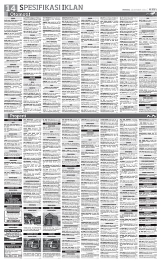 14 SPESIFIKASI IKLAN
HONDA
Kredit motor HONDA baru,bnyk hadiah
,proses cpt,trbtas T:03177556797 .

005105

SUPRA X 125 CW Trawat’2007=7.8jtLegenda
’03=2.7jt VEGA’05=5jtNg031-71017716

005133

MEGA PRO’03 @7,6 KHARISMA X’04 @5,3
Jual 1, NGAGEL Tirto 2/25 085733050001

005182

GL Pro’94 Max’95 Mdf MP Max’94 Bravo’00
Sigma’97 Karah 4/54 70908555

005279

SUPRA X 125 Helm In-F1.Merah’2013
KM.4000 (L-Sby) 14,3Jt. 0812 1608 1336
005284

HONDA REVO TH’2009 HITAM
(L)6,4Jt Hub:70130755

005273

GL100 Th.90 H.3.5Jt Hub.Sidosermo Puskesmas No.4 Tlp.081333360557
005291

JupiterMX06 (S-Jmbg);5,5 SZK NEX12;7,5.
Kol.Sugiono SampMakam Ngeni71293666
004930

DJL CPT New Jupiter Z CW’11 (L)MerahHtm
Brg Trwt 9,5Jt72717789/03160300567
005271

JUPITER Z’2007 Akhir Silver hitam Istimewa Hub:8285544-08123292816

005287

MIO’2011 Hitam(N-Pas) Bagus Pribadi 7,5Jt
Hub:Manggis 8/651 PCI 72812458

005366

MIO JI Cw 2012 (W) 10,5Jt Mio Cw ‘10 (L)
7,9Jt 72373349-081938618989

005373

MOCHIN
MINERVA’09 Hitam Model CBR Harga:6.250
Nego Hub:Jagiran I/4970662826

004450

MINERVA CBR 2010(L)Biru 7,5jt Nego Kutisari Selatan IX 45 Sby, 08563081249
004696

LEGENDA Th’04 (W-Grs) Tgn-1.Bluru Permai B.AB/20 Sda Hub:0812.1742.9607

MOTOR LAIN-LAIN

H.SUPRA TH.2005 Ex wanita Hitam/Merah
Hub:081 2552 5665 , 081 5500 5471

BAJAJ PULSAR 180CC’2008 Hitam (L)Harga
Nego Hub:7750.6802/083830563722 Sore

REVO FIT ‘2012 (L) 8,1Jt istimewa  Pajak
Baru 72373349 - 081938618989

DIJUAL CEPAT:1 Sepeda Motor Box Baru
99% Hub:Ika/Wiwin diKnt Tossa,Kenjeran
278 031-3892744

005351

005334

005395

VARIO ‘2009 Merah Velq Balok Betul2 Bagus
Jl.Pucang Anom 20A 71712890

005420

VARIO ‘2010 Maret. 9.500.000
087851521716 Mulyosari 76 C

005414

KAWASAKI

004419

FEROZA 95 Warna HITAM Ori Luar Dalam,
Istimewa AC/AUDIO/VR H:0341-9006409

004511

PRMO NEW XNIANewTrios,GM MB DP20JTn
@2Jtn*GM PU DP11Jtn081252172926/861
2990
004528

004524

JAZZ 05 IDSi MANUAL Merah N-KOTA
Trawat 120JtNego Hub0341-2327490
004614

WONDER SALON 86 AC/TP/VR Bdy Kaleng
Int Ori Msn Enak 21JtNG BsTT H996 3072

004946

HONDA FERIO 1997 Merah Tgn-1 Kediri Kt
Terawat 88Jt Hub081 615 845 418
004905

CIVIC GENIO 95 ISTW Bd.Kaleng Ori L/D SilverMet PjkBaru 76,5Jt081235023550

004884

DAIHATSU GRANDMAX 2012 Hitam Hrg
105Jt N-Kota Tgn-1 Hub0341-767 3030

REVO’10 CW N Kota Pjk Br 9Jt 0816553
664/0341-7060321

* ESPASS TH96 AC/TP/VR *
Ungu Tua Hrg.41Jt H9000039

JAZZ 2007 Matic Istw V-Tec Hijau Tosca AC/
Tape/VR16 03417032403/0818385503

004545

XENIA Li 2009 DELUXE
Hijau Muda Pol (N)085257586969

005174

005175

004544

HYUNDAI
004549

XENIA R Family 2012 Silver Km6000 Komplit Istw Hrg Ng 081233160618/9734208

004440

ZEBRA PU’95 Htm Mls Msn Casis OK+Honda
Wonder’86 Spr Mls Lr Dlm Ori7778762

GETZ’04 Silver Metalik Kondisi Bagus a/
nSendiri Bs TT dg H.City08125206799
003644

ATOZ GLS’04 LmtdEdition Manual TwoTone
SlvrAbu2Met081331177889 BB 27B731DA
003824

MAZDA
MAZDA VANTREND’93 Silver Ps Cl NKota,Ry Sawojajar 122 716346/9442043

004638

GRAND EXTRA’96 Long Murah,Mazda
Hatcbk 323 17,5Jt Nego 7343678
005070

FAMILIA 97 Orisinil Audio,60 Nego,Pajak
Baru 9167559/081333346665

JUAL CPT Carreta Adiputro Th97 AC Dingin/
TP/DVD 40Jt Cpt Dpt 085704342667

KJG LGX Desel’03 Manual Silver Mulus “L”
Pjk Pjg 08125281077/7642127

JIMNY TREPES ASLI82 N-KT SrtHdp4x4
Aktf JokCobraBamperARB BanBsr39,5
545 6777

KIJANG TH 88 Super Long PS AC Dbl EM Bgs
Pjk 15Bln 52,5Jr Nego 7627127

004426

004552

AERIO DX’03 Bu 87,5jt An Sdr Ac Audio Istw
Biru 03419192625/08123315092

004512

MITSUBISHI

SUZUKI VITARA Th93 Hijau Metalik Kondisi Istimewa Nego Hub:08125230456

MITS.T120SS 1.5 Pu 2011 Tgn1 Asli Mlg
Hitam Hub:0341-7775500 Nego

JIMNY Lj 80v Th1982 Merah N-Kab 4x4 Ban
Besar Hrg Nego 085233332511

JUAL MITSHUBSHI Lanser SL Tahun 1986
Biru 081334198011-9390157

SUZUKI KOTREK 1981 4x4 Aktif (L) Hrg
19,5Jt Ng Halus085746141415 Singosari

KUDA GLS DISEL 2002 80Jt+ESPASS 97
N-KT KM49Rb 47,5Jt7300415/9322536
TIDAR

KATANA 86 MERAH (S-TUBAN) Pjk Mati
AC/CD/VR EXT.GRIP Hrg Nego 03417316838

NISSAN

AERIO 02 ABU2 MET Kondisi Bagus Ban
Baru Hub081 945 986 100 / 2294685

005177

004639

003605

005067

005325

TAHUN BARU Dgn GRAND LIVINA Ready
Stock Angs3Jtn Info Hub:TEJO08123483
8157
003770

004723

004726

004916

004888

SUZUKI ESTEEM’94 Ori L/d Pw/Ps Ac Dingin Nego Hub:085755909794
004997

JIMNY’82 4x4 Modif Jumbo N=36jt+Katana
’88 Stil Body Modif N=38jt Jl.D.Tambingan
Blok G6i4 Sawojajar Mlg

004318

004376

INOVA 2007 Bensin Grey Mica Istimewa
081330107784

004379

KIJANG SUPER 6 Speed Thn 87 Istimewa
39Jt 9093993-08123535743 Lawang
004415

10JT Dpt Avanza, Angs.Ringan Bonus Menarik 082335239883/03417717204

004421

AVANZA G 2009 Silver Ors Siap Pakai + Kawasaki Ninja 2008 Hitam H:756 8898

004507

DIJUAL STARLET 1.3 ST Th90 Masih Bagus
53Jt Hubungi:0341-7832306

004508

SOLUNA’01 Slver Plat-B Msn Prima Irit STNK
Br,72Jt/Ng RRI0818380403/418879

004681

KRISTA DIESEL’00 an.sendiri Istimewa
Tinggal Pakai 109jt/NG 081333506609

004690

COROLLA TWINCAM 1.6 SE Lmtd ‘92 Pmk
OrsCat LrDlm Antik SgtTrwt0878 5888
7177

SANTAFE 2001 Istw Sekali (N) Tgn Pertama
Nopol Cantik 082 3355 71 999

NISSAN JUKE RX Pmk’13,Silver Milik Pribadi Tgn 1 0813 332 87 581

HIJET’86 N Abu2 Tgn-2 Dr Br Terawat Siap
Pakai 15Jt Nego 087852564118

BIMANTARA CAKRA Matic 97 ACDingin
FullVar 44JtNego08123311944/0341-730
1230

NISSAN X-TRAIL Th2005 (ST) Warna Hitam Mulus Original Cat H082 333 182 333

CHARADE TH81 Biru Super Antik KM.7000
42,55Jt Nego Hub0858 5233 0378

HYUNDAI TRAJET Th 2000 M/T Biru Metalik Orisinil 083848426999

ZEBRA BODYTECH 94(W-SDA) AC/DVD/VR
IntOriCat Mls S.LrKta 31JtNGBsTT2811499

ATOZ 2003 Orisinil L/d Ac Dingin Pw/Ps
Nego Hub:03418446383

XENIA “11 KM.35Rb Mulus FullVar (L) DVD
+ Cover Jok 081.805.008.180

ISUZU

NISSAN NEVARA Sport Version 2012 AT
Putih Istimewa Hub0853 1404 0043

KIJANG LGX 2000cc Bensin Silver 2001 Tgn1
N-asli SgtBgs 0811362473/7057422

AVANZA S 2007 M/T(N)PjkBln9 Silver Tgn1
Bagus 123,5Jt08179620724 / 8693227

ANDA JUAL MOTOR? Segala Merk Harga
Tinggi Hub Sinyo 78168081/ 08564827
8351

TERIOS TX Advtre’10 Htm Spr Ismw Km34Rb-Prmt jingga TheEast 4508133333
1900

PANTHER HiSPORTY’97 Merah Silver Metalic Siap Pakai Hub:03415412104

SUZUKI

COROLLA GL 85(L)AC VR audio brg trwt
istw 31Nego 082131602098 / 08155014425

AVANZA G 2009 Sngat Bagus Spt Pakai/
PANTHER 2001 LS(N)8483948/0813330
13306

DICARI MOTOR SEgala Merk Berani Harga
Tinggi Hub:031-70800332

BIG SALE”XENIA DP18Jt,TERIOS 20Jt,GM PU
10Jt,MB16Jt,Luxio 23Jt,Prss Cpt MURAH 
MUDAH082131930990/9572650

005246

MOTOR DICARI
ANDA JUAL SEPEDA MOTOR? Jl.Gembong
Sawah Barat 63 Sby 70526617/3715147

001614

DICARI SEGALA MERK SEPEDA MOTOR
Harga O.K.E Hubungi : (031) 72009479 .

002492

004115

004565

SUZUKI
SUZUKI SMASH Hitam 2008
H:5,5Jt Nego Hub:085730596819

004172

ZEBRA 87 ISTW Terawat Abu2 Met 25Jt
Nego; Ibu Ida(0341)9080832/08523265
5710

HONDA NEW JAZZ 08-S AT SilverStone 156Jt
NEGO:Telaga Golf 4/418127000 ARAYA

SIFA MTOR Cri SpdMtor HargaHarga Tinggi
SiapDatang087852608291-03178627106

005384

J.BU SupraFit’04 MlsMsnHalus DblJrengBanBr
4,650JtNg Kalijudan8/2683057594

KAWASAKI 400CC’76 HIJAU
Hub:03179654678 / 085785118138

004834

PUSAT DAIHATSU Xenia Terios Ayla Grandmax Luxio.Diskon++Gratis Xenia/Hari
0341- 9127566

MINGGU, 13 OKTOBER 2013

005000

004360

SUZUKI Satria FU 2011 Putih Hitam Istw W
Sda Istw 14,6 Nego (031)81443198

004503

SUZUKI SPIN’07 An Sendiri Jual Cepat;Ry
Kedung Asem 11 Rungkut 71345440

004467

SMASH’05 CW OrsTgn1 (4,7JtNg) rungkut
menanggal Jl Kysatari 4/47 71317865

005011

Shogun125’05
42jtShogun02
3.5
Crypton97 34Smas05 2.5 tornado97
1.983400011
005372

SATRIA FU Biru’2012(15,8)Hitam 2011(1
4,8)Biru’2010(13,8) L-Sby 081216081336

005358

J.BLACK SMASH’2003 Kond.Trwt VelgRacing
Tg1081553138674 diLuar JamKrj/Mggu

005394

YAMAHA
Yamaha PAKET KILAT Lgsg ACC Proses Cpt!
Roby Cahya03183917162/085851506182

004293

NEW VEGA R’09/SUPRA 125’08CWTR,Bgs
Ors,J.Cpt Slh 1 72417685/081332120157

004317

JUAL VEGA ZR’2011 Warna Biru (plat L)
a/n.sendiri Hub: 087880500003

004814

Nuvo’04 Fos1’95 Astrea’84 RC’87 Mex’93
Karah 4/51 78020013
005068

SURABAYA PUSAT
KOST
KOST SBY PUSAT Kedungdoro:Ac+Km
Dlm+ Nyaman91137369 -70061618 -087
85 1166129
004973

005288

MALANG

004687

DIJUAL SEGERA Xenia Xi Plus 13 Merah Maron’11 Hub:03419398800/087859907800
004636

004719

004912

004955

005202

005311

005317

003929

PANTHER GRAND Royal’96 Hijau  Taruna
CSX Pmk 2000 Biru 7053184/0816555799

FORD

TOURING 04 A/T (N) Biru Muda Met Irit Mulus Tnggl Pakai H:085 258 719 920

BMW 320i TH2006 SILVER (N-Kota) Tgn1
KM.83Rb 260JtNego Hub081 234 383 020
003998

DAIHATSU
TARUNA FGX 2003 Biru Metalik (N) Siap
Pakai Milik Pribadi Hub(0341)9797 990

003639

005215

RANGER XLT 2005 TURBO VR22
(N) Tgn Pertama082 3355 71 999

003773

HONDA

BODYTECH 96 HIJAU MET Sliding AC TP
VR Ori Cat, JIMNY 88 Merah Met 9447339

HONDA JAZZ IDSi 04 Matic Istimewa TDP
18jt Angs. 2,997 x 47  7330 921

LUXIO M 09(L)Tg1 Ori IstwKM80Rb Abu
Met ACDbPwVrBR4BruTDP27Jt 2.4x47
5432345

EXELLENT’83 N-Kota Wrn Coklat Ats Nm
Sndri Istmw Hub:Zaini 0818382457

003767

003836

XENIA Xi Dlx+ Th2011 Hitam Tgn1 Pjk Baru
0341-416086/Sulfat Indah I No.40
003906

Zbra 91 Hjau Tropr Long RT RAD NEW ARMADA Msn Hls Noka ada082143460253
Mlg

J.RMH Jl.Rajawali Hook Ls494/SHGB 5,75M
Nett081234775758 Maaf TnpPerantara

004845

STAND DIJUAL
J.STAND ITC Psar Atom/ITC Mega Grosir Lt1
Blok H3A/23 strgs persis dpan pintu carefour 087877527256 / 021-68756616

004568

SURABAYA TIMUR

003611

003642

HONDA CRV Th2003 Hitam Tgn-1 Hrg 135jt
Hub: 0341-7377500 / Sawojajar

003910

HONDA LX 89 Hitam N-BATU PjkJan Ori CD,
PW,PS,BanBgs0818382932/0341-7055003
004001

004514

APART FOR RENT F.Prbt East Coast 12 Bed
Room,Puncak Kertajaya 1BR71243123
004902

KOST
TRM KOST KRYWN/Ti.Nginden Intan
Utr44(Sltn HTL HERITAGE COUNTRY)0812
5870518

004289

RUMAH DIJUAL
J.RMH USAHA StrategisPojok 2Kav 10x45 Jl.
Pucang Sewu 9 081230684679-5018270
004210

003737

KATANA GX 96 Hijau Plat (L) Ori AC Dingin
55JtNego Hub081.233.274.545

003636

KIJANG PICKUP Th94 Velg Racing Perum
Pesanggrahan Pratama KrgPloso E1/8

003617

AVANZA G’07 Slvr Tg1 SptBru 120Jt  AVANZA G’05 Tg1 111Jt BsKrd 0817315334
003701

INNOVA G DIESEL 2005 Manual (L) Silver
Hrg.160Jt Hub081 389 060 379

003740

004175

KATANA GX 96 N Kota AC,TP,VR Istw a/n
Sndri 55Jt Nego Cpt 9805875

004176

KATANA GX’97 Ps Ac Tp Ors Cat Merah Msn
Bdy Spr Istw 55jt Hub:08123317452

004187

SPLASH TH2010 Hitam N-Kab Istmw BU
Cepat Dapat 0341-9177490/494904

003725

KIJANG PickUp Disel’03 Tgn1 Htm Ors AC
Dingin PjkKir Baru Antik0817315334

003748

ALL NEW Avanza Harga Paling OK. 
03418116843 / 083834732000
003904

KIJANG NEW SUPER 93 (N) Merah AC TP VR
Bagus Mulus 65Jt BisaTT0341-7376254

CLUSTER SUKUN Pondok Indah UM 1:1Jt
Hub :IDA 0341-8385678 / 085 646 732 186

TANAH DIJUAL

JUAL RUMAH SBY TIMUR Siap Huni,diDaerah
Setro Hub:085853182638

BARU SIAP Huni Arjosari Pgr Jln Ry Kmbr
T125/155T75/145 435jt085234343566

APARTEMEN

004412

004344

SURABAYA SELATAN

DIJUAL KAVLING Ds.Dukuh tengah-sedati
Bs Cash/Kredit77212865/082335118027.

004342

SEWA APT CITO 2Km Full Furnish Bs Bulanan Hub:Ana 081554466733 /58251800

J Kav Dkt Masjid Agung Sby Uk;9x7,5m Jln
5m SHM Hub 72579118-0811335906936

KOST

KAVS.BGNSHMMasanganKulon6x13,5:55Jt
DP20jt Ccl36x Bng1%70684651-77662471

004500

004592

004400

004817

004597

J.RMH Type.21 Lt.100m SHGB 125jt Sukodono Permai AA-1085730794333/72702453

JUAL 2 RMH 9x21 SHM 1.5Lt Panjang Jiwo
Besar 26, 790jt Nego Hub: 72743004

Djl RUMAH 2,5Lantai, Jl. Jambangan Kebon Agung I A Sby. Hub: 085236360027 .

004810

J.RMH Lebak Jaya Utr 4A/43 LT83m2/2Lt
72763981-0818509344 DktPsr, PAM,PLN.TP
004807

wonoayu rungkut T/B100/70 2kt 1km, shm
+imb strtgs tnpPrntr  34064697 /7760
6015
005125

RmhBr Mulyosari950Jt1,6M MarinaMas
1M ManyarJy,Klampis2,5M Susan 0818590
609
005061

RMH MINIMALIS Jl.Baruk Barat II B-114
SHM 8x15 Kt3+1 Km2+1 031-88160096

005429

004179

004328

J.RMH TENGGILIS KOTA 3x11 Lkp 140Ng
Kendangsari XI/3A085733079968-7129
5570
004371

TNH S.Bgn jl.wagir br VIII kwangsan,Sdti
77m2 SHM,50jt70790597,082331844025

005336

DJL TNH Strgs Dpn Superindo Wadungasri
Uk:30x70 SHM 31311589/082325688333

005441

GUDANG
J.CPT HrsLakuBln Ini GudangTiaraJabonTmbkSawah Ls1260(±30x42)LokDpnRow 22M
AksTolKontainer 31311589/082325688 333
005439

TOKO DIKONTRAKKAN

DJL GRHA ASRI Skdn Lt.90 Lb.100 4Kt 1,5Lt
Full Renov Jati 240jt Ng081232975115

STAND DIJUAL

004613

004362

004365

J.RMH Uk.4,5x12m=225Jt+Uk.5x20m=280Jt
SHM Wonocolo Fas Lkp Hub:81437652

004409

T55-SHM DKT-PASAR-SUKODONO S.HUNI
180JT KREDIT-UM:36JT- ANG:1,5JT 70166
477
005110

MOJOKLANGGRU Kidul C36 DktAtlas2LtSHM
T177/B250 4Kt4Km0878 55769292 /088
217046582

JUAL CEPAT RUMAH+TOKO.2lt. SHM (Jln
8mtr) Buduran Sda.03183878366.

005127

004832

DIJUAL STAND Royal Plaza Lt.3 N5-22 / N512 BU Hub:34083434 / 087853223322

005180

TEMPAT USAHA LAIN
Dikont Rmh 2LT Ck kantor 8x20 Ngagel
Mulyo 16/15 Cpt 082131323738/72972935

004593

SURABAYA BARAT
APARTEMEN
DISEWAKAN APARTEMEN Puncak Permai
1BR C-357  Rumah Candi Lontar Wetan Blok
42/7 No.17031-92296725/081330321972

DIJUAL CEPAT Purimas 191/160 2Lt,Hook
SHM 3Mbl 31311589/082325688333

JUAL RMH DEKAT PASAR MBETRO 6,5x8
sertiﬁkat hub:IDA 085203140001

RUMAH DIKONTRAKKAN

J.Rmh Cantik mnmlis pnuh artstik 2lt 2kt
2km,portcar SHM hnya 440jt ada 2jminan bs
byr 50% dulu78106501/08563112295

RMH SEMEMI UK.5x9 DP60jt,UK.5x10 DP
90jt @1.160rbx10th.Cash AdaDisc 71714 642

HILANG STNK A/n:DIMAS BAGUS R L-5686JD Jagir Sidomukti 3/34 031-7792 3602

J RMH SHM Lt/Lb 84m Grya KebraonUtara
dkt Giant ±600m hrg 375Jt03191994412

005437

004307

004550

DIKONTRAKKAN RUMAH P.Anom 6/29
Sby, Loks. Strategis, Hub:031-5021847
RMH DIKONT Kertajaya 8/27D Selama 2Th
PDAM,PLN Hub:Bu Endang91959890
NoSMS

004901

005071

005217

DJL RMH T54/153 FulBang Garasi u/2Mbl
SHM Pejaya Anugrah Q/18 082132696556
005335

RUMAH DIKONTRAKKAN
DIKONT.RMH Bungurasi Dekat Ramayana
H.12Jt/2th Mobil Bs Masuk 085730593399

003862

005186

KONTRK RMH 12jt/th Lok Taman Waru Permai A80 Garasi,6KT,2KM H:081216585275

RMH Jl.Ry MedayuUtr70 Rkt 8,5x11 PLN,PA
M,Keramik,Ac1Km(3x6)12Jt/Th 78400099

DIKONTRKAN RMH KEBRAON 4/16 B, PLN
PDAM HB 085234083813/ 71392 036.

005422

004357

004492

RUKO DIJUAL

TANAH DIJUAL

SURABAYA SELATAN

MALANG

004525

J RMH P.Benowo Indah T27,6x12 Renov H.
175JtNg Tp 081330361431/03177085322
004863

RUMAH DIJUAL
003512

004280

DJL RMH 6X12 Full bngnan 2 lt.7kt 4km drh
Klakahrejo72655838/081230091500.

004422

J.RMH CptT36 6x17Renov Kalimaya11/k-11
Driyorejo DktPom 225Jtng081330 288 438
004427

J.RMH j6x10 Kotabaru Driyorejo Nego
Hub085746161545-03172538582

004416

PRM WESTERN VILAGE A5/6 Sememi7x 13m
Srt﬍t,Jln7M 295Jt71349607/085730767644

004477

RMH KOST Belakang RS.BDH (Benowo) 6x23
Full 2LT Kendung I-E/92031-72880088
004543

RMH Uk:4x8 2Lantai Hrg150Jt Alamat
Tengger Raya Gg I-A6 Hp.082132429395

004689

RMH BARU 2Lt SHM.Manukan Tengger Kan
dangan.TP03134298222/ 0811320869 (SMS)

AUTOPRO PERUM PURI TIRTA KARANGLO . .
. . . . . 1X40 . . . .. .

JUAL RUMAH PONDOK MARITIM Lt.180
m2 Full Bangunan Nego 0852 2278 8468
005444

RUMAH BARU...di KEBRAON Type.38/60.
Cash 250jt. Hub: 031-71650931/ 71702365
005267

GRIYA PERMATA ASRI Lks Strategis Dkt
Psr Menganti POM Bensin SD Jangkung Minimalis Atap Galvlm Plafon 4M UM:5jt 03177051803/083854749490

004034

004162

004551

004481

DIJUAL RUMAH Jl.Akordion 36 Rt2 Rw2
125jt Shm An Sendiri Hub:9057702

004631

AMPELDENTO RSDNC T36/Lt77m2 Hrg.
115 jt KPR SHM UM Rgn 03419409306/0
88803362288
004685

DSEWAKAN APARTEMEN Sukarno-Hatta
Lnt 12 Fas.Komplt Blnan/Thnan0341-7757
134

RMH BR MNMALISSHM 98M Lb65 Bs Kpr
Shuni.Kemangi6Lowokwaru  08123 294
564 NoSms

KOST

GRIYA PUTRA Yudha Perum di Tgh Kota
Shm Pdam Free Desain Lyn Gml 7012972

TERIMA KOS Pasutri atau Karywn/Ti Hub:
Jl.Anggrek Garuda 3 0341-7349417

RMH JLN Bend.Riam Kanan Blkg ITN KPR
9399957-6785757-081233651657

005301

005079

WWW.GRIYAMENTARI.COM Kost Fas
Htl(Fa:Air panas,Tv,Ac,Wiﬁ)Khs Putri-Klg
0341-7678666/0341-7840999

RUMAH DIJUAL
GRIYA INDAH Songsong 36/75 SHM 147Jt
KPR DP.15Jt Angs.1,5Jt/Bl 081232770 777/
9733449
003610

*RUMAH KAMPUS* Lok.Strgs Ling.Kampus
u/Kos2an-Tempat Usaha SHM UM1=5jt,One
Gate 0341-2307685,2307672,2307686
Dijual RMH Lokasi Strategis Perum Mondoroko AM-53 Hrg 160jt 0341-7613025

003648

Djl Rmh ±Lt250/Lb150 Jl.Ry.Kyai Parseh
Jaya Bumiayu 625jt Ng 03417011990
Perum.Bukit Permata Indah Kav siap
Bngn,SHM.H:0811324085/03436600609
Lawang
003679

J RMH Dkt JlRayaPakis 2KT,1KM,Dpr,PLN,PD
AM,Kramik SHM 75JtNego082142802128
RMH Jl.Sihabu-Habu 14 Tidar 300m2+Prbt
Strgs MewahMurah Pmbeli SriusDtgLsg
003766

RMH SHM SWJJR Kerinci III E5 D15 Dekat
BTN LT.114 Full Bangun081 2335 3333

003765

005131

GRAHA ASRI SUKODONO . . . . . . . . . . . . . . .1X25
.... ...

APARTEMEN

003729

RUMAH DICARI

RUMAH DIJUAL

RUMAH DIJUAL

004907

MALANG

003640

005413

004896

TNH TMBK WEDI 18x20TepiJlRaya Sura
madu (Ant KtrProyekDgTrminal)081 5151
3 8 541

003649

RMH TAMAN ALOHA G4/19 LT8x16 LB100
3Kt 1Km Renov390JtNg08123237749/774
47749

DIJUAL RUMAH GUB. KERTAJAYA H:
72388126/087853442387

004573

005427

DIKONT 3 TOKO Msh Br Akses Bgs Jl.Ken
dangsari Hub:031-71449122-081553313 246

DJL RMH SHM,Perum Graha Samudra C-6
no20 Lt:180 Lb:50. 220JtNG08125928328
5/082139560395

005399

004352

DIJUAL RUMAH Sepanjang IV/33 8x10 SHM
2KM PLN 1300 PAM 0317874921

JUAL RUMAH BAGUS Minimalis 165jt
Ng Jl.Tambak Wedi Baru 10/65 08213
1712846
005338

004348

004417

Rmh POJOK Sulfat SHM 2Lt 255/350 4Kt,
4Km ada Voide 1.450 Ng Bnus Prabot BU 
7072700

005212

KIJANG G TH96 (Asli N) Tgn1 Ors Mesin
Enak AC Dingin 73Jt Hub(0341)8100308

005313

005296

005327

005406

TIMOR
TIMOR DOHC’98 Merah Maron N-Kt Ban AC
TP semua Baru 52,5jt Ng 0341-405388

003909

TIMOR TH2000 BIRU Istimewa BU CEPAT
Dapat Hub0341-7014878 / 081252304
739
004927

004018

J.RMH SHM Jl.Dapuan Bendungan 4/3 Sby
Uk:4x7,8 hrg285jtng:ZANNY 03170332007

004387

005176

J.INNOVA’06 Mt Bensin Type G Tgn1 W Hijau Met Istimewa 145jt 081236006600

TYT HARTOP 80 Bnsin,Htm,Ac,Tp,Pw,Disk
break,Freelock,Ban 31 081235007008

003776

2

004788

004746

005065

Rmh swjjar 2.lb40 lt84,SHM.4kt4km dlm+
2mtr 2010.bs KPR.250jt NG0856 496
50610
004988

RMH+TNH ELIT KtMlg,Prm Janti Brt L.525
SHM KT4 KM2,Grsi,Crpot,5Klam Ikan Uk.Bsr2
Cck U/Bddaya 690Jt BU9709821
004931

DIJUAL RMH LUX,SHM LT Total 600m2,LB1
2x30=360m2;5KT;3KM;Grsi Jl.Raden Intan 51
ARJOSARI-MLG Hub081334699416
004871

CARI RMH,Kost,Ruko/MAU JUAL Property
Di Mlg? Klik,www.dijualrumahmalang.com
004949

TIPE 21/122 SHM Jl.Kapisuwida I 16K/23
Swjjr 200Jt  9200144 / 081234001258

MOBIL LAIN-LAIN
KRD MBL,BPKBAVANZA G11 138(34/3,3)
CARY01 48(12/1,2)STRLET91 5508123500
8659
003777

TNH WJYA KUSUMADkt SkrpuroRsdc,
PsrMdypro SHM 282m Lbr13,5 1,1/m 0888
5581276
004536

TANAH PJK Shm Bu DonowarihNgenep
An Sdr u/Rmh KrPlosoSawah2814992/
9192 625
004529

TANAH Ls.477m2 Blkg Pasar Pakisaji SHM
1juta/m Ng Lgs Owner 081944917820

004683

TNH LKS Strgs Jl.Tlk Etna IV Lt.883M2 SHM
+Phn Jati081333437844/08175053135

005074

KSB MRH TRBATASJl.Ry KA.Gribig Gg5(Dkt
Swjjr I)LT±90-102,SHM,MblMsk8129346

004965

JUAL TANAH 4000m Kodya Pinggir Jln
Raya 650Rb/m NEGO 085 855 084 083

004957

J.RUKO 2LT 2Unit 4x15m Jl.KiAgeng Gribig
Shm Kpr 7054598 (J.Kerja-Tdk Sms)

004221

RUKO 120m2(2x60)2KM2KT 2WC 2dpr
RyMojorejo Batu.Puri Savira G6081333
963418
004531

JUAL RUKO 2 Lt Lok.Strategis Di Jln Kawi 37
D-2 Kepanjen 08125255557-TP

004720

005162

Dkntrkn RUKO Borobudur Agung Strgs
4x12,2 LT. 25Jt/Th 081232770 777/9733
449
003609

RUKO SEWA/ BASUKI RAHMAT / 2Lt-Dkt
BCA - Cocok Kantor IWAN 8389088

003905

005308

TOKO DIJUAL

RUMAH SIAP Huni Jl.Indah Dieng 32 Shm Depan Puncak Dieng08123093640/563004

RMH JUAL Di Janti LT±1000/Ada Kolam Renang / Ada Warnet / SHM NISA 7078989

DJUAL TOKO WisataKepuharjo 3x8 Lgsg
Jualan.Komplit,ParkirLuas 130Jt7757134

RMH SHM T/P Gadang Gg VA/35 kec.Sukun
Malang L:89m2 Full Bgnan 085706090596

RMH Di TAMBORA LT1200 /Cck Guest House
/ SHM / Dkt Mall  Apt NISA 7078989

TOKO DIKONTRAKKAN

MILIKI RUMAH Di Tengah Kota Malang SHM
Fas Lkp Persediaan Terbatas 0858507270
00/081333437575

RMH JUAL 2Lt MINIMALIS / Karya Timur
SHM / Bisa KPR / Bwh 1M IWAN 8389088

003857

003892

004005

SUKSES CASSAVA REGENCY I ini Hadir
CASSAVA REGENCY 2 Tipe 36/75(135Jt) SiapHuni Fas SHM IMB Pagar MejaDapur Carpot
0341-5412370/7072999/08179615063
004002

DIJUAL RMH 3LT,PBI G1 No.3 Araya LT161/
LB240 H0341-2866351/085 731 009 360
003999

*** PERMATA GADING ***
LokKota,SHM,PDAM DktSMPN10,GorKenA
rok,Trminal,PstPerkantoran UM1 5Jt Disc10Jt0341-9871161,7013725,7715459
003997

RUMAH VIEW BAGUS Di Lingkar Barat
Hrg.192Jtan.BEBAS UM Hub0341-3149
000
003994

2 UNIT RMH FREE DESAIN Jl.Sigura-gura
VI LT.126 SHM085654237534/0817532
400
003989

005319

005320

005303

RMH KOST AKTIF / 26Kamar / VPT / View
Gunung-Dkt Machung Ph081 803 838 010

005322

RMH / JUAL / Dkt Ijen / Bangunan Terawat
Siap Huni NISA 081.252.152.010
005324

RUMAH DIKONTRAKKAN
Dikontrakkan Rmh 2Lt Lb200 Lt115 di
Kauman Blkg Masjid Agung Jami Mlg 15jt
1Th,Cocok u/Usaha Kos2an 7393242
003865

005298

OPER KONTRAK Toko Jilbab Sisa 1Th5Bln
Pusat Kota Mlg Strategis 08884816334
004557

TEMPAT USAHA LAIN

003984

KONT TMPT Usha diKtaBaru Stratgis Cck u/
Usha Apa Sj Lgkp Tggl Pkai9478383
004595

JUAL WRG Bangunan Suhat 50Jt+Sewa Tanah 3 Bln 082338713333/0816558403
004721

SIDOARJO
RUMAH DIJUAL

RMH JL.TONDANO Brt I A3A48 Tingkat Se
wa 2Th Hub:08155529280/0341-9321361

Jual RUMAH KAVLING AMALIA KEBONAGUNG SUKODONO SDA HUB:81187165 /
70360390

004635

DIKONT RMH 5KT 3KM Garasi 2Lt Jl.Ranaka
E-12 Tidar Malang 082331129273

004688

003903

JUPITER MX’06 (N-7,2)GLMax Neotech’95
W-Sda (5)Jumput-KrgPloso085730534221
003951

004486

MUSTIKA HONDA Promo!! CB 150’13
Pth(21,6); New Tiger CW’10(17,3); New Mega
Pro CW’10(16); Techno F1 Putih’12(13,9);
Techno CBS’11(12,9); Vario CW’08(9,9);Beat
’11(11,2); Scoopy’11(10,5); Supra X Helm
In’11(11,9); Supra X CW’10(11,3); Revo Abs
’10(8); Revo Abs’09(7,8); Revo Fit’12(8,9); Fit
X’08(6,6); New Blade Repsol’12(11,5). Melinda (8127670)/7718827/085238930538
003716

MUSTIKA KREDIT Murah!! Honda Revo
Fit’11/12 UM 500Rb Angs.398Rbx36 284
4041/331830/085238930538
004701

BLITAR
MOBIL LAIN-LAIN
PT.BFI FNC 0342808112-08563602883
JUAL XTRAIL ST CVT’10 AG8R/ISTW  NEO
BALENO’08 AG0909KL/ISTW
005194

JOMBANG
ISUZU
PHANTER Grand Royal’96 Merah “S” Jbg
Hub:(0321)-862362/08563393994 Kartini
004335

RMH6x15FullBngun 3Kt1Km230JtNG.Villa
Jasmine 2 Blok i No.1003170146335
005141

J RMH PERUM Bluru Blok j-12 SDA
Hub:081332803061 - (031)70626037
005165

RUMAH DIKONTRAKKAN
DIKONT RMH Sidokare Indah QQ-32 Sda 5KT
2KM 2,5Lt Ada AC Cck u/Kntor/RT 08121
731616
004350

DIKONTRAKKAN RUMAH PPG Sidoarjo 5jtNego Hub:031-71906774 /0812 1685
8165

005114

TANAH DIJUAL

004194

004196

004468

005086

RUKO DIJUAL
J.RUKO SGR Brig.Katamso23 SDA 5x22 SHM
2,5LT FasLkpStrgsPggrJln031-70573337

004494

RUKO DIKONTRAKKAN
For Rent:Ruko Rewin JL Ry utama dkt industri 48m2 30jt/th nego 085854331701

005076

STAND DIKONTRAKKAN
DISEWAKAN/OPER KONTRAK Warkop
Jl.Raya Jati No.36 Sda Hub:031-77048777
004355

TEMPAT USAHA LAIN
RUKAN 3unit @2LT 17,16,15 Ck Ush,Mandiri
Residen Krian082131323738/72972935
004607

JEMBER
2 RUKO Mh.Thamrin 6 Ajung-Jember L250m2.
Sewa 25Jt 081808179899:08889852898
004782

PROBOLINGGO
XENIA 04 SILVER AC,DVD,VR,PW,CL Ban
Baru FullVar Istw 90JtNego08133 4762
896
004923

PASURUAN
DIJUAL RMH+Meubeler di Prm Tembok
Indah Lt168 Lb±400 750jt Ng 085 330
154378/0818536333
005364

J.RMH MAKAN Sedang Berjalan Untung
Rata2 1Jt/Hari TtupJam8 Mlm081230
921097

KONT/JUAL RUKAN 363m SHM jl.warinoi
123(SimpSulfat Slt )031-72059079-088830
57256
004394

DIJUAL BYSON Modiﬁkasi Th 2011 Wrn Putih Hrg 19jt Nego 081334724308

J Mrh 16tnh kav HANYA 750jt drh Tulangan lok strgis SHM78106501/08563172295

005433

PERUM GREEN Viev Type 46/72 Harga 325
Nego 9167559/081333346665 BU

005203

005199

YAMAHA

RUKO DIJUAL

RMH T30/LT72 Full Bnagunan 2KT/KM/RT
+Grsi Prm Oma Viev EC22 0341-9029777

003715

004925

PROMO KREDIT Honda Baru Dp1Juta,Beat
FI, Vario8637888/087759903888 Lgsg Krm

T.KAVLING Angs Ringan,SHM,Gedangan
SDA 60Jt 031-72917383,81376871,34396080

004938

RMH SHM Siap Huni Pln Pdam S.Tegis Prospek Bgs Bisa Kpr Srius 08113604926

005172

004877

FOR SALE OKTOBERHONDA BEAT F1 DP
Ringan Angsr HANYA 17.000/hr INDRA 
5375454

J.CPT Gdg Jl.Rogonoto-SingosariSHM Ls1208
m2 FullBgnAman 2,5M Ng0812331 8989

SEWA/J+Usaha 2Ruko Teluk Grajakan 10A
Pandanwangi-Blimbing5461198/ 08180
5007859

005099

HONDA
BEAT 2012 BIRU+PUTIH Tg1 Trwt SptBaru
11,5Jt MilkWnita7733313/089680305354

JUAL TANAH KAVLING Di DS.PEPE SEDATI
SIDOARJO HUB:81187165 / 70360390

RUKO DIKONTRAKKAN

004881

004897

MOTOR DIJUAL

GUDANG

RMH BARU T40/73 Perum Green View Tasik
Madu 081334415665/7355345 Shm Tp
RMH SHM Lt200Lb340 6Kt4Km Grsi Strgs
Tgh Kota Prm Letjen S.Parman Blkg Juanda
Mtr 087859917888 Tp

003638

SEWA ALPHARD Cm1Jt/12Jam+Sopir;
FORTUNER 650Rb/12Jam+ Sopir MURAH 
9490383/081335257340

DIJUAL GUDANG 12 x 25 Rangka Atap Kontruksi Baja Siap Pakai081 252 461 533

RMH SINGOSARI 2KT, 1KM Dapur KM. Mandi, Carpot LT±90m2 Hub0341-538 9900
004929

EAGLE: Avanz 250Rb, Inov 350Rb,Travel
Mlg-Juanda 70Rb 0341-7308111/556600

JUAL TANAH KAV Di DS.SAWO CANGKRING WONOAYU SIDOARJO 81187165 /
70360390

004935

JUAL2RUKO Mulyorejo Raya+Etalase+
Prltan Bengkel Cck u/Koperasi 082 333
545494

004952

004425

MOBIL DISEWAKAN

SHOWROOM

JUAL INNOVA’05 AT Type G Ass All Risk “B”
Hrg.120Jt Nego  0341 - 886 66 38

003913

KATANA’94 Hitam;Futura Semi Box’06;SS
PickUp’09 No Kir Baru7039111/8168296

“SALON MOBIL” Mulai Rp.150.000 By auto
Glym Trima Pnggilan 081238109000

005089

AVANZA G TH09 Masih Orsinil (N-Tgn1)
Hrg.130JtNEGO H:085 855 488 832

003769

004903

VARIASI/SALON MOBIL

AVANZA 2010 S 1.5 ABS Hitam Original Tgn1
Terawat081233186333/081555665333

ALTIS G1.8 MTMrhMet OriIst(L)AC AudVR
BR17Bru KM80RbTDP28Jt 3657x35 543
2345

003908

RINO 2000-2002(30Unit),COLT DSL RAGA
SA 96-99(10Unit) MURAH@65Jt 0812 523
8928

DI JUAL. MIO CW’11. Merah Marun. Nkab.
Istimewa. 9.5Jt. Nego. 085646588929

KARIMUN ESTILO XVi’08 4Cyl,11.000cc N
Mlg Tgn 1 Istm 0811369888

TNH SIAP BGN SHM Twangalun Buncitan Juanda 8x13,5=80Jt8x20=130Jt 
70114310

001528

005198

004892

003606

TRUCK

WISH’03/04 Silver Tgn 1 Plat W Terawat
145jt Nego Hub:5436805

YARIS E SILVER A/T 2010 TV VCD GPS
145Jt (N-PB) Bisa Kredit 0821 3121 0641

003755

DJL Ruha Baru Jl.Wonorejo Sel I A Rkt
Lb.64M 2Kt,1Km H:8793797-087854222062

004319

004942

AVANZA E 2009 (N-Krgplso) Asli-N Tgn1
AC,TP,VR Htm PjkBr Istw 122Jt3133131

003848

RMH 350m2(7x25)  285m2(12x23)
Penjaringansari 200m DrMERR  562m2
(15x37,5)2Lt PerumBendulMerisi Utr 087752
666641

003996

004932

SOLUNA 2001  LIVINA 2008 Tgn1 MT
48.000KM Jl.Raya Walet A3 08214 261
0406

J.CPT BALENO Th 2002 Hitam Modif
Hrg.76jt Nego Hub: 0341 - 416 086

FORTUNER G Diesel’12 Mt Hitam Tgn 1 Pjk
Pjng Brg Istw Hub:082141704081

004174

KIJANG NUSA SPR 89 LONG HjauMet AC/TP/
VR FulVarMulus 48JtNg5402224/5352619

STARLET SE 1.3”89 Putih (AG) PjkBr
VR,AC,DVD Bgs Orgnal08883312070/ 757
5321

003775

004255

KIA

004873

AERIO’04 Silver Ori LuarDlm Tgn1 An Sndr
86jt Nego 03417057473/08563535545

JUAL CEPAT BU Suzuki Escudo th 95 Biru
Siap Pakai Trwt Hub:085 231 818 564

004780

RUMAH DIKONTRAKKAN JAMBANGAN . . .. . .
. .. .1X25 . .. . . . . .

003734

OPEN INDENKRIMUN WAGON R 1Jt Disc
Splash,PU,APV,Ertiga082142619474/28
88236

003607

J.VISTO 2000 Kuning(N)54Jt,Brg Istmw CD/
PW/CL (0341)7297979/082116665554

RMH Ked.SrokoTegal Sel17 3KT1KM 1200W
4x20 100m dr Kmpus A Unair03170314161

RUMAH DIKONTRAKKAN

005253

INFO INDENTWAGON R 80Jtn,Ready ERTIGA DP52Jt BsTnor5Th08214195 9999/
9568253

INNOVA G 2009 BENSIN Manual
Hitam Istimewa H0341-2341172

004947

CRV’01 A/T Silver (L) Istw,Jrg Pakai,Km
110Rb 112Jt 9991669-081805000907

JETSTAR’87 PU Pjk Br-BanBr Catbru 24jt
Ng Catbru 24jt Ng Z.B Tech 92 25jt08133
5838 787

004458

SURABAYA SELATAN

Panther NEW ROYAL 2000 Perak Mtl Ac
Dbl/Tp/Vr.Kond Bgus.87Jt NG031 72749
247

004939

TOYOTA

LGX TH2000 Biru Diesel Lgkp 113jt Nego
Hub:8693834 Pojok Trmnl Gadang Mlg

SURABAYA TIMUR

004698

005200

004722

004298

JAGIRAN 1/41 Dkt Mall Kapas Krampung
3x20 2Lt 20Jt/Th S.Huni70038082

RMH DIJUAL SUABAYA TIMUR . . . . . . . . . . .1X25
... .....

PANTHER HI-Grade’96 Biru(N)/PS/PW/TP/
AC Dbl Pjk Br 73Jt Nego 081334120022

J CPT BU Grand Livina XV’07 Mnl Htm Km 100
Rb N-Kt An.Sdri 135Jt Ng081 55596 7890-TP

005315

KARIMUN GX 05 / AMINITI 91 N KT Ors
Istw Silver Blue H:7575554 Gondang RDA.

DIKNTRK/JUAL Rmh LT190m LB160m Srt Ijo
4KT 2KM Brtng Gede 6E/1008125894535

RUMAH DIJUAL

004919

004700

005201

JUAL SUZUKI SWIFT AT 08 Hitam Mulus (NKT) H:081944852352 / 08123355324 TP

003759

JUAL RUMAH Granting Baru II / 43-45. Hub:
08123045146-08113623229 Hrg Nego

004332

PANTHER GRAND DELUXE 96(Pmk) NKota Tgn1 PW-PS-VR,ACDingin 65JtNego
7779928

004542

JUAL GRAND Livina XV’07 Abu2 Metalik Istimewa Ex.Dokter  081 333 55 3345

005128

J CPT Katana GX’95 N-Kota Ors,Body Kaleng
Istmwa AC/VR/PW 0341-9029777

VISTO 01 HITAM N-KT VR,AC,PS,PW Sngt
Bagus TotByr 16Jt Angs1,8Jtx357779928

004893

DISEWAKAN APARTEMEN Puncak Kertajaya LT15 2BR Baru FullFurnish0857
31212309

004517

ISUZU PANTHER Th94/95 Brg Istimewa
Plat-L Warna Hijau 081336008477

003993

HONDA JAZZ RS 2012 Km12Rb Bekled Silver
Istimewa Hub:720750/081330000718

003920

J.RMH SHM 3kt 1km Renov 240jt Klampis
Ngasem Tembusan 5C 085745919880 TP

APARTEMEN

003995

004702

RUMAH DIJUAL

005017

003742

ZEBRA’88 Station 18,5jt Ng/Mio 2009 8jt
Ng 085731551657/03419672509

AMERTA GREENLAND.READY STOK UM
Bebas.Akses MERRTOL Pondok candra
77567602/71819737

JUAL RUMAH Ngagel Rejo 10x15/180
2Lantai Surat IJO Lengkap 7142 9557

003730

PANTHER LM 08 PLUS AC Dobel/PW4/VR
Biru Tua (N-Tgn1) 140JtNego 7054054

BMW

KOST Ptra/Ptri Single Hrga 420-500 Karah
Indah C-10A 71220075/085231831424

004505

003602

BU CEPAT NEW HIGRADE 2000 (Asli-L) Hijau
Ors Spr Istw 96JtNg0857 5552 7199

MOBIL DIJUAL

PARADE RMH READY STOK UM
Bebas Angs mulai 2jtan.Fas Lkp.
S.Huni77621989/70392277

004184

004455

PANTHER HiGRADE’94 Sngt Istw Nmr Pnjg
N-Mlng 4Ban Br Aki Br Hub:03417685522

RUMAH DIJUAL

J.RMH Tengah Kota Jl.Kalongan Kidul I No.12
Sby LT.170/LB.150 SHM 72666222

004248

TERIOS TX EXTRA 2008 Hitam Original
Tgn1:Jl.Taman Borobudur 5(0341)5439059

WISMA MUKTI KlampisAnom LT200
LB130 HdpSel SHM KT3+1,KM1+1 Gdg081
330623809

JUAL RMH Jl.DINOYO Tengah 72-A Sby Lt.
170m Lb300 081231585696/031-3133
8927

003978

004945

KOS SRBY PUSAT Diponegoro Ac+Parkir
+Km Dlm91938161-087851166129 9113 7369
004970

003774

004758

JEEP
WILLYS Model 44 Srt Hidup, Jl. Anjasmoro
10 - Batu  085 6911 99 834

KEDIRI
RUMAH USAHA Ls.170m Hdp Pasar Cck u/
Toko,Apotik,BPR ada Lt.2 (520jt Nego)Jl.Pare
Lama 884 Kandangan0811.625.900
005316

GRESIK
TNH Kav.uk7x12m Rp35Jt NG.Dsn Petal
Ds Domas-Menganti83938623/082 142
179 990
005107

MOJOKERTO

004199

JUAL RMH. PERUM BUKIT KWENI BLOK
F/19 SUKODONO SDA HUB: 81187165 /
70360 390

J.Rmh TAMI AJENG TRAWAS L.215m2 Pggr
jln Besar 400jtNgo:081216587553 TP
004423

MADURA
JUAL TANAH 10X20 dkt Kampus Unitro
Bangkalan Cocok u/ Kos2an 081.2316.3761

RUMAH DIKONTRAKKAN
DISEWAKAN Rmh Grend Menganti D1
No.18 1Thn/4Jt Hub:081331476362

J.TNH Pggr Jln Ry Sukonolo 7,5x16(60jt)SHM
Papang-Panjen ke Tmr 3007019587

SAWO CANGKRING PERMAI UM 15jt Angs
1jtan.H: (031)79420096-83891680-77050
789

004402

DIJUAL 2 UNIT RMH Di Cengger Ayam Dalam,
Dkt S.Hatta9177900 / 081937737720

J.Cpt Rmh SHM 6x15m2 Palem Nirwana D34 Sda Harga:195Jt BU 81111347 Bs KPR

DIJUAL RUMAH Makan Padang Jl.Raya
Perak Jombang SHM LT±2000M2/LB±385M2
Hub:Pak No 031-7490644/085645281255

DIKONT RMH Wisma Lidah Kulon blokF-2
Sby FasLkp,plusAC,5Kt,2KmO82143323144

J.TNH Kav. SHM 6x18 (33jt),Jl.Manggis-Pakisaji msk 300M 7019587

DJL RMH Di Mlg Anggun Sejahtera Blok
K3/25 LT.84 LB.36 115Jt 085755755555

TNH SHM 418 Strgs Pjok Tirtasani RoyalResort Kav H1A27 KrPloso089628360436

JUAL RUMAH Mutiara Citra Graha Lt.119.
Full bangunan baru. 0878 5104 6869

DJL RMH SHM LT:315m2 bs utk kos2an
jl.Teuku Cik Ditiro 16 085648727718

DIKONT Pondok Maritim Fas Lengkap, Garasi Mobil 7,5Jt/Th 72357438

003849

KARANGPLOSO VIEW UM9Jtan(Bs BAPER
TARUM ASABRI JAMSOSTEK)AngsKPR 500
Rbn FLAT0341-7363685/08563566880/
08123 3924038

JUAL RMH T48 Lt108 Komp BDR Agung
Tmr I No1719 BLBNG MLG.Hub: 08785130
3488

J.TNH KAVKrgploso PggrJln 100m2 UM25Jt
1,5Jtx36Bln085791112039/08113030559

BATU

PERUM BUMI Palapa Mlg Dkt Kmps Lt334 M2
Lb250 M2 Hrg 1,375M Ng081330434654

DJL TNH Jln Raya Malang-Pakis LT1600 Hrg
550Rb/mtr NEGO08123366516/8800861

SIDOARJO KOTA CANDI Residence UM15jt Angs900rb Grtis Biaya88240972/
70699522

005326

SURABAYA BARAT
RUMAH DIJUAL
SIMPANG DARMO PERMAI SEL . . . . . . . . . .
.1X25 . . . . . . .

**PERUM GRAHA ASRI SUKODONO**T54
3KT UM:40jt bs diang 10x pgr dpn blkg 3336
6240,081217635567,8831898 mgg bk

“PERUM PURI TIRTA Krglo T.36,50 Uang
Muka Bisa Diangs 6x ada Disk.Sampai Des T:
0341-9455119/081.252.378.199 “

004643

005188

SURABAYA BARAT

004489

SIDOARJO

RUMAH DIJUAL

RUMAH DIJUAL

DOMAS PRATAMA INDAH . . . . . . . . .. . . .. 1X40
. .. ... .... .. .

005360

ANGGUN PERMAI . . . .. . . . . . .. . . . .1X25 . . .
. . . .. . .

005195

TANAH DIJUAL
J.TNH 8x10=60Jt Petok Pav PDAM Bringin
Indah 1E Sambikerep 081230496153
JUAL MURAH Tnh Citra Harmoni L:10x21
blok D-7  8 Hub: 72070565

TJ PROPERTI . . . . .. .... . ..M . . . . . . . .. 1X25 .
. . . . . ..

004587

Jual Tanah Siap Bangun UK.7,5X25M
Petok D 75Jt (Menganti) 0812 1647 5743
005278

SURABAYA UTARA
DOMAS PRATAMA INDAH, Dp20Juta,Bonus
AC,TV,Lemari Es T38,48,72. Hub: 031
81362228 / 03134224704 / 08223095 1608
003856

ANGGUN PERMAI Sltn Sukodono,Mnmlis Modrn, Pgr dpn, Atp galvlm,Kusen almini,Free
angs kpr 1th bs Jmsostek, UM 1=5jt Siap Huni
Hub:71552668/ 70854389

004165

004164

003979

004171

004259

001473

KEDIRI

003981

004321

NIRWANA PANDANWANGI Lok Sulfat Tgl
20 Unit T.36/40/50 Hrg 240Jtan 9606096
004381

**NEW MULYOREJO ASRI**
Lok Dkt Kmps,MOG,MATOS UM1 5Jt Disc.
10Jt,Bns BB CDMA Hrg 150Jtan READY STOK
 7770229/081331922880
004513

RUMAH DIJUAL
J.RMH 9x18 Ful 2LT PogotBaruKaryaBhakti
76Tnh 5,5x100 TnhMerah4/572880088

004518

*** K CLUSTER ***
Lok JlPoros,Dkt Kmps,Psr,Dlwati Angkot,UM1
5Jt Disc.10Jt,Bns BB CDMAPgr READY STOK
9555147,7772879,9496064

004515

004200

TANAH DIJUAL
003645

003647

003768

003747

003761

JUAL TANAH Ls140m Polowijen MobilMasuk
620/m NEGO081334128973/081555921 989
003762

004268

004287

004349

004341

J.RMH P.Wisma Sarinadi L-84 Full Bang
Lok.Strategis 270jt Ng 31034331 Sda

004559

J.RMH Istana Mentari Sda SHM LT/B200
4KT+1Km pemb 3Km list3500 0878555
39392

005041

JOMBANG

004521

004578

SEWA VILA diBatu:3Kt,2Km+K.Renang Fas:
Lengkap Rp750rb/Hr Hub:087859395757

003622

JUAL TNH Lt.1634m2 SHM, Batu Dkt Wst
Selecta,Cck Untk Villa 087859145625

004432

004581

OPER KNTRAK s/d Okt’15 Rumah Lb100m2
Blkg Bri Psr Batu 17jt Ng085755558333

Djl TNH 139m,Sawojajar Gg.21(Dkt Ruko
Swjajar Mas)185 Jt NG 081233081622

Prmhn Pndok Setigi,Krian kota T45/52
Lt:122m Pngembang Prtama 085730
849999

DJL TNH SWH SHM 651m2  Akte 400m2 Ds
Sumbersari 085730318441/081944821429

J.TNH Kav Jl.Karang Duren Gg 6 Uk.6x16 Hrg
35Jt AJB 7368991

J.Rmh SHM Griya Tmn Asri Tawangsari Tmn
Cash 300Jt Ng/OprKrd71496741(Dewi)

TANAH DI Pujon 6000-2Ha Di Jln Raya Sblh
Grand Pujon Hotel 0811367207

J.TNH 1 kav L150m2 dkt GrahaDewata gdng
Prmhn Unibraw 400rb/m 0813347 13653

RMH6x15FullBngun 3Kt1Km230JtNG.Villa
Jasmine 2 Blok i No.1003170146335

JUAL TNH Ls 400/550M2+Bbt Bambu 100Ph
H:165/225Jt Ng Bumiaji 083834670628

J Cpt TNH 2064 SHM 600rb/mtr.Dpn KtrTerpadu Unv Poltekom TP 082132586677
003974

004173

004251

004282

004533

004714

005149

004474

004766

005062

005005

 