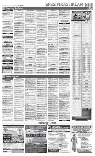 SPESIFIKASI IKLAN 15

MINGGU, 13 OKTOBER 2013

SURABAYA

ANTENA

AGEN

ANTENA TV Digital20CH+Psg90Rb Sedia
Brecket LCD,TdkBgs U Kmbl%70654448 Jump

SERVICE TOSHIBA, MERK LAIN
TV Kulkas MsnCuci 8793809 / 33311978

ANTENA TV Fokus 20 Chanel Rp.85rb+Psg
Garansi Uang Kembali Hub:71186612

HALIM SERVICE %5673655 - 71968559 AHLI
TV Sgl Merk Kerja diTempat Garansi

FOTOCOPI/LICHTDURK

PERMATA TEKNIK Servic,AC,Kulkas,M.Cuci,
Pompa (Grsi) %71893407 -085851259789

PASANG IKLAN Surya, Kompas, Jawa Pos
Hub:0812 3067 6433 Sda/Sby
000973

“KENZIE” Anda Mau Pasang Iklan? Hub:
Petemon Barat 22 % 70235999/085630
70541
000987

Mau PASANG IKLAN ?
%031-7877390 -70771654 SBY/SDA

003656

DCR 6.AGEN BAJU ANAK Brg Br,Dr Pabrik
Hrg Mulai 5Rb Bs Retur%089676971439

005304

Pasang Iklan SURYA, Jawa Pos
SBY%031-31028168 /081333240093

005408

AC/KULKAS

SERVICE/REPARASI
004438

004980

CANON NP6551 iR4570 iR6570 iR5000/
6000 iR6020:JagirSidomukti IX/39% 70077
444
003807

IR3/4570 6570=20jt 5075,5/6000 Toner 70rb
KdungSari73 %72824008/085232333 797
004706

DICARI Laptop/Komputer Baru/Bekas/ Ru
sak Dibeli Tunai%71386663 -081230 385 768
000498

Terima Harga Tinggi!Laptop-iPad BG JUNC
TION L2/C42-43%81658899/082 13937 8000

AER TEHNIK.Service AC, KULKAS, DISPEN
SER,M.CUCI. Cuci 30,Freon50, Bongkar/Pasang100 %03171581280-081252929980

Dcr Laptop/Komputer Normal/Rusak/Mati
Ok Diambil %082333678969 /03177995558

CV.TOP Svc Ac Kulkas,M Cuci.Cuci30 Freon 50
Bkr/Psg100 JB AC Bks%71777784-72040303

005280

005244

003282

SERVICE PANGGILAN Virus -Install -CPU
-Printer -LCD -LAN- Warnet %70444333

RUPA-RUPA ELEKTRONIK
Cari Laptop PS3 PS2 PSP NDS X360 LCDCam
Apple %08563010001 /70555955

SURABAYA

005109

MIXER SAMIC 8 Canel Amplifayer Kenwood
Subwoper Hub:%081231024875/5671719

BANK
BUTUH DANA .. . . . . . . .. . .. . . . . . 1X25 . . .
. . . . ..

005243

ELEKTRONIK DICARI
CARI RUSAK/BAIK TV LCD PS2 M.Cuci
Kulkas AcFrezer DLL%70071063/0821888
44002
003219

ANUGRAH Cari TV,PS,Dll Harga Tinggi %
031-31455060,083831290655,082230250898

004821

004201

003932

004235

SURYA SERVICE%3712078/70279288 Ahli
Ac/Kulkas,M.Cuci, W.Hiter,Fax,Tv,P.Air, Dispn
ser, P.Bola Krjkan DitmptGaransi
005257

SPECIALIS KOMPOS GAS Sgl Merk Rinnai
Electroluc,Ariston Hitachi%60467988

ANTAR JEMPUT

BERSAMA BOSSVENTURE . . . . . . . . . . . . .1X25
. . . . . .. .

001246

004735

ANDA BUTUH SOPIR HARIAN?Sy siap dlm/
luar kotajasa umum lainnya087855081132
004600

BAHAN BANGUNAN
CUCI GUDANG . . . . . .MM . . . . . . . . . . . .1X25
... ..

PUTRA BEBAS Mampet Ahli Saluran Air/
WC Dll Tanpa Bongkar,Atasi WC Cpt Penuh
Tnp Kuras%70429763/71407713 Garansi
001424

SEDOT WC SURYA JAYA
Rngkt%8686405 ; Krtjya%71279025

002348

JAYA KARANG EMPAT %5922404 Penjaringan Sari %8782440 Tenggilis %88621795
003292

004256

MALANG

SUMBER REJEKI SEDOT WC BUNTU MAMPET
Spj %7875368 ; Demak-Kenjeran % 71989983
003643

BANK
KEDIT MACET . . . . . . .MMM . . . . . . . . . .. .1X25
.......

“RAJA MAMPET” Atasi Slrn Air,WC,KM,Dll
yg tersumbat dg CEPATT%70971181/58206
777/08123123421/40015661
004291

CV.MITRA SEDOT WC %8791356 /8712042
24jam Hari Minggu/Besar Buka/ada Diskon

004372

SEMAR TEHNIK Atasi SaluranAir,WC,KM,N
gurasKolam,Sumur,T.Air.Yg trsmbt dgCpt tnp
Bhnkimia%70877745-082337446414
004825

004670

SURABAYA
ADM-KEUANGAN
Dicari Admin Hutang Piutang, penga
laman,jujur.lam: Raden Saleh 4F Sby
004953

DCR ADMIN GUDANG SMA Sdrjt Disiplin
Lmr:Rungkut Menanggal Harapan K-30
005013

MARKETING-SALES

JITU AHLI SALURAN Air WCMampetSedot
WC Tnp Bongkar-Kimia%71628003-71777759

005259

003674

GAYA PLAFON SPSIALIS ACP SEVEN
AlucladkusenAlmini.Bongkar rngka atpKayu Gnti dgRngkGlvalum%77606975081615842009
004098

MITRA BANGUN Psng Rngka Galvm,Plfon
Solusi RenovRmh Hemt Biaya%08233419
4884
004373

BANK
BTH DANA CPT BPKB Mobil/Mtr,SHM Bisa
Takeover PastiACC %087855310600 MU6/59

000999

DANA SEGAR Jamin BPKB Sertifikat. %
71000729/7885046.BPR INTAN KITA.Ketegan 7
001125

DANA CPT BPKB MBL/MTR ML’86,SHM Bng
1%nan Rungkt59.PrssCpt%72522520/ 70730 664

WWW.HOMEINDUSTRI.NET MemisahPlst
ikKrtasDiRmhHsl Jutaan/Bln BhnKrjGratis
+LayanAntarAmbilGrtis%7674988/085257
1699690 Bukit Bambe AN-16 Gsk

003134

003449

BTH PENGEMUDI SIM-A/B 2,5jt/Bln Ke:
Jl.Rungkut Tengah 76 Sby%0856 4973 4734

DICARI PEMBANTU U/ KANTOR; Ruko Taman Gapura (GWALK) L/2 Citraland %7416118

Dcr Srbtn Bengkel L Max35th Jl.Mayjen 32
PASURUAN%082141714683

BUTUH Segera Sales Consumer Goods
UsiaMin.25Th Kend Sdri Lgs Interview MengantiGogor 20 Wiyung 77377338/34377328

000505

000491

Dcr Penjahit BajuPesta,Pengantin Dom.sby
selatan%70266622/88222266 exc.V/21
000632

DICARI SEGERA Telemarketing, Rungkut
Megah Raya M-7.%78300007
000899

BTH PRT WNT Tidur Dalam Gji 1,6-2,5Jt
Andy%081331100355 KetintangBaru 16/21

001149

Dcr TEKNISI KULKAS,AC,M CuciOprtor
Telp.Dukuh Setro 2/1A(CV.TOP) %71777784
001123

CARI SOPIR TRUCK Trailer Utk Dalam Kota
 Pelabuhan Hub:Perak Timur 402 Sby

001158

Karyawati Bank Gp,UangHadir,Kmsi,Bonu
sJl.Rgkut Mejoyo 2/23 Ayu%085258092425
001529

003439

004144

EkoPnsS2 CrJodoh SiapNikah Dokter S1Pns
S1Sarjn 20-27KurusPutih082338529184

004241

004246

DCR ACCOUNTING Wnt S1 Lam Krm/DtgLsg: Raya Wedi Pergud.Sinar Gedangan F5
SDA
004240

CR ADMIN,Peg srbtn,sopir B1,krmLam Ry Ked
Baruk160,GrahaSantoso D16%8781055

004238

DCR Tukang Jahit Wanita Unt Modef
Hub:81872767 Kupang Praupan 1/10

004234

004232

004198

DICARI Pembantu Rumah Tangga (PRT)
Hub: 08981564059, Jl.Brk 105, Surabaya

004193

Kryti DTC PlgSore,Lam:TokoAneka B.Dol LDA
B/K 616 DpnStasiunWnkrmo%71140915
004205

DIKLAT D.GRAFIS 5BLN LSG KRJ U/PRUSAHAAN DPT DIANGSUR ADA MES U/LUAR
KOTA FSILITAS OK %03191893181/081233
844279
004519

LES PRIVAT SD SMP SMU
Hub:P.Budi %031-71190269

005282

MAKANAN-MINUMAN
Nutrisi u.Trn/Naik BB Kshtn Pncrnaan,Jntg,
Ank,Ibu Hml  Mnysui%081332762294

004269

MASAKAN KHAS MADURA “Ayam Adun”
Pesan %08123156918 Buka:09-16 Jl.Ahmad
Jais 8A
004304

MESIN GILING TEBU+Tenda+Meja Komplit
Siap Pakai 3,5jt Hub: 085730632300
004257

JUAL BU MESIN Sabot Kelapa (Mesin
Giling,Ayak,Pres) Ex.China %031-7000 1899

004325

005342

KERJASAMA
PAKET USAHA ES KRIM Kemasan Mini
Cone Modal / Kemasan Hanya Rp.400 Info:
www.minicornelo.blogspot.com
001327

004260

TKNG LAS Pagar Pengalaman  Kuli Las
Srabutan.Jojoran 3 No.183.%03171726654

004273

004299

004266

Vacancy utk kpl.pesiar Eropa/USA all po
sition open.call.HEC Jl.P.Sudirman63 Batu @
081233060923/081805150800

004277

CR KHSUS WNT,T.BORDIR Hrian70rb,
Payet Hrian30rb,Pnjait hls+Ptng borongn%
77770929
004283

DCR 200 PRIA/WNT PENERIMA TELPON
FREELAND BONUS 10-50Jt Jl.Tenggilis Utara
19.t.8414895
004278

Dcr TkLas,Kernet u/pgr,tralis,kanopi Hub
Dk Pakis 57B%5685210/087852449419.
004279

DCR KASIR P/W,Receptionist,Bartender,Op
erator Tlpn,NA.Tunjungan 102-104 Sby
004275

004316

004308

004333

DCR TUKANG JAHIT Wnt Tk.Gunting Tk.
Payet/Sum  Llsn SMK H:Jemursari 8/4 Sby
004330

DCR Lk2 Pgrmn Brg Wnt Bag Gdg H:Ruko
Ngagel Jaya Indah Blok A6-7 KoreaMotor
004329

DCR ORANG Yg Kost(Pasutri) Penjaga
Kos2an (Istri Tdk Krj) %71408460/08585514
6000
004306

Cr TEKHNISI AC Stand/Casset 5PK 1.5-2Jt
KdgTrCC5 (031)78080513/083832493115
004334

SEGERA!! Sopir Sim.B1 Pengalaman Min.
SMP Lamaran:Tanjungsari Mas 4 Surabaya
004336

**PERCETAKAN BUTUH SERABUTAN
Min SMK Max.30th Lam: Ngagel Mulyo 28 Sura baya
004386

DIBTHKAN:SALES,P/W,25Th Sim C SMA;
SOPIR P 35Th Sim B SMA Kirim ke:Komp Pergd
Tanrise South Gate B-47 Gedangan Sda % 031
8912237
004354

004397

005216

***** DJUAL PRABOTAN RUMAH *****
Mau Pindahan.hub.081217780241/031.72549867
005154

MALANG
AC/KULKAS
BERKAH JAYASrviceJlBeliACMbl/Rmh,Klkas
M.Cuci DRYER%0341-5334555/5430345

004017

KOMPUTER
DICARI** LCD** LED** LAPTOP** PS2**
BB**TV** H:08885443336 / Pin BB 314CF4A4
004217

RUPA-RUPA ELEKTRONIK
JUAL BELI/TkrTambah TV,Kulkas,Msn Cuci
Dll.Beli TV Rsk%8104567/081233774567

MURAH 14 MEJA Bilyard Batu Lei Bola Keci
@1,5Jt (Diluar Kota)%081234082279

SERVICE SPESIALIST Kamera Digital  Handycam Segala Merk Bergaransi%9600075

JUAL DETERJEN Parfum Spesial Laundry
Hub: hari dukuh1 %703 01649 Siap Kirim

SERVICE/REPARASI

004574

004020

004940

004646

005042

Pertmsatu2nya BNS YG AKN HEBOHKN
DUNIA hsl 2M+ARS+RWD:RMH %08785500
2828
004709

SERVICE AC-Kulkas-M.Cuci Garansi 1Tahun
Hub:Sinar Jaya %7716797/9729847

004725

ARSITEK

TRIMA TT SHOFA Lama Dgn SofaBaru Wis ma
LidahKulon ZA/1A Ita%77331560-7534154

ARCHITECTURE DESIGNBUILD RMH
Ruko Cafe Resto Hotel,Vila,Kantor,PabrikIn
trior Furniture%0341-405091

SEMINAR PELUANG Bisnis Prsh Group
Trnama d Ind,Serius H:085785762009 Gratis

BANK

005132

005044

JUAL KERETA KELINCI Harga:13jt nego
Hub:031-83232243/0857.7166.9983
J.ORGAN YMH Electone,Lampu Antik,Meja
Jati,Ukiran,Kamera dll H:08123126612

005014

DJL CPT Sangat Murah Bahan Baku Plas
tik+Kertas%031-71302855/08133075 5620
004898

PEMBERITAHUAN
HILANG STNK+KUNCI a/n:Raisa Hapsari
W-1732-PE PurisuryaJy A1/6 SDA% 8914 298

001669

menerima KHITAN/SUNAT bs dikrjkan
dirmh+prwtan s/d sembuh hub: 031-72371 930

DIBUKA MEMBER LAUNDRY Dapatkan Diskon/Komisi 25%+10% Hub:031-83641022

004920

INVESTASI

FOREX MODAL 25jt Bagi Hasil 50% Dari
Profit Hub:08561900428 Petemon 4/139F

004209

SDN HYUNDAI Siap U/DiBranding PrdkApapun%087852525019/0341-819051
P.Handoko

004752

HEWAN PIARAAN

(www.omahtrading.com) OnlineTrading
Forex/Silver/CDF/Emas Mulai 250rb,Nginden
BaruI/9(Jam 10-15.00)%082139639000

004258

JUAL MESIN Bending Horison BQ-440 4
Mata Th’2010 Hub:0838 5656 3883

SMOOKEY GROOMING Salon Melayani Man
di Anjing Kucing Panggilan %081 333077670
004928

004076

005049

MESIN/ALAT BERAT

005059

DCR TEKNISI SrbtnADMIN.Sim C Non
Pglmn; Rungkut Mapan Barat 7/AF24%
70922 680

ADM GUDANG,Wnt,Pny Motor SIM C Pengalaman Lls SMU/D3 Krm: Jl.Kenjeran 545-A

TRM KRS RambutDasar,Terampil,Mahir Dpt
Sertifikat/Ijazah(Murah) 03171444171

HLG STNK SUPRA-X’11 l-5208-wy aN.sITI
kHOIMAH+ktp kOTA jEMBER aN.nOVI rAHMAWATI hUB:087853164456

DCR SOPIR Bisa Serabutan SIM A+C Bs.Mtr
Roda 3.Pglmn Krm:Kenjeran 545-A,Sby

004226

DCR SRABUTAN Sim A mengerti SBY L
max35th Jl.mawar 75 PASURUAN 0856465
39436

002453

BIRO JODOH

DBTHKN Banyak PENJAHIT Konveksi Penga
laman Borongan+Bonus Hub:%71575557 Sby

004158

Tkg PolesMbl CuciMbl,VariasiMbl,Sopir,Sls
BhnBgnan,Admin Cewek,JEMURSARI 65

002391

005262

DCR KRYWN Lk2 SIM A+C ±28th Srbtn +Ass
Baker Bs Roti,Rkt Tgh 5A/23%81900440

Prwt Pasien,BayiBlt Pglm-2th U/dlm
L.Jw Gj1.5-3jt%085655289661 Ngindn2/62

**KRYWN TOKO-GAJI MENARIK**
Wnt,SMA,Single Max24th,Penam Menarik
Toko Aksesoris Petra Jl.Kapasan 153 Sby

Beli Laptop Partai/Ecern1-700Jt/hr Hrg
Plg Tinggi JlDiponegoro 227%70046889

DCR KARYAWATI TOKO Hitech-Mall Jl. Ku
suma Bangsa Lt.Dasar B42 H%0858526 80225

DCR Sales Oli+Sparepart,pria max.30th,
kndr sndr, Rungkut Madya 47 Sby

001912

KRD LAPTOP Lgs Cair Uang Tunai (Tnp
Jaminan) Jl.Diponegoro 227%081333338847

Prsh Brkmbng Bth Mkt,Coll,Krir Lam Rkt
Megah Ry/B-39,Intv Lgs Kerja,Bktikn!

Dcr Guru SD Intrvw Tgl 16-18 Okt,Pk.10.00
Di Bendul Merisi Besar Tmr No 95A
001363

005096

Bakery  Food Cari Sales Usia max 35th
SMA. Hubungi: 03170091069 Rungkut 4.

DICARI Tukang Plafon /Kayu/AluminiumHub:Jl.Baliwerti 113 HP:0817338200
004405

BTH DANA jamin BPKB mtr prses cpt,lsg
cair,rgkut kidul industri1A T34239793

DCR:ESTIMATOR,PELAKSANA SIPIL;MEP;
AC;Plksana Baja,Drafter,SopirB1#Lmrn Ke:
Gading 2/36 Sby;Email:hrd333@yahoo.com
DICARI SOPIR Trailer SIM B2 Umum Pengalaman Lmr Kirim Jl.Kalianak 51-Y

RAGAM LOWONGAN

003972

002838

JUAL CPT!10Bj New Sony Faio Pro13=7,5jt +
Faio Duo13=9jt Segel/Grs%79655767

003360

DANA LGSG CAIR! Proses Cepat Ang Rngn
,Jam. BPKB Mtr/Mbl  Srtfkt. 08993642858
/77244870

CRWNTTLMRKTINGGaji1.250+BNS+Insentiv
%087852716111 NO SMS Sidotopo Wetan4/78

BUTUH SALESMAN Pria Siap Luar Kota
Lamaran Kirim Ke PT.IRAWAN DJAJA AGUNG
Jl.Kalimati Tengah No 4 Sby T:3525469

004361

003358

DCR Krywn Marketing/Freeland Pria Jujur
Ulet Krm Lam:Jl.Sedati Agung 20 Sda

002823

002852

Jual BahanBaku Plastik HomeIndustri Berbgai Jenis%085655107146/081231072598

PENDAFT Baru KULIAH 2 Smstr
Jur: Informatika  Grafis-Web, Teknisi Laptop
 Komp “P2B Unitomo” %031-5937187/
085730232492-081330603900

004407

BTH Penjahit Halusan Hub Rumah Busana EBI.Jl.Gadung Dpn RSAL T;081330453922

002829

PERLENGKAPAN RUMAH

DICARI Mebel Bekas,Lemari Jati,Bufet,
Meja,Bed Set,Dll Hub:70598304 /5462619

004083

004708

CATERING

Cr Cpt Bd Daya Kroto Drmh Tnp PohonHslPanen Dbeli 085607571386/081232354172

004911

KURSUS

paswsta bali,7+8des pagi@350rb htl.ac.tick
guide.5Xmkn aqua sms085646770789

WWW.GALAXIWEDDING.COM Prasmanan
17rb, Paket Nikah Lengkap 15Jt%031-77110027

001773

Djl Rombong  Prlgkpan jl mrtabak trg bln
kmplit 03177586295 , 081330045404

004785

004263

MTravel Sby -Malang -Wajak -KepanjenDampit Hub: 031-7733 8327

MELAYANI BOR: SUMUR,Stros,Arde,Tan
don,Bus beton AGUS %81232107/0821 311
32269

Anda pny modal,bingung menentukan
usaha? %081249242600/085855982000
Citra FjrGolf AT2000 E2159 Sda

001864

***MERCURY PLASTIC***
DCR TEKNISI Mesin Inject,DESIGN Mould/Matras 3D,TEKNISI Listrik (Arus LemahKuat),
ADMIN,Prod (Wnt,Kerja Shift) Lam: Pergud.
Margomulyo Permai Q-4A, Sby
002532

001119

PASANG ATAP GALVALUM,Plafon,Almini,
Bangun/Renov Rmh %72365636-08573299
2020

005260

SEDOT WC

004711

DICARI PERABOT JATI Bekas,Lemari,Krs
Roda,Etalase %03170738448/081703955668

Nutrisi no1 didunia utk RegnerasiSel/stamina/utk naik/trun bb %087860249888

BIRO JASA

BALIK NAMA  PISAH ASET Tanah-Rumah Mu
dahAman Kab.Sidoarjo sms=08970 786648

Mdl150rb.Home IndstriPlstik Hsl300-3jt/bl
 Trsdia msnRol TrmingOtomatis kupas
Plstikkrts HsilPstibsr.prumKahuripan CA
15/6Sda %087700968999-081333362379

MAPS Tour  Travel Melayani Tiket Pesawat, Dijamin Murah! Hub: 087854767421

004391

RUPA-RUPA

DIBUKA PELUANG USH,Prospekif,Prtm Di
SBY,Ush Barbershop/Potong Rmbut Pria, 55jt
Trm Hasil Perbulan,%081326045771

GADAI BPKBSHM Bunga-+1% Bs TakeOver.
Pucang Anom Tmr42C %5019368 - 70415325

001188

004798

004977

“KHANZA HASS” DESAIN/PENGERJAAN:
Rmh,Ruko,Kos2an,Furniture dll 081233122
992

BTH DANA CPT 2-100Jt Jmn BPKB,SHM/HGB
Kedungdoro 167-B %70257328/70915868

“JASA EKP”%70888306/0818611320- Ij2
Ush ,Pspor Api Nik IuiTdi ImbHo Merk PMA/DN
Migas Dpkes Alkes Klinik Apotik Siujk Siujpt

004228

DPTKAN BANTUANDana Dr Prog CV.BKJ
Krm NamaAlmtLkp%085729797550 Kliurng
Km8

005083

002452

004934

BAGI UNTUNG Home industri plastik
+Kertas,open+bhn baku H:Ds klopo 10 rt4
rw1 sukodono sda%77437910 -77680379

Pengobatan Vitiligo(BelangPutih) JKertajaya 7F/28 Sby%5037346 /081553199220

ARSITEK

A/J Anak SKLH  Pegawai Khusus Wil Sby
Barat Hub: 03172980797
.

INVESTASI

003469

2

PENGOBATAN

PELUANG ORIFLAME Gbg 49.900 bs Dikerjakan OnlineOffline.Hub: 082139137614.

005306

KOMPUTER

001071

004822

003169

Memisah PlstikKrtas DiRmh HslJT’an/
blnBahanKerjaGratis+Layan AntarAmbil Gratis!085257169969 BukitBambe AN-16Gsk

004891

004890

MOHON PEMILIK RUKO Gunung Anyar Jaya
41 Harap Hub: 081330143833 PENTING

003764

PROSES CPT Jaminan BpkbShm Bisa To
Hub:03417641032 Jl.Tlogomas No.14

004640

MAKANAN-MINUMAN
ANDHIKA PERMEN Apel,Jeruk,Melon 204
Rb/Dos (24Btl.150Gr) Bs Krm,Sblh Kiri Polsek
Pakisaji %7709404
005058

PEMBERITAHUAN
KEHILANGAN BPKB SUZUKI JIMNY TH84
NOPOL (AG 1430 L)%0341-9119086
005305

RUPA-RUPA
GRATIS JADIKAN Handphone Anda Mesin PencetakUang PeluangMotor Gratis%
422952
004520

EMGANIK PupukCair Organik 15rb/Ltr Dptkn
diToko2Pertanian.Hub:%081230880099

Obat LANCAR HAID 100% resmi POM TI
054519404 aman. Dijamin!! %08563554
168.

HILANG STNK BEAT’12 L-4731-HC an Purnomo Jl.Kebraon V/23B Hub:081330688743

DJL STAN Seafood PKL Kd Doro.Pralatan Lkp
Tinggal Pakai.%081553818449 NEGO

AGEN PERJALANAN

HLG SRT TNH Petok D No.600, Lt2680m2,
an.Tianom Warugunung Karangpilang Sby

SALON/BRIDAL

005269

005331

005379

Hlg Srt Tnh PetokD no.479,Lt2.300m2,
an.Sai P Tirah Bulu WarugnngKrgplg Sby

005397

PENJERNIH AIR

005054

005294

005412

004985

MAPS Tour  Travel.Travel Mlg-Sby, Menerima Paket Malang-Sby.%081703705234.
004265

PAKET HEMAT Rias Manten di Rumah/Gedung Mulai 20jt T:72088655/082131983838
005337

AGEN PERJALANAN

PERLENGKAPAN RUMAH
WALL PAPER.. Wall Paper Mulai 25Rb/m2
%0341-7305678/085329098058/pin 27797499
003722

TKS GROUP Peralatan Air Minum isi Ulang 
AMDK Hub:ITC Lt.LG50-51%71701280

TRAVEL/CHARTER/DROP
SidoarjoSurabaya-Pamekasan PP %03177589748 /
081216589759

RUPA-RUPA

AQUAFIL Spc FilterAir RO AMDK,DEPO Am
Lkp+Tandon 10Jt%081235395616-77754751

MAPS Tour  Travel Melayani Travel SubMlg Antar/Jmput Bandara%087854767421

JUAL SENGON Umur 1Thn Luas 3Ha ±9Rb Pohon Cuma 250Jt Hgg7Thn%0341- 7011804

DCR TKG JAHIT  TNG HARIAN Pergudangan Margomulyo Permai Blok 32C/4 7060
9828

DCR TEHNISIBEKLEED JOK MBL Max 36Th,
Kerja Keras,Jujur,Ulet,Pglm/Tdk,Gaji,Uang Harian,
Bonus;Jl.Kepanjen 20-22Sby

DCR KRYWAN GUDANGSOPIR max32th SMA
sdrjt u/toko,PutroAgungWetan58B%71121897

CARI SPG untuk ITC Mega Grosir max SMP/
SMK Single,max 25th Hub:78360816

BTH SGR SALESMAN Obat.Dtmpkn DiJatim,
Motor Sdr.Krm Lmr:Kendangsari L-11,Sby

CARI ADMIN bs Komputer,Srbtn + Sopir
Pglmn,Punya SKCK Hub:Petemon Timur 41

DCR SOPR(BI),KERNET,KARY PROSC. DA PT.
TWIN,JL.HR.MUHAMMAD-SBY %031-7321528

DCR PENJAHIT yg TetapFree Line TK dTempatkan d Daerah Kebraon%081230385209

DCR PENJAHIT Bs Obras/Dek
Utk Lebak Rejo 2/39 %77293770

DCR SPG u/ CITO Wnt/Lk u/ Serabutan Opr
H:0817759539/081332274719 BCF B/11

EKSPEDISI LAUT Butuh Staf Operasi, Pria,
SIM C + Motor, Min SMU/K, Kirim CV Ke PT
INTER MITRA TRANSINDO, Western Regency
C/24, Sememi, Surabaya Barat

001237

004178

004363

004367

004369

004370

004380

Japanese Mobile Resto CrKrywn Pria,Max
25JjrSupel,MauBljar WigunaTimur XI/24

004392

DCR ADMIN WNT Bisa Komputer ,OB Ada
kendaran CV:Ngagel Madya 11 Surabaya

004401

Perush Property Bth ADM/Mkt min-SMA
SIM-C.kirim CV lkp: Jl.Bogowonto 31 Sby
004399

DCR PENJAHIT Pglm Usia 25-40Th Wnt/
Pria H:Sisylia %08993630606 Kpg Ind12/36
004406

CR SGR Tk.Cetak Msn Besty Doubel Folio
Toko820 Pglm%5679002/71231212 Sg3/18

004254

004262

004433

004437

LAWANG

003752

004589

DICARI KARYAWAN BAG GUDANG SOPIR
u/Toko max32th Dtg Lsg Pucang Anom 71 Sby
004588

DCR SGR SPV,Tukang Masak,Kasir,SPG Hub:
Royal Plaza LT.3 O2/33 %81508883
004561

004571

DCR TELEMARKETING Usia + Pend Bebas,
Karang Empat 10/33 Hub: 081703397047

004504

DCR SOPIR Colt Diesel B1 Umum Sby-Jkt
Lam Lsg: Manyar Tirtoasri I/33

004584

004436

DIBTHKAN Pria/Wnt Max 25Th, Kend
Send, Min SMP. Lam Ke Klampis Jaya 27F

004457

DICARI ADM, Min SMU, Bisa Comp, Ketik Cpt
10 Jari. Jl.Rempelas 8 Sby
004460

DICARI KURIR Wil:1.A Yani. 2.Kapasan.
3.Waru. 4.Sidoarjo. JL Rempelas 8 Sby

004464

DIBUTUHKAN SEGERA PENJAHIT Halusan, Serabutan, Max 25Th. Kirim Ke Raya
Margorejo Indah A 504, Tlp%8494092

004572

DCR P/W Utk Cleaner di Griya Rejo Hub:
AZMI % 082141773138

004579

BTH CPT SECURITYP/W168/158Cm SMA,
Max35th.pglmn tdkDiut,Lsg Jetis Wetan 2/18

004567

DIBTHKAN SGR;1.SPV SECURITY,PRIA,Usia
30 s/d45th,Min.SMA/SDRJT,BERPGLMN DIBID. PE
NGAMANAN Min.5th 2.SPV CLEANING, PRIA, Min
SMA/SDRJT,BERPGLM DIBIDANGNYA Min3th 3.
SECURITY,PRIA,SMA/SDRJT, BB TB PROPOSIONAL
4.CLEANING SERVICE OB,PRIA, Min SMP, Max26th
Lmr Lsg ke Jl. Mulyorejo Tengah No.22Sby
004447

DCR KAPSTER Wanita Pengalaman Tidur
Dlm Jl.Sidosermo 5 No.18-A%081703753128

DCR TEKNISI MSN INJEK PLASTIK, SRABUTAN LAKI2 RY.DUNGUS LOR%7879600 /
91784544

U/DCR SALES P/W MinSMU Sdrjt.krm CV:
Jl.Kertajaya 21 Sby,Jl.Gajahmada 129SDA

KEDAI MAKANAN Cr Pria Pny.Mtr+SIM C
Lam:jl.Rungkut Mapan Barat V/BE-11 Sby

DCR OPERATOR Mesin Cetak Oliver 272
Hub:Jl.Lebak Indah Utara No.58 Sby

DCR TENAGA SERABUTAN Laki2 Min SMA
Lam: Jemur Andayani 50/B-20 SBY

BTH KURIRMRKETING Gj Pokok+Kms+U.
Mkn +Tunjangan Prestasi;KarangRejoSawah 41

DCR TENAGA WANITA Utk jaga toko/servis mbl,min SMA Lam Lsg: jl.Kenjeran 183

CV.PASIVIC BTHKaryJujurUpah3Jt/BlnHub:
Mr.Wong PakuwonIndh%082125267888

DICARI SOPIR Dump Truck Hub:PT.EKA PS
Jl.Kalianak Barat 55-A %7492363

CR MRKTG/SALES Sim.C Kend.Sdr Max40Th
Gj+Kms+Ins Mnrk Lam Jl.Sikatan45A Sby

DCR DRIVER Pribadi Pimpinan Bogasari
MinSMA Max40Th Bpglmn Bw Mercy/Matic SopanJujur.Lam Krm:Bogasari Jl.Nilam
Timur 16 Sby/Fax:031-3291843 Up.B.Sulis

SOPIR TRAILERSimB2Umum,%08123272427
/Kirim Lamaran:Raya Driyorejo 90 Gresik

004431

004495

DICARI SEGERA Admin Lamaran Langsung;
Ruko Pengampon Square G-18%71787717

CR ASSAPOTEKERWntU/ApotikSemolowaru
Lam:Semolowaru Sel XI/2%085731212309

004482

004611

DIBTHKAN U/Kntr Notaris/PPAT A.Wnt Min.
SMA/S1 Pglm±2Th B.Kurir,Laki2 Max30th
Blm Nikah,Pny KndrSdri Jl.Polisi Istimewa 1B
Sby Lam Krm Sen-Jum JamKrj

OPERATOR DIGITAL PRINTING, SOPIR,
SRABUTAN Lam Jl.Ngagel 29 Sby

KARYAWATI WANITA Utk OpenCounter Di
P.AtumEastcoast Shift SMA%031-81808122

DCR PEGAWAI SRABUTAN Laki2 Max.35Th
Lam CITRA GROUP Jl.Tembaan Tgh Blok A29

DCR MEKANIK AC+Kelistrikan Khusus Mobil yg Pengalaman Lam Jl.Kawi 11 Sby

DCR ADMIN GUDANG Wnt25-35 SLTA Lam
Krm ke Ngagel Jaya Selatan RMI Blok L-20

DCR SOPIR Brg, Pglmn, Sim B1, Max 40th,
Hub: Karang Asem 12-A no.51 Sby

Dcr Tkg Pola  Tkg jahit,baru lulus, hub:
081235558800 Rgkh 6/8

DCR KASIR Wnt Single Kend.Sdr Max25Th
JjrMnrk,SMA Lam Ry Darmo Permai 3 Ruko
Plasa Segi 8 Blok A818 Depan SCTV

004408

DIBUTUHKAN SOPIR Sim A,B1,B1 Umum
Lam Kalianak Madya 3/23 GJ UMR+Uang Makan
004410

DCR KURIR Kirim Beras SimC,20-30th,Pny
Mtr,tau jln.srius:DhsdMas97%78427609
004428

DCR SGR : Ahli Tk Las Pagar+Peg Serabutan.
Rk Villa BukitMas RM 28 %70712999
004452

DCR SGR MARKETING  Tk Roti Keliling.Lmr
Ke Jemursari Utara 2/36 Jam 8-12.
004443

CR SALES,Sopir Lk2 Max35Th Pglm Lkota
DomSby%77140563-3536539 Smut Megah
C12
004414

004487

004435

004527

004496

004456

004472

004497

004547

004490

004532

004560

004583

004449

004556

004562

004576

004644

004648

004651

004653

004656

LIHAT HAL 16

 