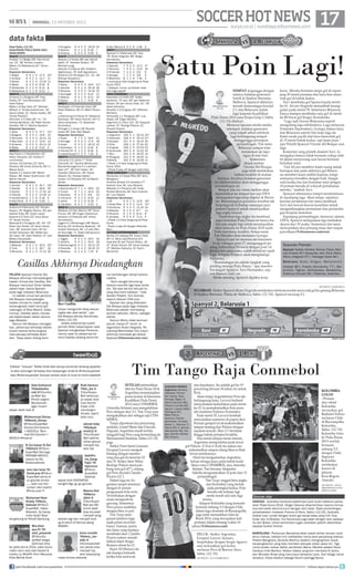 18

SOCCER HOT NEWS 17

|

MINGGU,MINGGU, 13 OKTOBER 2013
13 OKTOBER 2013

surya.co.id | surabaya.tribunnews.com

data fakta
Hasil Sabtu (12/10)
KUALIFIKASI PIALA DUNIA 2014
ZONA EROPA
Grup A
Kroasia 1-2 Belgia (83’ Niko Kranjcar; 15’, 38’ Romelu Lukaku)
Wales 1-0 Makedonia (67’ Simon
Church)
Klasemen Sementara
1 Belgia
9 8 1 0 17-3 25*
2 Kroasia
9 5 2 2 12-7 17
3 Serbia
9 3 2 4 13-10 11
4 Wales
9 3 0 6 8-19 9
5 Skotlandia 9 2 2 5 6-12 8
6 Makedonia 9 2 1 6 6-11 7
GRUP B
Armenia 2-1 Bulgaria (45’ Aras
Özbiliz, 87’ Yura Movsisyan; 60’
Ivelin Popov)
Malta 1-4 Rep Ceko (47’ Michael
Mifsud; 3’ Tomás Hubschman, 33’
David Lafata, 51’ Václav Kadlec, 90’
Tomas Pekhart)
Denmark 2-2 Italia (45’ +1’, 79’
Nicklas Bendtner; 28’ Pablo Daniel
Osvaldo, 90’+1’ Alberto Aquilani)
Klasemen Sementara
1 Italia
9 6 3 0 17-7 21*
2 Bulgaria
9 3 4 2 14-8 13
3 Denmark 9 3 4 2 10-11 13
4 Rep Ceko 9 3 3 3 12-9 12
5 Armenia
9 4 0 5 10-11 12
6 Malta
9 1 0 8 5-22 3
GRUP C
Kep Faroe 1-1 Kazakhstan (41’
Hallur Hansson; 55’ Andrey Finonchenko)
Jerman 3-0 Irlandia (12’ Sami
Khedira, 58’ Andre Schürrle, 90’+1’
Mesut Oezil)
Swedia 2-1 Austria (56’ Martin
Olsson, 86’ Zlatan Ibrahimovic; 29’
Martin Harnik)
Klasemen Sementara
1 Jerman
9 8 1 0 31-7 25*
2 Swedia
9 6 2 1 16-9 20
3 Austria
9 4 2 3 17-10 14
4 Irlandia
9 3 2 4 13-16 11
5 Kazakhstan 9 1 2 6 5-18 5
6 Kep Faroe 9 0 1 8 4-26 1
Grup D
Andorra 0-4 Romania (42’ Claudiu
Keseru, 53’ Bogdan Stancu, 63’-pen
Gabriel Torje, 85’ Costin Lazar)
Estonia 0-2 Turki (22’ Umut Bulut,
47’ Burak Yilmaz)
Belanda 8-1 Hungaria (16’, 44’, 53’
Robin Van Persie, 25’ Kevin Strootman, 38’ Jeremain Lens, 65’-bd
Szilárd Devecseri, 86’ Rafael Van
der Vaart, 90’ Arjen Robben; 47’-pen
Balázs Dzsudzsák)
Klasemen Sementara
1 Belanda
9 8 1 0 32-5 25*
2 Turki
9 5 1 3 16-7 16
3 Romania 9 5 1 3 17-12 16

4 Hungaria 9 4 2 3 19-20 14
5 Estonia
9 2 1 6 6-18 7
6 Andorra
9 0 0 9 0-28 0
Grup E
Albania 1-2 Swiss (89’-pen Hamdi
Salihi; 47’ Xherdan Shaqiri, 78’
Michael Lang)
Islandia 2-0 Siprus (60’ Kolbeinn
Sigthorsson, 76’ Gyl Sigurdsson)
Slovenia 3-0 Norwegia (13’, 14’, 49’
Milivoje Novakovic)
Klasemen Sementara
1 Swiss
9 6 3 0 16-6 21*
2 Islandia
9 5 1 3 16-14 16
3 Slovenia
9 5 0 4 14-10 15
4 Norwegia 9 3 2 4 9-12 11
5 Albania
9 3 1 5 9-11 10
6 Siprus
9 1 1 7 4-15 4
GRUP F
Azerbaijan 2-0 Irlandia Utara (58’
Rufat Dadasov, 90’+5’ Mahir Shukurov)
Luksemburg 0-4 Rusia (9’ Aleksandr
Samedov, 39’ Viktor Faizulin, 45’+2’
Denis Glushakov, 73’ Alexander
Kerzhakov)
Portugal 1-1 Israel (28’ Ricardo
Costa; 85’ Eden Ben Basat)
Klasemen Sementara
1 Rusia
9 7 0 2 19-4 21
2 Portugal
9 5 3 1 17-9 18
3 Israel
9 3 4 2 18-13 13
4 Azerbaijan 9 1 5 3 6-10 8
5 Irlandia Utr 9 1 3 5 8-16 6
6 Luksemburg 9 1 3 5 7-23 6
GRUP G
Lithuania 2-0 Latvia (7’ Fedor
Chernykh, 67’ Saulius Mikoliunas)
Bosnia-Herzegovina 4-1 Liechtenstein (27’, 39’ Edin Dzeko, 34’
Zvjezdan Misimovic, 38’ Vedad
Ibisevic; 61’ Nicolas Hasler)
Yunani 1-0 Slovakia (44’-bd Martin
Skrtel)
Klasemen Sementara
1 Bosnia-Herz 9 7 1 1 29-6 22
2 Yunani
9 7 1 1 10-4 22
3 Slovakia
9 3 3 3 9-8
12
4 Lithuania 9 3 2 4 9-10 11
5 Latvia
9 2 1 6 8-18 7
6 L’tenstein 9 0 2 7 4-23 2
GRUP H
Moldova 3-0 San Marino (55’ Viorel
Frunza, 59’, 89’ Eugen Sidorenco)
Ukraina 1-0 Polandia (64’ Andriy
Yarmolenko)
Inggris 4-1 Montenegro (48’ Wayne
Rooney, 62’-bd Branko Boskovic, 78’
Andros Townsend, 90’ +3’-pen Daniel Sturridge; 71’ Dejan Damjanovic)
Klasemen Sementara
1 Inggris
9 5 4 0 29-4 19
2 Ukraina
9 5 3 1 20-4 18
3 Montenegro 9 4 3 2 16-12 15
4 Polandia
9 3 4 2 18-10 13
5 Moldova
9 2 2 5 7-15 8

6 San Marino 9 0 0 9 1-46 0
GRUP I
Spanyol 2-1 Belarusia (61’ Xavi,
78’ Alvaro Negredo; 89’ Sergei
Kornilenko)
Klasemen Sementara
1 Spanyol
7 5 2 0 12-3 17
2 Perancis
7 4 2 1 12-6 14
3 Finlandia 7 2 3 2 5-6
9
4 Georgia
7 1 2 4 3-8
5
5 Belarusia 8 1 1 6 7-16 4
-) Juara grup lolos langsung ke Piala
Dunia 2014
-) Delapan runner up terbaik melakoni laga playoff
ZONA CONMEBOL
Kolombia 3-3 Chile (69’ Teólo
Gutiérrez, 75’-pen, 84’-pen Radamel
Falcao; 19’-pen Arturo Vidal, 22’, 29’
Alexis Sánchez)
Ekuador 1-0 Uruguay (30’ Jefferson
Montero)
Venezuela 1-1 Paraguay (82’ Luis
Seijas; 28’ Edgar Benítez)
Argentina 3-1 Peru (23’, 35’ Ezequiel
Lavezzi, 47’ Rodrigo Palacio; 21’
Claudio Pizarro)
Klasemen Sementara
1 Argentina 15 9 5 1 33-12 32*
2 Kolombia 15 8 3 4 25-12 27*
3 Ekuador
15 7 4 4 19-14 25
4 Chile
15 8 1 6 27-24 25
5 Uruguay
15 6 4 5 22-23 22
6 Venezuela 16 5 5 6 14-20 20
7 Peru
15 4 2 9 16-25 14
8 Paraguay 15 3 3 9 16-29 12
9 Bolivia
15 2 5 8 16-29 11
-) Posisi 1-4 lolos langsung ke Piala
Dunia 2014
-) Posisi 5 play-off dengan wakil Asia
ZONA CONCACAF
Honduras 1-0 Kosta Rika (65’ Jerry
Bengtson)
Amerika Serikat 2-0 Jamaika (77’
Graham Zusi, 81’ Jozy Altidore)
Meksiko 2-1 Panama (40’ Oribe
Peralta Morones, 85’ Raúl Jiménez;
81’ Luis Tejada)
Klasemen Sementara
1 AS
9 6 1 2 12-6 19*
2 Kosta Rika 9 4 3 2 11-6 15*
3 Honduras 9 4 2 3 11-10 14
4 Meksiko
9 2 5 2 6-7
11
5 Panama
9 1 5 3 8-11 8
6 Jamaika
9 0 4 5 3-11 4
-) Posisi 1-3 lolos langsung ke Piala
Dunia
- Posisi 4 play-off dengan Selandia
Baru
UJI COBA INTERNASIONAL
Serbia 2-0 Jepang (59’ Dusan Tadic,
90’+1’ Milos Jojic)Perancis 6-0
Australia (8’-pen Franck Ribéry, 16’,
27’ Olivier Giroud, 29’ Yohan Cabaye,
47’ Mathieu Debuchy, 51’ Karim
Benzema)

SPANYOL 2 VS 1 BELARUSIA
ELARUS A

Satu Poin Lagi!
SEMPAT terganggu dengan
adanya ledakan generator
listrik di Stadion Iberostar,
Mallorca, Spanyol akhirnya
meraih kemenangan krusial
2-1 atas Belarusia dalam
laga lanjutan Kualifikasi
Piala Dunia 2014 zona Eropa Grup I, Sabtu
(12/10) dinihari.
Menurut laporan media-media
setempat, ledakan generator
yang terjadi sehari sebelum
laga berlangsung sempat
mengganggu persiapan
pertandingan. Tim tamu
Belarusia sempat telat
melakukan uji lapangan di sore hari.
Sementara
skuad asuhan
Vicente Del Bosque
juga telah melakukan
latihan terakhir di malam
harinya. Awalnya ledakan generator
itu dikhawatirkan akan mengganggu
pertandingan ini.
Sempat ada isu venue stadion akan
dipindahkan ke tempat lain tapi FIFA
menegaskan laga tetap digelar di Iberostar. Beruntungnya peristiwa tersebut tak
berpengaruh terhadap semangat para
pemain Spanyol untuk mendapatkan
tiga angka krusial.
Tambahan tiga angka itu membuat
juara bertahan Piala Dunia ini hanya butuh satu angka lagi untuk mendapatkan
tiket otomatis ke Piala Dunia 2014 nanti.
Pada matchday terakhir, Selasa nanti,
Tim Matador akan menjamu Georgia.
Spanyol saat ini memuncaki klasemen
Grup I dengan poin 17, mengungguli pesaing terberatnya Perancis dengan poin 14.
Kedua tim sama-sama sudah melakoni tujuh
laga. Adapun Perancis akan menghadapi
Finlandia.
“Kemenangan ini adalah langkah yang
penting menuju Piala Dunia,” ujar maestro
lini tengah Spanyol, Xavi Hernandez, seperti dilansir Goal.com.
Meski menang, Spanyol dipaksa kerja

Casillas Akhirnya Dicadangkan
PELATIH Spanyol Vicente Del
Bosque akhirnya mencadangkan
kapten timnya Iker Casillas. Del
Bosque menunjuk Victor Valdes
sebab kiper utama Spanyol
pada laga melawan Belarusia.
Ini adalah untuk kali pertama
Del Bosque mencadangan
kapten timnya itu meski yang
bersangkutan telah lama jadi
cadangan di Real Madrid. Sebelumnya, Casillas selalu mendapat kepercayaan dalam semua
laga Matador.
Namun Del Bosque menegaskan, pilihannya terhadap Valdes
bukan karena berkurangnya
rasa percaya terhadap Saint
Iker. “Saya selalu bilang kami

Iker Casillas

SKYSPORTS

hanya mengambil sikap sesuai
logika dan akal sehat,” ujar
Del Bosque dikutip Soccerway,
Sabtu (12/10)
Valdes sebenarnya sudah
pernah diberi kepercayaan saat
Spanyol menghadapi Perancis,
namun saat itu alasannya karena Casillas sedang benar-be-

nar berhalangan tampil karena
cedera.
“Kami sangat beruntung
karena memiliki tiga kiper andalan. Tak ada hal lain kecuali itu
yang bisa kami katakan,” kata
Asisten Pelatih, Toni Grande,
seperti dilansir CNN.com.
Kejutan lain yang dilakukan
Del Bosque pada laga melawan
Belarusia adalah memasang
pemain debutan, Michu, sebagai
starter.
Namun Michu tidak bermain
penuh, hanya 57 menit. Ia
digantikan Alvaro Negredo. Penyerang Manchester City inipun
akhirnya mencetak gol kedua
Spanyol.(Tribunnews.com/cen)

keras. Mereka bermain tanpa gol di sepanjang 45 menit pertama dan baru bisa mencetak gol di babak kedua.
Xavi membuka gol Spanyol pada menit
ke-61. Alvaro Negredo menambah keunggulan pada menit 78. Sementara Belarusia
hanya mampu membalas satu gol di menit
ke-89 lewat gol Sergey Kornilenko.
“Laga tadi (lawan Belarusia) seperti
mengulang laga sebelumnya. Laga melawan
Finlandia (September), Georgia (tahun lalu),
dan Belarusia seperti foto kopi laga ini.
Kami susah payah dan baru mencetak gol
di 15 menit babak kedua, tapi kami puas,”
ujar Pelatih Spanyol Vicente del Bosque usai
laga.
Komentar sang pelatih diamini Xavi. Ia
mengakui timnya tidak bermain cukup efektif dalam menyerang saat lawan bermain
bertahan total.
“Gol Alvaro memberi kami ruang untuk
bernapas dan pada akhirnya gol Belarusia memberi kami sedikit kejutan, tetapi
semuanya berakhir dengan baik. Sangat
sulit ketika tim lain bertahan total dengan
10 pemain berada di wilayah pertahanan
mereka,” tambah Xavi.
Spanyol sebenarnya tampil mendominasi
di sepanjang laga. Akan tetapi, rapatnya
barisan pertahanan tim tamu membuat
Xavi dan kawan-kawan kesulitan untuk
mengembangkan permainan dan pertandingan berjalan monoton.
Sepanjang pertandingan, menurut catatan
UEFA, Spanyol melepaskan tiga tembakan
akurat dari 10 usaha. Sementara tim tamu
menciptakan dua peluang emas dari empat
percobaan.(Tribunnews.com/cen)

Susunan Pemain
Spanyol: Valdes; Arbeloa, Ramos, Pique, Monreal (Iniesta 45’); Busquets, Xavi, Silva; Pedro,
Michu (Negredo 57’), Fabregas (Koke 84’)
Belarusia: Gutor, Dragun, Martynovich
(Kislyak 80’), Putsila (Kornilenko 77’), Balanovich, Tigorev, Verkhautsou, Bardachou,
Rodionov (Krivets 56’), Filipenka, Kalachev

AFP PHOTO/ JAIME REINA

SELEBRASI - Striker Spanyol Alvaro Negredo melakukan selebrasi setelah mencetak gol ke gawang Belarusia
di Stadion Iberostar, Palma de Mallorca, Sabtu (12/10). Spanyol menang 2-1.

ARGENTINA 3 VS 1 PERU
U
Tuliskan “kicauan” Twitter Anda baik berupa komentar tentang sepakbola atau dukungan terhadap klub kesayangan anda ke #tribunsuperball
atau @tribunsuperball. Kicauan terbaik akan di muat di rubrik tweetball
Rudi Hartono
?@dx_dia @
TribunSuperBall seharusnya sepak bola
indo beroreintasi untk
membngun
dinasti, sperti
kata mou.

Dedi Dulhamid
?@dedidulhamid @TribunSuperBall Ayo
Persib segera
Beubeunah ,
agar musim
depan lebih baik #
MUHammad DImas
?@Muhdi_Dimas
@TribunSuperBall
Giroud-Ozil-Cazorla
= GODZILA. Monreal-Ozil-Cazorla =
MOZILA #Arsenal
Si Zul bukan Si Dul
?@SiZul2 @TribunSuperBall Semoga
PERSIBA BANTUL
masuk ke ISL.
#salamjebreet
tomi dwi laras ?@
TomiLaras @TribunSuperBall storia di
un grande amore
,,,,, saat nya hancurkan real madrid
#forza juve !!!
Muhamad Nizar
Khaliq ?@Nizar_
Gakusei @TribunSuperBall Haloo
Bobotoh, Sy Harap
Indra Syafri Bisa
bergabung ke Persib Bandung
Mrs.Chelsea FC ?@
alief_prasandi
@TribunSuperBall belgia
akhirnya lolos
ke piala dunia 2014, piala dunia
makin seru kalo ada hazard 
lukaku (y) #ktbffh from Meuraxa,
Kota Banda Aceh

alkindi boby
?@bobyalkindi12 @
TribunSuperBall optimis
olivier giroud
menjadi top
skor bpl
GalihPutra_SangFajar ?@
fajarxzxzz
@TribunSuperBall
Saatnya
sepak bola INDONESIA
bangkit.#go go go garuda.
Martua Doli
?@MartuaDoli @
TribunSuperBall ayo MU
kmuh pasti
bisa berubah
menjadi yang
terbaik lagi dan menjadi klub
yg di takuti di Semua ajang
#GGMU
bimo ronaldo
?@bimo_ronaldo @
tribunsuperball
van persie bisa
menjadi top
skor sepanjang
masa timnas belanda

join facebook.com/suryaonline

Tim Tango Raja Conmebol
SETELAH memastikan
tiket ke Piala Dunia 2014,
Argentina memantapkan
posisi teratas di klasemen
Kualikasi Piala Dunia
2014 zona CONMEBOL
(Amerika Selatan) usai mengalahkan
Peru dengan skor 3-1. Tim Tango pun
mengukuhkan diri sebagai raja CONMEBOL.
Tanpa diperkuat dua penyerang
andalan, Lionel Messi dan Gonzalo
Higuain, Argentina masih terlalu
tangguh bagi Peru yang bertandang ke
Monumental Stadium, Sabtu (12/10)
pagi.
Striker Paris Saint-Germain
Ezequiel Lavezzi menjadi
bintang dengan memborong dua gol di menit ke-23
dan 35. Striker Inter Milan
Rodrigo Palacio menyumbang satu gol (47’), sedang
gol Peru dicetak Claudio
Pizarro (21’).
Dalam laga ini Argentina tampil dominan
dengan 61 persen
penguasaan bola serta
18 tembakan dengan
enam mengarah ke
gawang. Sementara
Peru punya sembilan
dengan lima on goal.
Tim Tango menguasai jalannya laga
sejak peluit awal berbunyi. Namun, justru
tim tamu yang mampu
membuka skor. Claudio
Pizarro sukses menaklukkan kiper Sergio
Romero menit ke-21.
Kiper AS Monaco itu
tak mampu berkutik
ketika bola melewati

atas kepalanya. Itu adalah gol ke-19
penyerang berusia 34 tahun itu untuk
Peru.
Akan tetapi, kegembiraan Peru tak
berlangsung lama. Lavezzi berhasil
menyamakan kedudukan pada menit
ke-23. Ia memaksimalkan bola muntah sundulan Federico Fernandez.
Pada menit 35, Lavezzi kembali
mencatatkan namanya di papan skor.
Pemain gempal ini memaksimalkan
umpan matang dari Palacio dengan
sepakan terarah. Skor 2-1 bertahan
hingga babak pertama berakhir.
Dua menit selepas turun minum,
Argentina memperlebar jarak lewat
gol Palacio. Si Kuncir Kuda itu sukses memaksimalkan umpan silang Marcos Rojo
lewat sontekannya.
Hasil ini mengantarkan Argentina
keluar sebagai juara pada babak kualikasi zona CONMEBOL atau Amerika
Selatan. Tim besutan Alejandro
Sabella mengumpulkan 32 poin dari 15
pertandingan.
Tim Tango unggul lima angka
dari Kolombia yang duduk
pada peringkat kedua. Poin
mereka tak terkejar lagi
meski masih ada satu laga
tersisa.
Adapun Kolombia yang kemarin
bermain imbang 3-3 dengan Chile
dalam laga dramatis di Barranquilla,
juga telah memastikan lolos ke
Brasil 2014, yang merupakan kali
pertama dalam rentang waktu 16
tahun.(Tribunnews.com)

SUSUNAN PEMAIN
Argentina: Romero;
Zabaleta, Fernandez, Garay, Rojo;
Banega, Biglia, Di
Maria (Somoza 90);
Palacio (Lamela 80),
Aguero, Lavezzi (Maxi
Rodriguez 87).
Peru: Penny;
Aparicio, Duarte,
Gambetta, Hurtado,
Ballon; L. Ramirez (Y.
Reyna 84), E. Gomez
(Benavente 46), Vargas, Carrillo (Vilchez
69); Pizarro.

PELUK - Striker Argentina,
Ezequiel Lavezzi (kanan),
berpelukan dengan Sergio Aguero
usai melesakkan gol kedua
melawan Peru di Buenos Aires,
Sabtu (12/10).
AFP PHOTO / JUAN MABROMATA

KOLOMBIA
LOLOS
- Pemain
dan oﬁsial
Kolombia
merarakan gol
Radamel Falcao
melawan Chile
di Barranquilla,
Kolombia,
Sabtu (12/10).
Kolombia lolos
ke Piala Dunia
2014 setelah
bermain
imbang 3-3
dengan Chile.
Suporter
Kolombia
melakukan
konvoi di
jalanan
Kota Bogota
(bawah).
AFP PHOTO / EITAN
ABRAMOVICH/GUILLERMO LEGARIA

Soccer star
OSIECKS - Australia memecat pelatihnya tujuh bulan sebelum perhelatan Piala Dunia 2014. Holger Osiecks diberhentikan karena timnya
dua kali kalah berturut-turut dengan skor telak. Pada pertandingan
persahabatan melawan Prancis di Paris, Sabtu (12/10), Australia
disikat tuan rumah dengan enam gol tanpa balas alias 0-6. Dua
bulan lalu di Brasilia, The Socceroos juga kalah dengan skor sebesar
itu dari Brasil. Untuk sementara tugas caretaker pelatih diserahkan
kepada Aurelio Vidmar.
BARCELONA - Perburuan Barcelona akan sosok striker Januari nanti
terus meluas, bahkan kini melibatkan nama para penyerang veteran.
Pelatih Blaugrana, Gerardo Martino diyakini menginginkan sosok
berpengalaman yang bisa memberi dampak instan pada tim. Tiga
nama sudah masuk daftar pembelian Barca. Mereka adalah Oscar
Cardozo milik Benca, Nelson Valdez yang kini membela Al Jazira,
dan Miroslav Klose yang merumput bersama Lazio. Dari ketiga nama
tersebut, Klose disebut sebagai favorit petinggi Barca.
follow @portalsurya

 