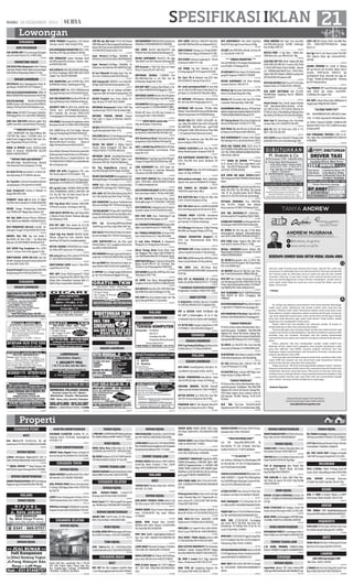 SPESIFIKASI IKLAN 21

RABU, 18 DESEMBER 2013

SOPIR PRIBADI Pengalaman, Utk Daerah
Sutorejo. Lam Ke: Teluk Sampit 28 Sby

SURABAYA

025062

ADM-KEUANGAN
SGR ADMIN WNT D1 bs komp,jjr,teliti,pglm
min1th.Lebak Permai 2/21.36011666
025283

MARKETING-SALES
SGR SALES Bhn Bangunan  Alat2 Tukang
Siap Kerja Mandiri Minus Pglmn Income Bagus
Hub: Mutiara Margomulyo Indah B-15 Sby
025285

DCR KARYAWAN SERABUTAN SIM C, SLTA,
Usia Max.25Th Dtg Lsg: Baliwerti 108 Sby

025150

DCR PENGASUH Taman Penitipan Anak
minSMU,maks35th.jl.Tamasa 16waru Sdarjo087853651945
025152

DCR SOPIR B1 MAU KRJ SERABUTAN/Bongkar Muat. Pergdngan SAVE AND LOCK S1853
Lingkar Tmr Sda 03170624648
025153

RAGAM LOWONGAN
AUSTRALIA Kerja Dipengepakan Buah Biaya Ringan 0838 0672 6273 Bolevar 9

021434

DCR SALES BAHAN BANGUNAN, SOPIR, TE
NAGA SERABUTAN, Raya Jemursari No.65 Sby
021461

DCR:PELAKSANA PROYEK,ESTIMATOR,
ADMIN, Drafter CAD,Teknisi Listrik,SOPIR B1,
Gading 2/36Sby;Email:hrd333@yahoo.com

021764

Dbth Calon SECURITY Pnempatn SbySktr,
UMR.NgagelTirto 4/15 Sby085730060266

021779

ADM Wnt SMK/SMU bsKompt pglmn Pny
SpdMtr max30th Lam Ry.Kutisari Utara 48-C
022085

DCR SRABUTAN Laki2 SD/SMP Max 25Th
Gj:50Rb/Hari Hub;JL. Gemblongan 63 Sby
025157

AKUNTAN WNT Max 30Th SMK(Akutansi)
Dtg Lgsg:Embong Cerme 43A (Daerah Kayun)
025170

Dcr Koki/Tk Pot,Spv,Waiter/s u/ Resto Chinese RyGubeng 30 T.5038595 ada mes
023361

Dcr Tng Wnt u/ jhit krah kaosobrashrian
,simolawang br 5/36 sby0313714560
023458

Sopir Dumptruck Tronton Jl Sidodadi 12
Bangil 085330511801
023515

PENJAHIT Cover Jok Bs Jrum 1/2 Brgan
/Set70rb+Bns PurimasE3-24 082226001058
023749

DICARI Tenaga Produksi;Tng Serabutan
Lam”PRIMA ADV”Ngagel Jaya Selatan 102
023826

Bth Byk ADM,U/kntor.P/W.min SMA/max
35th. GN224.sms BIODATA 085852810552
024249

BTH PENGEMUDI SIM-A/B 2,5jt/Bln Ke:
Jl.Rungkut Tengah 76 Sby0856 4973 4734
024384

NEMPEL TALI TEH. Tiap Hari Ambil 5
Box/350rb (50 Box=3,5Jt) + Tnj Blnan.Dtg
Bubutan 22G,SMS:MONICA 083854447228
024868

DCR SOPIR+Tng Serabutan Pria ±25Th
Sim A-C, SrtLam+Foto+KSK: Jagalan 31 Sby
024908

DIBUTUHKAN, SOPIR SIM A/B, Gaji 2,5jt
Per/bln. Datang Lansung Tes ke:Jl.Lakarsantri
20 Hub: 0857 3166 7703
024914

Krywti U/stand ChickenCrispy Max30th SMA
Dtmpkn Royal,PTC70071616 DPU17/24
024952

SURABAYA

025174

SPG MEBEL Diutamakan Pengalaman untuk
Ramayana Gresik 01 CEPAT081230300188
025175

025176

CR SGR u/ jaga StanFoodcourt Royal Plasa,
Wanita,SMA,max27.Lam:Stan
Hause-se
didpn RicheeseFactory08123105535
Kerja DiRmh Memisah Plastik Hsl Jutaan/Bln
(BukanJualanProduk/BukanCari2Member/
BukanSebar2Brosur) CukupKerjaDirmh Saja
7674988/085257169969 Prum.BukitBambe
AN-16 Driyorejo-Gsk
025181

SOPIR SIM A/B1 Pengalaman 2Th. Lam:
Vila Taman Gapura F1/18 Citraland - Sby

025182

DCR Sopir SimB1 Serabutn Jl Pagesangan
Agung Baru A-8085231517326/8292492

025216

GFI. Lgs Krj. Low : GUDANG, PROD (W,SMP/
SMU), PENGIRIMAN, SOPIR (L,SMP/SMU, SIM
C/A, Pny Mtr Sdr). Ke Ruko Grand City Regency A8. Jl.Rungkut Madya-Sby
025228

DCR Tng Kerja Pria Tamatan SMA/SMK/
STM Kirim Lamaran : Jl.Indrapura 36A Sby
025236

CARI SALES UNTUK Tas. Gaji+Uang Maka
n+Bensin+Pulsa+Komisi. Bintang Diponggo
855 (Belakang TVRI)
025239

BTH PRT WNT Tidur Dalam Gji 1,6-2,5Jt
Andy 081331100355 KetintangBaru 16/21
025251

1)Staf Gdg Pria Max35 MinSMU BsSdktMdarin 2)SopirTruk Srbtn SimA/B1 :Ruko
WestPoint 23E DpnPrm.SambikerepIndah
025257

BUTUH SEGERA! OPERATOR,Fresh Graduate ,Motor,SIM C.Jemursari 14 Surabaya .
025258

Bth scrty p/l max 25th u Jatim H PT KS klin
4 T: 085748424109/081291844044.
025259

DIBUTUHKAN SOPIR Sim.A+C Max.30Th.
Lam:Jl.Ploso 45-47 Sby
025262

HRD AMS Group Bth:Karyawan/Ti U/Staf
Kantor:21 Orang,Pend Min.SMU/K Max.27Th
Jl.Raya Waru Komp.Ruko Gateway Blok E-1
SDA!! CP:Nur Cholis0853 4009 6622
025263

RAGAM LOWONGAN
PT KS . . . . . . . . . .
........

. . . . . . . . . .1X25

Lipat Kertas1jt-2jt/Mggu AlatBhn Dr
KtrBu2tan 22G Hub/Sms OVI 083857021925
025273

Di Cari Mekanik Moulding Kayu Dan Admin.Lam : Jl.Babat Jerawat No.45 Benowo

025274

DCR Tukang CAT+DEMPUL+Las+Poles MObil Pglm GjBsr:Ry.Dukuh Kupang Barat 147

025275

ADMIN+Sopir SIM B1 BsMatic+SATPAM+
TugasLuar GjBsr:Ry Dukuh Kupang Barat 147
025276

DBTHKAN Karyawan/i Cheker ADM Dtg
Lsg Barata Jaya-16D Lt2 Sby Up Andre/Udin

025171

025178

023287

025272

SECURITY SMU 20-30Th Pria 166/60 Wnt
156/46 Lmrn ke:PT.MANGGALA.Jl.Kerinci
No.3 Sawahan Sby Sen-Jum 08.00-10.00
Traininglgsg krj Penempatan Sbysktrny

KERJA di RUMAH komisi 350rb/hr,alat
bahan dr kantor,JL RY.BUBUTAN 22G,SMS
NADIA:083831480377
**KRYWN TOKO-GAJI MENARIK**
Wnt,SMA,Single Max24th,Penam Menarik
Toko Aksesoris Petra Jl.Kapasan 153 Sby

Lipat Kertas1jt-2jt/Mggu AlatBhn Dr
KtrBu2tan 22G H/Sms Ratna 083854484976

DICARI Penjahit Gaun Pesta ,Bridal, Kebaya. Kutisari-IV 087-8525-84848

DCR ADMIN,Tknsi AC,T.Cat+Helper BwLam
DtgLsg Jl Pandegiling183081330454552

022625

025269

DCR TNG SRABUTAN Pria Max25Th Min SD
Dtg Lsg:Embong Creme 43A(Daerah Kayun)

***MERCURY PLASTIC***
CARI T.WORKSHOP (Bs Bubut,Milling Dll),
T.SETTER Msn Inject, T.LISTRIK (Arus Lemah Kuat) Sanggup Masuk Shift Lam: Pergud. Margomulyo Permai Q-44,Sby
022534

LBB Bth Sgr Byk Guru TK-SD (All Mapel)
SMPSMA(mat Fis Kim) Geograﬁ B.Ind Ekonom
Akunt Dll W Sby Gresik Sda085707670004/0
3170404320 Jl.Dinoyo Alun2 1/14

LOW.DICARI KEPALA ADMIN . . .
.. . 1X25

025284

025279

DBTHKN TUKANG MASAK Chinese
Food Laki2 u/ Depot di Petemon Hub:03134648585
025295

DICARI OPERATOR Mesin Cetak,Adm Datang
Lsg Ke Karang Empat Timur I/75]

025296

DCR GURU SD Wnt S1 Mat Menguasai B.Ingg
Aktif Lmr Jl.Slamet 435311199 Sby

025297

DICARI TKG BUBUT  Milling Hub:CV
Sarana Sukses Jl.Anggrek 128 Waru Sda
08121766761-77337453-8543156

DCR KARYAWATI TOKO Max35Th,Carrefour Go
CiMall Sby Lt30818603961/03171663836

BTH SOPIR A/B1,Pria SMA/STM Max35th,
Wnt ADM SMA Max25th Lmr Kalianak Brt112
025483

024365

DCR SOPIR SimA/B Pglm,Max35Th Gaji
75Rb/Hr Hub:Toko Rejeki Jl.Gemblongan 63

DIBUTUHKAN Tukang Cuci Piring/SRABUTAN U/Restoran DtgLgs Jl.Pahlawan 91-93B

CR WNT min.SMP/SMA u/Bordir, Sartono SH
11, Erlys Bordir 354 120

DICARI KARYAWATI Max25Th Utk Jaga
Toko DiWTC Lmr WTC Phoenix Cell Ruang 468

025490

024430

DCR KURIR Lamaran Langsung ke : Perum
Gunung sari Indah VV-1 Sby

*** TENAGA SERABUTAN ***
Pria,SD/SMP,Min17Th,Disiplin,MauBekerjaK
eras,PO BOX 179 Malang 65101

025334

025338

025327

DCR Krywati u/ Toko Full Time Lmr Royal
Plaza Lt Ground A1/45 8271612

025341

DIBTHKAN SEGERA: 1.SATPAM, Pria
Min.SMA/Sdrjt,Usia 21 s/d 35th. Lmr Ke
Jl.Mulyorejo Tengah No.22 Sby

025493

LGS KERJA Tng Wnt Srabutan GJ 1,3Jt
Jl.Tulung Agung III/7 Drh Dupak5321040
025486

Dcr Guru TK  Wakasek max.35th Hub:
081235564292 Sutorejo Prima Slt h2 .

025343

025501

DCR KRY WNT Srabutan Bisa Masak u/ Depot d Bali 08883523659 Ngagel Jy 10/6

Dcr anak perempuan/laki2 dr luar kota
sda 16-20th SD,SMP. Kerja di Toko Rejo Jl. Gajah Mada 172 Sda 8921872 MknTdr diDlm

025375

DIBTHKAN ADMIN Wanita Bisa Komputer
Hub:081331792799 Jl.Raya Lebo KM 06 Sda
025369

DCR WANITA Bs BhsInggris Accounting PerumCitra garden C1/35SDA08885275880

025385

DICARI PRT Umur 20-35Th bisa Srabutan jl.
mustang 80 SDA  08123509811

025387

****** SOPIR SIM B1 untuk toko ******
Hub: Jln Kenjeran 75 Jam Kerja .
025390

DCR Pegawai Toko Penglman Domisili Rung
kut Hub031-60603959 No.SMS GPA C/43
025379

DCR Hairdreser/Kasir Sebanyak2nya Berpengalaman Hub:Jl.Walikota Mustajab 66
025394

025502

CR KRYWAN SMK/Diploma Teknik/Listrik
Mtr Sdri Utm SIM A Pengampon 83 LT.2
025489

DBTHKAN SGR Wan/Wati “UD.Tahu Wow
Melotot” Umur Max40Th.KrmLam KeToko:Seiko
Alba Jl.Pucang Anom 2270593928 NoSms
025510

DICARI BAG.STAF UMUM U/Pss:ADM ,Recep, Gdng Min.SMA/K Max.24Th U/Possi:OB
Min:SMP/SMA Max.20Th.Lam Lgs:PT.SDK
Jl.Margorejo Indah Ruko Jemursari Raya Blok
C-20 Samping Polsek Wonocolo (Gratis)
025515

DICARI Tng Serabutan Laki2 Min.SMA Lam
Jemur Andayani 50/B-20 Sby
025522

WNT u ADMIN Max32ThPRIA,STM Elektro/MultimediaSrbtn Lam:Sutorejo Prima
Indah PD 17/21

TEKNISI ELEKTRO/Listrik Usia Max.23Th
Belum Menikah Jemur Andayani 50/B-20

DBTHKAN SALES Area(Mlg,Pasuruan,Pa
ndaan)bag.Matras SMA/Sdrjt Pglmn Lam:
Jl.Kenjeran 485 Sby TulisPosisiYgDilamar.

DCR Waitres  Tng Dapur Lgs Intvw Menganti Gogor 20 Wyg082232250018 Hny SMS
025393

DCR KARYAWAN SERABUTAN Pria Min.
20Th, Min.SMA Krm: Jemur Andayani 50/
A36-39

Dcr Tkg AngkatBeras u/toko,jjr sbr
max30th.Indragiri 60/Kertajaya 34 jamKrj

CARI KARYAWATI Max 25Th Rajin Cerdas Bs Photoshop  Corel.Gaji Menarik,Jl.
S.Perintah 19,H:081340972861

DIBUTUHKAN Sopir Sim A/B1 Kendangsari
Lebar 133 Telp.70099834

025301

025398

025308

DICARI SALESKURIR Berpengalaman Lmr
:Bratang Binangun 39 Surabaya0315012349

025312

SOPIR Pglm L300 BsMatic,L.Kota,DomSby,
AdaBPKB Mtr.SanDiego M12-78,PkCtyLgna

025313

DCR ADM WNT,MinSMA,BsKomp,Max30Th
Lmr Tulis Tgn,Bw Lgs Ploso Timur 7/50 Sby
025391

DCR SRABUTAN Tng Kasar PchBelah.Dom
Sby.Lam SanDiego M12-78 PkwCity(Laguna)
025316

“EXTRA INCOME”P/Ftime INC5-8Jt/Bl PW,
KRYWAN/Ti,Mhswa/i,IRT,Parmds, Bidan, Pensiunan dll 087854667878/08155234005
025323

BTH Cpt Acconting,ADM,Kasir,Mrktg/
TeleMrktng Lam Plasa Segi 8 Blok C862 Sby
025318

DCR SALES PECAH BELAH.Pglm.Pria.DomSby.Lam SanDiego M12-78,Pkw City(Laguna)
025319

LIPAT KERTASTEH.Shari dpt 5box upah
350rb(100box=7jt)+uangBlnan.Bu2tn22G.
sms.ROSA 081934165416
025395

DCR MANDOR Borongan yg punya banyak armada hub=70161516-0816515501.siw120B
025328

Dcr cpt KOKIMskn ChineseFood u/dpot, bujang tdrDlm082231055144 kttgBrIIA/20
025315

025399

025537

025532

025433

025535

CARI STAFF WANITA.Tidur Dalam.Pengalaman PJTKI:Delta BE28,0818645730.Kirim
CV nabilacare@qmail.com

Koki,pelayan,manager Resto ikanbakar
Gjbesar Sms nama ke 083856674772 Ktg16

025429

DCR SUPERVISOR JAHIT,KURIR,D.GRAFIS,
Krm Lam:Prapen Indah F-43 Sby 8472685
025436

CR PRT WANITA Serabutan,Tidur dalam,
BratangBinangun I/3 5043608 / 70055455
025438

025546

DCR TEKNISI AC, KULKAS Hub:03170827595 Lebak Timur 9No.2
025539

DCR KAPSTER Wnt U/Salon Bs Tidur Dlm
H:031-3767815 Bulaksari 28 Sby
025548

DCR TEKNISI ACu/sbygrsk Lam CV SaranaSuryaAC al-iklas G151514220/51514221

DCR TNG WntSrabutan minSMA KendSDRI
SimC lam:Simpang Darmo Permai Utr XI/11

DCR STAF ADM, Kurir, Telemrktg,CV Lgs
interview Up:Arif Baratajaya no.16D

TUKANG KIRIM CATERING (Serabutan)
Max.25th Jujur Sepeda Motor Lamaran Tempel Sukorejo 1/53 (Pasar Kembang)

025439

025442

Dcr TUKANG POTONG KERTAS Pria max 35th.
Pglmn Lam:Lebak Permai 2/21 36011888

025492

Dcr TENAGA SERABUTAN, Pria max 35th.
Lam: Lebak Permai 2/21. Telp 36011888.
025508

Cr Laki Srbtn U/Pabrik Di Pelemwatu
Menganti Lam: Margomluyo Permai Q-2 .

025461

DiCari Tenaga Kirim Punya Motor SimC
Gaji Mingguan Mkn Dalam Hub:7674988 Perum. Bukit Bambe Blok.AN-16 Driyorejo-Gresik
025463

KONTRAKTOR Jasa Cr Tehnisi  TehnisiMtr
Pglmn Fas:GP+UM+UT Lk2 SLA/SimC Hub:
TmnParis rwu9 GedanganSda 8918255
025474

025547

025578

CR U/Design,Edit,Operator U/Dgtl Printing
MinSMK Lam Rungkut Madya 207A Sby
025579

TENAGA SERABUTAN (Angkat2) 2035Th. Lam: Dharmahusada Indah Timur
IX/20 Sby
025572

DBTHKAN SGR Tenaga Serabutan U/Perusahaan Expedisi Jl.Demak 67 Sby JamKerja
025591

DCR TNG ADMIN Wanita Min.SMP Max.35Th
Bawa Lam:Jl.Kalibokor 49 Sby JamKerja
025585

TKG KAYU Mahir HPL+Ejing Almini70566995/081330593889 JemursariSel
6/3A Sby

Cr KRYWN Cuci u/bngkl jjrpglmTdkDutmkn
gj+um+bns H:Banuwa jl.Ngagel131A sby

DCR ADMIN Wanita Min.SMK Max.25th Lam:
Tanjungsari 44/B-7 Sby

025333

025476

PT.SMJ . . . . . . . .
.......

. . . . . . . . . . 1X25

CR SOPIR Truk Mercy NonongFighter,M.
Sungkono 26 Grsk70329072  08815051801

BTH CPT 10 PENGEMUDI SIM A/B.Peng
hasiln s/d2,5jt/Bln082332337157 -71719935

DCR KRYWTI Usia Max25th SMP/SMA Pglm
Gaji 40Rb/Hari Hub:Gemblongan 63 Sby

**LOWONGAN PENGEMUDI BLUEBIRD**
Penghasilan 2.5jt/Bulan 0859 5455 4434

025478

.....

025587

025593

025598

025480

DCR ADM Wnt,Tng Srabutan,Sopir Lmr Dtg
Lgs Jl.Sulung 89 Blok D-21 Jam Kerja
025481

BABY SITTER
Cr BabySitter U/dlmL Sby Gj1,5-2,5jt/Bln
72385181/085645142751 Nginden2/62

021673

025445

LOW.TKW 5JT . . . . .
. . 1X25
023714

LOW.BUTUH CEPAT . . .
. .1X25

.. .. .. . ..

. . . . . . .. . . . .

MALANG

IBU WATI. Jl KetintangBaru 16 no 21 Sby.

RAGAM LOWONGAN

024557

GRATIS TKW . . . . .
.. . . . . . . .

PRT  SUSTER TANPA POTONGAN GAJI

. .. . . . . . . . . . .1X25. .

T;70044405-081331100355-085730098057

LOW PUNCAK MANDALA. . . . . . . . . . . . . . .1x25.
........

023160

DCR KARYWAN/Ti Toko Batik Smp/Sma
Max25Th Dtg Lsg:Jl.Sersan Harun 16 Mlg

024488

CR KRYWN/TI Hub: Depot 29 Jl.Ry.Randuagung 83 Singosari 458257/7782998
024405

DICARI KARYAWATI Utk Muse Beautiq.
Lamaran kirim ke : MOG GFS 79
024402

Dbthkan Sgr Karywan Toko Emas min.SMA.
Kirim CV ke:Bukit Dieng MA-4 Mlg
024398

Dbthkn CS u/Loundry Wnt max.25th Rajin
,Lavender, Maninjau Raya 138A SWJJ
024426

KESEMPATAN EMAS mjd guru TK/Paud ikuti
platihan Singkat.slesai dbantu dislrkan H:322297,
7795650,085815082070 H.Rusdi 3/179
024550

CR Tukang Kusen Pintu Kayu Brpglmn Gji
Harian Jl.Mulyodadi 2 H:081217717320

024582

DCR PEGW Kllg Roti,Mtr.sdr Gj+Komisi Bns
Jl.Patimura VI/34-Batu08179604241

024611

DCR KARYAWAN/Ti U/Depot Rmh Makan
Wil.Sawojajar Krm Lam:Danau Kerinci F3E19
024626

INTERVIEW LANGSUNG . . . . . . . . . . . . 1X25
... .......

025148

LOW.PT MAHAWANGSA . . . . . ..
. . .. 1X25

. . . . ..

RAGAM LOWONGAN
LOW.IBU AMEL . . . . . . .
.. . 1X25

024366

........

LOW.PERUS CONSUMER GOODS . . . . . . . . . . .
. . .. 1X25

PT HADENA IBU KENDEDES . . . . . . . . . . . .1X25
.......

LOW.PERUS NUTRISI . . . .
. . 1X25

.. . . . . . .

LOW IBU MEILAINA . . . . . . . . . . . . . . . .1X25.
.... .

LOW.SEMERBAK CITRA . . . . ..
. . 1X25

. .. . .

DICARI PENGIRIMAN,Sales,Admin Cepat
Hub:410500,Jl.Letjen Sutoyo 41D Malang
024135

MEKANIK BENGKEL Mbl,SMK Otomotif
,Pglmn min.2th.D.Paniai Utr C7 J40 7040676

024361

PENGMUDI SIM B1 Tdk Merokok Max35Th
Dtg Lsg:Istana Dieng Utara I26C,7-8Pagi

SURABAYA PUSAT

KANTOR DIKONTRAKKAN

KOST
kmr kos;lux;full furnish,tv,ac lok tgh
kota5mnit drTP0315319468/0315319408
025562

RUMAH DIJUAL
J.2Rmh Jl.Ketabang Magersari2/23 25 Lt
200m SHM.dkt WlkotaMstjb 081332440539
022558

** DIJUAL RUMAH ** Dekat Kampus UNAIR Di Jl.Kertajaya Hubungi:081615328088
025288

RUMAH DIKONTRAKKAN
DIKONTRAKAN RUMAH 3KMT Jl.Ketabang
Magersari Gg.2/9 Hub083 849 784 406
025606

TANAH DIJUAL

DSEWAKN R.KANTOR Andhika Plz Lt1,
Simpang Dukuh 38-40.Ada SmokingRoom
5314017-19

J.TNH KAV Ls300M JlnPav9M UdaUrug Kanan
Kiri AdaRmhSidosermoPDK 081217713344

025431

RUKO DIKONTRAKKAN
DIKONT Ruko Dupak Mutiara jl.Dupak 65
4Lantai fasLkp:Pln 6000W031-81818386
025382

RUMAH DIJUAL
DIJUAL RUMAH Pantai Mentari N-18 L :145m2
3Kt Hub:081.1372.738/081.7508.0483
025289

JUAL RUMAH SHGB,Taman Gunung Anyar
D-18,Hrg 225Jt Nego (B.Ika 031-70737710)
No SMS/TP

025518

. . . . . . . .. .

RMH Kost strategis 550jtNg Dkt suramadu.
Pnghuni Penuh081232942648/77297187
025596

SURABAYA SELATAN
RUMAH DIJUAL
025416

SIDOARJO

GREEN PARK RESIDEN . . . .. .
1X25

RUKO DIJUAL
DJUAL Ruha Baru Jl.Wonorejo Sel I A Rkt
Lb.64M2Kt,1Km8793797 -087854222062

RMH SEWA/JUAL Citraland Ls.10x20/Th 30Jt
Jual 3M 082161240536/081230242900
025336

J.RMH BARU Mnmls 5x10=165 Petok Jl.Mbl Bs
Msk PLN/PAM/Galv/GntngBeton Pdt Penduduk
BandarejoSememiBnwo031-71714642
025601

023100

DJL RUKO Kenjeran 5x15 4LT SHM Hub:03170700620/083831100616 TP+No.SMS

TEMPAT USAHA LAIN

DIKONTRAKKANTempatUsahaUkuran3x6m
Dekat UNAIR, Serius Hub: 081519572695

MALANG

024907

023324

KOST

RUMAH DIJUAL

TERIMA KOST Harian, Bulan Hub. (0341)
495 505 / 317 1818

JUAL RUMAH+TANAH Lt.8,6x27.70
Bratang Gede 99 Hub:081331026067
025282

Rmh S.huni27/27=90jt bunga0% lks ngares
rejo TAMAN sda72629063/087754229545
025551

RUMAH DIKONTRAKKAN
DIKONT PAV 7.5Jt/Th 24m2, KT, KM, Dapur,
PAM, PLN, Bs Mobil. 081382353801
022030

B.U JUAL RUKO SIP Belakangnya BCA Juanda 5x18M 3Lt Hanya 1,2M H:03133508899
025173

TOKO DIJUAL

024409

024638

RUMAH BARU Lokasi Kodya Malang Harga
100Jt-an HUb0341-7728811
024653

RMH DIJUAL Cpt Bu di Pusat Kota Kepanjen
Lt312 Shm 550jt Bs Kpr 5436805
J.PROPERTY UNGGULAN StrgsIstw diMLG
1)RUKO Jl.PasarBesar Ls380/600 Tgkt3, SHM.
2)RMH Jl.TangkubanPerahu Ls 500/400 SHM
3)RMH TIDAR Ls300/230 SHM 4)RUKO GajahMadaPlaza Ls50/100 HGB Hny Yg Srius Pengguna Lgsg/TP NoSMS 08983902165
RMH POJOK SWJR SHM LT154 LB170 4KT2KM 625JtNEGO9796509/082338046699
CPT BU
024815

023773

024828

PROMO AKHIR Tahun Pesona Wisnuwardhana T.45/98,60/99 Hrg mulai 300jtan
7769001

TIDAR BCT 2Rmh Baru Mnmlis Tp60/91 Seblhan Dkt Ub,Uin 7714334/081259312274

DIJUAL RMH Tengah Kota Lt/Lb357
8Kt3Km+Kost Drh Arjosari Lt/Lb230/460
5Kt Hub:Zelik 081333482949
024369

PRM MAS i11/5 Lwg(SbrgBkpoTelo)6x12
Dpn Tmn SHM 145Jt08175141900/085730
767644

024696

JUAL KOS(16Kt)+Rmh Induk(5Kt) Lt590
WjyKusuma 7026861/081331855263
024880

RMH JUAL Cpt Tngah Kt Shm 120m Full Kt3Km2 Carport Mbl Msk Bu 085708949641
024882

VILA BUKIT TIDAR (Hook) Jl.Poros SHM
LT:198 LB:80 Bisa KPR 08123219929

024453

024900

JUAL TokoSgtStrg 3Lt CckUshEmas/Elektronik Jl.Wonokromo 21 Sby081332650815

J.RMH BARU Minimalis Jl.Alpaka 72(Sulfat)
LT82 LB65 3KT 1KM Bs.KPR 7553628
RMH D.SENTANI Dkt Telkom Lt84 Full Bang.
Jemrn Atas 3Kt1Km Shm 081233738528

NEW CLUSTER UNIVERSITY,The Panorama
Residence Daerah Kampus,SHM,UM Ringan
Kota MLG8607933,5450077,081233922226

SURABAYA BARAT

......

025536

024404

KOST

Green Park Res, Launching Thp 3 T41,49
UM 10% R.Stok Dptkn Promo Disk Khs,
Bns Tandon,Pagar LokStrgs H:70894008,
79545589, 31338502, 83295662
023700

024408

KOS VIP Dkt Mjn Sungkono LkpPrbt+Nasi
+Cuci H:KupangJayaIndah Kav.997345699

025466

025580

RMH Jl.Sulfat Agung 6/6 LT99 FullBgnn
3KT 1KM SHM 395Jt081334799495/901
1011
024656

JAZZ RS 2012 AT Putih Istw 197Jt  771
8827 / 081 336 305 300

un. BsPart Time.Inc3-6Jt/Bln+120Rb/hr.SMS
Biodata0857.8122.7267.LENI(Personalia)
Jl.Sudarmo45B
025602

BTH SOPIR Kanvas Max45Th Mengerti Wil.
JatimSktr Krm Lmrn Lkp:Wiromargo 30B

DCR PENGAWAS PROYEKS1-SIPIL  LEGAL, Pglm, Max 30:KARANGPLOSO VIEW E10
7363685

RUMAH DIKONTRAKKAN

TANAH DIJUAL

DKONTRAKKAN RMH 9x20 Kmr4 Garasi,Jl.
Raya Tebo Sel.249 081803858417

BU,TANAH strategis,Pranti Juanda 8x15m
SHM perum085257958187-03171686023

TANAH DIJUAL

J CPT Kav Belakang Museum Empu Tantular
34256868-77908499-72896676

025451

025609

025457

024630

024613

PETUGAS PRODUKSI, Pria, SMK/SMA,
Usia 18-22Th, Disiplin, Mau Bekerja
Keras,Lamaran: PO BOX 179 Malang 65101

024800

BTH TNG EKSPEDISI,SIM C(DlmKota) :
Jl.Kemuning Kav B Sengkaling PlgLbt 18Des

024802

(F)ENGLISH TEACHER Can Manage Kids Fluent Target 081335057108 S.Hatta J438

024817

KE KOREA Bth 8rb Org Gaji 12-20jt Biaya
Keberangkatan Dipinjami Jl.WisnuWardhana
Kav7 No78 085785617586/082143168771
024722

BTH COOK Helper Pnglmn Min 6Bln Krm
Lmrn ke:Jl Dr.Sutomo 26 Kav C1-5 Mlg
024881

Dbthkn MANAGER/Teacher Bimbel Ahli
Mipa/English,Fulltime.Jl.LA.Sucipto 22/169
443665/08980068006
024891

CR KASIR/Recepsionis Wnt 21-30Th Min.
SMU Kend Sdr Bs Komputer Shif Siang Malam
Krm Lam Jl.Welirang 2
024928

CR DRIVER Paham Jln Mlg-Sby Lam Tirtajaya Travel Jl.Kalimantan 36Mlg366148
024930

BTH PRT Wnt Srabtan Diutamakan Bs Masak Utk Warung,Tdr Dlm 082230137123 Yg
Serius Saja,Jl.Simpang Borobudur 2/22 Blimbing Mlg(Wrg Mie Lumpur)Wrg Jackusyi
024937

DCR PLAKSANAKUALITI KONTROLDrafter
Pglm Min5Th Mx 40Th, C.Panggung 3AB
405091
025113

DCR PENSIUNAN/IbuRT Bkrj drRmh Pghsln
2-20Jt087777708206 Permata Jingga H17
025063

DCR MAHHSWA U/Partime2-4Jam,Wkt Flxbl XtrInc2-8Jt08563568525 PrmtJingga H17
025092

025192

CR SGR Marketing Wnt, Collector Pria SIM
C.Lam: MT.Haryono 171 D Mlg
025219

CR ASISTEN Baker Lulusan SMK Boga. Lam:
Letjen Sutoyo 118 Mlg 485 420

025206

*SANGAT MENDESAK*
PT.Artha Graha Sukma Membutuhkan Karyawan/Karyawati Pendidikan Min.SMA/SMK
Diploma S1 Untuk Staf Kantor Cabang Max.
35Th Bawa Segera Surat Lamaran Anda Ke
Jl.JA.Suprapto No.68D Malang 10.30-14.30
Terbatas
025207

DCR TNG Part-time Pkl.04.00-08.00
Pagi,Kend.sndri SIM C.Lam:Kalimantan 5Mlg

RUMAH SUBSIDI UM 10 juta / 800 rb Kodya,
Galvalum Hub: 081 7050 8228

JUAL:BUKIT CEMARA TIDAR uk8x15 full
4kt,2km,carport,SHM, 350jt 03134554757

024389

025453

.P/W 17-59Th,Smp,Smu/K-S2/Kuliah/Pensi-

WALK INTERVIEW Tng Sls Exlv dan MD, Pria/
Wnta, Min SMA, Pny Sim+Motor. Dtg Lgsung
+Bw VC Ke Jl.Lumba-Lumba No.18 Malang,
Rabu 18-12-2013 Pk 10.00 wib. Up. Bp Hendy

PERUM KOTA PROMO AKHIR THN Tanpa
UM, Mulai 158Jt0341-7561968/0878 5980
8898

Peluang Invest Kost, Rmh murah seharga
tanah, Permata Hijau A11 Tlogomas,dkt unmuh-unisma-RS, Lt472,Lb200 SHM 5kt5km.
975jt087759677635

RUMAH DIJUAL

Dbth Staf EO Adm,Design Grfs. Prm.Bukit
Cemara Tidar J-4/1 8168755 Tdk SMS

Bth Staﬀ:ADMIN,RCP,ACC,HRD,GDG,Trainer

025264

024819

SURABAYA SELATAN

025422

025568

*LSG KRJA TANPA TEST*

024635

024363

024660

MURAH SEKALI Waterboom SHM 4.400m2
Gresik-Sby Dekat Citraland 5 Mnt 2,5Jt/M
Nego 0315340806/081703444017

RUKO DIJUAL
. . . . .. . .

RUMAH DIJUAL
JUAL RUMAH SDA . .. . .. .
. . 1X25

025519

TEMPAT USAHA LAIN

SURABAYA TIMUR

J.RMH Perum Panjang Jiwo Permai 2/19 Ls
250M OneGateSistem Asri 081217713344

TANAH DIJUAL

025415

RUMAH DIJUAL

025305

025482

MALANG
JABUNG LIMATA .. . . .
. .. . 1X25

025437

Untuk Kantor Baru, butuh segera Banyak
Staﬀ Operational,Admin,Gudang u/Lulusan SMA  Hrd u/ D3-S1.Kirim lamaran ke:
PT.MG Jl.A.Yani 103A,Blimbing Malang(Utara
Narotama),50 Pelamar Pertama Diutamakan

025538

Bth WNT u/kerja Resto,Salon diMalaysia Gj
tinggi jl apel 3Mlg 081991130629

025194

024379

025225

025351

DCRI KRYWN Untk Delivery Laundry 0856
07951990 Jl.Bondowoso 35E Hfal Wil.Mlg

BUTUH KRYWN Cuci Mobil Min Smp Hub:
Tom Mtr Service Jl.Kalpataru No.25 Mlg

024053

DCR KARY RESTORAN Wnt 18-35Th
MinSMP:Ruko Songsong Kav.1A SINGOSARI3155777

025454

Tng PRODUK SMP max22th,Islam,jujur,gaji
awal 650rb dpt makan Sms03412138666,Jl.Ters.Sigura2 169

DCR SOPIR SIM AB1 UMUM,KERNET
Toko Bangunan MAJU MAPAN Jl.Hamid Rusdi
Bunul

025235

021045

025209

025367

024645

MALANG

rum BMW B-9 (Jl.Sulfat) 0341-409723

025254

025360

BTH SGR SATPAM Mlg/Psruan PT.SSS Graha
Bandara Rsdc C1/5 Pakis0341-2991818

025526

GRAND OPENING Ktr Cab.Br di Malang
Bth sgr Kary/ti utk Pss:4Gud, 4Adm, 3Spv,3
Assmen, 20MT.Syrt:lls SMA/K-S1 Sgl
jur,Disiplin,Bs Kerja Team.Bw lam lgsg ke:
PT.Jaya Mandiri,Jl.Ciliwung,Ruko Ciliwung
No.57F Pada Jam Kerja

025204

DCR CREW SoundLighting Hub:Spirit, Pe-

025200

025302

LGSG KRJ TNP TES U/Kntr SeJatim.Bth Byk
ADM,HRD,RCP,BM,ACC,Trainer,GDG.PW
17-60Th,SMP/Sdrjd-S3.Inc3-6Jt/Bln (Harian
s/d 200Rb)Kuliah/IbuRT/Guru BsPartTime,
Pglmn/Tdk.SMS Biodata ZIDA(Personalia)0
85755281096 SP.Sudarmo 45B

025520

CR KRYW L/p Max35Th Min Smp Dom.Mlg
u/Laundry Jl.Edelweis 23 085606861289

RAGAM LOWONGAN

024035

Dcri Sgr Staf CS utk Fitnes Center P/W SMP
SMS Sukarno Hatta dpn Extreem0341407446

025267

**** KERJA KE JEPANG ****Lulusan
S1,IT, Lulusan 2012 atau yang Belum Lulus
,Gaji +Rp.20JT:PT.Binamandiri Muliaraharja0341-323990,366490

BTH Tng Penjual Keliling,Gaji Menarik Ke
Jl.Abdulrahman 175 PabeanSedatiSda

CV SETYA KIKI Penyalur BabySitter  PRT
72098663 / 081332618604 Wtglg 10

SIDOARJO

023767

NESTLE PROF : Cr Sgr Sales + Admin min.
SMA Motor Sdr. Lam: PBI A4/12A - Mlg

*SANGAT MENDESAK*
PT.Artha Graha Sukma Membutuhkan Karyawan/Karyawati Pendidikan Min.SMA/SMK
Diploma S1 Untuk Staf Kantor Cabang Max.
35Th Bawa Segera Surat Lamaran Anda Ke Jl.JA.
Suprapto No.68D Malang 10.30-14.30 Terbatas

RAGAM LOWONGAN

SIDOARJO

CAFE LIB Bth Krywn Mnrk min.SMK Max
25th 081233677975/Rk.Prmt Jingga
Kav12-13

DBTH SGR TEKNIK SIPIL D3/S1 Krm CV
Ke:PT.KARYA ATOM JAYA Jl.Ikan Piranha Atas
120 MLG EMAIL:BENGKELWOJOJOYO@GMAIL.
COM 0341-480233

025307

025511

PRSH BRKMBG Bth Supir Pria max.40th
min.SMA,Sehat,Jjr.Lam ke:HRD Jl.Indragiri
Kav.1A Mlg 495 475

025088

DJL RMH 2 Lantai 9x12 (Pggr Jalan,Dkt
Pasar n Puskesmas)085 234 213 971

025266

**NEW MULYOREJO ASRI**

025452

Lok Dkt Kmps,MOG,MATOS,UMI 5Jt
Disc10Jt,Bns TV LED 32”,Ready Stok,Thp1
SoldOut9555147,7772879,9496064
025361

*** K CLUSTER ***
Lok JlnPoros DktKmps,Psr,DlwtiAngkot,UMI
5Jt Disc10Jt,Bns TV LED 32”Pgr,ReadyStoc
k7770229,081331922880
025362

SUKSES CASSAVA REGENCY Iini Hadir CASSAVA REGENCY 2 Tipe36/75(135Jt)SiapHuni
Fas:SHM IMB Pagar MejaDapur Carpot03415412370/7072999/08179615063

TANAH SHM 2,5 Hektar Tepi Jalan Pakis, Cck
Perumahan/Ternak 0341 8833 597

024395

TNH PBI Blok I L11x15Rmh Griya Asri L134
Pojok Hub:08125244102 Hrg Nego

024675

Tnh di Segenggeng (dpn Masjid Msk
Kampung)RT.17 RW.04 Pksaji Uk.7x18m
Hrg.41jt/Ng081233900271
025420

TNH KAVLING di Golek (sblh Pbrik Bentoel Msuk ke utara) Uk.7x15m Hrg.31jt/Ng
081233900271

025412

RMH SAWOJAJAR LT72 Jl.D.Sentani Utr H3
L2 190jt Bs KPR 5354800/083848278700
025427

POJOK SIAP Huni T170/154 5Mnt ke Unbraw
2Lt 3Kt 087859229220/085646287313
025435

RMH SHM LT.252/LB.200 Fas.lengkap
ada Garasi 3KT/2 Dpr/1Km Siap Huni Lok.
Jl.Rambutan 78 Pakisaji 50m dr Jln Ry Cck
u/ush 275jt0341-5199025
025450

RMH SHM LT158/LB100 Pnggr Jln Aspal Hal.
luas Fas.lengkap Siap Huni Lok.KarangdurenPakisaji Hrg.185jt 0341-5199025
025455

RUMAH BANDARA ERFINA Pojok Lux LB.100
LT.142 Pagar,Kanopi, Taman, Terawat, Granit, Mewah03419955175/ 087859151737

025220

DJL TNH 15X40 SHM Tulangan Jl.Aspal
7x60 SHM Sarirogo Jl.Aspal03171113935
025428

PASURUAN
VILA L.2250m 14kmr K.Rnang Jual1.5M
sewa1.5jt/hr 30org NKjajar081333937999
022817

JUAL RUMAH Lok.Bangil Pasuruan
LT.580M2/LB.160M2 Hub:081 230 437 054
025513

025425

025366

LETJEN SUTOYO Town House Pst Kota Dptkn Diskon Lstrk Bwh Tnh BbsPjk7560432

022609

KEDIRI

RUKO DIJUAL
RUKAN 3LT(DktS.PARMAN)LT4,5x22 LB
4,5x13 675JtNG9796509/082338046699
CPT BU
024812

RUKO STRATEGIS Dkt Kampus Cocok Utk
Usaha Daerah Mertojoyo 082 157 905 336
025365

DJUAL RUKO Lok.Karangploso UM100Jt Angs.
3,5x60Bln 085791112039/08113030559
025605

RUKO DIKONTRAKKAN
DISEWAKAN RUKO3Lt Landungsari Kav11
Parkir Mobil Luas Ac#Tiap#Lt0818381700
024600

TEMPAT USAHA LAIN
J.TK MEBEL PIRANHA LT488/215.150m
A.Yani H. 3M/80JtTh CckSglUsh 083848790701
024647

SIDOARJO

JUAL 4 TOKO  Rumah Makan Ls.530M2
Jl.Kertosono-Kediri Hub:081 330 272 281
025514

GRESIK
TNH 3000m2 SHM Ry.WahidinRyLegundi
Dryrjo Sktr40M ArahGrsk1000M 081332603517
025517

MOJOKERTO
PURI ASRI UM 5Jt Angs 19rb/hari 2km Siap
Huni Bebas Banjir Hubungi 0321-390963
016960

BATU
SEWA VILLA 3Kt,2Km+K.Renang Air Panas
Rp1jt/hari Fas:Lkap Hub:08113335758
025197

LAWANG
JUAL KAV.Siap Bangun SHM
Villa View 0811 324 085

025615

RUMAH DIJUAL

RMH TYPE 50 Sengkaling Regency D8,
3KT,Carpot SHM 081.252.906.979

RMH TGKTLT85 LB120 4KT1KM LA.Sucipto
Gg 22A/LOSARI 300Jt081234680994/73
30574

Cepat.Rmh idaman T36 S.huni Renov,SHM
145Jt ng085233449108-085748466627 sda

J.TANAH KAV Uk:10x10 Hrg:23Jt Lok.Ds Turi
Rejo H:082230234247/081703658574

025090

025610

025163

025599

025057

024435

 