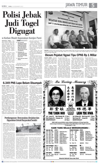 JAWA TIMUR 

| RABU, 18 DESEMBER 2013

surya.co.id | surabaya.tribunnews.com

Polisi Jebak
Judi Togel
Digugat
■ Korban Masih Keponakan Komjen Parni
magetan, surya - Garagara suaminya dijebak polisi
terlibat kasus judi togel, Aniswatun Chasanah warga Desa
Buluharjo, Kecamatan Plaosan,
Kabupaten Magetan dan Ary
Widarti warga Desa/Kecamatan
Plaosan, Kebupaten Magetan
mempraperadilankan Kapolri,
Kapolda Jatim, dan Kapolres
Magetan.
Kami mohon kedua orang
yang kini ditahan sebagai
tersangka dibebaskan, karena
keduanya korban bawahan
polisi yang tidak cerdas, atau
sekadar akal-akalan agar bisa
menyenangkan atasan, kata
Pudji Santoso kuasa hukum
kedua tersangka dari kantor FF
Handsant and Partner, Selasa
(17/12).
Penangkapan Dani Firmansyah bin Sumali suami Aniswatun Chasanah, keponakan
Komisaris Jenderal (Komjen)
Parni Suparto, ketika Aniswatun
Chasanah dan suaminya sedang
menyiapkan dagangannya di
warung kopinya di depan Pasar
Sayur Plaosan.
Tiba-tiba datang seorang pria
yang mengaku polisi dari Polres
Magetan dan Polsek Plaosan
menunjukkan surat penangkapan suaminya dengan sangkaan
melakukan perjudian.

storyhighlights
■ Dani Firwansyah
didatangi pria misterius
yang memberi uang Rp
25.000 untuk titip beli
togel. Ketika dijelaskan
dirinya bukan penjual
togel, tiba-tiba dua polisi
menangkapnya
■ Belakangan, pria
misterius bernama Nasir
minta maaf kepada istri
Dani, karena dia sengaja
disuruh polisi
■ Modus yang sama dialami
Sakimin
Saya kaget, karena suami saya
ditangkap dengan tuduhan pengecer togel, jelas Aniswatun.
Sengaja Dijebak

Sebelum penangkapan, lanjut
Aniswatun, Dani Firmansyah
kedatangan tamu pria yang
belum dikenalnya memberi
uang Rp 25.000. Saat itu Dani
Firmansyah menanyakan kepada pria yang belum dikenalnya
itu, uang ini untuk apa ? Pria
itu menjawab singkat, titip beli
kupon togel.
Saat itu Dani menjelaskan ke-

pada tamu misterius itu, kalau
dia bukan penjual togel.
Namun seiring dengan jawaban tamu tersebut, dua orang
polisi datang dan menangkap
Dani Firmansyah. Lucunya,
meski tamu tak diundang yang
memberi uang itu ada, tapi dia
tidak ditangkap.
Kalau memang klien saya
disangka penjual togel, pembelinya juga harus ditangkap, itu
sesuai dengan pasal 303 KUHP,
kata Pudji.
Setelah Dani ditahan pria misterius bernama Nasir bersama
istrinya datang ke rumah Dani
Firmansyah menemui istrinya
Aniswatun Chasanah untuk
minta maaf, karena telah disuruh polisi menjebak suaminya.
Kejadian yang sama juga menimpa Suratman bin Mangun
Sakimin suami Ary Widarti,
warga Desa/Kecamatan Plaosan RT-18/RW-02, Kabupaten
Magetan. Suami Ary Widarti ini
ditangkap setelah menerima telepon misterius yang memesan
togel. Kendati dijelaskan bukan
penjual togel, tiba-tiba polisi
menangkapnya.
Kasubbag Hukum Polres Magetan, AKP Endang Wahyuni,
menolak polisi sengaja menjebak, karena memang ada bukti
permulaan.(st40)

surya/sudarmawan

melapor - Sejumlah korban penipuan dengan modus dijadikan Pegawai Negeri Sipil (PNS) Pemkab Ngawi oleh pejabat Dinas Perhubungan
(Dishub) Pemkab Ngawi malapor ke Polres Ngaw, Selasa (17/12). Para korban mengaku sudah menyetor belasan juta, namun hingga 5
tahun belum juga menjadi PNS

Oknum Pejabat Ngawi Tipu CPNS Rp 1 Miliar
ngawi, surya - Sejumlah
korban penipuan dengan modus dijanjikan menjadi Calon
Pegawai Negeri Sipil (CPNS)
di lingkungan Pemkab Ngawi
melapor ke Polres Ngawi, Selasa (17/12).
Diduga, kasus penipuan
CPNS ini melibatkan oknum
pejabat di lingkungan Dinas
Perhubungan (Dishub) Pemkab
Ngawi. Bahkan oknum pejabat
ini berhasil meraup duit korban
hingga mencapai Rp 1 miliar.
Seorang korban wajib setor
kepada oknum pejabat bernama AS antara Rp 13,5 juta sampai Rp 33,5 juta. Para korban
menyerahkan uang puluhan

juta sejak 5 tahun silam.
Namun lantaran janji bertahun-tahun tak kunjung terealisasi, para korban nekat lapor
polisi. Para korban yang melapor kini 6 orang. Sedangkan
korban lain akan menyusul,
karena malu untuk melapor.
Salah seorang korban, Erwin
Irawati warga Desa Tempuran,
Kecamatan Paron mengatakan
jika dirinya tahun 2009 telah
menyetor uang pelicin Rp 33,5
juta. Bahkan korban lainnya, Suyono (43) warga Desa Sidolaju,
Kecamatan Widodaren, secara
blak-blakan menuding oknum
SB yang tak lain mantan Kepala
UPTD Terminal Kertonegoro

Ngawi sebagai biang keroknya.
Menurut Suyono yang juga
mantan staf Dishub Pemkab
Ngawi yang telah dipecat ini,
dirinya terkena kasus rekruitmen tenaga honorer yang
berakhir dibui setahun lalu.
Dia mengungkapkan disuruh
SB untuk merekrut 247 tenaga
kontrak. Setiap calon karyawan
harus setor Rp 20 juta.
Polisi Tangkap 3 Pelaku

Terpisah, Polres Kediri Kota
meringkus tiga orang anggota
sindikat penipuan pendaftar
CPNS di Pemkot Kediri. Tiga
tersangka komplotan penipu
telah dijebloskan sel tahanan

Mapolres Kediri Kota.
Ketiga pelaku yang telah diamankan masing-masing Gagat
Prasetyo (52), Didik Supriyadi
(47) dan Suwardi (51) seluruhnya warga Kota Kediri. Sejauh
ini baru dua korban yang telah
melaporkan kasusnya ke Polres
Kediri Kota.
Masing-masing korbannya
telah menyetorkan uang Rp
40 juta supaya dapat diangkat
menjadi CPNS di Pemkot Kediri. Hanya saja janji pelaku
sampai sekarang tak pernah
terwujud,
ungkap AKBP
Budhi Herdi, Kapolres Kediri
Kota kepada wartawan, Selasa
(17/12).(wan/dim)

6.349 PNS Lupa Belum Disumpah
ngawi, surya - Sebelum
menjabat, biasanya para Pegawai Negeri Sipil (PNS) selalu
diambil sumpahnya. Di lingkungan Pemkab Ngawi, ada
6.439 PNS yang lupa diambil
sumpahnya setelah 4 tahun - 12
tahun bekerja.
Tidak
tanggung-tanggung
acara sumpah itu dilaksanakan
pukul 05.00 WIB. Acara dilaksanakan pagi buta untuk menguji
kedisiplinan PNS yang belum
diambil sumpahnya.
Kepala Badan Kepegawaian
Daerah (BKD) Pemkab Ngawi
Djono mengatakan berdasarkan
data di BKD, acara sumpah
pegawai tersebut diikuti 6.439
orang PNS dari tingkat kelurahan, kecamatan hingga sejumlah
Satuan Kerja (Satker) di lingkungan Pemkab Ngawi.
Mereka dari PNS kelurahan,
kepala UPT, kepala sekolah,
hingga PNS di sejumlah Satker
yang belum melaksanakan sum-

pah pegawai sejak mulai bekerja, terangnya, Selasa (17/12).
Djono juga menjelaskan pengambilan sumpah ribuan PNS itu,
mulai yang diangkat dari tahun
2001 sampai 2013. Namun demikian, golongan para pejabat itu,
belum terinci semuanya.
Ini memang keterlambatan
dan keteledoran BKD. Karena
sudah 12 tahun lebih belum diambil sumpah, imbuhnya.
Sedangkan dasar sumpah itu
adalah Peraturan Pemerintah
Nomor 21 Tahun 1975 yang menjelaskan semua pegawai negeri
harus melaksanakan sumpah
pegawai, tanpa terkecuali. Di
samping itu, pihaknya tidak
mau disalahkan sepenuhnya
atas keteledoran dalam pengambilan sumpah PNS itu.
Bukan tak mau disalahkan,
saya masuk BKD kan belum
lama. Jadi selama ini tidak tahu
kalau sebelumnya ada ribuan
PNS yang belum disumpah.

join facebook.com/suryaonline

Makanya kami laksanakan hari
ini, ungkapnya.
Lebih jauh, Djono menegaskan untuk yang tidak hadir dalam sumpah pegawai tersebut
akan diberikan sanksi sebagaimana diatur dalam PP Nomor
53 Tahun 2010 tentang Disiplin
Pegawai Negeri.
Hukumannya bisa ringan,
sedang dan berat bergantung
alasan ketidakhadiran itu, karena selama ini mereka bekerja
tanpa sumpah, jelasnya.
Sementara Bupati Ngawi,
Budi Sulistyono menegaskan
pengambilan sumpah pegawai
sendiri hukumnya wajib bagi
semua PNS. Harapannya, usai
disumpah ribuan PNS itu bekerja dengan loyalitas, dedikasi dan
kedisiplinannya.
Sumpah massal sengaja di lapangan terbuka agar PNS benarbenar disiplin dalam kerja. Toh,
ternyata 99 persen PNS hadir
semua, tandas Bupati.(wan)

follow @portalsurya

 