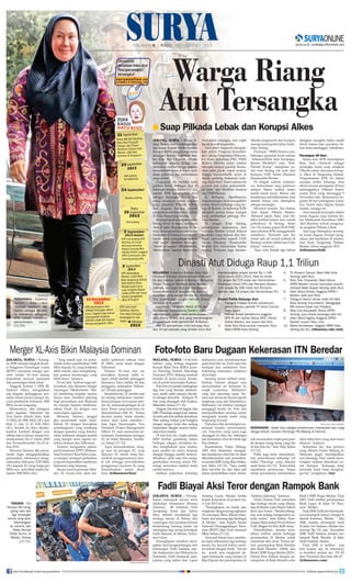 HALAMAN 8
Dimana keberadaan Ratu Atut
Pascapenetapan
tersangka?

| RABU, 18 DESEMBER 2013

Warga Riang
Atut Tersangka

■ Suap

Pilkada Lebak dan Korupsi Alkes

SERANG, SURYA - Warga Serang, Banten, menyambut gembira
keputusan Komisi Pemberantasan
Korupsi (KPK) mengenakan status
tersangka kepada Gubernur Banten Ratu Atut Chosiyah. Mereka
meluapkan sukacita dengan cara
mencukur rambut hingga gundul,
menyembelih ayam di depan kediaman gubernur, dan meneriakkan
ucap syukur.
Ungkapan itu mereka tumpahkan lewat berbagai aksi di
beberapa tempat, Selasa (17/12),
setelah KPK menetapkan Atut
sebagai tersangka dalam dua
kasus sekaligus, yakni dugaan
suap sengketa Pilkada Lebak,
dan dugaan korupsi proyek
pengadaan alat kesehatan (alkes)
di Kota Tangerang Selatan.
Seorang bapak tua engaku warga
Serang lewat di depan kediaman
Atut di Jalan Bhayangkara 51, Serang. Ia mengendarai sepeda motor,
Selasa sore. Ia bertanya kepada wartawan untuk memastikan apakah
Atut sudah dijadikan tersangka.
Sudah tersangka? Alhamdulillah,
Allahu akbar, ujarnya. Begitu tahu

Atut sudah tersangka, raut wajah
bapak itu terlihat gembira.
Aksi lebih ekspresif ditunjukkan aktivis Pengurus Koordinator Cabang Pergerakan Mahasiswa Islam Indonesia (PKC PMII)
Banten. Mereka cukur rambut
bersama sampai gundul. Kemudian salat ghoib, sujud syukur,
hingga menyembelih ayam di
depan gerbang kediaman keluarga Ratu Atut. Kami selama ini
kecewa atas rezim pemerintahan Atut, ujar Mukhtar Anshori
dari PMII Banten.
Ia berharap dijadikannya
Atut tersangka akan mengakhiri
rezim dinasti keluarga yang korup di Banten. Ia berharap KPK
menjerat semua kasus korupsi
yang melibatkan petinggi Provinsi Banten.
Di tengah Kota Serang,
sekumpulan mahasiswa dari
Gerakan Banten Untuk Rakyat
(Gebrak) yang berasal dari berbagai universitas seperti IAIN
Sunan Maulana Hasanuddin
Banten dan Universitas Sultan
Agung Tirtayasa juga beraksi.

Mereka longmarch dari kampus
menuju perempatan Jalan Sudirman, Serang.
Pantauan TRIBUNnews.com,
beberapa spanduk berisi tulisan
Alhamdulillah Atut Tersangka,
Banten Merdeka! atau AntiDinasti Korup menghiasi sudut kota Serang tak jauh dari
Kampus IAIN Sultan Maulana
Hasanuddin Banten.
Di tengah euforia mahasiswa, keberadaan sang gubernur
sampai Selasa malam justru
masih tanda tanya. Belum ada
konfirmasi soal keberadaan Atut
setelah Selasa sore ditetapkan
sebagai tersangka.
Menurut mantan Tim Sukses
Atut dalam Pilkada Banten,
Akhmad Jajuli, Ratu Atut terakhir terlihat keluar dari rumah
pribadinya di Serang, Senin
(16/12) malam pukul 20.00 WIB,
atau sebelum KPK menggeledah
rumahnya. Kemarin sore ibu
(Atut) ada (di rumah pribadi di
Serang), malam sekitar jam 8 ibu
keluar, tuturnya.
Saya coba kontak tapi belum

diangkat, mungkin beliau masih
shock karena kan suaminya belum lama meninggal, imbuhnya.
Persiapan 40 Hari

Selasa sore, KPK menetapkan
Ratu Atut Chosiyah sebagai
tersangka kasus suap sengketa
Pilkada Lebak, dan kasus korupsi Alkes di Tangerang Selatan.
Pengumuman KPK ini dalam
suasana ketika keluarga Atut
sibuk rencana peringatan 40 hari
meninggalnya Hikmat Tomet,
suami Atut, yang meninggal 9
November lalu. Rencananya kegiatan 40 hari peringatan wafatnya Tomet akan digelar Kamis
malam, minggu ini.
Atut menjadi tersangka dalam
kasus dugaan suap mantan Ketua Mahkamah Konstitusi (MK)
Akil Mochtar, terkait pengurusan sengketa Pilkada Lebak.
Atut juga ditetapkan tersangka kasus dugaan korupsi pengadaan alat kesehatan di puskesmas Kota Tangerang Selatan,
Banten, tahun anggaran 2012.
(tribunnews/bah)

Dinasti Atut Diduga Raup 1,1 Triliun
KELUARGA Gubernur Banten Ratu Atut
Chosiyah Chasan mendominasi elite politik dan jabatan publik di Banten. Bersama
Chaeri Tubagus Wardana alias Wawan,
adiknya, keluarga Atut pun menguasai
akses ekonomi di provinsi itu. Atas
dominasi yang sangat kental itu, keluarga
Atut diidentikkan dengan sebuah dinasti
kerajaan di Banten.
Indonesia Corruption Watch (ICW) dan
Masyarakat Transparansi Banten, bulan
lalu, mengumumkan hasil penelusuran
jejak bisnis dinasti Atut yang memenangkan
proyekproyek milik pemerintah di Banten.
Ada 10 perusahaan milik keluarga Atut,
dan 24 perusahaan yang dimiliki kroni Atut

TRIBUNNEWS

TERSANGKA - Gubernur
Banten,
Ratu
Atut
Chosiyah sebelum ditetapkan sebagai tersangka memenuhi panggilan
KPK untuk menjalani
pemeriksaan,
Jamat
(11/10).

Merger XL-Axis Bikin Malaysia Dominan
JAKARTA, SURYA - Kalangan DPR memuji langkah Komisi Pengawas Persaingan Usaha
(KPPU) menunda merger operator seluler XL-Axis karena
berpotensi muncul monopoli
dan persaingan tidak sehat.
Anggota Komisi I DPR RI,
Tantowi Yahya, mengatakan
ada dugaan pelanggaran prosedur dalam proses merger itu,
yaitu pemberian frekuensi 1800
MHz secara langsung.
Menurutnya, jika mengacu
pada regulasi, frekuensi eks
Axis harus ditarik dulu, baik
15 MHz di 1800 MHz (2G) dan
blok 11 dan 12 di 2100 MHz
(3G). Setelah itu baru direalokasikan kembali dengan cara
seleksi dan evaluasi, sesuai Permenkominfo No.17 tahun 2005
dan PermenKominfo No.23 tahun 2010.
Menurut Tantowi, jika pemerintah ingin mengoptimalkan
pemasukan, seharusnya mengalokasikan frekuensi 2100 MHz
(3G) kepada XL yang harga per
MHz-nya jauh lebih mahal daripada 1800 MHz (2G).

“Yang terjadi saat ini pemerintah justru memberikan 1800
MHz kepada XL yang notabene
lebih murah, alias menghilangkan potensi keuntungan yang
lebih besar,” katanya.
Di sisi lain, Tantowi juga menyatakan, jika skenario merger
rancangan Menkominfo Tifatul Sembiring berjalan mulus,
hanya akan memberi peluang
bagi perusahaan asal Malaysia
itu merajai industri telekomunikasi Tanah Air dengan cara
mem-bypass regulasi.
Menurut Tantowi, janggal
jika pemerintah tidak membebani XL dengan kewajiban
pembangunan yang seimbang
dengan operator yang dialokasikan frekuensi dengan jumlah
yang hampir sama seperti misalnya Indosat dan Telkomsel.
Tantowi mengamini pendapat Komisioner KPPU Muhammad Syarkawi Rauf bahwa pasca-merger, terdapat perbedaan
proporsi kepemilikan spektrum
frekuensi yang timpang.
Sesuai surat keputusan Menteri, XL Axiata-Axis akan me-

miliki spektrum sebesar total
45 MHz, sama besar dengan
Telkomsel.
Namun, XL-Axis dari sisi
kewajiban layanan lebih ringan, sebab jumlah pelanggan
keduanya baru sekitar 60 juta
pengguna, sedangkan Telkomsel 128 juta pelanggan.
Sementara itu, XL sendiri saat
ini sedang melakukan standardisasi jaringan Axis sesuai standar XL, termasuk jaringan 2G di
Jawa Timur yang baru-baru ini
dimodernisasi oleh XL. “Kalau
akuisisi tuntas, tentu standar
teknis akan kami samakan,”
kata Agus Simorangkir, Vice
President Project Management
Officer XL usai seremonial penuntasan modernisasi jaringan
2G di Hotel Sheraton, Surabaya, Selasa (17/12).
Agus menambahkan, hingga saat ini jaringan 2G yang
dilayani XL masih tetap bertumbuh penggunaannya meski tak setinggi pertumbuhan
penggunaan layanan 3G yang
dimanfaatkan untuk akses
data. (tribunnews/ben)

memenangkan proyek senilai Rp 1,148
triliun kurun 2011 2013. Nilai itu terdiri
52 proyek Rp 723 miliar dari Kementerian
Pekerjaan Umum (PU) dan Pemprov Banten,
110 proyek Rp 346 miliar dari Pemprov
Banten, dan 13 proyek dari Kementerian PU.
Dinasti Politik Keluarga Atut:
1. Tubagus Chasan Sochib (almarhum),
jawara Banten, pemilik PT Sinar Ciomas
Raya (ayah)
2. Hikmat Tomet (almarhum) anggota
DPR RI dari Golkar, Ketua DPD I Partai
Golkar Banten, dan suami dari Atut.
3. Adde Rosi Khairunnisa (menantu Atut),
Wakil DPRD Kota Serang.

4.

Tb Khaerul Zaman, Wakil Wali Kota
Serang (adik Atut)
5. Ratu Tatu Chasanah, Wakil Ketua
DPRD Banten namun kemudian terpilih
menjadi Wakil Bupati Serang (adik Atut)
6. Aden Abdul Khaliq, Anggota DPRD I
Banten (adik ipar Atut)
7. Tubagus Haerul Jaman (adik tiri) Wali
Kota Serang (incumbent). Menggugat
MK karena kalah dan Pilwakot.
8. Ratu Lilis Karyawati, Ketua DPRD
Serang, (juru bicara kelaurga/adik tiri)
9. Aden Abdul Kgaliq, Anggota DPRD
Banten (suami Ratu Lilis)
10. Ratna Komalasari, Anggota DPRD Kota
Serang (ibu tiri). (tribunnews/edw/amb)

Foto-foto Baru Dugaan Kekerasan ITN Beredar
MALANG, SURYA - Foto-foto
terbaru yang diduga kegiatan
Kemah Bakti Desa (KBD) jurusan Planologi Institut Teknologi
Nasional (ITN) Malang kembali
beredar di dunia maya. Terutama di portal komunitas Kaskus.
Foto-foto ini seolah melengkapi
tiga foto yang beredar sebelumnya, meski salah satunya diyakini sebagai abal-abal. Terdapat 25
foto yang diunggah oleh Kaskus,
@biadabs, Selasa (17/12).
Dugaan foto-foto ini bagian dari
KBD Planologi sangat kuat, karena
di salah satu foto terlihat almarhum
Fikri sedang makan nasi bungkus
dengan tangan kotor dan sedang
berpelukan dengan sesama mahasiswa baru (maba).
Di foto-foto itu, wajah panitia
KBD terlihat gamblang dalam
berbagai adegan, terutama ketika menghukum para (maba),
para panitia ini justru berpose
dengan bangga sambil tertawa.
Misalnya, salah satu foto menggambarkan seorang senior Planologi mencukur rambut maba
sambil tertawa.
Indikasi pelecehan terhadap

mahasiswi pun terdokumentasi
pada foto-foto ini. Pada satu foto
terdapat dua mahasiswi baru
terlentang sementara wajahnya
dicat hijau.
Seorang senior terlihat memberikan minum dengan cara
menyiramkan air kemasan ke
wajah yuniornya. Mahasiswi
yang lain menutup mata. Namun ada semacam benda seperti
singkong yang ada dimulutnya.
Mahasiswi ini terlihat meringis
menggigit benda ini. Foto lain
memperlihatkan seorang senior
menginjak kepala maba yang
tengkurap di pasir.
Pada foto-foto itu terdapat watermark (tanda) seputarmalang.
com. Foto-foto yang sama juga
diunggah di situs itu, beberapa
jam kemudian situs itu tidak lagi
bisa diakses.
Kasatreskrim Polres Malang,
AKP Aldy Sulaeman, mengatakan beredarnya foto-foto ini akan
dikonfirmasikan saat pemeriksaan panitia KBD yang akan dilakukan, Rabu (18/12). “Saya sudah
lihat foto-foto itu dan akan jadi
bahan penyelidikan kami, terma-

SURYA/HAYU YUDHA PRABOWO

KEKERASAN - Salah satu adegan perploncoan mahasiswa baru yang
diduga terkait, Jurusan Planologi ITN Malang di Internet.
suk mencocokan wajah para panitia dengan orang-orang yang ada
di foto-foto itu,” kata Aldy, Selasa
(17/12).
Polisi juga terus menyelesaikan pemeriksaan terhadap 114
maba Planologi yang dimulai
sejak Senin (16/12). “Kami tidak
membatasi pertanyaan. Tetapi
setiap jawabannya memberikan

fakta-fakta baru yang akan kami
telusuri,” katanya.
Sementara itu, dua perwira
yang dikirim Polres Malang ke
Mataram gagal mendapatkan
izin keluarga Fikri untuk membongkar makam almarhum untuk diotopsi. “Keluarga tetap
menolak, kami tetap menghargai itu,” pungksnya. (isy)

Fadli Biayai Aksi Teror dengan Rampok Bank
TERORIS - Tim
Densus 88 menggiring satu dari
tiga tersangka
teroris yang akan
diterbangkan
ke Jakarta, dari
Mako Brimob
Polda Sumut, di
Medan, Selasa
(17/12).

ANTARA/IRSAN MULYADI

join facebook.com/suryaonline

JAKARTA, SURYA - Penangkapan kelompok teroris terus
dilakukan Detasemen Khusus
(Densus)
88 Antiteror Polri
menjelang Natal dan Tahun
Baru. Setelah membekuk tiga
terduga teroris di Bekasi dan
Lamongan, kini pasukan khusus
berlambang burung hantu itu
meringkus tiga orang kelompok
Fadli Sadama, di Medan, Sumatera Utara.
Penangkapan tersebut merupakan hasil pengembangan dari
keterangan Fadli Sadama setelah dideportasi dari Malaysia ke
Indonesia. Fadli termasuk narapidana yang kabur dari Lapas

Tanjung Gusta, Medan, ketika
terjadi kerusuhan di penjara itu,
11 Juli 2013 lalu.
“Penangkapan ini masih satu
rangkaian dengan pengungkapan
di Lamongan, Bima, Bekasi, Sukabumi, dan sekarang tiga (terduga)
di Medan,” kata Kepala Badan
Nasional Penanggulangan Terorisme (BNPT) Irjen Purn Ansyaad
Mbai, Selasa (17/12).
Ansyaad belum mau membuka siapa sebenarnya tiga terduga
teroris itu, kecuali bahwa mereka terkait dengan Fadli. “Sel-sel
itu masih satu rangkaian dengan kelompok yang beraksi di
Beji (Depok) dan perampokan di

Tambora (Jakarta),” katanya.
Divisi Humas Polri menyebut
tiga terduga teroris yang ditangkap di Medan yaitu Hayat, Fahrul
Rozi, dan Tomas. “Mereka ditangkap saat sedang mengendarai sepeda motor,” kata Kabiro Penerangan Masyarakat Divisi Humas
Polri, Brigjen Pol Boy Rafli Amar.
Ditambahkan, mereka terindikasi terlibat dalam berbagai
perampokan di Medan untuk
mendanai aksi teror. Tomas terkait perampokan Bank Mustika
dan Bank Mandiri (2008), dan
Bank CIMB Niaga Medan (2010).
Fahrul Rozi berkait dengan perampokan di Bank Mandiri serta

Bank CIMB Niaga Medan. Pada
2003, Fadli terlibat perampokan
Bank Lippo di Jalan Dr Mansyur, Medan.
Pada 2008, Fadli dan kelompoknya merampok money changer di
daerah Katamso, Medan. Mei
2008, mereka merampok bank
di Jalan Yos Sudarso, Medan dan
meraup Rp 121 juta. November
2008, Fadli Sadama beraksi merampok Bank Mandiri di Jalan
Dede Pardede, Medan.
Pada 2008 ia terlibat jual
beli senjata api, di antaranya
ia membeli senjata api FN 45
dari Thailand dan lima AK-47.
(tribunnews.com)
follow @portalsurya

 