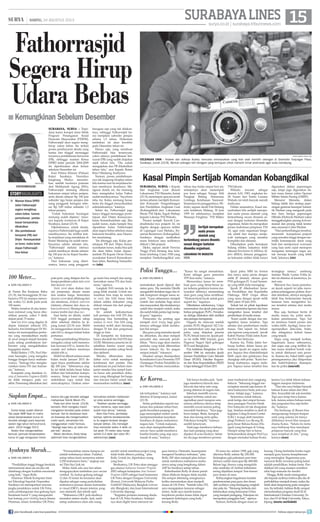 15surya.co.id | surabaya.tribunnews.com
SURABAYALINES| SABTU, 24 AGUSTUS 2013
tak terlupakan,” katanya saat
ditemui di kampusnya, Jumat
(23/8).
Selain perbekalan seperti ma-
kanan dan pakaian sehari-hari,
gadis berambut panjang ini
juga menyiapkan materi untuk
mempresentasikan keunikan
Surabaya di depan mahasiswa
negara lain. ”Untuk makanan,
saya akan memperkenalkan
rawon. Saya sudah membawa
bumbu-bumbu yang siap saya
masak di sana,” katanya.
Tak hanya bumbu jadi, Yanti
juga membawa kluwek atau
kluwak dan telur asin yang
jarang ditemui di negara lain.
Sebelum memilih rawon,
sempat terlintas untuk me-
ngenalkan pecel maupun soto.
namun akhirnya dirinya tetap
memilih rawon karena paling
mewakili Surabaya. ”Saya juga
bawa tempe. Brem, kerupuk
ikan dan terung serta spiku.
Pokoknya komplit,” katanya
sambil tersenyum.
Yanti juga membawa kebaya
dan kain panjang yang akan
dipakai di acara budaya. Selain
itu dia juga membawa permai-
anan tradisional dari cangkang
bekicot. ”Sekarang tinggal me-
nyiapkan mental saja karena di
sana budayanya beda, jadi saya
harus belajar juga,” katanya.
Sementara untuk bahasa,
anak ketiga dari empat bersau-
dara pasangan Prawito-Ninik
Dwi Indayani ini tak diragukan
lagi. Setahun terakhir ia aktif di
kegiatan Untag Korean Center
(UKC). Ia juga aktif mendam-
pingi Profesor Lyu Byung Ill,
guru besar Bahasa Korea (Ha-
ngul) yang bertugas di Untag.
Hampir setiap hari ia harus
berkomunikasi dengan Prof Lyu
dengan memakai bahasa Korea
karena Lyu tidak faham bahasa
Inggris maupun Indonesia.
”Dari situ saya belajar banyak
bahasa Korea selain dari film-
film. Insyaallah tak ada kendala.
Tapi saya tetap bawa kamus
kok, karena antara bahasa resmi
dan pergaulan bisa saja berbe-
da,” katanya.
Dia berharap di Busan bisa
mengunjungi tempat-tempat
unik yang selama ini hanya
dilihatnya lewat film maupun
drama Korea. ”Selain itu tentu
saya berharap bisa mendapat
pelajaran banyak yang bisa
saya terapkan di sini,” pung-
kasnya.	(uus)		
di Pantai Ria Kenjeran Rabu
(21/8), tim beranggotan 20 ma-
hasiswa ITS ini mampu mence-
tak waktu 5,2 detik pada jarak
100 meter.
Waktu tersebut di atas keten-
tuan minimal yang harus dito-
rehkan peserta, yakni 5 detik
dalam jarak 75 meter.
Saat test drive yang digelar di
depan halaman rektorat ITS,
kemarin, tim bimbingan Dr Wi-
tantyo ini menunjukkan perfor-
ma yang menakjubkan meski
di awal sempat terjadi kendala
pada selang pembakaran kar-
burator yang mengakibatkan
kegagalan starter.
Wakil Rektor 1 ITS, Prof Her-
man Sasongko, yang mengaku
bangga dengan karya mahasis-
wanya. ”Semoga bisa mengha-
rumkan nama ITS dan Indone-
sia,” katanya.
Kompetisi yang diadakan So-
ciety of Automotive Engineers (SAE)
ini tidak mengacu pada race
akhir. Pemenang ditentukan dari
poin-poin yang didapat dari be-
berapapenilaianyaknistaticevent
dan dynamic event.
Static event akan diukur dari
sisi presentasi, desain mesin
dan analisa harga. Sementara
dynamic event akan dihitung dari
sisi akselerasi, skidpad, autocross
(slalom), efisiensi dan daya ta-
han (endurance). Masing-masing
nomor terdiri dari dua race.
Saat berita ini ditulis, mobil
SAS tinggal persiapan tahap
akhir sebelum dikirim ke Je-
pang Jumat (23/8) sore. Mobil
ini menggunakan mesin Kawa-
saki 610 cc dengan bahan bakar
pertamax.
DosenpembimbingWitantyo
mengaku cukup sulit menemu-
kan kawasai 610 cc, karena Ka-
wasaki seri terbaru mesinnya
adalah 636 cc.
Mobil ini dibuat selama enam
bulan mulai Januari 2013 de-
ngan biaya pembuatan sekitar
Rp 200 juta. ”Sebenarnya ang-
ka ini tidak terlalu besar kalau
dilihat dari kebutuhan kompo-
nennya. Tetapi kami rancanag
sedemikian rupa untuk bisa
mencukupinya. Doakan semo-
ga kami bisa tampil dan meng-
harumkan nama ITS dan Indo-
nesia,” ujarnya.
Langkah SAS menuju ke Je-
pang tidak mudah. Untuk me-
mastikan bisa maju ke nomor
on track, tim SAS harus lolos
dalam seleksi dokumen yang
diikuti ratusan tim dari pergu-
ruan tinggi.
Ini adalah keikutsertaan
kali pertama tim SAS ITS dan
langsung bisa bertanding di
nomor on track. Tim SAS yang
memakai mobil akan bersaing
dengan 76 tim dari perguruan
tinggi se Asia.
Di kompetisi ini Indonesia
hanya diwakili tim SAS ITS dan
UGM. Minimnya peserta ini di-
sebabkan karena syarat yang
ditentukan panitia cukup berat
dan njelimet.
Mereka diharuskan men-
daftar online untuk mendapat
konfirmasi dari panitia. Dan
konfirmasi ini pun belum men-
jamin mereka bisa tampil kare-
na harus ada penelitian doku-
men yang dilengkapi list harga
dan rencana bisnis untuk bisa
memasarkan mobilnya.	(uus)
Dunia balap sudah dikenal
Tije sejak SMP. Saat ini maha-
siswa berperawakan kurus ini
tercatat sebagai juara kejurnas
slalom tiga tahun berturut-turut,
yakni 2010 hingga 2013.
Selain lihai mengendalikan
kemudi, pemuda berperawakan
kurus ini juga menguasai mesin
karena dia juga tercatat sebagai
mahasiswa Teknik Mesin ITS.
Pada test drive Jumat (23/8)
kemarin, Rizki mengaku masih
mengalami kendala pada sistem
kemudi. Hal itu beralasan kare-
na biasanya dia mengemudikan
mobil sport, sementara kini
menggunakan mobil formula.
”Apalagi saya baru uji coba em-
pat kali,” akunya.
Meski demikian, Rizky tetap
optimistir bisa mengendalikan
kemudinya setelah melakukan
uji coba selama seminggu.
”Asalkan ujicoba seminggu
terus menerus, saya rasa pasti
sudah bisa lancar,” katanya.
Alam Eka Putra, pembalap
lainnya, optimis kendala-kenda-
la itu segera teratasi dengan
banyak latihan. Dia menarget
bisa mencetak waktu 4 detik un-
tuk jarak 75 meter, atau hanya
selisih 0,4 detik dari rekor SFJ
sebelumnya.	(uus)
“Pendidikan tinggi hingga berskala
internasional akan sia-sia jika tak
diimbangi dengan kualitas emosional
yang baik,” tegas Rolly.
Alumnus Teknik Komputer Insti-
tut Teknologi Sepuluh Nopember
Surabaya ini memaparkan rencana
jangka pendeknya untuk UK Petra,
yaitu pembangunan dua gedung baru
berdesain huruf V yang mengandal-
kan konsep green building karya Jimmy
Priatman, dosen Arsitektur UK Petra.
“Permasalahan utama kampus ini
adalah terbatasnya lahan. Padahal,
setiap tahun kami menerima sekitar
2.250 mahasiswa baru,” ungkap sua-
mi Thio Siu Giok ini.
Maka, tidak ada cara lain selain
mengupayakan tambahan space secara
vertikal. Ya, kedua gedung setinggi
12 dan 10 lantai itu terutama akan
dipakai sebagai ruang perkuliahan
mahasiswa jurusan desain komunika-
si visual (DKV), desain interior, prog-
ram otomotif, dan teknik sipil.
“Mahasiswa DKV pola studinya
memakai sistem studio. Jadi, nanti
setiap mahasiswa akan ada ruang
sendiri untuk membuat project yang
tidak boleh dibawa pulang,” jelas
Rolly. Untuk itu, diperlukan ruang
yang luas.
Berikutnya, UK Petra akan mengga-
gas adanya Indonesia Summer Program
(ISP) sebagai kelanjutan Asia Summer
Program (ASP) sebagai hasil kerjasama
UK Petra dengan Dongseo University
(Korea), Universiti Malaysia Perlis-
UniMAP (Malaysia), Bangkok Univer-
sity (Bangkok), dan Josai International
University (Jepang).
“Kegiatan pertama memang diada-
kan di UK Petra Surabaya. Selanjut-
nya akan digilir terus menurut ne-
gara lainnya. Otomatis, kesempatan
mengenal Surabaya terbatasi,” jelas
Rolly. ISP akan menjadi jalan keluar
untuk membawa mahasiswa-maha-
siswa asing yang bergabung dalam
ASP ke Surabaya setiap tahun.
Keberhasilan Rolly di dunia pendi-
dikan dilakoni dengan tidak mudah.
Dia sempat ditentang orangtuanya
ketika memutuskan akan menjadi
dosen di UK Petra. “Setelah lulus ITS,
saya mengajukan lamaran sebagai
dosen. Ayah saya marah karena
berpikiran profesi dosen tidak dapat
menjamin kehidupan yang baik,”
kenang Rolly.
Di masa itu, sekitar 1998, gaji yang
diterima Rolly sekitar Rp 256.000.
Sedangkan gaji pekerjaan part time
istrinya sudah mencapai Rp 400.000.
Belum lagi, ibunya yang mengelola
toko sembako di Ambon kebetulan
sering dijadikan tempat ‘bon-bonan’
para dosen di sana.
Terbayangkan bagaimana kondisi
perekonomian para guru dan dosen
oleh ayahnya yang berdagang cengkeh
dan pala itu. “Memang berbeda dari
kebanyakan orang keturunan China
yang menjadi pedagang. Pekerjaan ini
merupakan panggilan hati,” ujarnya.
Namun, berbeda dengan masa se-
karang. Orang berlomba-lomba ingin
menjadi guru karena kesejahteraan
yang meningkat. Bagaimana pun,
menurut Rolly investasi paling kekal
adalah pendidikan, bukan harta. Pen-
didikan lah yang mampu memberi
nilai bagi manusia itu sendiri.
Hingga, Rolly muda menegaskan
diri kepada ayahnya bahwa jika dia di-
perbolehkan menjadi dosen, maka dia
tidak akan bergantung pada orangtua-
nya. Itu terbukti, bahkan Rolly sempat
menyelesaikan program studi S2 di
International Christian University, To-
kyo, dan S3 di Meiji University, Tokyo,
Jepang.	(marta nurfaidah)		
Ke Korea...
DARI HALAMAN 9■
SiapkanEmpat...
DARI HALAMAN 9■
Ayahnya Marah...
DARI HALAMAN 9■
100 Meter...
DARI HALAMAN 9■
SURYA/AHMAD ZAIMUL HAQ
CELENGAN UNIK - Andrew dan adiknya Audrey mencoba memasukkan uang koin saat memilih celengan di Gramedia Tunjungan Plaza,
Surabaya, Jumat (23/8). Bentuk celengan kini beragam yang bertujuan untuk menarik minat anak-anak agar suka menabung.
SURABAYA, surya - Kepala
Staf Angkatan Laut (Kasal)
Laksamana TNI Marsetio, Jumat
(23/8),memimpinupacaraserah
terima jabatan (sertijab) Koman-
dan Komando Pengembangan
dan Pendidikan Angkatan Laut
(Kobangdikal) dari Laksamana
Muda TNI Djoko Teguh Wahojo
kepada Laksma TNI Widodo.
Prosesi sertijab 'Kawah Can-
dradimuka'-nya prajurit AL ini
digelar dengan upacara militer
di Lapangan Laut Maluku, Ke-
satrian Bumimoro, Kobangdikal,
Surabaya dengan melibatkan
enam batalyon atau sedikitnya
diikuti 1.566 prajurit.
Djoko, sapaan akrab Perwira
Tinggi (Pati) bintang dua kela-
hiran Jombang 4 Juni 1958 yang
menjabat Dankobangdikal satu
tahun dua bulan empat hari ini,
selanjutnya akan menempati
pos baru sebagai Tenaga Ahli
Pengkaji Bidang Sismennas
Lembaga Ketahanan Nasional.
Sementara itu penggantinya, Wi-
dodo, sapaan akrab Pati bintang
satu kelahiran Malang, 30 Juni
1959 ini sebelumnya menjabat
Waasops Panglima TNI Mabes
TNI Jakarta.
Widodo tercatat sebagai
alumni AAL 1983, angkatan ke-
28. Suami dari Yustin Lusiana
Widodo ini telah banyak meraih
tanda jasa.
Dalam amanatnya, Kasal me-
nyebutkan bila sertijab merupa-
kan suatu proses alamiah yang
berkembang secara dinamis se-
suai dengan tuntutan dinamika
organisasi. Selain itu merupakan
proses kaderisasi pimpinan TNI
AL agar roda organisasi berge-
rak adatif dan mampu menja-
wab tantangan yang semakin
kompleks dan dinamis.
Dihadapkan pada kemajuan
bidang militer, lanjutnya telah
dikenal Revolution In Military Af-
fairs (RMA) dimana pengguna-
an kekuatan militer tidak hanya
digunakan dalam peperangan
saja, tetapi juga digunakan da-
lam masa damai yakni Operasi
Militer Selain Perang (OMSP).
Menurut Marsetio, dalam
bidang taktik dan strategi pepe-
rangan generasi keempat Asimet-
rik Warfare yang mengarah pada
tren baru berupa peperangan
Hibrida (Hybryda Warfare) yakni
menggabungkan perang konven-
sioanal dan perang tidak teratur
atau ancaman Cyber Warfare.
“Dari perkembangan tersebut,
menuntut kompetensi prajurit
yang semakin tinggi dengan me-
miliki kemampuan dasar yang
baik dan mempunyai wawasan
yang luas serta cepat merespon
mengatasi tantangan tugas un-
tuk menuju kearah yang lebih
baik,”jelasnya.	(rie)
Kasal Pimpin Sertijab Komandan Kobangdikal
Sertijab merupakan
suatu proses
alamiah yang
berkembang secara dinamis
sesuai dengan tuntutan
dinamika organisasi.
Laksamana TNI Marsetio
KASAL
memalsukan ijazah dipecat dari
status guru. Dia meminta Dindik
mengambil tindakan tegas dan ti-
dak kompromi dengan kasus se-
perti. ”Guru seharusnya menjadi
contoh dan tauladan bagi siswa
danmasyarakat.Jikatindakannya
sudah bisa menjadi contoh, maka
diasudahtidakpantaslagimenja-
di guru,” tegasnya.
Pemecatan itu penting agar
menjadi shock terapy bagi guru
lainnya sehingga tidak melaku-
kan hal serupa.
Jikaguruyangmemalsuijazah
itu dibiarkan, dia akan menjadi
penyakit dan merusak pendi-
dikan. ”Siswa juga akan meniru
perilaku yang tidak dibenarkan
secara hukum itu. Ini jangan
sampai terjadi,” tukasnya.
Desakan serupa disampaikan
KoordinatorGuruPenerimaTPP
(Tunjangan Profesi Pendidik) Ja-
tim Wisnu Pradata menyatakan.
”Kasus itu sangat memalukan.
Kami sebagai guru penerima
TPP ikut malu,” katanya.
Menurutnya kasus ini mem-
buat guru yang benar-benar ju-
jur terkena getahnya karena ma-
syarakat akhirnya memandang
sinis guru yang lulus sertifikasi.
”Hukum berat layak untuk guru
seperti itu,” tegasnya.
Diberitakan sebelumnya, Unipa
menemukan dua ijazah palsu pada
berkas pengajuan PLPG. Pemalsu-
an diduga dilakukan oleh sindikat
ataujaringanterorganisir.
Dugaan itu mencuat setelah
panitia PLPG Regional 142 Uni-
pa menemukan satu lagi ijazah
palsu yang diajukan peserta
PLPG belum lama ini. Ijazah pal-
su ini milik MM (inisial), guru
Pegawai Negeri Sipil golongan
III D asal Bangkalan.
Pria kelahiran Bangkalan, 4 De-
sember 1966 ini memalsu ijazah
Jurusan Pendidikan Guru Sekolah
Dasar (PGSD), Fakultas Keguru-
an dan Ilmu Kependidikan (FKIP)
Unipatertanggal18Juni2011.
Ijazal palsu MM ini format
dan isinya sama persis dengna
milik JF (inisial), oknum guru
PNS golongan IV A asal Sumen-
ep yang lebih dulu terungkap.
Ijazah JF dikeluarkan Jurus-
an Pendidikan dan Kepelatiha
Olahraga, FKIP Unipa dihari
yang sama dengan ijazah milik
MM yakni 18 Juni 2011.
Terkait hal ini pihak kepolisian
belum menerima laporan dan baru
mengetahui kasus tersebut dari
pemberitaandimediamassa.
Kami sudah dengar dan me-
ngetahui kasus tersebut. Tapi
sebatas dari pemberitaan media
massa. Dan sejauh ini, belum
ada laporan yang masuk, jawab
Kabid Humas Polda Jatim Kom-
bes Pol Awi Setiyono.
Karena itu, Polda Jatim ber-
harap korban dalam kasus pe-
malsuan ijazah ini segera mela-
por. Supaya bisa ditindaklanjuti
lebih cepat dan pelakunya bisa
diungkap oleh polisi. Kami ber-
harap korbannya segera mela-
por. Supaya kasus tersebut bisa
terungkap samua, sambung
mantan Wadir Lantas Polda Ja-
tim ini ditemui di kantornya, Ju-
mat sore.
Menurut Awi, kasus pemalsu-
an ijazah seperti ini jelas meru-
pakan pelanggaran pidana. Ken-
dati demikian, dirinya mengaku
tidak bisa berkomentar banyak
lantaran baru mengetahui ka-
sus tersebut sebatas dari media
massa.
Bisa saja, berdasar berita di
media massa itu, polisi mela-
kukan penelusuran. Tapi, hal
ini tentunya butuh proses dan
waktu lebih. Apalagi, harus me-
ngumpulkan data-data, bukti,
dan sebagainya terkait kasus
yang terjadi.
Siapa yang menjadi korban,
bagaimana kasus sebenarnya,
dan siapa saja yang terlibat da-
lam kasus tersebut butuh wak-
tu untuk ditelusuri satu persa-
tu. Karena itu, bakal lebih cepat
penanganannya jika dilaporkan
dan bukti-buktinya disampai-
kan ke polisi.	(uus/ufi)
Polisi Tunggu...
DARI HALAMAN 9■
Fathorrasjid
Segera Hirup
Udara Bebas
surabaya, surya  - Terpi-
dana kasus korupsi dana hibah
Program Penanganan Sosial
Ekonomi Masyarakat (P2SEM),
Fathorrasjid akan segera meng-
hirup udara bebas. Itu terkait
proses pembayaran denda yang
tuntas dan tinggal menunggu
turunnya pembebasan bersyarat
(PB), sehingga mantan Ketua
DPRD Jatim periode 2004-2009
itu diperkirakan akan keluar
sebelum Desember ini.
Kasi Pidana Khusus (Pidsus)
Kejari Surabaya, Nurcahyo
Jungkung Madyo menutur-
kan, setelah turunnya putusan
dari Mahkamah Agung (MA),
Fathorrasjid memang dikenai
hukuman empat tahun penjara,
serta denda sebesar Rp 100 juta
subsider tiga bulan penjara dan
uang pengganti kerugian sebe-
sar Rp 5,89 miliar subsider 1,5
tahun penjara.
Untuk hukuman kurungan
memang sudah dijalani, tutur-
nya kepada wartawan di Kejari
Surabaya, Jumat (23/8).
Dijelaskannya, untuk denda,
rupanya Fathorrasjid juga sudah
membayarnya. Itu terlihat keti-
ka terpidana yang mendekam di
Rutan Medaeng ini sudah mem-
bayarnya sekitar sebulan lalu.
Fathorrasjid melalui istrinya
sudah membayar denda sebesar
Rp 100 juta itu ke Kejari Suraba-
ya, katanya.
Dari hukuman yang diteri-
manya, hanya uang pengganti
kerugian saja yang tak dilakon-
inya, sehingga Fathorrasjid ha-
rus menjalani subsider penjara
selama 1,5 tahun. Hukuman
tambahan ini akan berakhir
pada Desember tahun ini.
Hanya saja, yang membuat
Fathorrasjid bisa tersenyum,
yakni adanya pembebasan ber-
syarat (PB) yang sudah diajukan
sejak tahun lalu. Dia sudah
mengajukan dan PB dikabulkan
tahun lalu, urai Kepala Rutan
Klas I Medaeng, Kadiyono.
Namun, proses pembebasan-
nya tak langsung berjalan tahun
lalu karena saat itu terpidana be-
lum membayar dendanya. Me-
ngenai denda ini, dia memang
baru mengetahui kalau Fathor
sudahmembayarnya.Sayabaru
tahu itu. Kalau memang benar,
tentu dia tinggal menyelesaikan
administrasinya, katanya.
Selain itu, Fathorrasjid juga
hanya tinggal menunggu perse-
tujuan dari Dirjen Kemasyara-
katan Kemenkumham saja. Jika
sudah turun, maka hampir bisa
dipastikan kalau Fathorrasjid
akan segera bebas sebelum masa
hukuman berakhir, atau Desem-
ber mendatang.
Ini ditunggu saja. Kalau per-
setujuan PB dari Dirjen Kema-
syarakatan turun, maka bisa jadi
dia akan bebas bulan depan,
tambah Plt Kepala Divisi Pema-
syarakatan Kanwil Kemenkum-
ham Jatim, Bambang Sumardio-
no.	(sda)
Kemungkinan Sebelum Desember■
Mantan Ketua DPRD
Jatim Fathorrasjid
segera menghirup
udara bebas karena
permohonan pembe-
basan bersyaratnya
dikabulkan
Jika pembebasan
bersyarat (PB) dari
Dirjen Kemasyarakat-
an turun, maka bulan
depan Fathorrasjid
bisa keluar
■
■
surya/ZAQ
Fathorrasjid
storyhighlights
join facebook.com/suryaonline follow @portalsurya
 