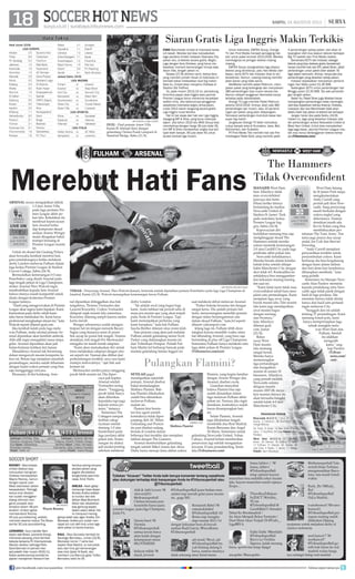 surya.co.id | surabaya.tribunnews.com
SABTU, 24 AGUSTUS 2013 |SoccerHotNews18 soccer hot newsSABTU
24 AGUSTUS 201318
Tuliskan “kicauan” Twitter Anda baik berupa komentar tentang sepakbola
atau dukungan terhadap klub kesayangan Anda ke #Tribunsuperball atau
@Tribunsuperball.
SOCCER SHORTSSSSSSSSSSOOOOOOOOOOCCCCCCCCCCCCCCCCCCCCEEEEEEEEERRRRRRRRR SSSSSSSSSSHHHHHHHHHOOOOOOOOOORRRRRRRRRTTTTTTTTT
FANS Manchester United di Indonesia berke-
luh kesah. Mereka tak bisa menyaksikan
laga perdana United melawan Swansea City,
pekan lalu, di televisi secara gratis. Begitu
juga dengan fans Chelsea, yang harus me-
lewatkan moment kemenangan timnya atas
Aston Villa, tengah pekan ini.
Selasa (27/8) dinihari nanti, kedua fans
yang memiliki jumlah ribuan di Indonesia ini
kembali bakal melewatkan duel big match.
Saat itu, United akan menjamu Chelsea di
Stadion Old Trafford.
Ya, pada musim 2013/14 ini, pendukung
klub-klub papan atas Inggris atau pecinta
Premier League harus menerima kenyataan
sedikit miris. Jika sebelumnya penggemar
sepakbola Indonesia begitu dimanjakan,
mulai 2013 siaran langsung secara gratis
Liga Inggris mulai terkikis.
Hal ini tak lepas dari hak siar Liga Inggris,
dipegang MP  Silva, yang terus melonjak
tajam. Jika tahun 2010 lalu MNC Group bisa
membelinya dengan harga 39 juta dolar AS,
kini MP  Silva menawarkan angka dua kali
lipat lebih banyak, 90 juta dolar AS untuk
durasi kontrak tiga musim.
Untuk Indonesia, EMTEK Group, Orange
TV, dan First Media menjadi pemegang hak
siar untuk paket kontrak 2013-2016. Mereka
membaginya ke jaringan televisi masing-
masing.
EMTEK Group mengerahkan tiga stasiun
televisi yang dimilikinya, yaitu Nex Media (ber-
bayar), serta SCTV dan Indosiar (free to air/
teresterial). Namun, masing-masing memiliki
jatah siaran yang tidak sama.
NexMedia memiliki paket Platinum, meru-
pakan paket yang terlengkap dan menyiarkan
380 pertandingan tiap musim secara live.
Namun wilayah langganan Nexmedia hanya
terbatas pada Jabodetabek.
Orange TV juga memiliki Paket Platinum
selama 2013-2016. Artinya, akan ada 380
pertandingan per musim, atau 10 pertand-
ingan per pekan yang akan ditayangkan.
Termasuk pertandingan klub-klub besar dan
super big match.
Jangkauan Orange TV telah mencakup
cukup banyak area di Sumatera, Jawa, Bali,
Kalimantan, dan Sulawesi.
PT First Media Tbk memiliki hak siar Pre-
mierleague Paket Gold, yang memiliki jatah
4 pertandingan setiap pekan, dan akan di-
tayangkan oleh dua stasiun televisi berbayar:
Big TV (satelit) dan First Media (kabel).
Sementara SCTV dan Indosiar, sebagai
televisi yang bisa diakses gratis (teresterial),
hanya memiliki hak siar EPL paket Silver. Jatah
pertandingan untuk paket silver adalah 76
laga dalam semusim. Artinya, hanya ada dua
pertandingan yang disiarkan setiap pekan.
Indosiar dijadwalkan menyiarkan pertand-
ingan hari Sabtu pukul 21.30 WIB.
Sedangkan SCTV untuk pertandingan hari
Minggu pukul 22.30 WIB. Tak ada pertandin-
gan tengah pekan.
Selain itu, Paket Silver juga dibatasi hanya
menayangkan pertandingan kelas menengah.
Jadi bisa dipastikan bahwa Arsenal, Chelsea,
Liverpool, dan duo Manchester tidak akan
selalu hadir tiap pekan di televisi tak berbayar.
Jangan heran jika pada Sabtu (24/8)
malam ini, laga yang disiarkan Indosiar ada-
lah pertandingan antara Newcastle United vs
West Ham United. Untuk bisa menyaksikan
laga-laga besar, pecinta Premier League mau
tak mau harus berlangganan televisi berba-
yar.(Tribunnews.com)
Aldi  Adit Lovers ?@
Alovers2011
@tribunsuperball
Chelsea bersama jose
mourinho harus juara
priemer league, juara liga Champion,
piala FA.
Hasria Ineet ?@
Hsrmila
@Tribunsuperball
semua lawan barca
akan kalah dengan
ketampanan messi
#ILOVEMESSI
hidayat tullah ?@
dayat_lovers4
@TribunSuperBall juara btahan man.
united siap meraih gelar juara musim
ini.. gogo MU
Romanisti Babel ?@
romaindobabel
@TribunSuperBall AS
Roma siap mengha-
dapi musim 2013/14
dengan kekuatan baru di bawah
asuhan Rudi Garcia. #ForzaRoma
#Tribunsuperball
adi musli ?@yul_adi
@TribunSuperBall bn-
yak bintang datang k
barca, namun sinarnya
tidak seterang sinar lionel messi.
fonna fahlevi | ?@
fonna_fahlevi
@TribunSuperBall
tetap optimis bayern
muenchen bisa melebihi rekor musim
lalu. bayern muenchen masih rajanya
Eropa....
TNewBoyZrRakan-
SyZHCT ?@Aditia_
XCom
@TribunSuperBall @
GarethBale11 Semakin
Dekat Ke @realmadrid !
Ini Akan Menjadi Rekor Fantastis !
Duet Maut Akan Terjadi Di @Todo__
LigaBBVA
Faldo Daffa ?@leefaldo
@TribunSuperBall
Bravo La Vechhia
Signora, kalah menang
biasa, sportivitas tetap dijaga!
ancapitto ?@ancapitto
@tribunsuperball Tata
mAsih blum Terbiasa
mengemudikan Barce-
lona, tata masih butuh
waktu
Rudy_Rn ?@Rudy_
Rn1
@TribunSuperBall
HaLa Madrid..
ivanobooncel ?@ivano-
booncel1
@TribunSuperBall per-
siapan matang sudah
dilakukan Djajang
nurjaman untuk meladeni derby el
classico indonesia
noel kancel 7 ?@
noelkancel7
@TribunSuperBall ga-
reth bale harus ke real
madrid walau harga
nya selangit hidup real madrid
Hasil Jumat (23/8)
LIGA EUROPA
Aktobe 2-3 Dynamo Kiev
Tbilisi 0-5 Tottenham
FK Qarabag 0-2 Frankfurt
Jablonec 1-2 Real Betis
Krasnodar 1-0 Feyenoord
Atromitos 1-3 AZ Alkmaar
Maccabi 2-0 Astra Ploiesti
Minsk 0-2 Standard Liege
Esbjerg 4-3 St Etienne
Molde 0-2 Rubin Kazan
Nomme 1-3 Dnipropetrovsk
St Gallen 1-1 Spartak
Salzburg 5-0 VMFD Zalgiris
Kukesi 0-2 Trabzonspor
Apollon 2-0 Nice
Elfsborg 1-1 Nordsjaelland
Hafnarfjordur 0-2 Genk
Pandurii 0-1 Braga
Tromso 2-1 Besiktas
Swansea City 5-1 Petrolul
Chornomorets 1-0 Skenderbeu
Partizan 1-0 FC Thun
Rijeka 2-1 Stuttgart
Vojvodina 1-1 Sheriff
Udinese 1-3 Liberec
Zulte-Waregem 1-1 Apoel
Grasshoppers 1-2 Fiorentina
Rapid Vienna 1-0 Dila Gori
Estoril 2-0 FC Pasching
Sevilla 4-1 Slask Wroclaw
Jadwal Sabtu (24/8)
LIGA INGGRIS
Fulham vs Arsenal
Everton vs West Brom
Hull City vs Norwich City
Newcastle vs West Ham
Southampton vs Sunderland
Stoke City vs Crystal Palace
Aston Villa vs Liverpool
LIGA SPANYOL
Elche vs Sociedad
Espanyol vs Valencia
Villarreal vs Valladolid
LIGA ITALIA
Hellas Verona vs AC Milan
Sampdoria vs Juventus
data fakta Siaran Gratis Liga Inggris Makin Terkikis
ROONEY - Manchester
United disebut siap
meluluskan keinginan
Chelsea mendapatkan
Wayne Rooney, namun
dengan syarat Juan
Mata disertakan dalam
kesepakatan. Petinggi
kedua klub dikabar-
kan sudah menggelar
dialog informal men-
genai prospek deal
tersebut dalam 48 jam
terakhir. United ngotot
membanderol Rooney
40 juta poundsterling, setelah
menolak tawaran kedua The Blues
senilai 30 juta poundsterling.
LEONARDO - Guru transfer am-
boyan asal Brasil, Leonardo Araujo,
membuka peluang untuk kembali
bekerja bersama FC Internazionale.
Mantan direktur olahraga Paris
Saint-Germain ini pernah men-
jadi pelatih Inter musim 2010/11.
Kabar perekrutannya kembali ke
jajaran manajemen Nerazurri ber-
hembus seiring rencana
akuisisi saham yang
segera dituntaskan
konglomerat asal Indo-
nesia, Erick Thohir.
ANELKA - Awan gelap
menaungi masa depan
Nicolas Anelka setelah
ia mundur dari sesi
latihan West Bromwich
Albion dan dikabarkan
siap gantung sepatu
dalam waktu dekat. Hal
ini menyusul mening-
galnya salah satu agen Anelka, Eric
Manasse. Anelka pun sudah men-
dapat izin cuti oleh klub untuk laga
akhir pekan ini kontra Everton.
RAUL - Raul Gonzalez kembali ke
Santiago Bernabeu, Jumat (23/8).
Memakai nomor 7 serta ban
kapten Real Madrid, ia mencetak
satu dari lima gol kemenangan
atas klub Qatar Al-Sadd, dan
memberi Los Blancos gelar Trofeo
Bernabeu edisi ke-35.
ARSENAL secara mengejutkan takluk
1-3 dari Aston Villa
pada laga pertama Pre-
mier League akhir pe-
kan lalu. Kekalahan itu
membuat kepercayaan
fans Arsenal terha-
dap komposisi skuad
asuhan Arsene Wenger
mulai diragukan bakal
mampu bersaing di
Premier League musim
ini.
Untuk itu skuad tim Gudang Peluru
akan berusaha kembali merebut hati
para pendukungnya ketika melakoni
derby London melawan Fulham dalam
laga kedua Premier League di Stadion
Craven Cottage, Sabtu (24/8).
Bermodalkan kemenangan 0-3 atas
Fenerbahce yang diraih Arsenal pada
laga tengah pekan di Liga Champions,
striker Arsenal Theo Walcott ingin
membuktikan kepada fans Arsenal
bahwa timnya masih kompetitif untuk
diadu dengan kontestan Premier
League lainnya.
“Hasil yang mengecewakan di Premier
League akan segera kami lupakan. Kami
konsentrasi pada derby sebab kami
tahu harus melakukan itu. Kami harus
profesional menghadapi situasi ini,” kata
Walcott seperti dilansir goal.com.
Jika kembali kalah pada laga mela-
wan Fulham, maka mental pemain Ar-
senal dipastikan akan kembali ambruk.
Alih-alih ingin mengakhiri masa tanpa
gelar, Arsenal dipastikan akan jadi
bulan-bulanan kritikan kiri kanan.
Masalahnya Arsenal tak beruntung
dalam mengawali musim kompetisi ta-
hun ini. Belum lagi menjalani sejumlah
pertandingan, mereka sudah dihantam
dengan badai cedera pemain yang bisa
saja mengganggu rencana.
Khususny di lini belakang, Arse-
nal dipastikan ditinggalkan dua bek
tengahnya, Thomas Vermaelen dan
Laurent Koscielny. Cedera Vermaelen
didapati sejak musim lalu sementara
Koscielny dilarang tampil karena sanksi
kartu merah.
Wenger sebenarnya sudah mengan-
tisipasi hal ini dengan menarik Bacary
Sagna yang biasanya main di posisi
bek sayap ke posisi bek tengah. Namun
demikian, bek tengah Per Mertesacker
mengaku ini masih butuh adaptasi.
“Kami akan memaksakan diri untuk
terus melakukan adaptasi dengan situ-
asi seperti ini. Namun jika dilihat dari
perkembangan terakhit, saya rasa kami
mampu melewatinya,” ujar bek asal
Jerman ini.
Mertesacker sendiri punya tanggung
jawab lebih musim ini. Dia diper-
caya jadi kapten
Arsenal setelah
Vermaelen sering
absen. “Tanggung
jawab tidak hanya
akan diberikan
kepadaku tapi juga
kepada semua pe-
main,” katanya.
Sementara The
Cottagers tampak
terlihat cukup
nyaman setelah
menang 1-0 atas
Sunderland pada
laga perdana akhir
pekan lalu. Keme-
nangan itu diakui
jadi modal penting
sebelum melakoni
derby London.
“Ini adalah awal yang bagus bagi
kami. Anda bahkan tak pernah tahu di
masa pra musim apa yang akan terjadi
pada Anda di Premier League. Tapi
kami menunjukkan performa yang
kami harapkan,” kata bek Fulham
Sascha Riether dilansir situs resmi klub.
Satu pemain yang akan jadi andalan
Fulham adalah gelandang senior Scott
Parker yang didatangkan musim ini
dari Tottenham Hotspur. Pelatih Ful-
ham Martin Jol berharap banyak pada
mantan gelandang timnas Inggris ini
saat melakoni debut melawan Arsenal.
“Parker bekerja bersama tim dengan
sangat keras. Dia adalah pemain fan-
tastis, menyenangkan memiliki pemain
dengan status berpengalaman ada
dalam skuad Fulham,” kata Jol seperti
dilansir yahoosport.com.
Jelang laga ini, Fulham lebih diun-
tungkan karena memiliki waktu istira-
hat dibanding Arsenal, yang baru saja
bertanding di play-off Liga Champions.
Sementara Fulham hanya melakoni satu
laga akhir pekan di Premier League.
(Tribunnews.com/cen)
FULHAM ARSENALVS
LIVE ON
Sabtu (24/8)
pukul 18.45 WIB/
19.45 WITA
AFP PHOTO
Wayne Rooney
NEWCASTLE WEST HAMVS
The Hammers
Tidak Overcondent
LIVE ON
Sabtu (24/8)
pukul 21.00 WIB/
22.00 WITA
AFP PHOTO/BULENT KILIC
TERIAK - Penyerang Arsenal, Theo Walcott (kanan), berteriak setelah dijatuhkan pemain Fenerbahce pada laga Liga Champions di
Istanbul, Kamis (22/8). Walcott menargetkan kemenangan lawan Fulham.
SETELAH gagal
mendapatkan sejumlah
pemain, Arsenal disebut
bakal memulangkan
Mathieu Flamini. Bah-
kan Flamini dikabarkan
sudah bisa dimainkan
melawan Fulham,
malam ini.
Flamini kini bersta-
tus free agent setelah
kontraknya tidak diper-
panjang oleh AC Milan.
Gelandang asal Prancis
itu pun disebut sedang
berada di London dalam
beberapa hari terakhir dan menjalani
latihan dengan The Gunners.
Arsenal membutuhkan gelandang
tengah setelah Mikel Arteta dan Abou
Diaby harus menepi lama akibat cedera.
Flamini, yang begitu familiar
dengan Arsene Wenger dan
Arsenal, disebut cocok.
Guardian menyebut
bahwa Flamini bisa saja
sudah dimainkan dalam
laga melawan Fulham akhir
pekan ini. Namun, jika ingin
demikian, kontraknya sudah
harus dirampungkan hari
ini.
Selain Flamini, Arsenal
juga dikabarkan tengah
membidik duo Real Madrid,
Karim Benzema dan Angel
Di Maria. Sementara untuk
gelandang Newcastle United, Yohan
Cabaye, Arsenal belum memberikan
penawaran lagi setelah mengajukan
tawaran 10 juta poundsterling, Senin
lalu.(Tribunnews.com)
ZIMBIO.COM
Mathieu Flamini
Pulangkan Flamini?
AFP PHOTO/CARL COURT
DUEL - Duel pemain Aston Villa
Karim El Ahmadi (kiri) dengan
gelandang Chelsea Frank Lampard di
Stamford Bridge, Rabu (21/8).
MANAJER West Ham
Sam Allardyce tidak
mau overcondent
(percaya diri berle-
bihan) ketika timnya
bertandang ke markas
Newcastle United di
Stadion St. James’ Park
pada matchday kedua
Premier League Ing-
gris, Sabtu (24/8).
Kepercayaan diri
berlebihan memang bisa saja
menghinggapi skuad The
Hammers setelah mereka
sukses memetik kemenangan
2-0 atas Cardiff City pada laga
pembuka akhir pekan lalu.
Newcastle kebalikannya.
Mereka berada dalam kondisi
babak belur setelah dihajar
habis Manchester City dengan
skor telak 4-0. Kontradiksi ini
setidaknya bisa menggambar-
kan kekuatan masing-masing
tim saat ini.
“Kami tidak kami tidak mau
overcondent sebab baru men-
jalani satu pertandingan. Kami
menjalani laga away yang
buruk musim lalu. Dan musim
lalu kami juga mendapatkan
awal musim bagus
dengan menang
atas Swansea,”
kata Allardyce
dilansir goal.
com, Jumat
(23/8).
Rekor
away West
Ham musim
lalu memang
sangat buruk.
Mereka hanya
memenangkan
tiga pertandingan
dan mengakhiri
musim di urutan 10
klasemen. Allardyce,
yang pernah melatih
Newcastle selama
delapan musim
musim 2007-08, meya-
kini mantan timnya itu
akan berusaha bangkit
setelah kalah 4-0 dari
Manchester City.
West Ham datang
ke St James Park tanpa
mengikutsertakan
Andy Carroll yang
pernah jadi ikon New-
castle. Sang penyerang
masih berkutat dengan
cedera engkel yang
dideritanya. Namun
demikian masih ada
Kevin Nolan yang bisa
membahayakan per-
tahanan The Toon Army. Tim
tamu juga punya dua sayap
andal, Joe Cole dan Stewart
Downing.
“Andy Carroll menjalani
penyuntikan terakhir untuk
penyembuhan cedera. Kami
berharap dia bisa bergabaung
dengan kami dalam latihan
dan hari demi hari kondisinya
diharapkan membaik,” kata
sang pelatih.
Sementara itu Manajer New-
castle Alan Pardew meminta
kepada pendukung setia New-
castle agar tidak panik dengan
hasil di laga perdana. Dia
meminta timnya tidak dinilai
hanya dari hasil satu pertand-
ingan melawan City.
“Sungguh dan ini adalah
tentang 37 pertandingan. Kami
memang butuh poin, kami
hanya mempersiapkan laga
sebaik mungkin mela-
wan West Ham dan
Fulham. Setelah
itu silahkan
mengadili
kami,” ung-
kap Pardew.
(Tribun-
news.com/
cen)
PRAKIRAAN PEMAIN
Newcastle (4-2-3-1): 1 Krul; 26 De-
buchy, 2 Coloccini, 36 Dummett, 13
Yanga-Mbiwa;
24 Tioté, 8 Anita: 10 Ben Arfa, 7 Sis-
soko, 11 Gouffran; 9 Cissé Pelatih: Alan
Pardew
West Ham (4-2-3-1): 22 Jääskel-
äinen; 20 Demel, 19 Collins, 2 Reid,
17 O’Brien; 21 Diamé, 16 Noble; 26
Joe Cole, 4 Nolan, 7 Jarvis; 11 Maïga
Pelatih: Sam Allardyce
AFP PHOTO/BEN STANSALL
Joe Cole
Merebut Hati Fans
join facebook.com/suryaonline follow @portalsurya
 
