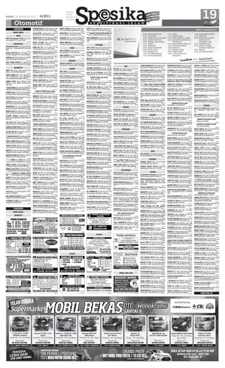 SABTU, 24 AGUSTUS 2013
SURABAYA
MOBIL DIJUAL
BMW
BMW 528i triptonik ‘97/98 slv stone byk
extra  bgs.NIT- E2/23 70721809
987785
CHEVROLET
SPIN BENSIN/DISEL 7Seat AVEO CAPTIVA
Ready+free Bonus83269759-08214096
2962
986499
OPTRA MATIC’08 Silver Met Mulus TgnI
Km60Rb Simpang DPS 21/10 72455945
987263
TROPER 4x4 ‘96 Hiroof Hijau Ori Cat Ban31
Sgt Istmewa Antik Bs Krd92122112
987449
CHEV SPARK PMK’05 Htm (W-SDA) Spr
Istmw J. Cpt Murah 63Jt Nego 0818311228
987770
DAIHATSU
BARU. PU Dp.11jt, Xenia Dp.24jtan.Unit
ADA.  71616154/082143861369
984661
PROMO BUNGA 0% Xenia Dp26jt@2.5jt
sirion Dp25jt@2.8jt Terios Dp30jt@3.1jt
Luxio Dp2.6jt@2.8jt Ready72366858
984955
PROMO ASTRA Xenia UM28@2,5 Gmax
UM13@2,3 Luxio UM26jt BsTT,ProsCPT
786 21 867
985456
*ASTRAWARU031-3444.1001XENIA@1,8
TERIOS@2,3LUXIO-SIRION@1,9PICKUP@2,3
986601
ZEBRA’91 pdjy Trop tp 21jt dlmOri NokaA-
da jl.abdurachman 179juanda70046433
986727
Taft Gt th’92 hitam 4x4 harga 65 jt bagus
082230077868 /72877790.
986851
CLASSY 91 Lengkap V.R (L) STNK Baru San-
gat Istimewa Serius Hub:03188139918
986712
GRANMAX’10 Plat No.L PwrStering,Pwr
Window,Tv,VCD,BrgOk100JtNg081331190701
986763
PROMO ISTW New Xenia Dp.23 @3Jt,Terios
Dp26 Luxio Dp23,PU Dp16@2,371920821
986756
D.SUPER MURAH XeniaDp24@2,6 PU
Dp9@2,3 SirionDp22@2,8 RedyStok08123
593 1165
986747
Taft hiline 4x2 long’90 Kaleng tgn1 (w)
55Ng Abdurachman 179juanda83275553
986816
FEROZAG2SPORTY’98AC/TP/VR/PSLBr68
Jt085748046481/8702798/081217417741
986881
charade PMK ‘82 AC nyes baru sangat ba-
gus 13,5jt hub: 031-72153247
987250
**ZEBRA’90PICK-UPOrisinilanputih.Jagir
sidosermo4 Gg makam/903172684502
986944
DIJUAL ESPASS Pick Up ‘04 AC,TP,VR (L)
harga47jt082140249888-087751249888
986947
TERIOS TX’2012 (W)Silver TGN1 Spt Baru
Istana Mentari C3/34 SDA08123530408
987016
HIJET’86 Cat Biru Met Body Utuh (W-SDA)
12JtNg Mesin Enak Hub:031-88289926
987198
DAIHATSU ESPASS PU ‘97 Biru TGN1 (W)
SDA Hub:72132179 /085235631519
987032
*******ZEBRA 1.3 ‘1990 TGN1 Dr Baru
Cat 50%Ori IntOri 25jtNg0878 5334 5553
987035
XENIA Li Deluxe Plus’07(L)Pajak Pjg ors
L/D Kondisi Istimewa 102jt70938945
987055
XENIALiFmlyVVTi’11HtmMetMTIstTg1
TV Dp30JtNg Ang2,857jt085236618457
987024
*********ESPASS’97 SLEDING AC/TP/
WD****39.5jt.PanjangJiwosdi4:70401006
987039
ESPASS Full Box Antika Raya’04 Rungkut
Medayu Utr RT7 Gg30c/15 8783416
987320
XENIA Li Sporty PjkBr’07 DP9Jt BsTT Ry
Mastrip Kdrs Dkh14 7664215/31033561
987254
TAFT GTS 90 BLIT W: GRESIK BIRU AC DIN-
GIN 47JT. 71271628/08563286789
987356
Ferosa 94 ac tp vr putih nopol baru 44jt -
Kutei 54 / 70090066 .
987280
JUAL ZEBRA PickUp’90HitamPajakHidup
17JtNg H:71244149/081553300645
987344
D.TARUNA CL’2000 Abu2 AC/TP/VR Hub:
70740990 / 081230233744
987239
CHARADE’84(L)AC/TP/VR Interior Ori Bdy
Klg 25jtNg081331733314/71569622 BU
987369
Charmant’86 (L)ori,ps,ac,full audio,brg
simpnn30jt CPT DPT 8053280 (sda)BU
987296
FEROZASE’95AC/VR/PW4BanBrGembreng
55jtPsrSumputDriyorejo085732696345
987290
ESPASS TH’2003 Silver Ac/Tp/Vr 1.3cc
Harga=55Jt Hub:031-71250809
987183
GRAN Max PU 1.5+10+1.3’08+1.3’11 Bs
TT/Krd,Jolotundo Baru 3/1 70160074
987297
XENIALiDlx’10Htm(B)105JtNGMsnHalus
L/D Spt Br Snsor Park088804877372
987161
Xenia Xi Dlx plus th.10 E.miror VR-15 Tgn1,
120jt YKP PS 1B/11081217707050
987241
ZEBRA Pick Up Th 94 (L) Pajak Panjang
Raya Pondok Wiguna No 6 77610749
987382
GRANMAX PU’10 Hitam Plat-N Km.40Rb
Hrg:79Jt Istimewa Hub:081233781232
987077
YRV’01 Matic Silver Barang Bagus Orisinil
(L) Hub:0821.3135.1947
987065
XENIA Li FAMILY’10 Slvr R16 Bgs;Pan di-
giling 318 III0811330734-081217670027
987069
XENIA LI FAMILI’O8 silver met (L) cat ors-
inil 11Ojt. Hub:  (031) 70622140
987521
HILINE LONG 4x4’99 SptBr ROCKY ’95
Km68rb TAFT GT’97 Indp HtmAntk921
22112
987447
ZEBRA’87TROPERHrg15,5JtNg
Dharmahusada Dalam 4E81003110
987499
ZEBRA’95 MESIN Halus Troper Artomoro
26,5jtNego (L)0818511756/031.71351231
987560
PROMOASTRAXENIADPmulai26jtnTERI-
OS 30jtn PU 9jtn SIRION 23jtn70465200
987593
Taft Rocky’92 4x4 hitam mesin turbo au-
dio/tv ban besar hub 031-72100008
987863
D.CLASSY’91 Ac/Tp/Vr/Br/Pw/Ps Bagus
33Jt ,Nginden IV/31 72009405
987876
JUAL CEPAT XENIA’06 Silver TgnI Sgt Istw
Skl Jl.Jimerto 3 0811373709
987910
ZEBRA 1.3’90 Tropeer Tp Noka Utuh Bagus
Skl 18,5Jt Hub:031-71194294
987913
*XENIAXiFAMILY’08HITAMTgn2BRUCPT.
Kpt.Darmo Sugondo6 Grsk081330035070
987808
DIJUAL TERIOS Type TX Merah Th2007 Ist-
mwHrg.145JtNegoHub7312322,72511725
987602
ZEBRA’94/95 Astrea 5Pnt OriCat AC/TP/VR
33Jt PondokMutiara CD7 Sda70645262
987943
JUAL CPT ESPASS Box ‘07 (EFi) Hitam Bgs
Trwt Tdk Ada Kropos 77646878
987961
XENIA Li’07 Dp 9Jt Bs TT,Ry Mastrip Ke-
durus Dukuh 14 031-7664215/31033561
987802
***D.TarunaFGXSETh 2003***BrgIS-
TIMEWA Siap PAKAI. Hub: 031-70044749
987832
XENIA Xi Dlx Htm’11 PwEmVr16 124JtN
g081357382444/087853022433/031-
71407333
987592
ZEBRA PICK UP’91 Putih Noka Asli Barang
Bagus Hrg.12,5JtNg 031-72972494
987579
J.CPT GRAN MAX 1.3D’2008 Silver Pajak
Panjang Hrg:79JtNego 031-81329492
987585
TERIOS’2010 Silver Full Audio Vr17 BU
Cepat Hrg:147Jt72032345/081231460605
987594
ZEBRA ‘91 Bodi Tech AC/TP/Nokah Utuh
Ban Baru Sangat Bagus 031-81299837
987633
STARLET 1.3 SEG TH’95 Akh Biru Ac/Tp/
Vr Bagus H=65Jt 71334989 Bs Krd
987753
HIJET 1000’84 Pdjoyo kaca sliding,Radio
TP,Velg 13,(12,5Jt Ng)031-71896760
987733
ESPASS PU MASTER’07 Tg1 Hitam Orisinil
Cat 52JtNg031-77689058/081330669947
987653
FEROZA’94 AcTpVr Interior Orisinil Istw
Siap Pakai (50Jt)Nego Hub:81215129
987664
GRAN MAX 1.3 PU’2010 Hitam (N) Krdt UM
Total 14Jt Angs 2Jtx47Bln0818396290
987684
ESPASS’97 1.6 SUPERVAN Abu2 met ac
dgn/tp/vr ful body klg 5ban bgs72543904
987849
ZEBRA STATION WAGON ‘94 (N-Pas) Biru
21jt Turisari 4/20 Sepanjang 70087331
987883
ZEBRA Pick UP ‘95 Mesin SASIS Onderstel
Bagus 24.5jt081330734959 karah Sby
987839
XENIA Li’2006 DeluxePlus AcTpVr Silver-
Met S.Pakai 95jtBsKredit081231671355
987666
ESPAS’2005 ZL Xtra9 Coklat Muda DP 20jt
@1,7 Puri indah U-26 Sda72 057 057
987659
CHARADE ‘81 Wrn Merah Pjk Hidup AC/
Tape/VR/PW Siap Pakai 11,5Jt 77645169
987690
KREDITMOBILBksCariSndrTnpTolakDia-
tas Tahun’96 72819771/081259582551
987694
FORD
FORD LASER’95 AcDgn/Tp/Vr/Br Cat Msn
Bgs 22Jt,Nginden IV/35 70825087
987902
FORD EVEREST 4x2 XLT’2004 M/T Silver
Nulus Hub:081357493888
987559
HOLDEN
HOLDEN CAMIRA’84 AC/DVD/VR/PjkBaru
Tgn2BrgTerawatSimpanan085649982286
986995
HONDA
JAZZ ‘2005 (L) ac.cd.audio biru ori L/D Pu-
cang indah K3 sda 08121689536 bu
986847
CITY 1.5 EFi’98 Ada Audio Tgn2 Tdk Kropos
Bd Kaleng 69Jt 88281806-70227199
986749
HONDA CRV ‘2001 matic istw total DP 10jt
@3,410x35 hub:8301 2941
986808
ALL NEW CRV 2.0 AT Silver ‘2011/2012 Km
8000 AssAllRisk SptBaru081333330 665
987169
Jual HONDA ESTILO’93 Putih L-Asli Ori
Istw (115Jt)Nego. Hub:083857735552
987195
ACCORD Thn’2005 VTiL A/T Silver Pajak +
BanBaruKm64RbIstimewa081803167269
986949
JAZZ ‘2004 FULLAudioTVOrsCat106jtDu-
kuh Kupang Timur 12/3 71206540
987019
JAZZRS’2010(L)TGN1ManualHitamPjkBa-
ru AudioTV Km34Rb 188jt085853155145
987058
HONDA CRV 2000ccATTh’2009HitamIst-
mewa 245jt Nego Hub:081 357 169 863
986999
JUAL HONDA JAZZ’2008 Hub:Jl.Wijaya Ku-
suma Blok i-5 Wisma Tropodo
987246
Djl honda Genio’95 htm kond bgs
hub:081553727172 , 03171775451
987333
WONDER 85(4Pintu) AC.DVD/VR PjkBaru
BrgOriL/DBetul2TrwtIstw082140144118
987076
NEW CRV’03 A/T Htm PjBr/TV/TP/Ban Br/
F.Var W-Sda 123jt Ng P.Jati BG/171200166
987100
HONDA ACCORD ‘99 VTi Warna Biru manu-
al 91223288 -081939314687
987432
Honda accord th’2000 istw harga nego
Perum Rewin Gg.4 no 69 0812 3264 7422
987438
Honda CITY Z VTEC’00 (L) AC,TP,VR BIRU
TUA met 031-70791029 /0817 5192 401
987467
CRV’01 OrsTotal Tg1(L) Antik  NEW AC-
CORD’04 AT VVTIL SptBr BsKrd 92122112
987461
ACCORD PRESTIGE’89 MANUAL Ac Dvd
TvPsPwEmVrClTerawat.Hub081615067717
987551
CIVICWONDER’86ACTAPEVR
Hub: 085 6335 8074
987502
MAESTRO’91 Mtk AC/VR/Audio TV/Interior
Orisinil 39,5jt 031-71071361
987900
CIVIC LX’88Hitam(W) 44jt Hub:GajahMag-
ersari RT.11 RW.04/5 Sda082228023255
987907
JAZZ IDSi’06 Manual Silver Stone TgnI(W-
SDA)Ry Dukuh Kupang 58031-40058379
987909
H.WONDER’84 AcTpVrBr 21Jt+Excalant’83
AcTpVrBr 17Jt,Nginden IV/35 70825087
987903
JAZZ’04 AT Triptonic Mulus Ready Bs An
Pembeli TT/Krd71611550/081330641130
987905
H.FREEDPSD’10Dp12JtBsTT,RyMastripKe-
durus Dukuh14031-7664215/31033561
987796
H.ACCORD’82 Ac/Tp/Vr Pjk Bln’07’2013
16,5JtNg Hub:Yoyok031-71346005
987622
*ODESSEY’02 AC/Tp/Vr/audio/TV 120jt bs
kredit.Ry.kundi 38A/Tmr psr71697325
987856
HONDA WONDER ‘84 4pintu 22Jt Pas L
PW.AC.TP.VR Istimewa Ngagel 127A Pjk-Jbt
987649
HONDA GENIO ‘92 (53Jt Pas) Pajak Telat
089 838 636 03 - 7845 3969
987774
EXCELLENT TH’81 Coklat Muda Tgn2 Ac/
Audio/Cd Hub:08123157199
987650
JAZZ’05 Manual(B)Pjk Baru Biru Istw Ori
LrDlm 112JtNg72078397/081216657114
987656
****GRAND CIVIC’90 HITAM AUDIO-TV
**Pwpsvrcl082335833733/031.70727737
987871
CIVIC WONDER’86 Lumayan 29jt AcAudio
VelgStandart031-83465753-08161522
3017
987680
HYUNDAI
ATOZ GLS’02 Silver Met Istimewa UM:15jt
Angs:1,7jtx47 70150772/0811314259
986868
HYUNDAI ACCENT’06 SILVER Tgn1 KM.
40rb 100% OrsCat=72jt RL 5K/9031-
70788 900
986721
AVEGA GL 1.5 Aqua Blue 2007 (L) Mlus Siap
Pakai,Pjk Hidup.85Jt085330958395
986932
HYUNDAI ACCENT’99 GLS Ac/Tp/Vr Silver
BsKrd Gunungsari Indah PP-3670987891
987258
HYUNDAI ACCENT’02 Biru Mls 70Jt Ng
Plat(L)STNKBlnJan83854707/08883100768
987425
ATOZ ‘03 GLS ISTIMEWA. Dukuh Bulak
Banteng Pandu 1/83. Hub:  031-70122144
987556
TRAJET04Silveristw87,5jt
 031-8703255
987484
ATOZ GLS’01 Biru metlk ori luar dlm antik
istm 66,5jt Ng 70100988 Tulangan
987504
BU ATOZ Nop L’2004 Biru Metalic 70jt
Nego Hub:081332372940/34946455 Sda
987773
ISUZU
READY ERTIGA ALL Type BONUS VARIAS
I,Splash,APV,PUMC. DPAngsuran Sangat
Ringan031.81459765/081331278546
986345
PANTHER LV ‘02 (L) Ac,CD,Ps,Vr,Pjk Baru
87,5Jt NG BU!72514144/083831011847
986675
GRAND ROYAL2.5 (L)’97biru ist ACdbl tpvr
PucangIndah K3 sda08121689536 krd
986843
PANTHERPICK-UP’2010Ac,CdHitamSTNK
Bru Jl.Pandigiling 318 III0811330734
986775
ELFMikroBus‘11Pmk‘1213setAcTpAudio
TvLampHIDKm44RbIstw081803167269
986933
PANTHER ‘96 AC RT Vr Pajak Baru Bodi Mdl
Pajero Sport 63.5jtNg031-71206208
987052
PANTHER LV’03 BiruTUA Met Istw Prm
AURiJl.AVIA235DpnGiantSDA031-71189159
987322
PANTHER SUPERIYOR 2.5’97 Ac/Tp Rung-
kut Medayu Utr RT7 Gg30c/15 71003399
987217
PANTHER LS’04 Silver Istimewa L/D B.U
Tnp Prntr.Plat P(Jember)0331-332806
987003
PANTHER HG’94(L) AC TP VR terawat ori
merah, Gayungan 1/27  77281360
987279
PANTHER Hi-SPORTY’97 Ac/Tp/Vr Abu2
Met S.Pakai031-7523607/83205552 Nego
987082
DJL PANTHER LV’00 Biru Mtlk Kondisi Mu-
lus PW Hrg:105jt Nego H:081330515337
987095
PANTHER ROYAL’98 73Jt Tgn Ke.1 Mesin
Halus Terawat.Pucang sewu 7171516825
987408
BYSON’934RODAFullboxAlminiistwMulus
PajakBaru03170752600/085754235888
987537
GRAND ROYAL Plus’98 (L)Biru Metalik Me-
sin Bagus Cat Orsinil 087852223699
987919
NEWHigrade2000Tgn1Silver93Jt,Pondok
Mutiara CD7 Sda 91677086
987950
GRANDROYAL’97Klg,ACDbl,NoKropos,TP,
Pjk Pjg,Header,JaminIstw03181236190
987951
CPT DPT PNTHER’95 ISTW Ac DblTpVrPs
55jtng.Ry.kundi38A/Tmrpsr087852471155
987859
PANTHER LS’01 AcdBl/VR Tgn1(L) Merah
Metalik,DharmahusadaMasAE1070897527
987627
ISUZU DIMIK’2007 DobelKevin4x4 Turbo
100Jt Jl.Sidotopo Wtn 11B087853673606
987691
ELF MINIBUS’09 (N) Biru Krdt UM 25%
Hub:Baratajaya 19/83031-70985447
987702
***PANTHERPickUpth‘1996(W-Gresik)
Hubungi:03172679049 / 081217258182
987830
PANTHERPickUpFullBOXth2008(LSrby)
Hubungi:03172629049/081217258182
987813
GRAND ROYAL ‘97 biru barang bagus w-
sda 031.72343490- 082139848184
987833
KIA
KIA RIO Silver Nov.2012 Tgn 1 Dri Bru,a/n
Sdr,Oper Kredit 082132268820
986696
CARENT‘03AKHIRHitamL-SBYCD/TVOrig-
inal 85jt.031-72682606/081331444250
986870
KIA CARNIVAL Diesel AT’2000 Wrn Cream
Hrg 77,5Jt Barang Bagus 085215694888
986967
KIA CARNIVAL ‘00/AT Pjk Pjng,Istimewa,
Plat N-Mlg 65Jt Nego SBY081339337348
987208
VISTO ZIP Drive A/T’03 (L)Hijau Muda Ors
L/D Istw 69.5jt 0878 5154 6454 BU
987061
VISTO ZIPDRIVETh’2002W-SDAOrisinilan
Silver An Sendiri Hub:Waru71314033
987319
CARNIVAL GS’2000 Silver Met SuratBaru
OriginalIstw03170445885-08123188861
987866
KIA SEDONA’02 Solar Turbo(85Jt)+ Pan-
ther’04 Fulvar(100Jt)Jl.Sidotopo Wtn 20A
987676
MAZDA
MAZDA HB 323’85(N)AC/RT/VR Ori L/D Me-
sin Sehat Bgs 18,5Jt Nego 77367353
986799
MAZDA VANTREN ‘97 istimewa.AC. TP.
VR. Hubungi : 031 92663172. Waru
986865
MAZDA 323 ELITE’88 Htm PW/PS/EM/
ElektricNormal29jtNegoHub:08123396341
986988
Mazda MR ‘92 PMK’94 Ac/Tp/Vr Mulus,
mesin oke, BU.22jt Ng.Hub:031-31080222
987526
MERCEDES
300E Th’87 (40) Sentra’90 (28) Elite’87(25)
Taft’82 (38) 81616168/81764027
986811
Mercy New EyesE230Th2000PajakBaru
Hubungi : 081-23548125/081-8337810
986900
MERCY C-200 ‘96 (W) Silver Dbel airbag jok
Kulit Istw 78.5jt0812 3472 7246
987045
**JUAL MERCY 280 S Kebo th ‘71 Ps/Pw
STNK Pajak Hidup 55Jt08155296565 Nego
987199
MERCY C180 Slvr’96 PjkBr DP16Jt BsTT Ry
Mastrip Kdrs Dkh147664215/31033561
987312
MERCY 230E’91 Full Var Abu2
Met Ori
Jl.Cureng1 PerumAuri Simogng 70036155
987355
**** Jual MERCY Th’88 Siap Pakai Orsinil
Cat Ban Baru. Hubungi031 78202684
987506
MERCY E300 Th’89 Warna Brown Plat-L
37,5Jt 031-79310012 / 081252299855
987744
MITSUBISHI
L300 ‘85 bensin W-sda Karoseri sptADIPU-
TRO JUMBO biru 27jt085733035676 sda
986691
GALANT V6 ‘99 (L) VR18. Audio Sgt Ist 75Jt.
Ngagel 127A Pjk Jmbtan72457573
986699
KUDA GRANDIA 03 Diseltgn1CDTVIstw.
BarataJaya17/45081359067878/ 77158
778
986876
L300 Disel Box’03 TgnI (L) Coklat Ors Cat
Btl2
Sgt Istw BU Hub:70775544
986825
ETERNADOHC‘92(Matic)OrsLuar/DlmPge-
mar 40jt Ng 081938086393/70635899
986713
T120 SS Istw New Armada’96(W)HijauMet
AcTpVr STNK,PajakPanjang 95% Betul2
Bagus,Siap Pake!! 37,5JtNg081252306669
986787
Djl Cpt COLT’79 (N-Probolinggo)Cat Baru,
MurahSaja,Ng SampaiDpt 085707000779
987346
LANCER’84 AcTpVR19jtS.Pakaipondokjati
2 BL-22A SDA70689261-081235438522
987351
JUALL300PickUpSolar’92
50Jt Nego Hub:082331515100
986985
MITS L300 Pick Up Solar’86 Istmw Barata-
jaya 3A No.68 031-81255089
987295
Lancer DANGAN’90 (W)hitam ac/cd/pw/
ps/R15 L/D btl2 sgt trwt bgs03172535353
987060
LANCER SL’82 AcTpVr Pajak Baru Siap
Pakai 22JtNg 71775384 CPT BU
987363
J KUDA GRANDIA’02 Bensin Abu2 Metalik
Kondisi Baik / 91jtNego 08123541305
987249
MITS GALANT V6’94 Manual VR17(L)Siap
Pakai Abu2
Met 081234063696 PMK
987167
L300 PIC-UP’98 Tg1 Mlk Pribadi Dr Br Mu-
lus Sekali081330648051/031-70992972
987054
GALANT V6 TH’95 Silver (S-Mojokerto) Ba-
rang Bagus Terawat Hub:031-81115253
987070
**** KUDA SUPER EXCED’99 BENSIN
***65jtTDP.10jt,Menganti031.72724951
987842
***T120SS’10PICK-UPBOXSpantenTGN1
Hitam 72jt Kredit OK Hub031.88286555
987848
MITS T120ss’95 NewArmada AcDbl/Tp/
Vr(35Jt) Kenjeran 20760254170 /0817510
265
987957
KUDA Super Exceed ‘00 Dsl,AC,Dbl Blwr,
Alrm,CL,TP,Radio,VR Hrg 79Jt 5024457
987642
L300 TH’2003 Long Pintu 5 Fulvar (70Jt)Jl.
Sidotopo Wetan 11-B 081216292711
987681
ETERNA SOHC ‘90 (L) Ac Audio VR.17 PW
PS Putih Bagus 29jtNego 70731975 SDA
987850
NISSAN
XTRAIL”06,Pmk Silver Spt Baru Harga
131juta Nego Hub 7386035,0811351148.
987219
CPT TERANOSPIRIT’2001BiruMetCatOri
Mesin Halus Siap Pakai087756012001
987878
XTRAIL AT’03 ST Silver Audio JokKlt TgnI
Istw 087853765948/70916646 Bs TT
987924
DJLCPTNISSANINFINITY’2000SilverHrg:
70jtNego081336281726/081703284469
987611
LIVINAXRA/TDp12JtBsTT,RyMastripKe-
durus Dukuh14031-7664215/31033561
987805
GRAND LIVINA 1.5 XV’2008 AT Jual Cepat
Hrg:132Jt Hub: 72340506/087854055561
987555
BU XTRAIL XT ‘2010 GREY Met TGN1 KM
66rb 120jt Nego 8793723 -0811325148
987835
OPEL
OPEL BLAZER LT’98 JokKlt Ac/Tp/Vr/Br Cat
Msn Bgs48Jt,Nginden IV/3172009405
987941
PEUGEOT
PEUGEOT 406’97 Silver Ori Luar Dalam
49jt, Berbek III/34 71491443
987872
PEUGEOT SPORTY 307’02 Komplit Biru
Metalik0816524941/031-70793202
987600
SUZUKI
ErtigaGX/GLPutihGreyHitamDllDp36jt
@3jt.an Kirim Jatim081216442144
984315
HARGA SPESIALReady All TypeColour
Ertiga Dp44jt,Splash Dp28jt,PU Dp13jt.
SEGERA UNIT TERBATAS83133424/ 081
2345 48262
985472
SUZUKI KATANA’87 AC/TP Simogunung
Kramat Barat 5/11 78652101
986804
BALENO’97 (L)Audio TV Pjk Br Vr Istw Ori
L/Dlm SptBaru Tdk Kcw081331155266
986780
Splash GL ‘2011 Akhir, Ori Hitam Met
Hrg.119Jt Hubungi: 0812 328 0557
986826
CARRY BOX 1.0’03 TgnI (L) Ors Cat Btl2
Sgt
Istw BU Cpt Hub:78153194
986821
CARRY FUTURA FUL BOX Th’2010
+Th’2007 Hub:8536737 -0812 3437 2255
986743
KATANA GX’93 Ors Cat Biru Malam Pajak
+BanBaruAc/Tp/Vr46,5JtNg03181067474
986723
CARRY’92STATIONWAGON28JtPasJl.Dupak
Bangun Rejo Gg.5 No.29081357914366
986783
SZK CARY Pick Up’86 Lampu Kotak(18Jt)Jl.
Kalilom Lor Baru 2A/15031-77371322
986779
JUAL FUTURA TH’91 Troper Bisa DiKulak
(23Jt) Hub:031-77248257
986751
SUZUKI CARETA’96 Ac,Tp Silver Terawat
Jl.Pandigiling 318 III031-71556250
986777
KATANA ‘93 AC TP Vr istimewa 44jt Hub:
031-77744309 /0821 3298 8519 Sukodono
986753
FUTURA PU 1.5 ‘05 CARRY PU 1.0 ‘06 J.Cpt
Bu TAS3 J10/15 Wonoayu031-77184 789
986850
katana ‘2001 DX 55jt (S) AC CD jl kupang-
Gunung timur 6/1A sby031-70381181
987011
KATANA’92PS/AC/TP/VRBodyKlgHijauMet
42JtNg;Tambak Dlm Baru 4/1 91844509
987171
KATANA BLIT’91Pmk Merah Body Kaleng
AC/CD/VCD/VR4BanBaruPjkPjng79650162
987155
J.CPT KATANA ‘89/90 AC/Tape 33JtNg 
3726503/60601217 (Utra Samsat Kenjeran)
987173
BALENO ‘97 Biru TV,CD,VR Dalam Bagus
Pajak Mati 1Th 66Jt. Hub:085645050703
987202
Carry93 PU 32Jt+Zebra94 PU Mls S.Pake 24
Jt082141221097/70244092 Bangkingan
987021
FUTURADRV’2003AcDblVrTpOrsL/PAn-
Sendiri jrgPakai 65Ng8672174-91758647
987009
SUZUKISIDEKIK‘95AcCdAudioVrBarang
Bagus 72jt Nego 0813 3015 0975
987031
CARRY CARETA ‘91 Adiputro TP/VR (W)
BiruMet Istimewa Cepat BU Hub:79433853
986977
PROMOERTIGADp29jtan/2.4Dp12jtan/1.8
Byk Bonus031-31158806/031-92546969
987261
PROMOBIGDISCErtiga,SplashDP/AngRgn
R.Stock 031-70435050/081232539878
987307
KARIMUN GX th’03 BIRU tua 81jt.Sutorejo
Selatan II/3781583941/085649810059
987385
ESCUDO’04(1600cc)PjkBaru108JtNgJl.Bro
mo CC-11 Wisma Tropodo08585228 7788
987226
BALENO’01 DP 12Jt Bs TT/Krd Ry Mastrip
Kedurus Dukuh 14 7664215/31033561
987287
Escudo ‘96 hjau istmw ori luar dlm
audio full w: sda bln 4. 031-83743824
987301
CARRY PU 1.5 Htm’08 (W) Sda STN Pjg Kir
Hdp Siap Pakai 71860075
987336
J.Careta’02 Silver 90% Ori,AC,TP,VR,Istw
TglPkai 03128868173-085853690977
987247
FORSA AMENITY Th’90 Putih BU 40jt,
Pagesangan Timur 30 081515328045
987265
Katana GX’97HtmOriLuarDlmIstw(W)SDA
PjkBaru bln8 72366829-081330764924
987293
KATANAPmk’95(L)putih
hub:70860007 / 082230860777
987235
BU CPT FORSA’86 Ac/Tp/Vr Biru bgs (L
Sby) Pjk Br S.pake  70279049
987341
FUTURA P.U’05(L)Pjak+KIR+Ban Baru S.
Pake 55jt Psr Sumput Driyorejo70241 712
987371
BALENO Th 2000 Biru Milenium Tgn1 Cpt
Mlk Prbd 700 800 04-700 800 05
987305
ESCUDO ‘96 Ac/Tp/Vr/Ps/Pw Full Audio Pjk
+Ban Baru istw 82Jt Ng Kertajaya 9 Raya 22
72356118-082139564032
987311
KARIMUN’00 Silver Ors LrDlm Pjk Baru;
Semolowaru Utr VI/2 70998169 (74Nego)
987326
FUTURAPU’09OriTgn1
,Jolotundo Baru 3/1 70160074
987316
READY ERTIGA, Splash,Pick-Up,Disc.Besar,
All Suzuki H:7705 6000/081216130666
987088
SUZUKI BALENO’00 Ori L/D Kondisi Tera
wat Hrg:73Jt Hub:081553481773-72030002
987078
Jual Cpt Suzuki MEGA CARRY 1.5 ‘2013
PickUp HalfBox Cat Ori 083831100616
987105
Zebra’92Carry’92AC/TP/VRTgn1OrsTotal
Rungkut Lor VI/34 0857 3091 0225
987327
SZK FTR’05 Fulbox A.Rya Sby (L) Tg-1 Ori
Istw 56jt 71556443/0812131644810
987086
CARRY PU’96 Terawat/Jarang Pakai Pajak/
Kir Baru 36jt 085655489998/71339619
987093
CARRY PICK UP’99 Biru W-sda Pjk Br Kir
Bln 12 38jt Ng71254130/085850928975
987103
KARIMUNGX’03(L)CoklatMETBAN4BARU
TRWT80jtNGBU08123506754/03171601072
987422
CARRY’95 TroperPd.jyRcTpPjkHdupAsli-
L 34,5Jt NG.Bd Klg77328460 BU CPT
987512
CARRY ‘94 P.joyo Tp/Vr Bd.Kaleng Mulus
Istw (S-Mjkt).081231586301/71138396
987515
BALENO‘2001DXATA/nSdrAbu2
MtlGriya
Kebraon Utara DN-02 081331795854
987491
PROMO ERTIGA FREE SERVICE-3,5th Plus
bonus variasi03181171063/ 08523353
6907
987572
BALENO MELINIUM’00 W-SDA AcCdVr Pw
Ps Ors Cat PajakBaru 72.5jt72485404 SDA
987507
FUTURA PU ‘2004 Biru W-SDA Bak 3Way
56jt Nego Hub:0813 3156 3391
987511
KARIMUN SILVER’00 audio TV Istimewa
Ors Cat L/D Hub: 081233112324
987966
KATANA’03 Biru Met Plat-L 72Jt Nego
031-92000609/5614224
987838
CARRY’86 Tropeer Podojoyo Cat Msn Bgs
17Jt ,Nginden IV/35 70825087
987911
FUTURA REALVAN DRV’00 TgnI Istimewa
73Jt Hub:70361063/081235429154
987922
KARIMUN’01 Biru+VISTO’00 Silver TgnI
IstwHub:08165417478/70916646Krd/TT
987916
FUTURA’91(L)Artomoro Ac/Tp/Vrc Bagus
Terawat Jl.Petemon Timur 106 5351936
987944
CARRY’84 ST Wagon Istimewa Pjk’17 Plat L
Hrg 25Jt Ng Hub Dwi03183471500
987495
FUTURA PICK UP 1.5 Terawat Thn 2010
hub:031-71775111/7411334
987737
SUZUKI PUSAT DP/ANGS PALING MU-
RAH.PU,ERTIGA,SPLASH,SWIFT,APV,Bonus
Byk Bs.TT R.Stok 031-71134115-08170 39
11 488
987837
SATRIA’2008HitamMulusMesinBgs,Demak
Jaya 5/1 5454578/081332308252
987945
Cary90 pdjyotroper 30jt.Cary pup96.Cary
boxalm95.MnyrKrtaadi 7/22.92347907
987790
SUZUKI BALENO’96 (L) HITAM 65JT JL.
HAMZAH FANSURI 28 SBY 031-71343 555
987783
SUZUKI SWIFT CBU’06 Manual Ori Wrn Hi-
tam Pajak Bln 5(L-Sby)126JtNg71307744
987590
JIMNY’84 Model OﬀRoad Ban31 Handel Dpn
Msh Aktif Bgs70065515/081938567800
987589
ERTIGA’12 GA Abu2 Pajak Baru,Dvd,Velg
Racing Cover Jok 125Jt082141275687
987629
SUZUKI REALVAN GRV’97 Wrn Hijau Hub:
Jl.Kenjeran 126 Sby
987612
**ESTEEM’95 PMK ORISINIL Ac/tp/vr/pw/
ps 46jt H.Rungkut menanggal 2 No:8 Sby
987869
CARRY PU 1.0’96 Siap pakai 36jtnh bs
kredit.Ry.kundi 38A/Tmr pasar71697325
987841
CARRY 1.0 TH’90 New Armada Vr/Tp Nga-
gel Tirto 2/44 70294178-70054339
987751
ESTEEM 1.3 PMK’94 VR,PS,PW,AC dingin
Mesin halus Istw (W) 48,5jt 77121226
987775
J.SUZUKI CARRY STW’86 (W)Sda Lampu
Kotak VR plat Baru 17jt Ng 03171222984
987914
SZKCARYTH’1984Hub:Jl.MedokanSemam
pir Indah No.19(Tangkis)081515118836
987672
KATANA GX’93 Biru Ac/Tp/Vr/Ps Ori Total
L/D Pajak Panjang91219319/92486789
987845
SIDEKICK’96ORSINILAc/tp/audio73jtngbs
krdt.Ry.kundi38A/Tmr psr71697325
987840
SZK JATIM MRH ERTIGA 42jt,APV, SPLASH,
SWIFT,PU Wagon R88157057-089608999
031
987864
JIMNYPOLWAN‘84VRTPBagusSiappakai
35jt BU 031-7024 4771
987669
Dijual Karimun”00BiruMtlk(W)SDAACdi
ngin/VCD/PS/VR03134447789 Wage SDA
987606
TOYOTA
Djl B.U TYT COROLLA SE SALON’87 AC, RT,
VR, S.PAKAI031-71298417,08770 2403
610
986695
KJG SUPER’93 Nusa Short Biru Standrat
55Jt,Wisma Permai X1V/P1503171914373
986621
AVANZAE’06HITAM(L)105JT
Deltasari  31225637
986653
AVANZAG’04SILVER(W)109JT
Waru  08123614861
986661
GREAT COROLA ‘92 SEG AC.TV.VR.PS.PW
(L) Kond Orgnl 61Jt 77285559
986688
KIJANG SUPER G ‘96 1.8 AcDbl Tp Vr Ps Cl
bagus istimewa 57.5jt 8815 2759
986769
KIJANG KRISTA Dsl ‘2001Tgn1(L)FullOrs
Biru Silver 113jt 0815 1515 0809
986817
Kijang-G’94 Long Ac Dobel Vr/Ps Sangat
Bagus 63jt Ngagel Rejo 1/9 77656096
986867
KIJANG LSX’04 Ac/Tp/Vr 110JtNego Ry
Penjaringan Tmr 18 72767024-70987456
986759
LGX’04 1.8CC BiruMet PjkBr Istimewa UM:
34jt Angs:3jtx4770150772/0811314259
986855
LGX’04 1.8CC BiruMet PjkBr Istimewa UM:
34jt Angs:3jtx4770150772/0811314259
986864
INNOVA DSL G Slvr Ori’06 PjkBr’06 Mulus
Irit BBM 165Ng CptBU 081335834585
986869
JUAL CPTInnovaV’2005GreenLightIstime-
wa Hub:081230096989/70114009
986768
SOLUNA GLi ‘2000 ps/pw/cl/ miror spakai.
bluru permai FA-1 0815519 6225
987269
AVANZA G’11 Htm (L)AC.TP.VR Mls TP DrBr
135JtNg,Nginden Semolo 18A72741818
987142
***TOYOTA GL’84 SILVER Ac/tp/vr.Jagir
sidosermo 4 Gg makam/9 :031.72684502
986939
KJG G Short’96 Pns Up Grand Extra PW Mdl
Grand Extra Interior Ori 70635576
986937
KIJANG GRAND Extra Th’95 Short(L) Abu2
Met AcDgn JokBr 72Nego 081357992526
987014
KIJANGPickUpTh’95Vr/Rc
H:46,5Jt Nego Hub:031-71790375
987201
AVANZA SILV G’09 TgI 129 Ng+Strada Ex-
eed’10 Htm Met DoubleRab Fulvar Velg 22
290 Ng 081272156434 Cepat
986991
SOLUNA GLi’02 Model Baru silver Msh Asli
Smua 79Jt Hub:031-72076677
987221
SOLUNA GLi’00 Silver Ori Luar Dalam Is-
timewa Hub:031-83823442
987222
COROLLA DX’82 Ac/CD/Vr Siap Pakai Jl.Bro
mo CC-11 Wisma Tropodo031-34200136
987216
INNOVAG’06Dp19,5JtanBsTT/KrdRyMas-
trip Kdrs Dukuh14 7664215/31033561
987230
VIOS G’03Dp6,5JtTgnIBsTTRyMastripKe-
durus Dukuh14 7664215/31033561
987248
KIJANG G.Extra’95 AcDbl/Ps Dp Bs TT 12Jt
RyMstripKdrsDkh147664215/31033561
987299
KIJANG FullBox Alm’94 Ac/Tp Putih Ori
Jl.Cureng1 PerumAuri Simogng70036155
987315
KIJANG KRISTA Dsl’00 TgnI Full Var Cat Ori
Hub:Simogunung 3/1 0811342676
987361
KIJANG Grand Extra 1.8’95 Full Var Long
Ori Hub:Simogunung 3/1 0811342676
987360
AVANZA G’10 (AG) Hitam VR17/Ac Dbl/Ba-
rang Bagus/Bs Kredit  08563480209
987255
TOYOTA HARRIER 2011 2.4 L A/T Putih
Panoramic Mls Nopol Cntk 08563333304
987337
CORONA Ex Salon 1.6 ‘90 Hitam (WSda)
Mulus S.Pakai AC Dingin 35Jt 70173025
987306
AVANZA G ‘2010 (L) TGN1 Dari Baru Hitam
FULL-VAR KM35Rb Asli 71154444
987309
AvanzaG06km60rbtg1drBrsptBru133,5Jt
recordAuto2000 bu cpt03172022225
987313
AVANZA’07 Akh Tipe S Slvr Ist LuarDlm;
Semolowaru Utr VI/570998169(122Nego)
987314
AVANZA’05 G Silver Pjk Baru Istw;Semolo
waru Utr VI/5 70998169(112Nego)
987300
AVANZAE’08MerahMtlTgn1FulvarAc/Tp/
Vr/Ps/Pw/Em 120JtNg BsKrd/TT Kertajaya 9
Raya 22 72356118-082139564032
987321
INNOVA -G diesel th’2009 silver (L) mulus
terawat hub: 031-7287 8484
987365
Kjg Nusa grand extra’92 long Abu2
ors bn
vlk rc br Cl rmt 70jt77615770 Spj
987359
LIHAT HAL 20
19
SURABAYA
MOBIL DIJUAL
DAIHATSU
PROMO DAIHATSU . . . . . . . . . . . . . . . .
. .1X25
984568
DAIHATSUPROMOLEBARAN ..... ......1X25
. . . . . ..
984766
DAIHATSU REKAN USAHA ANDA . . . . . . . ..
1X25 . . . . . . . . . . .
986311
PROMO ASTRA DAIHATSU . . . . . . . . . . .. . .1X25
. . . . . . . .
986626
PUSAT DAIHATSU JATIM . . . . . . .. .. . . .
. 1X25
986914
DAIHATSU GEBYAR BONUS .. . . . . . . . . .. . ..
1X25
986915
DAIHATSU SUPER BONUS . . . . .. . . . . . 1X25
. . . . . . .. . . . .
986943
DAIHATSU PAKET . . . . . . .. .. . . . 1X25 . . ..
. . . .. .
986951
GEBYAR DAIHATSU CIAMIK . . . . . . . . .
. . .1X25
986963
PAKET MURAH . . . . . . . . . . .. . . .
. . 1X25
987451
SUZUKI
BANJIR HADIAH . . . . . . .. . . . . . . .1X25 . . . .
. . . . . . .
986645
SUZUKI PUSAT . . . . . . . . .. . . . . . .
. . 1X25
987453
SUZUKI . . . . . . . .. . .. . . . . .
. . . 1X25
987455
TOYOTA
AVANZA READY STOCK . . . . . . . . . . . . . .1X25
. . . . .. .
986617
PAKET KETUPAT TOYOTA . . .. . . . . . . . . 1X25
. . . . . .. . . .
986931
PROMO TOYOTA . . . . . . . .. . . . . . . .
. 1X25
986954
PROMO MERDEKA . ... . .. .. . . . .. .. . .... ...
...1X25
986958
TOYOTA HARGA MURAH . . . . . .. . . . . .
. . .. 1X25
987445
MOBIL LAIN-LAIN
KREDIT MOBIL . . .. . . . . . . . . . . .
. . 1X25
987442
 