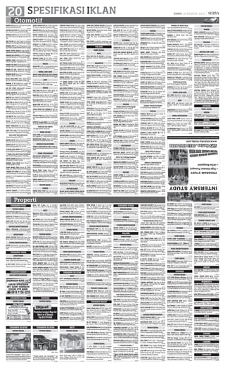 SABTU, 24 AGUSTUS 201320
SURABAYA PUSAT
RUMAH DIJUAL
RukoJl.MayjSungkono,DrmoParkV-B5x18
Jl.Jarak55±7x18081233333809NoSms
986684
J.RMH BCF Jl Utama 8x22m 2Lt Sertiﬁkat
700JtNg H:031-71906774-081331717809
987370
J.RMH SHM IMB 66m2 4Kt 3Km Dkt Univ.
WidyaMandala195Jt70368639-77118040
987918
RUMAH DIKONTRAKKAN
DiKont Rmh,Ruko Jl.RyPakisTirtosari82
10x202LtCckU/Ush081233333809NoSms
986670
APARTEMEN
APART TRILIUM 3BRPETRA Square Type
Junior Semua Full Furnish 031-91113162
986766
STAND DIKONTRAKKAN
DSEWA OpenCounter CckU/Jual Makanan-
Ringan Lok PsrAtum085231727835/ 7730
5192
986785
SURABAYA TIMUR
APARTEMEN
DISWKAN APARTEMEN Puncak Kertajaya
Tower A 2BR Hub:087853606969 Nego
986746
JL EAST COAST 2BR/Ruko Karaoke 7 Room
Sidoarjo 6x16 2Lt Hub:70720156
987179
Aptm Pck K.jaya Twr A Lt8,1BR,S.
Huni,AC,TV,L.Es,Bed 275jt Ng 08123205846
987663
KOST
Rmh Kost 19KM,Lt.200/Lb.358m2
,13,200W,
SHM MA I/F-43(Dpn UPNAgus 081330216
536 TP
985979
KOS PUTRI 1Kmr 1-Org 275rb SpringBed,C.
Strika Jl.KapasKrampung 242 5031105
987908
Terima Kos U/karyawan/i Jl. Nginden Intan
Utara No.44 Sby Hub: 08125870518
987816
Kos Putri Rungkut Asri Timur VI/25.C5 sby
hub 087859667939 - 087854990077
987906
RUMAH DIJUAL
DJLRMH7x20PDAM5KT,2KM,Garasi.Kepu-
tih Tegal 10/5A81583430-081358032272
986853
J.CPT RMH Tkt S.Huni Lok.Strgs 8x14 BsU/
Ush 7Kt+2Km;Baratajaya3/7970797810
986754
DJL RMH BARATA JAYA 180/100 CEPAT
BU,JEMUR SARI TIMUR 200/160 ,NEGO ABIS
BU RMHKOSNGINDEN19KTFullH;ADi0838
31189775,081703306144,081357046826
987329
RMH SHM Renov 250Jt Nego Klampis Ngas-
em Tembusan 5-C 085745919880 TP
987141
J.RMH Drh MULYOSARI(950) BABATAN PAN
TAI(1,1)PAKUWONCITY(1,2)08123538697
987191
CITRA MEDAYU RSD Lt.72 Lb.36 SHM
Harga 360Jt/Nego 08155130122, (No.Sms)
987057
MILIKI HUNIAN MEWAH PERUM Amerta
Green Land Akses MERRTOL Pndok candra
bebas UM Fas LKP70392277/71819737
987204
JUAL RUMAHMitraResidence.Shm,Lt172M,
Lb 40M P.Candra, Yosef08155051090
987403
Wonoayu Pandugo,Rungkut 2kt,1km Reno-
vasi.Pdam,shm+IMBBU77606015/34064697
987509
J.Rmh Jl.Rungkut Asri Timur 18 no.16 Lt390
Lb370 SHM. 3,7M nego 08165456090
987490
SALE/J.CPTRMHSidosermoPDK10x20/330
2LT FullBgn,Seltn,SHM,Diaprial 2,5M Jual
2,2M BU! 31311589/082325688333
987634
J.Cpt Rmh 8x20=160m2
petok D.5998.01.
025 di medayu utara Gg 27-D blok H3 H:400jt
hub:H.Wafak,pandugo I/10 Sby
987932
RUMAH DIJUAL SHM Uk:160m2
Jl.Brong
galan 2G No.46 Sby 081553700 826
987677
RUMAH DIKONTRAKKAN
DIKONTRAKKAN RMH 1RT 2KT 1Dp Cpt
BU, Jojoran III-C/20 Hub: 081249333542
986637
OPERKONTRAKRmh10Bl5KT2KMGarasi
Jl.Bronggalan Sawah 5D No808175011141
987488
TANAH DIJUAL
J.TNH YKP 13x25mshbk.Ha5jtperm2drh
Penjaringansari 2b 38 sby.Dkt merr
986651
DIJUAL TANAH Uk:6x12 Bumi Wonorejo
Asri Rkt 45Jt NET Hub:085730287787
987145
Tnh Ivestasi GAnyar10x20:125Jt Dekat
Ubaya SklhPelayaran OERR JlTol83220101
987531
J.TNH±2000mLbr17,5mJln.RayaKenjeran
Ada IMB Sdh Uruk 081332742717
987747
RUKO DIKONTRAKKAN
Disewakn Ruko 4Lt Hdp Tmr Jl.Besar RMI
Ngl Jy Slt BlokC:77161818-0818521114
986794
TEMPAT USAHA LAIN
DIKONTRAKKANTempatUsahaUk:3x6m
Dekat UNAIR, Serius Hub:081519572695
986748
Dikontrakkan Tempat Usaha JL. Dar-
mawangsa 84 Surabaya 0857-3236-2699
986875
SURABAYA SELATAN
KOST
KOST KARYAWAN/TI/PASUTRI 350rb/bln
Siwalankerto196T:081330192203/70673303
986972
RUMAH DIJUAL
JUAL Rumah Pojok Jl.Ubi 4/14 Sby Lt.208
Lb.207 4Kt,3Km72320171/08123032636
986618
Djl Rmh Lt:360,Lb:600.Ketintang Baru II/
Kav 44.H:087852757991,087851324384
986814
J.R WIS TROPODO BY23 SDA 7x12m B. 100
m2
1,5LSHMIMB0318010023/081231309818
986866
JUALRMHTgk2,Km4,Kt8187m2
TrosoboUta-
ma Blok E/9 Kel.Sidodadi Pdam,Telp,Rt3,Dp2
Pojok 081234111570/670 Tp
986907
RmhBaruPUTRIJUANDAmnmalis,SHM,Lt120
2KT,KM,hdpUtr71378883-083849918883
987310
J.RMH Perum SedatiPermai Jl.Bangau AA-
15 Pabean Sedati 325JtNg081331542300
987284
JUAL RMH PPG 7x13m Hrg 160JtNg FulBgn
Siap Huni H:031-71906774-081331717809
987379
OPEN HOUSE 25 Agst’13 Jam 11-15 Rmh
Baru PCI Blimbing 4/78 SHM 200M2
AC,
Taman,KT3+1,KM2+1Hub:081553508777
987597
JL.CPTTPRMHTmnPinangIndah5KT,3KM
,SHM,Lt/Lb:200/300 Hub:0813 3036 3088
987720
J.RMH 2Lt LT.360 LB.300 SHM Jl.Kebonsari
LVK 8/2 Sby H:Bp.Woto-085732582438
987925
RMHSIDOKARE INDAH V-11SDA6x122Lt
FulBgn270Ng031-71906774-081216858165
987673
RUMAH DIKONTRAKKAN
DISEWAKAN RMH 2Lt, 4Kt, 3Km Graha
Anggrek Mas B4 No.19 SDA 031-31225637
986669
DIKONTRAKKAN RUMAH Simowau Gg.
MuliaNo.63Dan64031-912718000/08585210
8463
986735
DIKONTRAKAN RMH Sukodono.3 Kmr
Tdr,Dapur,Kmr Mndi.Air Sumur(Bersih,Nyam
an)Hub.085736139464
987960
RmhPCI TamanLestari Lux 2Lt T615/B550
5Ac HOOK Bs U/Ush-Kntr 45Jt 70667757
987582
TANAH DIJUAL
TNH(Huk) Wadung Asih,Buduran Tmr
AVIAN 152m2
(8x19)SHM 800rb/m2
 08123
0103853
987137
Jual Cpt Tnh Siap Kav/Global 2000M SHM
LokSepanjang Dkt Kampus YPM70765695
987125
DJLTNHKAVSHM10x20180JtNgDsBuncit-
an-Sedati081235040416/081330421678
987083
TANAH KAVLING Gedangan UM. Ringan
AngsTanpaBungaHub:88151528-71584144
987440
J.Tanah (8 X 22,5M ) Buncitan Sedati SHM
125Jt Hub 78253678/087855913494
987894
GUDANG
GUDANG BaruSiapPakai PLNAir Ready Ls
768m diSafe N Lock HdpSltn081333881 688
987901
TEMPAT USAHA LAIN
SEWAKAN RMH USH,Parkir Bs5Mbl,4KT
3KMDeltasari39jt/Th31225637/08123614861
986649
RMH MAKANPONDOK CANDRA L:288 SHM Jl.
RayaTmnAsri085311161718/082120474000
987915
SURABAYA BARAT
RUMAH DIJUAL
J.Rmh S.Huni 6x14 SHM 3KT Garasi 275jt
ngJL.Intan2.2No:12E/T.11BlkgPOMBensin,
kolamrenangKOTABARUDRIYOREJO:031-
8410285 / 031-71424553
986955
DIJUALMRHKebraonDktGiantSHMBaruRe
nov295JtNego085645204051/31454337
987090
Djl CPT RUMAH T.P 3 unit, Bangunan ba
gus+taman.LT:283m2.Hub:082230648870
987517
JUALRUMAHKost2
an2LtLt319mJl.Mastrip
GangKramatWaruGunungSby88153140
987516
J.CPT RMH Modern Minimalis S.Huni Fas
One Gate System Lok Brt Sby 78031377
987771
RMHSTRGSMnmalisSHM8x133Kt2KmGrnit
FasLkpS.HuniKebraonBrt71021431TP
987587
TANAH DIJUAL
*** JUAL TANAH *** Uk: 6X17 Sertiﬁkat
Hubungi:  031-71167741/081331130015
986935
TNH DIJUALSHMUk14x20SblhTmrPerum
Pratama Hub 7311631/08155157169
987854
U/Develprbaru!Kav.350m2,bsjd6kav,Blk.
Kec.Cerme,450rb,70387007
987860
SURABAYA UTARA
RUMAH DIJUAL
DIJUALRUMAHSHM200M2
Jl.JatisronoTimur
No.4 Sby031-3294250/085233656789
987067
GUDANG
DISEWAKAN GUDANG diKalianak 55 Lb756
m2SiapPakaiHub:77539118/083856666849
987885
STAND DIKONTRAKKAN
DIKONT STAND ITC Sby 2 Stand Uk.4x6, 1
Stand Uk.3X4 3743751-081330096696
987272
MALANG
APARTEMEN
DIKONT.Apartemen Soehat Lt3 Fas.Lgkp
Parkir Luas 2,5jt/Bln Hub:085234500299
986258
RUMAH DIJUAL
PROMO Prm SUBSIDI “ UM 5jt Jamsostek,Ba
pertarum,Galvalum” hub 0341-5159100
986169
RMH Lok.Strgs U/UshTmptTinggal.Griya
Prmata Alam i/6 KrgPloso081359100648
986098
DE’CLUSTER Sigura-Gura Rmh Tgh Kt Mlg
dkt Kampus Hrg 400jt-an 03417573392/
087859357399
986409
NIRWANAPANDANWANGILokKwsnSulfat/
BlimbingT.36/40/50Hrg215Jtan9606096
986418
DIJUALRUMAHDaerahDiengSHM300Jutaan
LT100m2
0341-9340055/081294894624
986509
RMH TENGAH KOTAREADYSTOCKT.36/72
OBRAL LEBARAN082330519484/081233
649225
986484
RMH SHM DI DANAU KERINCI III/E5 D15 Sam
pingBTNLT114FullBangunan2821333
986489
PERUMAHANSIAPHUNI4KT2KM180/120
PerumAsrikaton400JtH085259800061
986551
RAYWHITEDIENG557878FREDY0888345
6063 TAMAN IJEN C-18F Ls1202/1200 SHM 2LT
MEWAH,Marmer,Eksklusif,AmanNyaman
986515
RMHTAMANSULFATIVLT.120
FULL BANGUNAN RENOV08179658011
986540
JUAL RMH127m2
ShmJl.TitanAsri7/D65Kt/
3Km/Grsi/Pam Tgk2081234111570/670
986444
JUAL RMH T36 Renov Lt131m2
170jt Nego
Pondok Mutiara Singosari081347909717
986590
MURAH,DKTSuhatBu180m2
1,5LantaiUtara
Ptg Pswt 4Kmr SiapHuni08575555 8333
986605
BU,RMH Baru,Dkt Trmnl Arjosari T45/91 Bs
Kpr Murah Mnmlis 285jt085234343566
986648
GADANG RMH Siap Huni SHM Ls66m2 Ada
Garasi10mJl.Raya081945105782/7737234
986676
DJL RUMAH Jalan Gamalama No.17 Perum
Tidar 08123215684 Tanpa Perantara
986687
*BANDARA SANTIKA* Lok Strgs 2 Mnt Dr
Bandara Abd.Saleh Hrg 100Jtan Im1=5Jt One
Gate0341-2307672,2307686,2307685
986745
KARANGPLOSO VIEW UM6Jtan(BsBAPER TA-
RUMASABRIJAMSOSTEK)AngsKPR500RbnFLAT
0341-7363685/08563566880/081359100671
986803
RMH/KAVS.BGNDktGORPrjinan36/90SHM
Angs1Jt3149000/8661100/081259080060
986827
***PERMATAGADING***
LokKota,SHM,PDAM DktSMPN10,GorKenAro
k,Trminal,PstPerkantoran UM1 5Jt Disc10Jt
0341-7715459,9711127,8437308
986831
**NEW CLUSTER GRAHA PELITA ASRIKA-
TON*Strategis,PorosJlRya,SHM,dkt:TmptWisata,
Bandara,UM1 5Jt,Disc10Jt0341-7776776, 900
7200,9037113
986833
SONGSONG REGENCY Blkg Kostrad Perum
BumiardimulyaSHM45/78FreeDesign145jt
KPR DP.15Jt7588777/9733449/7737099
986992
J.Mrh Rmh Jl.Meratus (Tidar) 305/270 SHM
Strategis  7005 600
987030
RMH Lt/Lb 211/106 SHM CandiMendut 6/14
soekarnoHata081557652641/031-8816399
987010
**PANDANWANGIEXOTICPark**
Hunian Elite Tngh Kota Mlg AsriStrgs
DP10% 081233245250/0341-8895412
987033
RUMAH SUBSIDI LOKASI KODYA 2Kmr TDR,
ANGSRNRp.600-an/FLATH:0341-7846645
987042
JUAL MURAH RMH LT135m2
FullBgnan
Dkt Kampus UMM3 Hrg 290JtNego081
333317727
987104
RMH POJOK.S.HUNI SWJR SHM LT155
LB170 4KT2KM 650JtNEGO9796509/ 082
3380 46699
987121
JL:RMH/Bgkl Ls.513m2
Jl.Raya Tgh Kota Shm
Nego 081333207117/0341362433
987144
JUAL CPT Rumah di Pusat Kepanjen Shm
Lt302 Kt3 Km2 Hrg.550jt Nego 5436805
987298
RUMAHKOSJl.BendunganRiamKananBisa
KPR  6785 757 / 939 9957
987528
JL.SULFAT AGUNG VII/19 Dpn Masjid +
Perabot + AC  0857.9090.7090
987529
RMH LT200/LB1506KT/2KMSentaniTimur
H1A12Swjjr081944823433/087859755848
987693
RMHLT180m4KT/2KMFullBgn,Jl.DewiSar-
tika Batu Kota 083832777654/9442043
987698
RMHSHMLs108m2Jl.Tel.Pelab.Ratu3KT/1KM
/1Grs260jt03419442043/08123224417
987709
RMH DKT BrawijayaSuhat Lt99 Lb±45 Kt2
Km1DprRT,Carpot300JtNg085292739090
987599
*GRAHA MUSTIKA* Mlg Kota Jln Besar
SHM OneGate T36=180;T45=245 ReadyS-
tock 081235147991
987703
RMH JL.SELOREJO Pst Kt 85/90 Mbl Tdk Bs
Msk SHM 225JtNg 081 7047 2499
987757
PERUMAHANDIKOTAHrgMulai165JtDisc
Menarik, UM Bs Diatur H0341-3149 000
987719
DIJUAL RMH Citra Mas Raya Tidar Murah
75/106 3KT,1KM 08179624905 / 7002234
987707
RMHLUXSHMLT445Lb400Grsi4MblFas.Lkp
Jl.TmnBorobudurKencana0341-7002625
987561
BUCPT RMH BRMNMALIS SHM 209M2
Lb65
shuni.Kemangi6Lowokwaru081232945
64BsKPR
987933
RUMAH DIKONTRAKKAN
DIKONTRAKKAN RUKO Di Claket 1/2 2KT
30Jt/2Th Nego 359743/368746
986738
DISEWAKAN RMH LB.220m 4KT 2KM JL.
BungaCempakaIndah19Mlg081233164675
987522
TANAH DIJUAL
TNH 538m2
di Gasek Sblh Villa Bukit Tidar
800rb/m2
Nego 0816556860/561468
986151
TNHLS±3543m2BanyakPohonSengonDllLok.
Ds.GenenganPakisajiHrg150JtNg5199025
986343
JUAL CEPAT Tanah 1.3Ha + 2000 Sengon 3
th. 25rb/m. Tumpang-Malang 762 6677
986596
KAV MURAH Timur SwjajarI (Jl.Gribig GgV)
60JtanLT90-100m2
JlPavSHM4442546
986839
J Cpt TNH bbasSutet pgr jln 25x110mtr SHM
800rb/m2 Ng Strgs dpan KtrTrpadu Unvrsts
RS KIR2AN TP081233396455
987123
J.TNH KAV Krgploso Pgr Jln 100m2
UM25jt
1,2x36bln 085791112039/08113030559
987532
Djl TANAH AJB Ls:650m2
Drh Bululawang.
Hrg.900rb/m Nego H:Fajar081247400098
987665
TNH Dijual Ukuran 635m2
SHM Lokasi Dkt
KampusUBMalang0341-577837/9153144
987538
Tnh+Pohon Desa Slamet Tumpang Mlg,dkt
Jln.Aspal L.1920m 145jtNg08165443430
987734
TNH 8 KAV 94m2
Dkt Gor Ken Arok Malang
Shm An.Pembeli Hrg40jt 0341-7730028
987519
TNHSHM16605m2Batu-SonggorotiPara-
layang500rb/m208561221777/082158882560
987573
GUDANG
DJL GUDANG LT.5600m2
LB.3000m2
Lokasi
Kebon Agung Malang081 234 568 797
986504
RUKO DIJUAL
RUKAN CANDI TLAGAWANGI 2Lt+ Ground
LT.4,5x22LB.4,5x139796509/082338046699
986486
RAYWHITEDIENG557878 TONO081 334
552826S.SUPRIYADI6RUKOSTRTGSCckU/Usaha
986519
RUKO DIKONTRAKKAN
SEWA RUKO MURAH 2lt Ry.WR.Sprtmn 2C
MLG.Pusat Kota,Padat Traﬁc 25Jt/Th 083
849323288
987763
TOKO DIJUAL
MINI MARKET Keuntungan 9Jt/Bln Perum
Asrikaton 700Jt085 259 800 061
986521
JUAL CPT Tk Serta Isi Hrg 50juta Nego Psr
Semar Wdt Hub:Chairul081944810317
987448
SIDOARJO
RUMAH DIJUAL
J,CPT RMH Khrpan Nirwana AA-5/12A
T548x18mKT3Km1TghKota085731587779
986845
J.RMHType36/100PermataSukodonoRaya,
240JtNgDtempatBsKPR082388208880
986773
Palem Nirwana C4-21 Buduran Sda Renov,
T.36,180JtNG08155074284/03122874350
986978
FLAMBOYANINSDBaratSukodonoT.36+45
Galvalum Almini Hub:031-72379328
986974
J.RmhPERUMSARINADIB-6(BlkgGOR),sda
220jt nego 081233752477,03170700156
987372
OPER KONTRAK RMH Wisma Tropodo
Jl.Citra Mawar 32 70272535
987200
Jual Rumah 2 Lantai pondok jati Sdoarjo
LB:154m2
Rp350jt nego 085854331701
987591
J.RMH Baru Pondok Mutiara CD7 Sda Ful.
Bangunan 600Jt Hub:082140439181
987948
J.RMH(1,5tk)LT/LB 135/111 4Kt 2Km (3AC)
Delta Catleya Waru-SDA087702827732
987550
RMH SHM Lt 168/Lb 100 3KT 2KM Pjk Hdp
Tmr Ng Bs KPR Hub:087752884773
987648
JUAL CPT Rumh Di Perum Tas Wonoayu Sda
Lt 148M Ful Bangunan,Wahyu 70439969
987565
TANAH DIJUAL
JUAL TANAH Luas: 2.086m2
Desa Sam-
bibulu Taman Sidoarjo 0878 5298 7796
987041
TNH kav sarirogo S.bangun SHM 7x17m 
8x15031-71213488,8061773,081232584058
987332
JUAL KAVLING TANAH TerungkulonKrian
sda mulai 48.6jt atau angs 1.2jt/bln hub:715
56163/60988556/08123022640
987429
TNH Kav Kencana Asri uk6x12  6x14
Hrg Murah bs diangsur,Lok Strategis dkt Sby
 Sda081216114204/03188282004
987645
KAVS.BGNMasanganKulon7x1360JtDP10jt
SHMCcl36xBng1%70684651-77662471
987651
RUKO DIJUAL
DJLRUKOSblhImigrasiJl.JendS.Parman56A
L.174 3Lt Hub70001219/60134036
986879
TOKO DIKONTRAKKAN
OPER KONTRAK Murah 4X5 800Rb 0317
1961347/081615842494 Sda Dekat Pabrik
986267
TEMPAT USAHA LAIN
DJL RESTO  ISINYA Ry Kartini No.3 Sda
Hub:Bp.Budi 081230656757-72087670
987187
JEMBER
DJL CPT TnhSawah6540m2
DiKwsnMbah
DemangTegalRejoJember088803118800
987503
PASURUAN
JUALGUDANGBajaLuas2000mAdaKantor
Lokasi Tengah Kota Hub:0817538888
985733
J.TANAH Uk:10x22 Lok.Ds Tedjowangi Pur-
wosari45Jt031-81174878/081703658574
987682
KEDIRI
JUALTNHSHML1209m2
Jl.TengkuUmar25-
29 Kdri Cck U/Kost2an Hub:08123284955
986634
Dikontrakkan tempat Usaha UK 10x18.
Lokasi strategis JLN Provinsi skitar Sim-
pang 5 GUMUL Kediri Cocok utk Kantor,
bank,showrom Mobil DLL HP;08193 1000
275
987302
GRESIK
Prm SMR 98Jt C/K SHM DktTolSumo BbsB
njir70636775/7006989/70999548/814
58026
986671
DIJUAL PERUM KOTA Baru Driyorejo
Jl.Intan 2.6 Blok Q-27 6x14m 8815 3140
987514
MOJOKERTO
TNH INDUSTRI Ds Perning Kec Jetis Mjrto
Dr Jln Ry Msk 200m Stlh Wringin Anom Grsk
Luas 4050m2 (P142xL28.5) Brdiri Gdg Tr-
buka 1425m (P50xL28,5) 2,75Mlyr Ng SHM
Ada Rcn Tol 085204719577
986828
JUALTNPPerantaraTnh3,2HADs.Pandan
ArumKawasanWisataPacet08993333315
987367
JOMBANG
J.CPT RMH Dkt Ponpes TmbkBeras i-9 SHM,
IMB,PLN L.409m2
B.200m2
08787710 8768
987644
BANYUWANGI
J.TANAH Samping Hotel Mirah Banyuwangi
Ls:18.000M2
Hub:031-70616139
987546
BATU
VILA DISEWAKAN:2Kt 2Km+K.Renang Rp
650rb08113335758/www.apelijovilla.com
986346
J.3TNH SHM Di BATU PnggrJln Aspal Ls3,8
ha;2,3ha;4800m2
5432888/081515104450
986520
J.TNH SHM Strategis Lok.Wisata Batu Ls±
3500/7000m2
700rb/mHub:08981212999
987738
TRAWAS
DIJUAL TANAH TRAWAS ±5800M2
Lokasi
+ViewBagusSHMHub:0819308014208
987786
LAWANG
J.RMHLok.PrmGriyaHusada/BTNDrhLawa-
ng160JtNg031-81174878/081703658574
987686
JUAL TANAH Siap Bangun Kota Lawang
Villa View 0811324085 / 0341-9338321
987964
PANDAAN
J.CPT BUTUH DANATanah Vila Langit Biru
RH100TamanDayuPandaan087759733434
987062
KIJANG LGX Diesel’01 Silver Tg1 Ori Spesiﬁk
Audio Hub:083857620768
987059
SOLUNA GLI’2000 Silver Manual Tgn1 Dari
Baru Orisinil Terawat 085645169439
987218
AVANZA G MT’11 Silver Pj Br/TP/TV/F.Var/
Ban br(M-Pmks)131jt Ng.PJati BG/171200
166
987098
KJG G’94/95 Mrh Met(L-Sby)Pj br/TV/TP/AC
dbl/BanbrIst63,5jtNg.PJatiBG/171200166
987108
AVANZA G’07 Hitam FullVarAudioTv 123Jt
Ng;TPIBB2/3SDA70044412/08123567843
987073
KIJANG SUPER NUSA’87 AcDgn AudioVr 6
SpeedPjkBranSdr70270269-082132949969
987383
AVANZA’05GSILVER(W)ISTW110jtNgPe-
rum ALAM Pesona 1/J-7 Krian 31422403
987474
AVANZA G,08 OrsTotal Tg1(L) Slvr 125Jt 
G’06 Slvr Tg1 PjkBr 115Jt92122112
987463
KIJANGLSX‘2002SOLARPajakBaruIstime-
wa Mulus.031.70752600/085754235888
987543
KIJANG ‘97 LGX BENSIN BU 88jt NEGO
JL.SIDOTOPO LOR 98. Hub:  031-91156335
987553
AVANZA 06/05 Silver Ors Cat L/D Istimewa
Tropin L/6 031-70275986
987881
Krista Silver’2001 2500cc Diesel Manual
Pjk s/d 4-2014 Km.97rb081216081336
987792
AVANZA E ‘05 AcDbl/Vr/Tv Lcd/Em Rkt
Menanggal Harapan K-30 70766990
987892
LGX EFi 1.8’03 (W)Audio/DVD Istimewa
Ban Baru hub:081332637772
987899
KIJANG SUPER’91 Ac/Tp/Vr/Br Cat Mesin
Baus 40Jt,Nginden IV/31 72009405
987938
KJNG’95 Nusa MdlGrnd AcDbl/Audio/Vr/Br
Bgs56Jt BsKrd,Nginden IV/3172009405
987937
VIOS G’04 Ac/Audio/Tv/Vr/Br Cat Msn Bgs
63Jt Bs Krd,Nginden IV/31 72009405
987886
COROLA’97 Pth Ist 67Jt N Avanza’08 G STN
Br 120Jt Kl.Kpiting11D03171421958
987636
VIOS’03 Hitam Mls Bkn Exs.TAXI Pjk Baru
Hub:087853765948/70916646
987942
LSX BSB’97 Hijau Pw,MT,Cl,Ac,L AnSendiri
PjkBr 85Nego 71029123/08815005719
987930
Innova V 05,cok-met,mls,ori,tgn1,140jt.
Hub.031-8499970, Hub:  031-71885880
987815
GREAT COROLLA’93 SEG Warna Putih (L)
58jt Nego Hub:72330210/0838 4934 3614
987723
J.KJG G’93 Long VR,AC,Tape,USB,CL,Abu2
Met Siap Pakai 65 Nego081330268383
987748
JUALCEPATVIOSGOLD’03Mtc
Istmw,V.Racing Hub:70997273
987782
KIJANG LGX’04 1800cc Htm Istw Ful Audio
No.Cantik 08123141991/0817781991
987947
KIJANG LSX 97 Disel Warna Merah Ori Luar
Dalam 87Jt Nego 081.231.461.329
987956
T.GRAND NEW INOVA 2.0 G M/T 2012 Pu
tih(W-Gsk)KM13rb,istimewa.081238118899
987829
**COROLLAALLNEW‘98A/TISTIMEWA*
65jt,TDP.10jt Menganti031.70953070
987807
KIJANG GRAND ROVER’94 (54Jt) Kenjeran
207 60254170/0817510265
987958
AVANZA Tipe S’2010 Hitam Manual (L)
H.124Jt Hub:77761599
987953
Toyota Ready Stock Avanza Dll Diskon
Tinggi,Hub:085230160932/03170441705
987788
*KIJANG G’94 ABU2 MET Ac/tp/vr 56jtng
Hub:Simokalangan23Hub:081216363997
987804
AVANZA E 1.3 VVTI MANUAL’07 Dp.35Jt Hub:
031-77770521
987552
Avanza10HtmMlsSptBrAG135jtngGbeng
Krtajaya 1 no67/warnet082l27777330
987868
SOLUNA’01 Ac/Tp/Pw/Vr msn OK ban Baru
53Jt Pakis Tirtosari 031-34377083
987746
TOYOTA STARLET 1.3 TH’93 Ac/VCD/Vr/
Pw Merah Mtlk 83171138-082142829594
987743
GREATCOROLLA’94Abu2
Mtl(W-Sda)Audio
CD TV,Int Ors,Bgs,Nrml 65jt83779092
987736
AVANZA2011HitamTgn1BarangIstimewa
Jrng Pakai 085642842608/03181888290
987674
PROMO TOYOTA Ready Stock Open Inden
New Model INNOVA,RUSH 089662403408
987904
COROLLA DX’83 Putih Kaleng Dalam Ori
Mesin Halus Terawat71490535-77965415
987640
STARLET 1.3 Th’88 AC/TP/VR Istimewa
H=38Jt Nego Hub:031-72490261 Trosobo
987671
COROLLA‘76AcDgnDVDAudioPowerVrBan
90%GunungAnyarTgh2/1031-70062692
987791
TOYOTA Corona Ex Saloon ‘90 istw ful
audio siiippp 0812 3069 5095
987827
AVANZA G’2004 Tgn1(L) 19Jtan @2.885.
000 Ac-Dbl/VR/PW/PS 91431314 Orisinil
987652
VOLVO
VOLVOS80‘03AT2.3Tg1BiruMetKondIstw
Kriskencana Blok J49089676612828
987496
MOBIL LAIN-LAIN
KREDIT MOBIL BEKAS BS CARI SENDIRI.
Hub:71195447/081333008287/08165436792
986631
JEEP
CJ7 Spirit’84 (L) Bensin Bagus Terawat Mu-
lus Kaleng 77698821 Harga Nego
986818
TRUCK
COLT Disel 4Rd Box’05 100Ps TgnI(L) Ors
Cat Btl2
sgt Istw BU Hub:72620962
986755
ISUZU ELF EURO-2 6RD 125 PS’11 BakBesi
+Kayu Mls Krdt UM:22,5Jt 082140 466599
986793
DisewakanEkorTrailer40FeetLantaiHub
031 60674466/081357556086
987143
BISON PICK UP BOX PLAT TH 93 (L)ISTI
MEWA38jtnego081332065131-72555131
987264
TRUCK DYNA CUCI GUDANG.DP Rgn Disc
BesarKrds/d4th.Hub70864455/0816532
445
987153
TOYOTA DYNA Paket Heboh DP Ringan/Bo-
nus Karoseri083854020936/ 082142852
769
987939
DYNA’95 Tengki 8000 Ltr Ex-PTMN cabin
saurusBgsIstw72786978/085746852890
987806
TRUKCOLTDSL1980FE
25Jt Nego Hub:031-31031795
987722
MOBIL DICARI
CARI MOBIL Sgl Kondisi,MerkThn Berani
Hrg Tinggi031-71491443/081231330234
987259
DICARI/SEWA Mobil Station Th’2000,an
Kondisi Baik 2jt/Bulan Hub:843 8161
987518
VARIASI/SALON MOBIL
TERIMA PEMASANGAN KACA FILM Mo-
bil/RumahdiTempatGaransiResmi0318366
5888
987742
MOBIL DISEWAKAN
DISEWAKAN AVANZA’2013 + DRIVER.
Paling Murah. Hub: 0857 5516 2847
986347
100RbMURAHKjg,APV,Xna,Lxio+Spr,JlTiket
n Tour24Jam HALIM5013744/70102636
986528
PASTIMURArntcarblnn/mgu/hrn,newAva
nsaXeniadll081357602588-085733232088
986549
Rental Mobil +Sopir Dalam Kota,Sby-
Mlg,Harga Murah Hub: 031-77338327
986737
C.I.M Bus Wisata 1,6jt/12jam Jl.Pemuda 120
Sby031-5035828,5035749,31155353
986797
PRIMA 100Rb APV Xenia Kuda Grandia ELF
Dll Sopir Sabar Hub:0813 5710 1646
987798
MOTOR DIJUAL
HONDA
HONDA REVO ‘2007 tgn1 dari baru kond
bagus. Simolawang 6/4-D 031-7234 3490
986638
CHOPPER MEGA Pro’07 Istw Htm 21jtNg
Lebak Permai Utara III/38b085232902290
986654
Fit06 Pro92 Max94 CB100’86 Shgn01 Sa-
tria99 Brvo96 Alfa96 Krh 4/54 70908555
986832
Leg’02=28Veg’06=48Veg’05=4Shgn’03=3
Shgn’99=28 Smas=’45 Bs TT 70043005
987294
Beat09CW(W)=91Revo10(W)=68,VegaR’04
=42Shogun02=33Fit07=3503172716085
987023
Supra 03(45) Karisma03(45) Grand91(25)
Shogun05(4jt) GMS EG-7 Hub;71723280
987129
JUAL CEPAT BU SEGERA Fit X ‘2008 Stnk
Baru An,Sndri HUb: 3422 8224
987377
JUAL CPT HONDA GRAND’95 Perum Alam
Pesona blok FB-6 081553906166
987325
JUAL CEPAT HONDA SPEACY’2011 (10Jt
Nego) Hub:91448757
987151
HOT PROMO H.BEAT Fi’13 (BARU)ON TR
HanyaRp.5jt/Unit(min.50).Hub:70700591
987147
Supra X TR ‘2009 ORISINIL 9,6 nego HUB P
JOKO,NGAGEL MULyO XVI/64 71912244
987267
JUAL REVO th’2008 kondisi Istimewa BU.
hub:031-71375755 /081216852343
987472
HONDA SUPRA X’02, Yamaha Mio Soul’10
Hub Pucang Sewu 7103171516825
987409
*** HONDA SUPRA X ‘125 TH 2007
BRG BAGUS PNJANG JIWO NO.3 HUB:
081515241406
987580
JUAL CEPAT SUPRA X TR’2009 Hitam Kon-
disi Bagus Hub:Johan  5020560/71956515
987784
SUPRA X 125 TR 2010 Hitam, Tangan Per-
tama, Jl.Petemon Timur 23B T:71097225
987767
FIT X’07AkhirWrnMerahTgn.1Hrg6,5JtNg
Dwi Panduk Masjid 2203183471500
987498
SUPRA FIT’05 Tgn1 Ex.Wanita Istw Surat
+AkiBaru4,7JtNg83892589/08993969003
987581
GRAN92=25Prima90=17Smash05=33Mo-
chin 04=22 Fit05=36 Jojoran I/93C77735
666
987615
Honda Fit X’07 akhir,merah,tgn 1,hub dwi,
panduk masjid 22 03183471500
987862
SUPRA FIT ‘04 Cakram Mulus + SHOGUN R
‘97 Cakram Kebonsari 2/34 T:81284670
987624
SUZUKI
J cpt szk smash’2008 istw tgn 1 griya
persada asri ma/5 candi 031 -8065781
987441
SUZUKI SATRIA FU 150 Th’11 Biru Hitam
Mulus Hub:085730707027/088804888013
987717
SATRIA’2008KondisiSiipAn.Sndri;Deltasari
Indah Q-346 Waru SDA0816534929
987583
VESPA
PIAGIO LIBERTY 150 Matic ‘2011 Akhr Mls
Htm Jrg Pakai 72103557/08165419014
987207
YAMAHA
Yamaha Proses CPT.KREDIT Tnp Tolak
ReadyAllStock03183917162/085851506182
986659
Vega03 4,2jt Shogun03 35 Spin2010 6
Smas04 2 Mocin05 14 BPKB ilang 83400011
986872
MIO SPORTY CW ‘2011 Akhir Hitam
An.Sendiri Hrg Nego, Jl.Nginden IIIE/7
987134
JUAL MIO SOUL’2008PMK TGN1 AnSdri W-
SDA BagusJrgPakai OrsCat71841855 J.Cpt
987811
MIOJ’12HNDVARIOCBS’12
Hub:0821.5193.0615 Cepat Murah
987638
MIO SOUL’2010 Tgn1 (8,2Jt) Jl.Sutanto 12
AL-Kenjeran 081330603876/77219292
987647
MOCHIN
OPERKREDITVIAR’2011Kurang30blnAngs
374Rb/Bln031-78303256,085733847646
987434
MOTOR DICARI
DICARI SEGALA MERK SEPEDA MOTOR.
Harga O.K.E. Hubungi:  (031) 72009479
985362
ANDA JUAL SEPEDA MOTOR? Jl.Gembong
Sawah Barat 63 Sby 70526617/3715147
985409
DICARI MOTOR Segala Merk Berani Harga
Tinggi Hub:031-70800332
987138
ANDA JUAL MOTOR? Segala Merk Harga
Tinggi Hub Sinyo 78168081/08564827
8351
987752
SIFA MTOR Cri SpdMtor HargaHarga tingi
siapDatang.087852608291-03178627106
987817
MALANG
MOBIL DIJUAL
BMW
BMW 318i M40 91 ALPINA 16 ACDingin,
Kaki2Enak Kond.Ist 60JtNego0341-9086
777
987732
DAIHATSU
XENIA 2007 Li (B) Elektrik Miror/TV/DVD
Terawat ASTRA Tgn-1 Tlp7061 223
986116
MURAHDAIHATSUFAIRDipilihXeniaAng-
suran 1,8Jtan/DP19Jtan (0341)2384414
986113
XENIA,TERIOS,SIRION GRANMAX,LUXIO
DISKON Puluhan Juta+Bonus!! 0341-9127
566
986115
XENIA Li Deluxe’10 Silverstone 103jt
Jl.Bunga Anthurium 7C 081 2133 9141
986324
TARUNAFX02EFIVR,PW,DVD+TV,SngtBa-
gus Ori Bayar 28Jt Angs2,3Jtx357779928
986496
XENIA READY STOCKDP18Jt/Angs1,8Jtan
HanyaBulan ini ADIT08123390846 /780
8070
986542
ZEBRA’87 Station Putih Vr/Rt Jual Cepat
17,5jt Nego 085731551605/9672318
986485
PRMO XENIA Ang1.6JtnTERIOS Ang1.8
Jtn, PU DP10Jtn DP MRH08125217 2926/
861 2 990
986796
CERIAKX01SilverSepertiBaru.VR-PW-AC-
Remot Pjk Baru 47JtNego 7779928
986806
TAFT GT 4x4 85 Akhir Abu2 N 48,5Jt
081803860572/2958257
987028
LUXIO TIPE M Silver Th2012 N-Kota Asur-
ansi All Risk 3Th Hub:5386893
987099
XENIALiDeluxe105jtNegoSilverHub:0341
7352900/081319405681
987229
ZEBRA’91 ARTOMORO Troper ACdbl Mls+
Zabra ’88 Psjoyo Troper ACdbl Mls7778762
987688
ESPASS ZSX I.5 ACDBL 05 ORS ISTW Ban4
Baru H MASJID 115 DPN PsrSINGOSARI BU
987789
BODYTECH’94 Biru AC VR, Laptop Hub:
0341 - 734 7710 / 0812 3310 1270
987799
HIJET’85 Hijau VR Rad Pajak Baru Noka
Raya Thamrin 12 Lawang 082143460253
987728
NEW XENIA DP19Jt,TERIOS 20Jt,GranMax
MB 15Jt,PickUp 10,5Jt Hub:HENDRIK 082
131930990/9572750/PinBB 21DDF 347
987739
FORD
EVEREST 04 XLT Lim.A/TDIESELNBiruIst
KM.56Rb Rec.Serv.Lgkp T.8108617
987718
FORD RANGER XLT DblCabin PW,PS,EM,
Airbag,VR22 Asli-N Tgn1 Istw0823355
71999
987759
HONDA
GRAND CIVIC’90 Istw Biru Ori Luar/dlm
Non Sealer Ban Baru Nego0341-9047369
986327
DJL OPER KREDIT JAZZ 2004 HITAM Matic
Istimewa (BU) Hub(0341)4483188
986468
JAZZ RS 09 MATIC Silver(L-SBY) Istimewa
184JtNego081334309139/085755899922
986545
JAZZ IDSI07 Mt Silverstone Ist KmRendah
Ori L/d 136jt Cpt Nego0341-7297776
986678
DIJUAL HONDA ALLNEW CRV 07 MT Silver-
StoneVelg20”(B)HrgNego081252461533
986822
ALLNEWCRV2.4A/T08PUTIHFullOriTgn1
KM46Rb ISTIMEWA Nego081252012212
986788
CIELO 94 SILVER IstimewaSiapPakaiLuar/
Dlm 90% Ori Hub081 213 044 497
987120
JUAL JAZZ RS Putih A/T 08 N-Audio Bs.
Kredit/TT Panther/Innova 0811 353 004
987708
JAZZ05114(DP33/2.6)ALTIS02DP43/33x
3Jt CARY 01=50(DP16/1.2)081235008659
987563
HYUNDAI
GETZ03 NKota TvDvdUsb Hijau Pjk Baru
Dano TondanoII F5D12 87jt NgBu8489030
986467
TRAJET’04 abu Met “L” Pjk Pjg Tgn1 Istw
87Jt 087701433152/085259300917
987013
ATOZ 2003 COKLAT METALIK AC/PW/PS
Orsinil Luar/Dlm Hrg NEGO H0341-844
6383
987036
SANTAFE 2001 ASLI-N Tgn1 VR19 Istime-
wa Siap Mudik082 3355 71 999
987764
HYUNDAI GETZ 2004 Hitam Siap Pakai,All
Risk Hrg.88JtNEGO 081 233 262 688
987754
ISUZU
JUAL ISUZU PANTHERROYAL99SgtIstime-
wa.Tanpa Perantara 0341-3189535
986102
JUAL GRAND Touring LM,2012,Black,Plat
N,Istimewa 082333446666
986685
PHANTER’94TgsAndaBgsTrwt53JtNG.AC
Dobel Blwer N-Kt Tgn 1 8866638
986722
PANTHER LS 02 Turbo A/T Sangat Terawat
Orsinil (N) Tdk Kecewa 110Jt7779928
986813
NEW HIGRADE 98 Hijau L/D OrsMls (L), AL-
TIS G 06 Htm(N) BsTT/Krd0341-2327490
987109
PANTHER ROYAL Th1997 (L) Hijau Metalik
Hub:0341-494390 Jl.Mawar 24 Mlg
987277
PANTHER 91 Istimewa Pwr Wndw pwer
string AC,Tape 60jt Nego 081252560050
987795
MAZDA
MAZDALANTIS95PthHrg65Jt
081235023214 / 0341-5438055
986120
MAZDA ELITE 86(D)ACDg VR MP3 Lkp Istw
L/D MsnSip 27,5Jt8123753/08125262269
986490
JUAL MAZDA Elit Th86 Warna Hijau Istime-
wa 03412823649
986694
MAZDA 323 Interplay Th 91 Biru Muda Met
Hrg 42,9 Nego 0816156556918
987005
MAZDA 626 “88AC/TP/VR/PW/PS MirorJl
SmuaIntOri MsnEnkIrit 25JtNGBsTT2811
499
987051
MAZDA 323 HB1-3 N-KOTA AC/TP/PW/EM/
CL Nomor Panjang 7307999 / 081252033
363
987119
J.CPT MAZDA Interplay 92 Pyh Mulus “N”
Kota a/n sendiri 087.859.874.129
987523
FAMILIA TH97 (N-KOTA) SILVER Istimewa
Pajak Pjg 62JtNego 0821 4234 4440
987689
MITSUBISHI
ETERNA TH93 (N) Hijau Bagus Ori R17 Au-
dio Mesin Prima Nego (0341)7011 999
986463
MITS.COLT DIESEL CANTER 2010 Engkel
BakBesi(L) 165Jt SiapPakai081252461533
986495
MITS.SL81TP/ACDgnMsnHalus
Body Mulus 19JtNG BsTT2811488
987053
PAJERO,OUTLANDER,MirageReadyDpMulai
60jtanDiscGede081251122817/7028041
987184
GALANT SIGMA’78 Abu2
Metalic Mulus Siap
Pakai Mt.Haryono X/1108 0341550025
987662
NISSAN
GRAND LIVINA XV 11 Silver (M/T) N-Kota
Ist,Ada TV (148Jt/Nego)(0341)7718827/0
81336305300
985989
X-TRAIL04MATICHitamVelgR20Istw(N-
KOTA) 160JtNego KhsPmk081334309139
986546
INFORMASI Pembelian Nissan Mlg Dimas
(dmzrspt) 082131941595/081805016845
986461
READY ALL NEW Grand Livina Angs.3Jtan
All Colour Info Hub:TEJO081234838157
987128
NISSAN MARCH PMK2012 Tgn1 KM5000
PutihAssAllRisk0816557275BsKrd/TTSptBr
987712
SUZUKI
SUZUKICARRYEXTRA1.0Th88(N)J.Cepat
25JtNEGO MIlik Pribadi085214106494
986121
CARRY’84 Body 91 Extra Adi Putro Jumbo
6Speed Rem Ckrm Vr W 18,5jt 7337370
986270
KATANA 97 Plat L AC Tape PW Central Lock
 7376 766
986289
Djl Cpt Escudo 2.0 Super Istimewa Thn 2004
Biru Tua Metalik 0341 581 450
986320
DIJUAL JIMNY Th84(w)Ac Ban Besar
Cakram Oﬀ Road 42Jt 7766555
986412
JUALSUZUKIBaleno2002MerahStnkBaru
N-Kota Orisinil Mulus Hub:4476916
986505
KATANABLIT90PthMlsIstwN-KtTp/Cd/Vr
Td Kropos 03419416343/08884978935
986591
Gebyar LebaranSPLASH DP30Jtn ERTIGA
DP50Jtn ReadyStock9568253/08214195
9999
986824
VITARA 93 4x4ActPS.AC.TPHijauMetLEx
Dr Ori Bgs 73jt Nego 081331977889
986980
SUZUKI FORSA 89 AC/TP/VR/PW/PS Bdy
KlgIntOriMesinEnak34JtNGBsTT 9963072
987047
CARRY 1.0 TH97 Mulus DVD Hijau Metalik
(N-PAS) 39Jt 081233151734 / 8934950
987056
PROMOERTIGADP50JtSPLASHDP33Jt,APV
DP30,PickUpDP17Discsd17Jt7562297
987118
ESCUDO’96 Merah Hati N Malang Kota
Hrg.79Juta Nego Hub:08123309376
987510
JIMNY’84CatBrKerokTotal4x4BanBsrJok-
Sparco Disbrake 52jt082137359999
987530
JIMNY 84 PUTIH Istimewa 4x4 Aktif Pajak
Baru Nopol (AG) Tlp081 334 789 223
987714
KATANATH90BLITZMERAH
AC/TAPE/VR Orsinil 40Jt7647744
987762
TOYOTA
AVANZA VELOZ Gres Baru Dr Dealer Bu
9068600,081334233845
985999
TOYOTA SOLUNA Nopol N-Kota Th00 Silver
75jt Nego Hub:081234700927/5455750
986162
TWINCAM th94 CBU Antik Putih Interior
Merah Ori Penggemar Hub: 081233012330
986328
COROLLA ALLNEW 97 Putih L-SBY Ori L/
Dlm AudioVR16 Lgkp S.Pakai 73Jt7327816
986487
AVANZA G 2009 SILVER (N) 133Jt Bs
NEGO H081 233 22 90 82
986501
TWINCAM 1.6 HTM TV,TotScren,PW,PS,AC
55Jt+RXKING20009058516/085233472342
986543
READY TOYOTA Avanza Rush Yaris Innova
085258968828-03418148308BB:22625c85
986683
INNOVA 2012 (G) Diesel Tgn-1 Warna Hi-
tam 081333013306 / 081944825600
986835
YARISTYPEE07Manual
Silver N-ASLI Tgn10341-9039977
986820
ALL NEW AVANZA Angs.95Rb-an/hr NEW
INNOVA,NEW RUSH Ready Stock0341-
7702442
986798
AVANZAG2009HITAM(N)
Pajak Baru Tgn1 0341-7612221
986792
J.CPT BU Vios G 2003 Warna Hitam (N) Is-
timewa  9068600 / 081334233845
986986
J.CPT BU Kijang LGX 2,5 2000 Biru Metalik
(N)Istimewa 9068600/081334233845
986990
KJG’88HijauN-BatuACDblBlwr,VR,DVDPjk
Br a.n Sndri Bgus 085755100982
987015
FORTUNERTh2012WrnPthNoCantikSprti
BrKMSdkit085234163098/0341-351492
987017
LGX 2002 AKHIR Diesel (N) Tgn1 Smoke
Silver Ban Baru Hub081-655-8588
987040
AVANZA G 2009SILVERIstimewa+NINJA
2008 FULLVAR Hub756 8898
987087
INNOVAGMTDIESELHitam
2011 Hrg.220JtNEGO085646789773
987106
JUALCPTKRISTADIESEL99HijauMetIstw
105JtNEGO08817007940/081555358335
987117
AVANZA G Th2010 Hitam 140jt Hub:
08180518 4246
987224
NEWAVANZAG(N)2013M/tHitamH:165jt
Bu Hub:081217983358
987260
KIJANG ROVER’94 Silver 6 Speed(N)Full
Variasi S.Pakai Hrg.50jt 03419015777
987668
STARLET1.0Th86PutihAC/VR/Harg36,5jt
Hub: 03417807000/085815040200
987675
KIJANG SSX Th2001 Bensin Warna Silver
Hrg 92jt Nego 8665700/085730079462
987679
AVANZA’04 Tipe G Biru N-Kota Tgn 1 Istw
Km 40rb Hub:0341-5356398
987500
ALL NEW Avanza Harga Paling OK 
03418116843 / 083834732000
987809
FORTUNER07DESGDISELNSilvrSptBrKM-
21Rb Rec.Astra Serv.Lkp087759789705
987692
INNOVA E PLUS Diesel 2007 Hitam (N)
No.Baru 154Jt 9011011 / 081334799495
987697
KIJANG LGX TH01/00 1.8cc(N-Mlg) Coklat
Muda85%Orsnl107NEGO081233247888
987756
TOYOTADX80PUTIH
AC,TP,VR (N) Hub087759846204
987699
AVANZA E2010SilverTgnIN-KotaMshOri-
sinil Cat Mulus Ban Baru 7644495
987607
MOBIL LAIN-LAIN
BUS HINO RktAk3Hr AcNon Ac’00-’02
Byk Plhn Kond.Bgs Segera 081542915765
987541
JEEP
TAFT GT’97 Indp Winchpto Tg1(N) Htm
AntikLC VXR’98 AT Spt Baru08123072
112
987446
HARDTOP’81BsnFullVariasiBan31Ps/Pw
Ac,Audio/Tv N-Kota 082137359999
987539
MOBIL DISEWAKAN
SEWA MOBIL+SOPIR Avanza, Innova, Al-
phardHub0341)9490383/081335257340
986117
EAGLE: Avanz 225Rb, Inov 325Rb ( Mob +
Sopir + BBM )  556600 / 7308111
986290
ASTORIA(Mbl+Sopir) Avanza LGX Inova
Camry Alphard0341-7058552/08125216
0500
986482
MOTOR DIJUAL
HONDA
OBRAL LEBARAN Honda Baru,DP800,Beat
F1 dll 5191333/087759903888 (Terbatas)
986336
NEW MEGAPRO th2010 Tgn Pertama Ba-
rang Bagus 14,8jt 085755065234
987724
YAMAHA
BELI MIO DP  ANGSURAN TERMURAH Se
Malang BURUAN Kesempatan Terbatas
7712177
987711
MOTOR LAIN-LAIN
BAJAJPULSAR200ccMerahTh2008N-Kota
Bgs Mlus 12Ng 5416623,081805076761
985995
SHOWROOM
MUSTIKA MATIC!! Obral Sisa Lebaran,Beat
Repsol’13(12,6);Beat’10(10,3);Scoopy’10
(10,2);Vario Techno F1 Pth 12(14,2);Vario
Cw’08(9,9);Soul Cw’10(9);Soul 09(8,6);Mio
Cw’09(8,6);Xeon’10 CW(10);Fino’12(10,7);Sk
ywave’09 Pth(7,9);Spin Cw 09(7,3) 77188
27/085238930538/331830
985991
MUSTIKA MOTOR Sport!! Ninja 4Tak
Merah’10(46,5)+Ninja 4Tak Biru’10(45,5)+K
RR’10(28,5)+CBR 250cc’11(33,8)+CBR Rep-
sol 150cc’13(32)+New Mega Pro CW’10(16,3)
+New Tiger CW’10(19)+Tiger’08(14,3)+Scor
pio Z CW’12(20,8)+Byson Putih’12(18,7)+FU
12Pth(17,6)+ThunderCW’10(9,8)7718827
/331830/5474597
987781
MUSTIKA MOTOR Bebek Berkelas!! Jup.
Z Inject’12 Hju(12,6)+New Jup.MX Kopling
Hju’11(13,6)+New Supra X Inject Merah/
Hitam’11(11,9)+MX Kopling’10(11,3)+New
Blade Repsol’12(11,5)+Axelllo CW’11(9,7)
+Revo Fit’11(8,5)+Absolute’09(7,8)+ZR’10 (8,6)
+CSOne’08(9,7)+FitX’08(6,9)+NewSmash’10(7)
7718827/331830/7357878/0852389 30538
987787
SIDOARJO
MOBIL DIJUAL
HONDA
REVO‘2007PajakPanjangMerahBagusPe-
rum Magersari N17 - SDA085648267475
987493
KEDIRI
Dijual Panther Ls th 2000Krista bensin
th 04 - 081335114984/081231190207
986902
BLITAR
ALL NEW Avanza Harga Paling OK 0341
8116843 / 083834732000
987821
SPESIFIKASI IKLAN
SURABAYA BARAT
RUKO DIKONTRAKKAN
PROPERTY RUKO DISEWAKAN .. . . . . . . . . . .
1X25 . . . .. .. . . .
985984
SURABAYA UTARA
TANAH DIJUAL
JUAL TANAH KEDINDING . . . . . . . . . .
.. . . . 1X25
986918
SIDOARJO
RUMAH DIJUAL
PROPERTY SIDOARJO . .. . . . . . . .. . . 1X25 .
. .. . . . . . ..
986593
SURABAYA SELATAN
RUMAH DIJUAL
GREEN PARK RESIDENCE . . . . . .. . . . . . 1X25
...........
986927
SURABAYA SELATAN
RUMAH DIJUAL
GRAHA ASRI SUKODONO . . . . . . . . . . . . . .
1X25
987480
BATU
RUMAH DIJUAL
PERUM GRIYO PUJON . .. . . . . . . . . . . .1X40 . .
........
987417
“GREEN PARK RESIDENCE” Hanya 3 mnt dr
RayaGedanganT4149HargaMulai250jt-an
UM 10% PLN,PDAM,Kusen Almini,Galvalum
Hub:77507250/81404090/78630229
**PERUM GRAHA ASRI SUKODONO** T54
3KTUM:40jtbsdiangs10xpgrdpnblkg7083
3003,081553433003,8831898 mgg bk
Perum Griya Pujon T.36/75  45/85, Gal-
valum, Onegate, UM.5Jt, Dis. S/d 10 Jt Hub:
081259515864 /03417672003
 