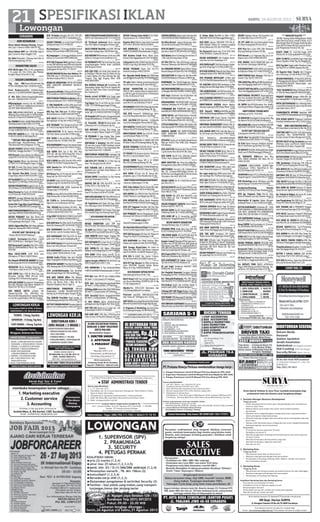 21 SPESIFIKASI IKLAN
SURABAYA
ADM-KEUANGAN
Dicari Admin Hutang Piutang, Pengala-
man, Jujur. Lamaran: Raden Saleh 4F Sby
986689
Dicari Admin WNT min. SMU/SMK, Rajin 
Jujur. Lamar ke: Raya Tenggilis 135C
987048
Dcr Adm Penjualan+ Piutang, kasir Diut S1
Hub Kramat gantung 103 sby
987959
MARKETING-SALES
BTH SALES pipa, SMA, 25-40, pengalaman
1 th punya mtr, Sim C.Putra Jaya Makmur
Rungkut Mapan Utara BA-22 sby.
986956
RAGAM LOWONGAN
Tkg Cuci Mbl,Variasi,AdminCwek,Tkg
KcFilm,SalesBgnan,Sopir Lam:Jemursari 65
984385
Prwt Pasien,BayiBlta U/dlmL.Kota/L
Jawa Gj 1,5-3jt 085655289661 Nginden2/62
984403
IT Min D3(uC,Elektro,Komp)hrd@bahtera-
line.com / Sidodadi 4/44% 3711047
984411
KRJsampingan masang tali teh MANGGIS
upah70-350rb/hari+uangbulananjl.bubutan
22G SMS YANI%08563352063
984515
DCR SPG,ADMIN,SEKRETARIS yg Berpglm
diBidang Emas:Gedung BII Lt7 R709,Jl.Pemu-
da No.60-70 Sby%0315340806/5473797
984503
DcrTEKNISIKULKAS+SRABUTANOPERATOR
TELP.DukuhSetro2/1A(CV.TOP)%71777784
984685
.BUTUHPENGEMUDI,SIMA/B.JL.Darmokali
2-6 Sby.%085649734734 / 087754141144
984542
BTH PRT WANITA Gj 1.6 - 2.5Jt. Hub: Andy
% 081331100355 jl. Ketintang No.21
984605
**KRYWNTOKO-GAJIMENARIK**
Wnt,SMA,Single Max24th,Penam Menarik
Toko Aksesoris Petra Jl.Kapasan 153 Sby
984585
DICARI TEKNISI VARIASI MOBIL PENGALA-
MAN.Hub=mangga dua blok C-7 %71944426
984632
DCR Krywti u/stan mknan rgn diRoyal,suto
s,jmp%8477518-8271612 Royal G-A1/45
984595
Pnjg Counter Mknan Lgs Interview 03134
377328/77377338 Menganti Gogor 20 Wyg
984665
CR SGR Tk.Cetak Msn Besty Doubel Folio
Toko820 Pglm%5679002/71231212 Sg3/18
984748
Dcr Krywti Max.30th U/stand Chicken
Crispy Royal, Atom H:70071616 DPU 17/24
984895
CRTkgBUBUTPeng2Thn,Max34ThnKerja
Kupang-NTT Jl.TMR Raya %081236251103
984875
DICARISERABUTANBengkelTrukL/P_20-
35thJl.Mawar32PASURUAN085746908279
984946
Buka Pasang Ban Truk L 20-35thJl.Sulawe-
si 120 Pasuruan %085755251634
984954
KRYWTI, Gp,uang Hdirapp Kms Bns Kali Rk
RgktMegahRyaM7Lt3Ratna%085236711712
985319
Gratis Bth Tnga Klpa Sawit Klmntn. Dpt
Uang Saku.%08980893455 Jl.imogiri226
985453
DIBUTUHKANPEMBANTUBbySitteru/Dlm/
LuarPulau%087851791897/082140274223
985766
DICARI PENJAHIT Baju Bisa Mesin Juki
Hub%031-72427905Jl.RayaManukanWetan
24 Pergudangan Best Jaya C-1 Sby
986221
SALES,PglmnMin2Thn,SIM+Motor,BidKayu
Bangunan.Wiyung403%081217303382
986071
BTHPRTWNTTDRDLMGj.1,5Jt
H:Iwan 081333331978 Wiyung 5
986342
1.SALES Partmotor,Pglm,Motor 2.ADM
WNT 3.KURIR,Sim C. Balongsari Tama E-10
986413
DCR Karyawati Laundry Min.20th LAMA-
RAN KE DARMAWANGSA NO.93 Sby %0881
5001936
986598
Bbrp SALES-SOPIR LUAR KOTA Lam:
jl.Bunguran 37 blok A-3(sblh P.Atom)
986599
Dcr Banyak OPERATOR WARNETBsKomp.
RyBaratajayaNo.9%03170166088(NOSMS)
986611
OPERATOR Mesin Bending+Shearing Plat
+Roll Pglmn Lebak Arum 5/27 %70921788
986613
DCR SOPIR Pglm L300 Bs Matic.Siap Luar
Kota.Dom Sby.Ada BPKB Mtr.Lam Kirim
SanDiego M12-78,PkwnCity(Laguna)
986625
BTH SGR ADMIN,Receptionist Pengalaman
Bisa Bhs Mandarin Gaji+Bonus Menarik CV:
Royal Park TK2 No.21-22 Citraland
986607
SGR MRKTG EXCTV u/Dealer Mtr
Yamaha.Syrt:P/W Llsn SMU/Sdrjt Fas:
Bns,Insentif,GP,Jenjang Karir Sampai Manag-
er Lam Bw Lsg:Jl.Kenjeran 366 Sby Up.Dilan
986629
DCR Tk.Bubut Berpglm Min.5Th STM SMS
Data Diri%081330139175 TambakRejo I/31
986620
DICARI TUKANG Las Listrik Hub:PT.EKA PS
Jl.Kalianak Barat 55-A %7492363
986616
KrjSmpingan1-2jt/mnggalatbhndrkntr
bu2tan 22G sms Muhin%085258218447
986633
KrjSmpingan1-2jt/mnggalatbhndrkntr
bu2tan 22 G sms Hari%085754460166
986640
BTH SGR Pegawai Wnt JagaStand makan-
anmin.SMPkendSdrimax30thndrhGiantWi-
yung KrmKe:Ruko Panji Makmur D-31 Jl.Raya
panjangjiwo 46 sby%031-777 033 63
986636
DICARI BAGIAN Kichen dan Waiters Min
SMA/SMK usia 17-25th Kirim Lam Ke:Shichi-
don Resto Galaxy Mal Lt.2, Unit.14
986642
KERJA KE SINGAPORE UNTUK RESTORAN
JAWA LANGSUNG BERANGKAT Hp:08123-
2629-642
986644
KrywanCuciMobilu/SidoarjoGP,UM,Insen-
tif Jl.SambiArum 52B/37%085645585618
986702
DIBUTUHKANTENAGAserabutanuntkca-
teringmanukanyoso7A/17%087852666444
986704
Cr TNG SRABUTN mx35th,SMA,kend Sndr.
Gaji,U.Mkn,Bns.Petemon Brt 188B(I.Melan)
986630
KRJ Psg Tali Teh,Upah 70-350rb+tjngan
Bln Jl.Bubutan16. H.ABIY%081949793377
986664
DCR SALES P/W Krm CV Pk09.00-16.00 di
KarangEmpat 18 Sby info %081233453377
986665
DCR PEGAWAI Toko Bangunan,Punya SIM
A+C Hub: Jl.Gayungsari Barat No.95 Sby
986635
GURU/ASISTEN TK-SD Wanita Kend.Sdri
Full Time,Taman Lestari BB-12 PdkCandra
986672
DCR SOPIR  Kernet/Office Boy/SPG/SPM
Lamaran kirim Ke : PO BOX 1442 SBY
986861
DCRKARYAWANPenjualSotoAyam/Srabu-
tan.Gaji Mnrk Jl.Lontar 298 %08121761913
986801
SGR SOPIR PRIA Sim A Min SMU Max
36Th ACC WA Max 30Th,Pengl Min 1Thn,S1
Langs;Rungkut Megah Raya L-23 Sbya
986807
DCR2SOPIR.SimA/B1.Usia40-50Th.%031-
70906779;70530477 Kalianak Barat 55
986809
ADM Wanita,Max 30Th,SMA,Datang Kali-
butuh 9, Surabaya
986718
BTH KrywMax35ThTahuACSimA/CDtng
Kpng Gng Tmr IVC/9 %5671947
986667
CRSOPIRTrailerSimB2Umum.LmrMayjend
Sungkono Gg14/1 Gersik%03170315558
986666
DIBUTUHKAN L/W, SOPIR, Serabutan Ry
Simogunung 3 %70919659
986658
SOPIRluarkotaSIMA,Max30MinSMU.Perum
Pndk Mutiara BK-14 Sda%03188173092
986646
CR T.SIPIL,Arc, DrafterPelaksana Proyek
Pglm.Krm Lmrn Jl.Kenjeran 459 Sby
986650
TKG MASAK,Wanita,Kawin,30-40th, Ngi-
nap/Jm 9-19,Muslim,Jawa,Pglm.Grandcity Lt
LG Kantin,Didin%081216017191
986647
CrSgrSMKPENDINGIN/LISTRIKU/GskCV.JMT
KdgTr CC-5 %.78080513/083832493115
986674
DCR:ADMWntMinSMA,SALESPriaMinSMA
KendSdri;SimpangDPS16/50%0817309378
986682
DCR KARYAWATI Max35Th Bag Gudang,
Cust Service. Lam Ke Sutorejo Selatan 4/8
986680
DCR KARYAWATI SMA Max23Th Bs Kom-
puter Lam+Foto Lsg Ke: Kalikepiting No.27
986709
DCRGURUWanitaUtkAnakBerkebutuhan
Khsus Lmr:SHS,Jl.Manyar Tirtoasri 8/5
986770
DCR KARYAWATI Serabutan Usia Max30Th
Hub:JL.LEBAK TIMUR ASRI No.75 Sby
986789
DESAIN Grafis,SPVKpl Toko Wnt MinSMA
Pglm;PanjangJiwo46RukoPanjiMakmurC29
986791
OPERATOR WARNET Pria/Wnt Bs Komp Min
SMA,BratangGede3G/30%81569292NoSMS
986812
STM Lstrik/Elektronika Diut KendSdri
Ruko Klampis Megah A27 Blk GiantKlmpis
986823
DCR WNT ADMIN Office Min Diploma
Max23ThBag Teknisi Elektronika Max25Th
Intrvw Lsg Darmo Park I Blok 2B No.1
Mayjend Sungkono. Max:27 Agst 13
986838
DIBUTUHKAN PENGEMUDI SIM-A/B
Penghasilan 2,5jt/Bln Hub:085731667703
Datang Lsg Tes Ke:Jl.Rungkut Tengah 76 Sby
986730
Tkg SABLON Pria/Wnt Dtg:Jl Garuda 12
SemambungJuandaBp.Firly%081330457779
986732
BUTUHTUKANGMASAK.MasakanJatimDi
Jakarta Tmr Gj.Memuaskan %081318792579
986734
DIBUTUHKANPEGAWAISERABUTANUtk
DEPOTLaki2
TidurDalamJl.Ubi7/3%70307074
986765
CR Tk.Masak Indonesia Kerja Catering
Max.45th Pglmn:PanjangJiwo Permai 3/40
986784
SALES ROKOK MinSMA max30th SIM Gaji
Trans Kom Gading Fajar.1 B4/28 Bdrn SDa
986841
DCR KRYWN/TI Kendaraan Sndri min SMA.
Gj,Kms,U.Transport.Lmrn ke:Bentul 2/12
986707
CR PEMBANTU RT Plg Sore/Inap Dtg Lang-
sung:Panjangjiwo Permai Ruko LandMark
Blok AG game Hunter
986706
DCR SGR STAF utk Dsrby Rsto Ravioli Ita-
lia Pnddikan SMK,dan mau Krj kBali utk Spa
 Salon Pglman Atu Mau ditrning Dpt Gaji,
Trnsport Tmp Tggl Dt.gung Umur 20th
%081999576850
986697
Bth SEGERA Tekhnisi AC Pendidikan Tdk
Diutamakan Pglmn Min3Thn Bs Sepeda Mtr
Sndri Fas.Tidur Mess Kirim Lmrn:Jl.Ketegan
No.4 Taman(1/2)
986874
Honda accord th’2000 istw harga nego
Perum Rewin Gg.4 no 69 %081232647422
986842
Tng Dapur Usia 25 s/d 45th Lgs Intv %3437
7328/77377338MengantiGogor20Wyg
986836
DCR Kapster Wnt U/Sln Drh PlosoBaru Su-
torejo Tgh 5/11%081914497695/72546585
986744
CR Penjahit L/P Konveksi SeragamSekolah
RungkutKidulIndustri 7C%08123144590
986733
CL Prod,Bth SPG/B,Mkt,Kurir.Walk Intv
Jl.Bhaskara Sel D-22,Mulyosari.Up.Fey
986728
DCR KRYWATI u/Lshop, Bisa Komp, Gaji
+Bonus. Rungkut Mapan Tengah 4/CD17 Sby
986840
CR PEGAWAI U/ Jaga Anjing Tidur Dalam
Hub:YKP Pandugo II F4 %031.71999199
986846
DIBTHKAN 5 Kolektor Min.SMU Income
2Jt Lmrn Bw Lsg ke PT.BPR Surabaya Lestari
Jl.Ry Kedung Turi No.11 Tmn Sepanjang Sido-
arjo Hub:Pronto%031-71966669
986772
DIBUTUHKAN MARKETING Lapangan Gaji
PokokBonusKomisi%81068660jmrsariTmr7
986725
LBB BTH CPT TUTOR SD 1-6 Mat+Ing Lsg
Inter+Tes Rungkut Asri RL 3D/14
986849
DCR TUKANG LAS  ARGON;Kernet Utk
SbyBali Lam Lsg Ruko Panji Makmur C-10
Jl.Panjang Jiwo Sby
986729
DICARI SOPIR Travel/Rent Car Sby Pacitan
Lam Lsg Pumpungan I/14 Sby
986736
DRIVER SIM B1 SMA Max30Th Lmr Lkp
Jl.Tidar 350 Lt.1 Sby Up.Bp.Troy
986739
KYWTI u/ FC.Mall Galaxi-Ciputra World Hub:
Stan FC Psr Atum Lt4/38 %71110383
986764
ADM PELAKSANAMEPMin.SMKKirimCV:
WismaLidahKulonBlokXG-32Bangkingan
986776
CR TngSrbtanLaki2 Bsdia Sift,Sopr SimB1.
Intrv RyDungus Sda%7879600/91784544
986778
CLEANING SERVIS P/W Pnmptn Pnjaringn,
Drm SatelitTngh.Lmr:Karang Empat X/35
986781
“..DCRMEKANIKSPDMOTOR..”
Lmr Jl.Raya Jemursari No193 Sby
986726
DICARI SRABUTAN Laki2 SMP Usia
Max25Th Hub:Toko Rejeki Jl.Gemblongan 63
986720
CR ADM Wnt,SMA/S1,Sopir Pria,B1,Pglmn±
2Th,Max35Th.Lam:BukitPalma AA1/15 Sby
986752
CARI MONTIR Mobil+Helper Pnglmn Min.
2Th Hub:Jl.Dukuh Kupang Timur 16/22 Sby
986762
DCR KRYWAN/TI  Sopir Sim.A+C U/Perce
takan; Prm Rungkut Harapan i-18%8792732
986761
DCR SOPIRTKG LAS Pglmn U/Perushaan
ReklameLam:PandugoRaya151-B%77448868
986774
BTH GURU U/Play Group Lam:PG TK Ar-
Rahmah Jl.Setro Baru 12 Bu.Wati%70623262
986767
segera terapis refleksiP/Wutkklinik.Lgs
Wwcra:ngagel jaya utara 71 sby
986740
DCR ADMIN/ACC  Tng Serabutan/Helper
%087853324688H:Dharmahusada115KavF
986873
BTH Byk Sopir SIM B1 dan A,Pglm,h:Ruko
JBC blok C-11,Ry Juanda1 (PT.Wahana)
986830
BTH byk bag.Pengepakan/gudangH:Ruko
JBC blok C-11,Raya Juanda 1 (PT.Wahana)
986837
BTHBag.ADMWanitaMin.SMA/SMKH:Ruko
JBC blok C-11,Raya Juanda 1(PT.Wahana)
986844
BTH Security/Satpam berpnglmnH:Ruko
JBC blok C-11,Raya Juanda 1 (PT.Wahana)
986857
Cr Wnt Admin pglmn pembukuan,drh
gedangan,lam lsg: Rungkut Asri Timur 6/20
986858
DCR TKG LAS Argon ut ss 1.supir sim srbt
jl.Simomulyo I/166-K %77492600
986750
DCR ADM WNT SMU Max 25ThTng Krm
Srbtn Lk Sim C/A Max28Th,Klampis Aji 2/18
986880
DICARI Tukang Salon Mobil N Cuci Mobil.
Raya Jemursari 1A. %0816200099
986805
Kapster WntH:NistinSalonDeltaSariIndah
AA 6 %031-8555285 /081913200044
986760
DCR ADMIN/ACC  Tng Serabutan/Helper
%087853324688H:Dharmahusada115KavF
986878
DCR Asisten Cetak Mesin Offset Sorm,
Komori,Srbtn.NgagelJaya Brt 59%71038891
986802
CrKrywti(Wnt)Min.SMATngSrbtn(Lk)031-
5920221/Lgs Dtg Jl.AR.Hakim 207E Sby
986800
DICARI PEGAWAI Depot Usia 18-27Th
Domisili Surabaya %0811320744
986903
Dcr Operator Bordir Komp Wnt+SMK Komp
LamRyPjgJiwoPermai/8Sby%70705848JamKrj
986905
CR sales Pglmn bidang pemanis(sarimanis)
max38 kapas krampung 90 sby%3821817
987281
DICARI MARKETING Wil Sda/Grsk.min
SMA 20-30th. mampu bkrja di bawah tekan-
an.SIM A/C,gaji+bns besar.Krm CV:Pahlawan
15 Sda /dr.Sutomo 47 Grsik
987027
PT.ARTAKARYADICARIARSITEKQSPelak-
sana Min D3 Lam Jl.Kinibalu 57 Kav.O
987209
DCRWANITASRABUTANU/BajuWanitaHalu-
sanMax35ThLamEmbongMalang78LSby
987211
SGR BTH Krywn/Ti SMASdrjt.Lgs Intrv,
Lmr,CV Jl.ManyarKartika Brt11.Up P.Budi
987381
DCR AA/SMA/SMF/Apoteker U/diApotik
Lam Jl.Ry PanjangJiwo Permai Blok N/1Sby
987343
DCR WANITATUKANGJAHITU/BAJUWanita
HalusanMax35ThEmbongMalang78LSby
987252
DIBUTUHKAN SOPIR Sim A,B1,B1 Umum
Lam Jl.Kalianak Madya 3/23 Sby
987283
DCR PRIA SERABUTAN U/ MODES PNY MTR
HPSimCMax.35ThEmbongMalang78LSby
987197
DICARI SARJANA ELEKTRO D3/S1 Lam Ke
Jl.Simokwagean 30A %0315457099
987196
PT.TRIVIO DCR Desainer Interior Pelaksana
Min D3,S1 Lam Jl.Kinibalu57 Kav.O
987193
DICARI SOPIR Punya SIM A U/ MODES
Max.35Th Jl.Embong Malang 78L Sby
987186
CR KARYAWAN/TIJAGASTANDKEBABFas:
GJ,Trnsf,Bns%0315452872 Keputran PK2/17
987164
DCR SOPIR D/Truck Sim B2 Umum Ber-
penglamn, Jujur; A.Yani Residen Kav.32 Sby
987157
DIBUTUHKNKARYAWAN/KARYAWATI
Lamaran: Jl.Diponegoro 172 Sby
986962
DCR: Sales,Admin,Teknisi,Srbutn/OB, Sopir.
RungkutMapanBrt7/AF24%70922680
986960
DCR ADMIN Llsn SMA/D3 Wnt Max30Th Bs
Sedikit Mandarin Lam:Ngagel Jaya No.60
986964
BTH OPERATOR u/Mesin Bordir Komputer
WntMax25Th%08175053333Jl.Kranggan92
986965
BTH CPT Pegawai Pria/Wnt Utk Foto Max
25ThMinSMAJl.Kranggan92%08175053333
987152
DCR PENJAHIT Wanita Pengalaman. Graha
Kebonsari LVK VII Kav 67%081357997979
986966
***SOPIRKULI***
Max30Th Jl.Kalirungkut 27/B10
987158
AssApotekerKrywtiKasirBsKomputer
Serius Lam:Kertajaya Indah Timur 9/46
987165
BTH SGR Karywan Utk Depo Air Minum Isi
Ulang Pria Max25Th Jl.Kedungsari 19B
987124
DCR KARYWAN Cuci Mobil Fasilitas Tidur
Dalam Lam Lsg:Darmo Kali 26A%5678666
987126
DCR Tenaga Kirim/Sales Air Galon Isi
Ulang Min SMA+SIM.C Gaji+Bonus Lamaran
Hub:%31328001-31328002 Mulyosari 342
987175
BTH SPG Di GIANT Sby, Cantik T.156cm,
Fee:2Jt Hub:%082143216888 Sutorejo 70
987185
DCR CPT Opr Warnet, Bs Office  Internet,
Lulus SMU/SMK, Domisili Sekitar Menur.
Menur 3/15 Sby. %087851899619
987188
DCRMEKANIKSEPEDAMOTOR
Pglm;BalongSariTama 5D No.7 Sby
987140
KWTI Mcm2 ADM Sim A,Kmptr,Pnglmn Ho
nor Up umr,Kwti/Wan SD/SMP/A,Srbt Hr Ng
CV Tlp Songoyudan 22
987323
Wanita,Max 30Th,S1/D3 Akuntansi, Gaji
1,5jt,Datang Kalibutuh 9,surabaya
987132
Pria/wnt max30th ADM/SALES/CO.TEK,
Hub:”Istana AC” RMI Ngl Jy Sel C-10 Sby
987146
WNTD3/S1Acounting/Manaj.DomSbyU/Adm
BPR.%8791269/8795530RngktMghRyN31
986929
Cr Pngawas  Marketing pny kend,Srius
krj.H:Gubeng Kertajaya 7b/49%5014429.
986938
**** KARYAWATI/WAN UTK RESTO **** di
G-Walk8 Citraland,Max30th%031-71001168
986950
SEGERAADM(W),Helper,SopirSrabutanMax
35th%087852910068VillaBukitMasRM-01
986942
Dcrtklas,Kernet u/pgr,tralis,kanopi drbe-
si stenlis hub dk pakis 57b%5685210
986952
BTHTKSAWIT/SatpamDiKalimantan,Kali-
mas Baru Stand 45 SBY,HP%081234780524
986953
DCR Waiter,KasirCleaningServisKrimCV
: CR Cafe.Jl.Pucang Anom 33 Sby
987044
CR TKG CTK Msn Toko 820.Dtang Lngsung:
PetemonSidomulyo4A/36A%03170006888
986976
Dcr MEKANIK MOTORPglmnBsMsn/Variasi
KusumaBangsa84Sby%5312743/83008088
986946
DCRKAPSTERWntPglmnBsTdrDlm%081
913825999 Babatan Pratama 19 BB49 Sby
987348
KARYAWAN Pria Max26.Single.Lam Balong
sariTama5C/2Sby%7410464/082143771778
987350
DBTHKNMARKETING/AgenAnsuransi,Agen-
cyManagerHub%0817334485-72500010DP26
987225
DCR Sopir Serabutan Sim-A/35th/dom Sby
Brt Raya Sukomanunggal Jaya 52 Sby
987178
PROGRAMMER VB/VB.NET/WEB Hub:Simo
TambaanSekolahan45%7313803-77722362
987180
U/BAHRAIN Bth FOUNFCHEF Cook Waiter/
tres%082147274025-087855454652PCIMC173
987029
SOPIR SIM B1 Laki2
U/Distrib Kaca+Staf Ad-
min MinS1 Wnt Pergud.SinarBuduran A-27
LkrTmr BlkMaspion2SDA%031-8012858
987012
STYLIST/KAPSTER U/Salon Wil Sukdno SDA
kebonAgungRK2%70299835/081939898211
987006
WANITA ADMIN TAU KOMPUTERSOPIR
WNT SRABUTAN MAX35TH SUTOREJO8
%08885079392
987025
BTHBYKTngKrju/CuciMobil,SalonVariasi
Mbl.Lam Krm:C2 Plus SPBU Jl.Ry Menganti
250 Wiyung
987266
DCR KAPSTER Berpeng Wnt Max35th.Dtg
Lsg Ry Darmo Baru Barat 49 CNC Salon
987278
DCR SOPIR Sim.B1 Krm: Jl.Berbek Industri
VII No.1 Waru Sidoarjo %0318484529
987206
BBRP KAPSTER Wnt Peng Bns,GjBgs.Bisa
Potong;Rosita Salon.DB I/14%0811334548
987291
DBUTUHKN:1.Security L/W, 2.Administrasi
Min D3; 3.Cleaner/OB;4.Helper;5.Driver A/
B1/B2 Krm Lam:Bougenville 52,Perum Graha
Tirta,Waru-Sda %031-8557198
987002
DICARI SOPIR Sim B-1 Hub:Jl.Darmo Hara-
pan Utara EU-11
987001
BUTUHCEPAT!!!SalesPriaminSMA/D1,max
30th.KirimLamaranke:PT.Metalwood,Darmo
Park I 4B/16-17 Sby
986997
DCR KASIR Min SMA Wnt Max30Th Lam
ke:Psr Atom Lt2 Thp 2 Anugerah Permak
%03128896603
986996
DICARI PENJAHIT WANITA Untuk Daerah
Kutisari Hub:031-70077731
986994
BUTUH SOPIR Sim B1 Umum Pglmn L.Kota
H:Wistrop Jl Aster AF-2 %081239239697
986993
BTH GURU BP Ijz S1 Sesuai.Dtg Lgs:SMP
KyaiHasyim TenggilisKauman 28 71157733
986973
DICARIWANITASERABUTAN
Domisili Medokan Ayu %71207667
986983
PEGAWAI PRIA Single Baru Llus Sklh Utk
Krj AC H:Gading Karya 4/15 70720054
986981
TNG KIRIM AQUA LPG Sy:KTP,SKS,SimC Bs
Kndaraan Roda 3 Lmrn:Ngagel Madya 44
986979
Jangan Lama2 Nganggur!!!Dtg lngsung in-
terview max 25Thn Cew/cow staff promo di
Mal-hanya u/yg NIAT krj sajaFas:GP,UM,UT,
KMS,BNS,MES.(Dani/Romy)%087853323187
Delta Sari Indah blok AY-28 Waru-sdj
986970
BthSegeraMrktMedisHelperKrmCVKe:
Meditrust Jl.Medokan Ayu MA III-O/5
987347
DCR KARYAWATI U/ Salon Lulusan SLTA
Tdr Dlm H.0313767815 Bulaksari 28
987253
Di cari Sopir Serabutan Hub:0817 0309
0088,Jl.Brk 105, Surabaya
987270
Dcr Penjahit Konveksi Seragam Sekolah
Pandegiling 62%031-5343816/0818301338
987339
Dcr Mekanik/Pembantu Msn Mbl Pglmn
UsiaMax30th%72114968BendulMrsUtr30
987308
Percetakan butuh tng wnt:bag Admin 
Desain Grafis (SMK) : Kusuma Bangsa 57
987342
Tukang LAS+CAT Pagar.Medayu Utara 186
Rungkut.Hub:%03172500083/082141938483
987384
DCR PGWAITOKOBajuanakITC.Wnt,Max26th.
Pglmn.Bongkaran61%3537178/70127871
987043
DCR BBRAPA KARYAWATI Brpglmn(Salon
Nikita)Pondok jati Blok BR/6 SDA%8940590
987046
Cr Driver SimA Max40th bs Matic %7801
3666/087702875325.ManunggalKebonsari7
987194
DCR PRIA Lulusan SMA/SMK STM Utk di-
Didik Menjadi Teknisi AC Lamaran Lengkap
Kirim Jl.Wonorejo 2/81 Sby %5479065
987358
Dcr Krywn/ti Depot usia: 25 th SLTA. Hub:
%03170788161. P.safira D6-28 Grsk
987135
DICARI KARYAWATI Utk Produksi Acces-
soris Kue Lmr Krm: Baratajaya 3/72
987275
DCRSOPIRAnJPTSklhRuteBungurGedan-
gan Brkt 6Pagi Gpg F1/19 081216842576
987292
BTHSGRSUPIRB1MekanikSmkMesinAdm,
Gudang,Produksi%031-8665346SEDATI1
987340
DCR PEGAWAI WNTLAKI2
u/Srbtn Usia
23-25ThMinSMABabatanPantaiUtr14/8Sby
987374
CR ASISTAN KONSULTAN Kesehatan  Mar
ketingJl.Taruna84AWageAloha%70738003
987324
TNG KEBERSIHAN Laki2
DiPeternakan An-
jing Gj900Rb DtgLgs:DarmoPark I 2c/8 Sby
987352
DCR CLEANINGSERVICEPramusajiU/De-
pot MONIEK Jl.PacuanKuda 8(SawahanTidar)
987251
DIBUTUHKAN SEGERA Admin Wanita,
DatangLangsungKeJNEJl.RayaMenur72Sby
987304
DCR Kryw/ti TOKOSgr,MinSMA,Lam:CEN-
TRALGALAXIJl.MengantiBabatan9%70999866
987317
DIBTHKAN SPV Koord Cleaner Pria/Wnt
scptnya Lam:Jl.Ubi VI/24 Pk09 s/d 16.00
987240
DIBTHKAN MANAGEMENT Wanita D3 Su-
pervisorHub:081341859966,BarukUtara2/8
987330
DCR ADMIN WNT,SMA Sdrjt,Diut.Baru Lu-
lus ,Bs Comp Lmrn:PlosoTimur 7/48 Pk18.00
987232
Dcari Barista/L,u cafe;admin/p;kwati
dMALL%03160109823 Deltasari Indah AN-5
987364
DICARI SOPIR TRUK SIM B1 Umum,Kernet
Truk (KTP,KK) Lmr:Jl.Karet 31 Sby
987345
DICARI TUKANG CETAK Mesin Toko  Tu-
kang Potong Kertas Mesin DQ 201 Lamaran:
Babatan Pantai Barat V/37 Kenjeran
987357
DICARI BAGIAN SRABUTAN Hub:%08123
273982/70882033 Dharmahusada 91
987268
DCR SRABUTAN Lulusan SMA Laki2 Lam
Sinar Motor Jl.Kertajaya 127 %81208767
987380
Dcr sopir matic.Ada BPKB motor.Dom SBY.
lam SanDiego M12-78,PkwnCity(Laguna)
987271
BTH SGR MEKANIK Msn Mbl,Msn Injektion.
Matic Pglm PnySim A+C%5616006 JTS K21
987362
WNT:OBRAS,JAHITHarianu/BajuBayi.Wi-
yung Praja 14(sblh Pegadaian)%70988299
987288
SOPIR PENGALAMAN Bisa Matic U/Kantor
Pribadi Lam Panjang Jiwo Permai 3/29
987130
DCR KARYAWATI ADMIN Min.D3 Usia 30-
40Th LamLsg Ke Margorejo Indah 20/D-330
987127
PERUSH EXPEDISI Butuh Sopir B1-Umum
Jl.TambakSawahIndustri5-A%031-8672161
987133
EXPERIENCELADYEnglishTeacherNeeded
CV+Photo Dharmahuasada 181 Sby
987220
DIBTHKANSALES+Pengirim+Admin(Wnt)
SMUSederajatPnyKendsdri+SIM-CKrmLam
Panjang Jiwo Permai No.22
987149
DCR BBRP KAPSTER Berpengalaman di
Salon Serius Hub:Ngagel Jaya Utara 69 Sby
987159
DCR TNG WNT Serabutan Utk Rumah
Makan Serius Hub:Ngagel Jaya Utara 69 Sby
987162
DCR SGR U/Harian Sopir Pengiriman;Sopir
Pribadi Bs Mbl Matic  Kernet Pengiriman
Serabutan Pria Min.SMA Sederajat Max.35Th
Jujur,Sopir SIM B1/A Paham Jln Sby Lam
Kapasan 168 Sby
987170
DICARI PENJAHIT Halusan Luar/Dalam Lsg
Ke Lebak Rejo Utr 3/3 %70712379
987181
DICARI Pegawai Harian Utk Konveksi Lam
Ke Lebak Rejo Utara 3/3%70712379
987177
CR CPT ADM Wnt Jujur,Komunikatif Kerja
Krs Raya Panjang Jiwo Permai 1B/16
987231
BTH Pria Baru Lulus SMA Sdkt Mandarin
Dtg Lsg Jl Kedung Tarukan 156 Sby
987338
BTH Kernet u/ Js Pngriman Brg Lmr jl. in-
drapura baru 351B %083819951972
987328
DCR: BAKER, SALES/SRABUTAN (pny mo-
tor). Krm ke: G.Kertajaya VIB/49 Sby
987331
DCRSRABUTANPriaMax40thLamLngsung
Ke.Kalijudun Madya 5/27.%082333354124
987148
DIBUTUHKAN Hair dresser P/W hub Ci-
manuk 3 sby. Tlp:031-566 0707
987354
TNGLAKI2Max.30BagKURIRKendSdriGp+
Kms+BnsNgagelJyIndahD/47%70071312
987375
BTHCPTWNTMax30Thu/BagPRODUKSIGp
+Kms+BnsNgagelJayaIndahD/47%70071312
987349
DBUTUHKAN SECURITY Berpengalaman
Diut Pny Sertifikat Max35Th Gaji UMK Hub:
Gedangan Indah A/18 %70567711/8917543
987368
CR SOPIR Max30Th(Dutmkan Pny SimB1)
Lam:Pergud Mutiara Margomulyo Indah D-18
987063
DIBUTUHKANTUKANGBATU
Wil.Kenjeran H:031-7764 9242
987081
CR OPRATOR MsnDigital Printing,Srbtn Tkg
Ctk 4Wrn%70105152/5946354 KlmpisI/4
987097
MELAMAR HR Ini Bsok Krj BthByk SPG/SPB
Gj2Jt%085732528492 Taruna 204H Aloha
987096
CRPRTWNTTDRDLMADAKTP
Jl.Slompretan 56%081 2329 2329
987089
SALES Alat TeknikADM Pr/Wnt Kend.Sdri
U/Industri.Krm:SDPS VII/62 %77750006
987084
CR P/W Pglmn Promosi+Publikasi KeSeko-
lah.CV+Interview Lgs Ke:Ploso Tmr 3/60
987075
CR KRYWTI MinSMA BsKomptSopir,Single
SimA.Lam:CV.MultiManunggal Jl.Mawar12
987072
CR THERAPIS SPAKuku Wnt Max
30Th SMA/K H:KHANA SPA Delta Plz Lt3
%0811321356
987068
1)TEKNISI 2)BAG.GUDANG 3)SOPIR Pglm
1ThLulusan STM(1) Max35Th(1-3) Sim.
B1(3) Ke:Margomulyo 31/B12-14
987213
CRKRYWNBimbelLP31,S1(MatBio,Kim,Bin)
PejayaAnugrah1 TamanSDA%08121755069
987066
DCR Marketing ijazah tdkUtama usia Bbs
gaji 4jt dtgLsg Pc.Anom52%0315052852
987318
Serabutan/Cleaning Service
Laki2Max.23Th Hub: Jl.Pasar Kembang 39-B
987334
BTH Sgr Pegawai Toko Max.35 ,Wnt,
Libur5X Sebulan,Lam Lkp: Petemon Timur 53
987376
Hairstaylist N Capster Pglmn Ditmpat-
kanRoyal Plaza LT.1 G2/1 H:081231319095
987378
BUTUH KARYAWATI, Pembantu RT, 18th
ETNIS MADURA U/ PENGEPAKAN BRG RESTO
ADA MESS LAMARAN POS KENDANGSARI
GANG 7NO.5 SBY BU.YANI %77631800
987168
DCR KARYAWAN Gudang Serabutan Pria
Max30Th, Ploso Timur 4/40 %3890546
987205
DicariSOPIRTrukFusokantordi_Jl.Seruni_
54_PASURUAN_085791367266
987189
BTHCPTKAPSTERWntaLam:LA_PUSHSA-
LON Siwalan Kerto Sel.IV/32,081330494914
987401
GURU LES Privat Bhs Inggris Daerah Rung-
kut Jl.Raya Rungkut 35 Yos%70128068
987405
DICARI PENJUAL BAKSO KELILING PEN-
GALAMAN KALIKEPITING 29-B %7776 9360
987430
Karyawati Toko Lam.datang langsung ke:
Apartemen Puncak Kertajaya Tower A Unit
1923 Jam.09.00-13.00(031)5915740
987655
CR Kurir Surat Pny Motor.Dtg ke Graha Mu-
tiara B2 No.11 Anggswngi Skdono-SDA
987513
Dcr KRYWTI TOKO SNACK u/PlzMarina
Mrgrjo.SMP/SMA,jjr,max30th.H:Karang Em-
pat Besar 220 Sby/Manyar Rejo V/18 Sby
987525
***MERCURYPLASTIC***
DICARI Tukang Bubut,Milling,Repair Mould
Inject Electrical (Arus Lemah  Kuat), R  D
(Bisa Design Moul 3D) Tenaga Serabutan Bisa
Sopir(SIMA)PahamWil.SbyLamaranKe:Per-
gud. Margomulyo Permai Q-4A, Sby
987444
KYWTI TOKO ITC Lt.G/C3A1,Single 20Th
SMU,Krj Pk 10-20,Bs JualADM %33221567
987466
ADM+TLMKTG,CorelWeb.Dsgn,Sopir,Bag
Umum,Tkg Batu+Pmbt Tkg. Ry.Tenggilis 48
987469
DCR Tng Wnt Single Sedkit Mandarin Ceka-
tan Max23Th u/ ADMIN, Kapasan No.55A
987471
CR Kapster+Hair Staylis Wnt Pengala-
man. Ketintang 115 Hub:%081357937778
987489
DESAIN KONVEKSI,L/P Max30Th,SMA Ma-
hirMenggambar,BsKompTEKNISILAPTOP,
Pria,Max30Th,MinSTM Elektro,Pglm. Lam:
Kupang Indah VIII/55
987505
*DCR TELEMRKTG,Mrktg DSR Bank SMU-S1
17-25th2jt+Bonus.Dipo160%082333274821
987533
PNJAHIT PERMAK brongan ±50rb+UM+ Bo-
nus.Datang:BONETLT2MyrKrtoarjo%34334777
987534
KRYW DIUTAMAKAN llsn mltimedia/elktr
o,max28th,komunikatif,sopan,rapi,DhrmHu
sada indah timur 1/M-27
987536
DSAIN/DRAFTR INTRIOR PgwsProd ADM
umumSOPIRSPG:WisataBukitmasF4/20Wyung
987540
BTH DSAIN GRAFIS Mnguasai CorelDraw
PotoShob AdobIlustrator%0317524153 Sby1
987564
**DCR KOKI+WAITER(PRIA/WNT)Lam:
RM.Amen.RukoCentralbisnisJL.MerrNo:29-30
987569
TIKETING WNT Max25th SLTA diutamakan
drLuarKota Mkn TdrDlm:PENTRA TOUR
Jl.Letjen Sutoyo 56 Waru/Bungurasih 61256
987476
BUTUH SALES Tng Serabutan pria min
SMA/baru Lulus Lam:Perum Sedati Permai
Jl.Sriti blok GG 52 Waru-Tropodo SDA
987482
CRADMPARTIMEBs.InggDiSukaimax30th
D3/S1 Krm:RukoPurimas Blok A2/14 Sby
987486
BUTUHKURIRSEPEDASendiriHub:JSSWo-
nokromo Tangkis 44 %8140 9091
987508
TNG Serabutan U/Catering P/W 20th-an
SD,SMP Serius:Panjang Jiwo Permai 3/40
987685
DCR OPRTR PS Pria,SMU,Gj1jt,FasMess,Uri
pSumoharjo 56 Kptran Sby081553551984
987836
DIBTHKN SPV CS Usia 25-35th,pria/wnta
Berpglman H:0318483740 Sidosermo 6/23
987479
TNG SALESPriaSingle Mx30th U Dlm/LrKt
jjrNiatKrj,KendSdrMAV/8%085230500978
987483
DCR SOPIR B2 UMUM KrmLam CV Berkat
Abadi,RktAsriTghXI/10%8720748/70536110
987497
Dcr Teknisi  Helper utk Servis AC, Graha
Al-iklas blok G1 %03151514220
987501
LowPengiriman,MinSMA,SimC,Max.25th
Punya Mtr, Ruko Kartika Niaga GC-26
987567
DCR TUKANG LAS  PEMBANTU Pengala-
manH:GunungAnyarJayaI/22A%91926545
987575
BTH SALES Sparepart Otomotif SMA,Rung
kut Madya Ruko Grand City B19 %8714250
987843
DCR SOPIR B1 UMUM,Min.SMA,Penga la-
manMin.2ThLmr:Jl.Pahlawan90,SURABAYA
987896
DESAIN GRAFIS,Mahir Corel+Photoshop,
Dtg Lsg Ke Jl.Pasar Kembang No.74 Sby
987865
DCR ADMIN,Pria Min.SMA Bisa Komp Dit-
mptkn Di Gedangan Lmr:Rungkut Tengah 63
987921
SGR MRKTG FROZEN FOODMin.SMU Max
35ThKrmCV:Kol.Sugiono55AKphPermaiWaru
987929
TkngMasakJawa(W)pglmn,T.serabutan(P)
tidur dlm,Ngagel Mulyo 54 %5010917
987898
BUTUH 2 tehnisi elektro (Spk aktif)
2tng Srbtan P/W %7072 1809 drh untag 1
987778
DCR SGR:Marketing ,Supervisor,Admin,Assi
sten.Lam Ke Darmo Indah Tmr I-L24.
987877
LIHAT HAL 22
SABTU, 24 AGUSTUS 2013
 