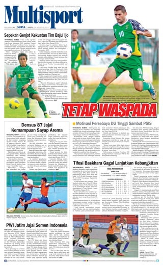 surabaya, surya - Akhir pekan ini,
Minggu (25/8), Persebaya DU tetap bisa
menjadi tuan rumah pertandingan lanjut-
an babak 12 besar Divisi Utama Liga Indo-
nesia dengan melawan PSIS Semarang.
Kesempatan emas dengan menjadi
tuan rumah ini akan dilalui Uston Nawa-
wi dkk punya motivasi tinggi meski harus
berlangsung di Stadion Akademi Angkat-
an Laut (AAL) Bumimoro Surabaya.
Pelatih Persebaya DU Tony Ho meng-
aku, pasukannya siap menjalani pertan-
dingan krusial ini. Sudah jelas, targetnya
adalah mematok nilai sempurna supaya
langkah ke semifinal bisa direngkuh.
Saya percaya dengan pemain, mereka
punya kemauan dan semangat merebut
hasil maksimal. Butuh perjuangan dan
kerja keras, tetapi saya yakin bisa diraih,
aku Tony, Jumat (23/8).
Pelatih asal Makassar ini kembali me-
minta pasukannya konsisten dengan per-
mainan sendiri.
Kemudian Uston Nawawi dkk jangan
mengangap remeh lawan yang kini me-
nempati posisi buncit klasemen sementa-
ra Grup B.
Setiap lawan pasti tidak ingin timnya
kalah, ini yang harus diwaspadai pemain
saat lawan PSIS. Anak-anak harus berma-
in ngotot, ingat Tony.
Pada putaran pertama, Persebaya DU
mampu bermain 2-2 dengan PSIS di Sta-
dion Jatidiri Semarang.
Kini kekuatan PSIS berkurang dengan
dicoretnya lima pemain yakni Iswandi
Dai, Moris Power, Nurul Huda, Edy Gu-
nawan, dan Imral Usman.
Kendati komposisi utama PSIS berubah,
Persebaya DU tidak boleh besar kepala.
Sebaliknya, harus menjaga konsentrasi
dan kewaspadaan.
Persebaya DU memuncaki klasemen Grup
B dengan delapan poin. Dari empat kali laga,
PersebayaDUmerebutduakemenangandan
dua seri. Sedangkan PSIS menjadi juru kunci
Grup B dengan raihan 2 poin.
SetelahmenjamuPSIS,PersebayaDUma-
sih akan tampil di kandang PS Bangka pada
29 Agustus nanti. Laga tersebut merupakan
yang terakhir di babak 12 besar. (fat/edr)
Motivasi Persebaya DU Tinggi Sambut PSIS■
Sepekan Genjot Kekuatan Tim Bajul Ijo
surabaya, surya - Sisa waktu sepekan
sebelum kembali bermain dalam partai tunda
Liga Prima Indonesia (LPI) melawan Persiba
Bantul, Persebaya Surabaya harus memaksi-
malkannya untuk memperbaiki kekuatan. Ka-
rena itu pelatih Fabio Oliviera mencoba terus
meningkatkan performa M Taufiq dkk.
Fabio mengaku, waktu satu pekan ke
depan ini dinilai c u k u p
gunamenyiapkan pasukan
perangnya. Keku- r a n g a n
yang ada bakal di- b e n a h i
dan diharapkan kekuat-
an tim semakin solid.
Kita punya tam- b a h a n
surya/hayu yudha prabowo
melawan tentara - Striker Arema, Reza Mustofa (kiri) dihadang Benny Wahyudi dalam latihan di
Stadion Gajayana, Rabu (21/8).
PWI Jatim Jajal Semen Indonesia
surabaya, surya - Sekitar
100 atlet tim Persatuan Warta-
wan Indonesia (PWI) Cabang
Jatim yang sedang disiapkan
tampil di Pekan Olahraga War-
tawan Nasional (Porwanas)
2013 melakukan uji kemampu-
an. Tim PWI Jatim dijadwalkan
melakukan uji tanding lawan
tim Semen Indonesia di Gresik,
Sabtu (24/8).
Pada uji tanding ini, sembilan
dari 10 cabang olahraga (Cabor)
yang sedang menjalani pemu-
satan latihan daerah (Puslatda)
sejak Juni 2013 bakal tampil
serempak di Kota Pudak. Sembi-
lan cabor yang diagendakan uji
kemampuan lawan Semen In-
donesia, yakni futsal, catur, tenis
lapangan, bulu tangkis, bridge,
biliar, tenis meja, bola voli dan
sepak bola.
Tim PWI Jatim dan Semen
Indonesia sepakat melakukan
uji coba, setelah kedua lembaga
itu melakukan pertemuan di Ge-
dung PWI Jatim, Kamis (22/8).
Dalam pertemuan tersebut, PWI
Jatim diwakili Akhmad Munir
(Ketua PWI Jatim) beserta peng-
urus harian lainnya. Sedangkan
Semen Indonesia diwakili tiga
utusan yang dipimpin Kabag
Humas Hary Subagyo.
Kami dan Semen Indonesia
sepakat melakukan uji coba
Sabtu (24/8). Ada sembilan
cabor yang nanti melakukan uji
coba dengan Semen Indonesia,
kata Akhmad Munir.
Pada Porwanas 2013 yang
dijadwalkan berlangsung di
Banjarmasin, 13-20 September
nanti, PWI Jatim akan tampil di
10 cabor.
Dari 10 cabor yang ikut Por-
wanas, hanya cabor atletik saja
yang tidak melakukan uji coba
di Gresik, tutur alumni Univer-
sitas Jember ini. (fat)
surya/dok
m taufiq
(persebaya LPI)
Tifosi Baskhara Gagal Lanjutkan Kebangkitan
yogyakarta, surya - Tifosi
Baskhara Surabaya gagal melanjutkan
kebangkitan di seri pertama Indonesia
Futsal League (IFL) 2013, setelah di
pertandingan ketiga Anza Rizal dkk
kalah 3-6 (3-5) dari Pertamina Energy
FC di GOR Amongrogo Yogyakarta,
Kamis (22/8).
Di laga perdana seri pertama, Tifosi
Baskhara kalah tipis 1-2 dari FC Libido
Bandung, Senin (19/8). Mereka bang-
kit di pertandingan kedua, menyusul
kemenangan 6-5 atas Electric Cosmo
PLN Jakarta, Selasa (20/8).
Buntut kekalahan itu membuat po-
sisi Tifosi Baskhara turun dua strip ke
peringkat keenam atau satu tingkat di
atas juru kunci yang dihuni Anker FC
Mataram.
Bagi Pertamina Energy FC ini merupakan
kemenangan pertama, setelah di pertan-
dingan perdana mereka kalah 4-6 Electric
Cosmo PLN, Senin (19/8).
Kami banyak menurunkan pemain
muda. Mereka rata-rata minim pengalam-
an. Bahkan, pada pertandingan pertama
melawan FC Libido Bandung anak-anak
masih demam lapangan, kata Dimas Ba-
gus Kurniawan, Manajer Tifosi Baskhara,
Jumat (23/8).
Melawan Pertamina Energy FC, Dimas
menilai timnya meremehkan kekuatan la-
wan. Buktinya, mereka sempat unggul 2-0
sebelum dibalikkan Pertamina Energy FC.
Ini menjadi pelajaran bagi kami. Se-
belum tampil di seri kedua di Bandung,
2-7 September kekurangan-kekurangan
yang menyolok akan kami benahi, papar
Dimas.
Tampil mengusung ambisi merebut
tiga poin, Tifosi Baskhara langsung meng-
gebrak pertahanan Pertamina Energy FC.
Hasilnya, Tifosi Baskhara memimpin dua
gol lewat Reza Antariksa Aries menit
keenam dan Yoshua Agung menit kede-
lapan memanfaatkan kesalahan umpan
Beny Hera.
Unggul 2-0 membuat anak-anak Tifosi
Baskhara terlena. Hanya berselang satu
menit Pertamina Energy FC memperkecil
ketinggalan lewat gol Marvin Alexa.
Lahirnya gol ini membuat kinerja
Pertamina Energy FC makin padu. Butuh
waktu satu menit Marvin Alexa sukses me-
nyamakan kedudukan menjadi 2-2.
MarvinAlexamembuathat-trickmenitke-
13 sekaligus membawa Pertamina Energy
FC berbalik unggul 3-2. Gol demi gol yang
lahir begitu cepat membuat mental pemain
Tifosi Baskhara anjlok. Menit ke-14 Reno
Findrawan memperlebar ke-
unggulan Pertamina Energy
FC menjadi 4-2.
Menjelang babak pertama
berakhir, permainan kedua
tim kian keras. Akibatnya,
dua tim sama-sama mengum-
pulkan enam kali pelanggaran
dan diganjar penalti kedua.
Panji yang dipercaya menja-
di algojo Pertamina Energy FC
membawa timnya unggul 5-2.
Algojo penalti Tifosi Baskhara
Rian Ardyansyah memperke-
cil ketinggalan menjadi 3-5.
Masuk di babak kedua
tempo permainan menurun.
Pertamina Energy FC memas-
tikan kemenangan 6-3 lewat
gol Panji menit ke-30. (es)
tribun jogja
lolos - Pemain Tifosi
Baskhara berhasil lolos dari
takling pemain Pertamina
Energy FC.
Multisport
surya.co.id surabaya.tribunnews.com
HALAMAN 24 | | SABTU, 24 AGUSTUS 2013
hasil Pertandingan
kamis (22/8)
Tifosi Baskhara 3 - 6 Pertamina Energy FC
FC Libido Bandung 4 - 2 Anker FC Mataram
	
kLASEMEN SEMENTARA
1. Futsal Kota Bandung		 2 2 0 0 16-7 6
2. MFA Pinky Boys			 3 2 0 1 13-8	 6
3. Electric Cosmo PLN		 3 2 0 1 13-11 6
4. (5) FC Libido Bandung	 4 2 0 2 15-17 6
5. (6) Pertamina Energy FC	 2 1 0 1 10-9 3
6. (4) Tifosi Baskhara		 3 1 0 2 10-13 3
7. Anker FC Mataram		 3 0 0 3 6-18 0
Densus 87 Jajal
Kemampuan Sayap Arema
malang, surya - Arema
Cronous hanya melakoni la-
tihan selama sejam setengah
di hari terakhir menjelang
ujicoba kontra Densus 87
di Stadion Gajayana, Sabtu
(24/8). Latihan yang digeber
di Stadion Gajayana, Jumat
(23/8) pagi untuk mema-
tangkan taktik wing play.
Meski laga nanti hanya uji-
coba, pelatih Arema, Rahmad
Darmawan (RD) berharap
anak asuhnya tetap serius.
Anak asuhnya harus tetap
disiplin selama laga yang di-
persiapkan untuk menjamu
Barito Putra di Stadion Gaja-
yana, 1 September nanti.
Menurutnya, serangan
bisa dilakukan dari berba-
gai sisi. Tetapi menghadapi
lawan yang cenderung ber-
tahan, tim besutannya harus
bersabar menjebol pertahan-
an lawan.
“Itu bisa dilakukan dari
sisi sayap. Makanya hari ini
kami bermain taktik sayap,”
kata RD kepada Surya.
Taktik ini bagian yang sudah
dimatangkan sebelumnya. Da-
lam latihan, Kamis (22/8) pagi,
RDmemadukanantaramenye-
rang dan bertahan.
Ia memberi penekanan
pada posisi dan peran pema-
in, terutama striker yang ha-
rus mencari posisi ideal sela-
ma bola dikuasai gelandang
atau bek.
“Striker juga harus mem-
perlihatkan diri menjadi
target. Tujuannya agar bola
sering dan cepat ke depan,”
tambahnya.
Tetapi pada uji coba mela-
wan tim Densus 87 nanti em-
pat pemain akan absen yaitu
Kurnia Meiga, Dendi San-
toso, Hendro Siswanto dan
Cristian Gonzales.
Empat pemain itu tidak
terlihat dalam latihan, ditam-
bah Cristian Gonzales yang
absen sejak Kamis (22/8).
Gonzales dibekap cedera
betis kanan sementara Greg
Nwokolo sudah ikut latihan
bersama tim. Meskipun di-
landa masalah hukum, tidak
terlihat raut kegalauan di
wajahnya. (jay)
waktu satu minggu untuk menyiapkan tim.
Saya yakin bisa diperbaiki dan ditingkatkan
lagi, sebut Fabio, Jumat (23/8).
Awalnya laga itu sejatinya dihelat pada
24 Agustus ini. Cuma, tiba-tiba jadwal ter-
sebut kembali diubah dan ditetapkan 1
September 2013.
Fabio mengaku, memiliki tambahan wak-
tu untuk memoles Tim Bajul Ijo. Fabio meng-
aku senang dengan suasana dan motivasi
pemain dalam latihan. Pemain antusias dan
semangat dalam berlatih.
Semoga situasi tim yang menggembira-
kan ini terus terjaga. Ini cukup penting se-
belum lawan Persiba, terang pelatih asal
Brasil ini.
Laga lawan Persiba nanti bakal jadi uji-
an pertama bagi Fabio di Persebaya. Fabio
yang masuk Persebaya dengan didampingi
Mursyid Efendi sebagai asisten, resmi mena-
ngani tim sejak awal Agustus ini.
Fabio yang pernah menjadi asisten pelatih
di Timnas Indonesia diboyong setelah Ibnu
Grahan mengundurkan diri pada Juli 2013
lalu.
Tim ini (Persebaya) sudah terbentuk,
saya tinggal meneruskan. Kemudian saya
akan memberikan sentuhan-sentuhan yang
belum ada, terang Fabio.
Tugas Fabio cukup berat. Selain dituntut
mendongkrak prestasi Persebaya, Fabio
juga dihadapkan pada kondisi finansial
tim yang tidak sehat.
Sudah tiga bulan terakhir ini ma-
najemen belum juga melunasi gaji
para pemain. (fat)
TETAPWASPADATETAPWASPADA
surya/erfan hazransyah
selangkah lagi - Gelandang Persebaya DU, Srdan Lopicic menjadi kunci
permainan di tengah saat menjamu PSIS Semarang, Minggu (25/8). Hanya
kemenangan yang bisa mempercepat langkah ke semifinal.
join facebook.com/suryaonline follow @portalsurya
 