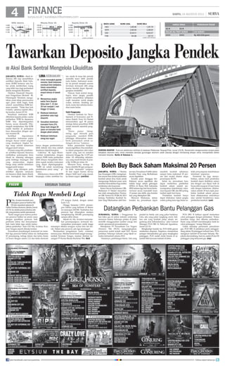 4 surya.co.id | surabaya.tribunnews.com
FINANCE SABTU, 24 AGUSTUS 2013 |
I
I
I
I
I
19
I
I
I
I
I
21
I
I
I
I
I
22
I
I
I
I
I
23
I
I
I
I
I
20
I
I
I
I
I
19
I
I
I
I
I
21
I
I
I
I
I
22
I
I
I
I
I
23
I
I
I
I
I
20
P
TSkyAviationkembalimen-
datangkanpesawatSukhoiSSJ
100danmendaratselamatdi
HalimPerdanaKusuma,Jakarta,Jumat
(23/8).Iniadalahpesawatkeduasete-
lahyangpertamasudahoperasional.
Kami sangat puas karena perfor-
ma pesawat Sukhoi ini persis sama
dengan spesifikasi pesawat, baik
performa teknis dan kenyamanan.
Jadi, kami tidak ragu untuk melan-
jutkan pembelian, kata CEO Sky Aviation, Kris-
man Tarigan seperti dikutip kontan.
Perusahaan penerbangan komersial ini mem-
beli tiga pesawat Sukhoi tahun ini, berkapasitas
87 penumpang, terbagi dalam dua kelas, bisnis
(12 kursi dengan sistem 2-2) dan kelas ekonomi
(75 tempat duduk, dengan sistem
kursi 3-2).
Hingga Semester I-2013, penum-
pan Sukhoi yang berbasis di Batam
itu mencapai 200.000. Tambahan dua
pesawat lagi diharapkan mampu
menghimpung 600.000 penumpang
sampai akhir tahun.
Sejauh ini, Sky Aviation memanja-
kan penumpangnya, termasuk me-
nempatkan pramugari cantik tinggi
semampai dibalut seragam warna biru list me-
rah. Dalam satu pesawat, ada tiga pramugari.
Berdasarkan pengalaman kami, customer
merasa puas. Mereka betul-betul sangat senang,
tambah Krisman Tarigan, mantan direktur ke-
uangan PT Kertas Basuki Rachmat Tbk. (hri)
JAKARTA, SURYA - Otoritas
Jasa Keuangan (OJK) mengeluar-
kan aturan baru terkait pembelian
kembali saham (buy back) untuk
mengurangi fluktuasi pasar serta
memberi kemudahan bagi emiten
melakukan aksi korporasi.
Ketua Dewan Komisioner OJK,
Muliaman D Hadad menyebut-
kan telah mengeluarkan Peratur-
an OJK Nomor 02/POJK.04/2013
tentang Pembelian Kembali Sa-
ham Yang Dikeluarkan oleh Emi-
tenatauPerusahaanPublikdalam
Kondisi Pasar yang Berfluktuasi
secara Signifikan.
Kondisi pasar dianggap ber-
fluktuasi secara signifikan, jika
indeks harga saham gabungan
(IHSG) di Bursa Efek Indonesia
(BEI) selama tiga hari bursa bertu-
rut-turut secara kumulatif turun
15 persen atau lebih, atau kondisi
lain yang ditetapkan OJK.
Menurut Muliaman, dalam
kondisi itu, perusahaan dapat
membeli kembali sahamnya
sampai batas maksimal 20 per-
sen dari modal disetor tanpa
persetujuan RUPS.
Selain itu, perusahaan baru
dapat melakukan pembelian
kembali saham setelah me-
nyampaikan keterbukaan infor-
masi kepada OJK dan BEI paling
lambat tujuh hari bursa.
Pembelian kembali hanya
dapat dilakukan dalam jangka
waktu paling lama tiga bulan se-
telah penyampaian keterbukaan
informasi, paparnya.
Peraturan itu juga menye-
butkan, saham hasil pembelian
kembali dapat dialihkan antara
lain dengan cara dijual, baik di
bursa efek maupun di luar bursa
efek dengan ketentuan, dilaksa-
nakan setelah 30 hari sejak pem-
belian kembali saham perusa-
haan dilaksanakan seluruhnya
atau setelah berakhirnya masa
pembelian kembali. (ant)
Tawarkan Deposito Jangka Pendek
Boleh Buy Back Saham Maksimal 20 Persen
JAKARTA, SURYA - Bank In-
donesia (BI) siap menerbitkan
sertifikat deposito Bank Indo-
nesia (SDBI) bertenor satu bu-
lan untuk memberikan ruang
yang lebih luas bagi perbankan
dalam mengelola likuiditas.
Direktur Eksekutif Departe-
men Pengelolaan Moneter BI,
Filianingsih Hendarta menga-
takan, pada tahap penyesuaian
agar pasar tidak kaget, bank
sentral menerbitkan SDBI ber-
tenor pendek. “Tidak bisa lock
6 bulan, jelasnya seperti diku-
tip kontan, Jumat (23/8).
Sosialisasi instrumen SDBI
diberikan kepada pelaku usaha
perbankan. SDBI ke depannya
SDBI bisa diperdangankan
harian, secara domestik. Filia-
ningsih menjelaskan, bila SDBI
sudah familiar di perbankan
baru disesuaikan dengan ope-
rasi moneter BI.
Sertifikat depositonya
merupakan instrumen pasar
dengan durasi relatif singkat
yang membayar tingkat bu-
nga tetap setelah ketentuan
tanggal jatuh tempo.
Dipasaruangritel,pembuka-
an sertifikat beposito biasanya
melibatkan penempatan dana
likuid ke rekening tabungan
pada lembaga keuangan ritel
yang menawarkan tingkat
bunga tetap setelah ketentuan
tanggal jatuh tempo.
Dana yang disimpan pada
sertifikat deposito semacam
ini biasanya tidak dapat ditarik
atau barangkali bisa ditarik
hanya dengan pemberitahuan
lebih dahulu dan/atau setelah
dendanya diperhitungkan.
Gubernur BI, Agus Marto-
wardojo menjelaskan, dengan
adanya SDBI maka perbankan
lebih leluasa mengelolah likui-
ditas rupiah melalui instrumen
yang dapat diperdagangkan.
“SDBI ini untuk mendorong
pendalaman pasar uang,” je-
lasnya.
Sebelumnya, hanya ada SDBI
berjangka waktu sembilan bu-
lan, meski di masa lalu pernah
memiliki tenor lebih pendek
(satu bulan). Instrumen mone-
ter ini pernah menjadi sasaran
investasi, termasuk oleh asing
karena bersifat dapat diperda-
gangkan (tradable).
Namun, bank sentral meng-
hapus tenor jangka pendek
sambil menerbitkan kebijakan
wajib menahan untuk jangka
waktu tertentu (holding pe-
riod), mulai dari sebulan kemu-
dian enam bulan.
Tarik Pengusaha
Direktur Institute for Deve-
lopment of Economics and Fi-
nance (Indef), Enny Sri Hartati
menyarankan agar BI punya
strategi dalam penerbitan SDBI
untuk menarik sejumlah peng-
usaha.
Harus punya 'iming-
iming' agar menarik para
pengusaha membeli SDBI,
sehingga diharapkan mem-
berik pemasukan untuk ca-
dangan devisa, katanya.
Kalau pemasukan berjalan
secara signifikan, bisa memban-
tu dalam penguatan nilai tukar
rupiah yang saat ini semakin
menurun hingga Rp 11.035 per
dolar AS dibanding sebelum-
nya yang masih berada di posi-
si Rp 10.086 per dolar AS.
Menurut Enny, strategi itu
harus dimiliki BI agar pengusa-
ha tidak memarkir uangnya
di luar negeri karena devisa
ekspor lebih kecil yang masuk
ke dalam negeri. (ant/hri)
Aksi Bank Sentral Mengelola Likuiditas■
Untuk menangkal gejolak
moneter, Bank Indonesia
membuat lima kebijakan.
Selain menerbitkan
sertifikat deposito,
empat lainnya di bawah
ini.
Memperluas jangka
waktu Term Deposit
Valas (dari 7, 14 dan
30 hari menjadi 1 hari
hingga 12 bulan).
Relaksasi ketentuan
pembelian valas bagi
eksportir.
Sesuaikan ketentuan
transaksi Forex (FX)
Swap bank dengan BI
(pass-on transaksi bank
dengan pihak terkait).
Relaksasi ketentuan
utang luar negeri.
■
■
■
■
■
LIMA KEBIJAKAN
HARGA EMAS PERKIRAAN PASAR
22/8 23/8
DOLAR AS/TROY OUNCE (24 KARAT)
XXXX XXXX Rp 483.000/gram
MATA UANG KURS JUAL KURS BELI
HKD 1,405.80 1,391.70
MYR 3,302.64 3,266.95
SGD 8,524.51 8,433.47
THB 341.86 337.73
KURSVALAS
SUMBER: BANK INDONESIASUMBER: BLOOMBERG
FIGUR KRISMAN TARIGANFIGUR
Tidak Ragu Membeli Lagi
IHSG Jakarta
4.400
4.300
4.200
4.100
I
I
I
I
I
19
I
I
I
I
I
21
I
I
I
I
I
22
I
I
I
I
I
23
Minyak/Dolar AS
120,00
110.00
100.00
90.00
I
I
I
I
I I
I
I
I
I I
I
I
I
I I
I
I
I
II
I
I
I
I
Rupiah/Dolar AS
11.500
10.500
10.000
9.500
I
I
I
I
I I
I
I
I
I I
I
I
I
I I
I
I
I
II
I
I
I
I104,53
10.775
I
II
I
I
I
II
I
I
I
II
I
I
I
I
I
I
I
I
II
I
I
I
II
I
I
I
II
I
I
I
I
I
I
I
I
II
I
I
I
II
I
I
I
II
I
I
I
I
I
I
I
I
II
I
I
I
II
I
I
I
II
I
I
I
I
I
I
I
4.218,45I
I
I
I
I
20
4.171,42
4.169,83 105,15
105,09
10.875
11.058
antara
SURABAYA, SURYA - Penggunaan ba-
han baku gas di sektor industri cenderung
menurun karena beberapa pelaku di Jatim
memilih menggunakan sumber energi lain
untuk operasional perusahaannya.
Manajemen PT Perusahaan Gas Negara
(Persero) Tbk (PGN) mengungkapkan,
penurunan sudah terjadi sejak 2011. Secara
perlahan, beberapa industri yang hijrah se-
makin bertambah selama 2012.
Alasannya, perhitungan bisnis. Ada yang
pindah ke listrik, ada yang pakai batubara.
Lalu, ada yang pakai cangkang sawit, bah-
kan ada yang kembali pakai sekam, ter-
gantung jenis kebutuhannya, jelas General
Manager PGN SBU II, Wahyudi Agustinus,
Jumat (23/8).
Menghadapi kondisi ini, PGN lebih gencar
melakukan ekspansi. Targetnya, memperluas
jaringan infraastruktur gas guna menjangkau
pelanggan. PGN sudah mulai berada di se-
jumlah titik kawasan industri di Jatim.
PGN SBU II bahkan agresif memediasi
calon pelanggan dengan perbankan. Kalau
kesulitan harga, bisa dibantu perbankan.
Kami yang inisiatif mendatangkan bank ke
calon pelanggan, terang Wahyudi.
Untuk menutup penurunan penyaluran
gas, PGN SBU II setidaknya perlu menggan-
deng sekitar 50 pelanggan industri baru. PGN
mengincar industri di kawasan Sidoarjo, Mo-
jokerto dan Jombang. Saat ini, sudah 25 dari 50
pelanggan yang terlayanai gas. (rey)
Datangkan Perbankan Bantu Pelanggan Gas
ANTARA
DORONG EKSPOR - Truk-truk petikemas melintas di kawasan Pelabuhan Tanjung Priok, Jumat (23/8). Pemerintah mengumumkan empat paket
kebijakan ekonomi baru untuk meredam dampak guncangan ekonomi salah satunya dengan mendorong ekspor untuk memperbaiki defisit
transaksi berjalan. Berita di Halaman 1.
join facebook.com/suryaonline follow @portalsurya
 