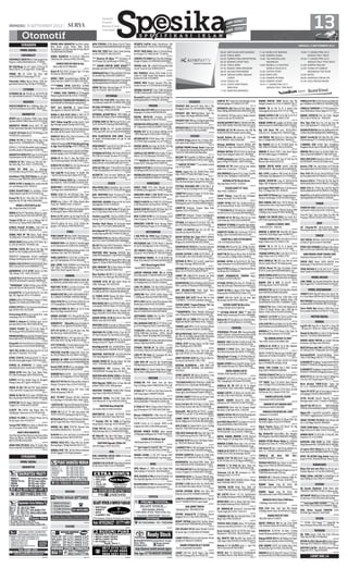 MINGGU, 8 SEPTEMBER 2013
SURABAYA
MOBIL DIJUAL
CHEVROLET
CHEVROLETAVEO’04OriTotalSangatIstw
Pajak br 085230040406/031-77739941
992421
BU 62Jt/Nego An Sdr Spark LS’04 Jrg Pk
Merah Pjk Br 1,5 AC Dgn031-71046309
993032
SPARK ‘04 Ori L/Dlm Spt Baru 65Jt
081230807672 Ketintang PTT 5/3
993627
Chevrolet Saﬁra Warna Hitam ’2003 Ba-
gusSekali Normal Hrg.75jt Ng 70339650
993602
CITROEN
CITRIOEN BX 16 TRS’88 (L) AC/TP/PS/VR
Ori 18jt083833334149/71718333 No SMS
992964
DAEWOO
MATIZ/SPARK’03 Biru 58JtNego Tgn1 Ac/
Tp/Ps/Pw/Cl/Remot Istw031-34660739
992992
DAIHATSU
AYOO!Trade In,Tukarkan Mobil Lama Anda
Dg New XENIA/TERIOS Baru03178152699
988986
DAIHATSU PROMO Xenia Dp27 PU Dp9
R.Stok,OpenIndenAyla,NewTerios81058081
989137
CLASSY‘92Putih(W)AC/TP/VRBagus37Jt
70922931 (Lakarsantri)
992576
ZEBRA ‘87 PU (L) Pjk,Kir Hidup Hrg 13,5Jt
Nego H:031-72034909/031-71292056
992586
ESPASS 1.3 SLD’96 MerahMet body kaleng(L)
GranitK.umala 2/5Driyorejo72109749
992597
DAIHATSUESPASS’02TapeVrAcPemakai
Hub:Kemlaten IX/48 081553920292 TP
992609
FEROZA SE ‘94 2 Warna an Sdri (W) Pjk +
Ban Baru Brg Trwt 031-71237653 DSi
992725
ESPAS PU 2005 ,biru, L, 45jtnego.
H:77154789.FuturaPU2010.Hub:78197279.
992429
Grandmax P.Up 2010 Hitam ors cat tgn1
dr baru,(L) hub.70807051/081231479797
992435
XENIA th’08 LI family Biru muda metalik
ors cat.Hubungi: (031) 71061611 .
992464
ESPAS PIckUP’2005 Stn kirHidup s.Pakai
44Ng kalijaten Gg4 Rt1570754514 spj
992564
Espass’95 Pjk Br L-Biru Met Ori L/Dlm Ka-
leng Msn Hls TP 39jt 082330943802
992366
XENIALiVVTi’08PLat-Jkt
Biru Muda Met08175271099
992418
XENIA Li Plus’07 MerahMet,VRcg,Tp Layar-
Lebar Tg1(W-Sda)71621502/0818371161
992410
Taruna CL’02 slvr ac tp vr 80jtng+Taft GT
4x4’93 ac tp 75jtng 081230659095
992639
ESPASS PickUP Th’2004, L300 Pick Up
Th’97 HUb : 8536737 / 081234372255
992686
ZEBRA PICK UP ‘90 Hitam Pajak Hidup
16,5JtNg Hub:71244149 /081553300645
992650
XENIA’2008LiDeluxePlusVVTiSilverTg-1
(L) 102,5jt Hub:031-70798201 Sda
992433
TARUNA CSX’01 EFi Merah Slvr Bgs Skli
BanBr Ful Var 91jtNg Cpt BU83407077
992573
FEROZA’97 independen AcTpVr banRadial
66Nego RktMngl Ky.Satari4/4771317865
992713
XENIALiDlx’10VvtiHtm(B)104JtNGTgn1
PjkBr SensorPark Istw088804877372
993086
GRANDMAX 1.3 D th’08 Station (S) Biru
79jt. Dinoyo 7/10. 031-91515253 .
993094
CLASSY’93AC/PsVrPwVrAudOri35jt+MZDA
’86ELITEAcPwAudTVistw24jt88286555
993101
“TERMURAH” XENIA DP22jt,Luxio DP20jt,
Sirion DP 22jt,PU DP10jt031.71549101
993126
D.CLASSY’91 Ac/Tp/Vr/Br/Pw/Ps Cat Msn
Bgs 33Jt ,Nginden IV/31 72009405
993074
ZEBRA1.3Stw’90PodojoyoTropeerS.Pakai;
Nginden 3/9 082142219499 (23Jt)
993190
ESPASS PU’03 Ori Cat Istimewa Hub:Barata
Jaya 3A/68 031-81255089
993100
Ferosa long th’94actpvrputih45jt-raya
sepanjang tani 22 70090066.
993061
XENIA Li deluxe+(L)’10hitam tgn1 actrvr
pucang indah k3 sda-08121689536 krd
993354
TERIOS Th2007 Tipe TS Ful Var Audio Vr
Pjk Panjang 081333340945-83013922
993252
PROMOASTRAXeniaDp24jt,PUDp9jtR.Stock
ProsMdh03177879799/081233765496
993288
Classy94LAcPsPwCl,Rmt,Vr,CdHjauIst38,5
Ng ManukanAsri A3/10085706892960
993213
TAFT DSL th’90 (4x4) Ban Baru/Vr Ac Full
65jt Bisa TT Hub:031-7151 0782
993174
ESPAS STW’03 Sleding(L)AnSdr Vr OrsCat
BiruMet BratangBinangun 9/205041454
993334
ESPASS ZL XTRA9’05 1.3 Coklat muda
metalik(L)Ac/tp/vr orsinil istw:72620503
993267
XENIA Xi’09 Silver Bgs Trwt Tebel Timur
RT.1 RW.6 Gedangan Sda70290224 Bu
992909
ESPASS Full Box Antika Raya Ac Rungkut
Medayu Utara RT7 Gg30c 8783416
993238
XENIA Xi Dlx+’10 Abu2
Mtl TgnI(L)AllRisk
S.Pki Cash/UMT 33,6@2,8x4781990647
993257
XENIA Xi Dlx’10 Vr15 silver KM59Rb Ban
Baru Brg Ready087853765948/70916646
993277
ESPASS’06 Merah Bagus Hub:Semolowaru
Tengah I/12 5961443/71282367
993279
CLASSY ‘94 FullVar Brg Bagus Biru (S)
41JtNg Jagir Sidoresmo 6/13191965336
993114
ESPASS Th 2006 ZL 9 Merah Maron Ac/Tp
W-sda Super Istw 31453373
993323
taruna FGX ‘2002birusilveracdbljok3brs
ori L/D terawat 031-7095 8999
993360
PAKETNEWDAIHATSU
Dp.20AnJutaanNewXenia,Luxio,Sirion,New
Terios Dp.30Jtan / @2,8Jt;G.Max PU Dp10Jt
88272733/081335161566
993048
GRAN MAX PU’2010 3Way TP (L)Tg1 Biru
OrsCat Hub:081703306091/70189391 Bs TT
993066
PROMO NEW DAIHATSU Dp.20An Jutaan
New Xenia, Luxio, Sirion, New Terios
Dp.30Jutaan/@2,8Jt,GranMaxPUDp.10Jt3
1312897/082141505960
993018
XENIA SILVER’04 Ac,Tp,Pw,Cl 89jt,Grtis
CbtBerkas,DK, Deltasari08123614861
993214
EAPASSPICKUP2003W-Sda
Hitam 40jt H:03170884655
993307
Xenia Xi DLX PLUS 10 bagus tgn 1 dr baru
VR Emirror 082141005511
993211
XENIA ‘2005 SangatIstimewa 86JtNg BU
Jl.Ikan Mas No.2 SDA71317865/72515655
993140
*****ZEBRA TH’95 BODYTECH ASTREA
RpmorisinilcatHub031.72543904sukodono
993396
** ZEBRA ‘1992 TROPER AC.TP.Tenggilis
Mejoyo Gg.BotoPutih No.5031.72348554
993418
MURAH03177160991/08175019049Xenia
Dp20GMaxDP19,5PickUpDp9LuxioDp19.bsTT
993437
TAFT 4x4 Aktif’86 AC Dingin,Power
Stering,Ban 31 Hub:03170295346
993445
XENIA Li DLX PLUS 2010 (L-SBY) CD TV
HITAM ORS CAT 72078397-081216657114
993573
TAFT Hiline long’90 (w)Sda IntrOri TpAc
Dgn MsnBgs Spakai 55jt Ng 83275553
993521
TARUNA CL(EFI)2003 AC/DVD/USB/Alaram
Biru 83Jt (B) Kd.Cowek 081332737675
993622
XENIA Xi ‘10DlxPlusSilverIstimewa,119Jt
Nego, Hub:031-70275799
993516
ZEBRA’93HasBackVRTPAdaACgakFung-
si,BgsTrwt25,5jtNg03171705091CPT
993465
ZEBRA’89Artomoro(Asli-L)Tg2AcTpUSBNo-
kaUtuh SgtBgs 21Jt70794655/60756057
993426
XENIA Xi Dlx Plus’11 Abu Met PjkBr Istw
Tmn Ketintang Madya 33085736695744
993440
ESPASS PU th’2007 biru W-Sda Barang ori
52,5jt hub:031-3434 9884 BU.SDA
993591
Taft Indp’96 Htm(L)Audio Tv BanBr 95jt
+Taft’81 Dsl 4x4 AcTpVr 38jt70777728
993570
XENIA Li Deluxe 2010 Tgn-1 Istimewa Hi-
tam Hub:031-71867233/082131352425 BU
993457
GRANMAX1.3PU’09HitamCatAsliTgnI(L)
72jt Nego Hub: 083849096018
993555
XENIA Li’10 Dlx+(W-SDA)TgnI Abu2
Inter
+Cat Ori 110Jt PetemonBrt16071482908
993629
XENIA Ang 2,5Jtan / DP 25Jtan Ready New
Terios Dll +BONUS 031-71439377
993637
ESPAS1’3’96MerahBtl2IstwKaleng100%
Ori Racing AC Nyes 082140914990
993639
Xenia Li+07 pjkBru dp 9jt Bng7%/5th Ry
MastripKdrsDkh140317664215-31033561
993640
Zebra’91 pdjoyo hp tp,ac 22,5jt S.Pakai Bo-
gangin 1/52 kedurus 087853345553
993579
FORD
FORD CHAMP ‘92Abu2
DOHC 35Jt Istimewa
+ NISSAN CENTRA ‘90 H.25Jt 70655558
992532
RANGER’2004 4x4 85jtAcTr banEktragrip
ors B.CabeanAsri E4/1SDA031-81846079
993039
FORDTAXIth‘97(L)BodyKalengTotal=11Jt
Sukodono Sda. Hub: 03171833349.
993043
FORD LASER’95 Ac/Tp/Vr/Br Cat Mesin Ba-
gus 22Jt Hub:Nginden IV/3570825087
993183
JUAL CEPAT FORD RANGER 4x4 Dobel Kab
2.9L Silver Th’2004,Daihatsu Terios TX AT
Silver’2012 Hub:Tropodo I No.123
993552
HONDA
HONDA CITY TH’96 WRN MERAH PAJAK BR
(L)PW,PM,AC,AUDIO65NG081331312403
992563
MAESTRO Th’90 ﬁ ac/cd/vr/cl/em/ps 45jt
pakis wetan 5/22 0815 5363 5107
992548
GRANDCIVIC’90(L)ABU-ABUKONDISIBET-
UL2 SANGAT ISTIMEWA 087852796805
992696
CIELO VTEC’97Ac/Tr/CD/Vcd100%OrsCat
L/D TanjungRaja 1/30 Perak78178956
992724
HONDA ACCORD Th ‘84 Ps Ac Tp Vr Surat
Baru 21jt Nego Hub:8142 8554
992620
HONDA ACCORD VTiL Manual’99 BiruTua
Ori 5Ban Baru Jok Kulit Hub:08155200706
992727
WONDER’87 Hijau(W)ac/pw/cl/audio/vr
T.PjkBaru L/D ori SgtIstw H.03188172026
992470
CITY ZV Tel’02 A/T J.Cpt BU Abu2
Slvr Met
Hls Mls 83,5jt 082141576957 Tg-1
992417
MAESTRO 93 Akh L Slvr Sgt istw Ori L/Dlm
KM123Rb VR16 75Jt Ng 082331378549
992736
CITY TH’98 EXi1.5AudioBebasKroposMu-
lus Mbl Prima 69JtNg 031-77148076
992423
PRESTIGE Pmk’88 AcDgnTpVr PwCl Intr
Ors 28.5jt PdkJati2 BL-22A SDA71456910
992674
WONDER 85 4PNT AC/DVD/MP3/AUDIO/VR
PjkBrOriL/DTrwtMulusIstw085649982286
992467
Grand CIVIC th’90,AT,a.n sdr,pjkpjg,L,45jt,
Hub:085851089040  08155140967.
993059
WONDER’84AcTpVrBr 21Jt+CivicExclnt83
AcTpVrBr 17Jt H:Nginden IV/3570825087
993081
NEW CITY MT’04 IDSI Manual Biru Muda H:
Manyar Tirtoyoso Utara 3/1571353418
993130
JAZZ ‘06 VTECH Sporty M/T Pink 128Jt
Jl.Dukuh Kupang 19 No.39
993289
JAZZ Th’2007 Manual (W-Sda) Istimewa
H:135jt Nego 77659367/0821.4062.5000
992967
JAZZ’04ATTriptonicMlsReadyBsAnPem-
beli71611550-081330641130BsTT/Krd
993263
GENIO 93 Full Ac TP mbl siap pakai 64jt
03171255702 kupang gunung tmr 6/1a
993321
Djl Hnd Beat’11anSndiriPetemonSidomu-
lyo 66 Tngah No9 Sby 081553163600
992924
HONDA ALL NEW CIVIC’06 Manual Istw
Hub:08981288850/031-70111059
993023
Estilo94 biru prm perhutani jl.sambiroto8/
j4 sambikerep/lontar 081231947164
993405
HONDA CIELO 97(L) Hijau Met An Sendiri
Barang Bagus 75JtNg Hub:081332371717
993566
HONDA CIVIC ‘79 L 9Jt Pas Mesin Istimewa
VR RD, Ngagel 127A Pojok Jembatan
993411
NEW STREAM 2.0’06 Hitam+City’07 Vtech
ManualAbu2081934605664/082131030507
993473
NEW CRV ‘2003 Matic Silver Stone Juwing-
an 44 70507273-08123237473
993625
*** Maestro 93 Hijau *** istimewa L/D
Vr18 Harga 55jt ng.Hubungi: 92663172
993505
*** GRAND CIVIC’90 2UNIT ATMT***
JualsalahsatuHub:70727737/082335833733
993509
HONDAJAZZ’04A/THitamPjkBln6’2014(L)
An.Sendiri Hrg.107Jt081330666152
993491
FREEDPSD’10KM50rbdp12jtBsTT/5thBg7%
RyMastripKdrsDkh147664215-31033561
993641
GENIO ‘93 Hijau Barang bagus AC TP Vr TV
61jt 77193192 -085731387204
993601
HYUNDAI
VERNA GLS Pmk’2002 SepertiBaru Biru-
Tua Deltasari Indah BO-120858 5556 3090
993053
BU JUAL HYUNDAI ATOZ ‘2004, Mesin Ter-
awat 70nego, 081235180089
993305
HYUNDAI ACCENT’9906 TDP17.486jt @1,
461x35TDP24jt@1,570x4708563480209
992886
ETERNA SOHC th ‘90 Manual Putih (L) Ac/
Tp/Vr.16/Pw/Ps.Hubungi:085648995343.
993233
AVEGA GL’00 Slvr MT TgnI(W-SDA)PjkBr
S.PkiCash/UMT28,5@2.402x3581990647
993260
NEW ELANTRA’96 PMK DOHC Manual
Ac Audio VrPsPwEmClRmt Ori pjk Br Hub
81661680
993416
OPER KREDIT Trajet’00 AT Dp 39Jt Sisa 15x
2,45Jt, Cash 74Jt 081703445617
993410
HYUNDAI GETZ’04(L)Mnl Hijau DVD/Rt/CD
KM.72Rb A/n.Sendiri Terawat 71155427
993449
H.ACENT 06 Htm Ors L/D Sgt Istw 67jt Ng
BsKrd DP19jt 31455885/081332773779
993470
ATOZ GLS’08 pjkBr TT/Krd DP10,5jt/5th Bg
7%RyMstrpKdrDkh147664215-31033561
993608
ACCENT’01 Trwt Ors Jmin TdkMrwat Tgn1
drBr W-Sda anSdri Ssuai Almt 77324333
993472
ISUZU
NEW ROYAL’00(W-Sda)Silver Tgn 2 AcDbl+
FulVar087822237771-72041455Menganti
992672
JUAL PANTHER Model Hi-Sporty’97 Griya
Mapan Santosa EA5/25 031-71109946
992732
PANTHER GOLDEN HiSporty’94 Ac/Tp/Vr
Hub:Nginden V/5A 70105011
992734
PANTHERLSth‘08TurboMTBrngIstime-
wa 172,5Jt.Dukuh Pakis 4/18.70147118
992444
Panther royal’98L-SbybiruAUDIOCDbodi
kaleng 73jt71271628/081216102015
992566
Panther Bodi Vitara ‘94 W-Gresik hitam
silver 51jt 71271628 /08563286789
992568
NewHigrade’97MrhAudioTvFulVarOri81jt
CandiLempung Blk 48C/7081331268119
992583
PANTHERLV’01BiruMdIstw4PW.CitraGar-
denC5/12Sda72050880/085730998880
992406
DJL ELF Microbus’09/10 Morodadi / Adiputro
Hub:0341-7740016/081330000635
992424
PANTHER NEW Touring 04/05(W) Tgn1
CoklatMDPondokjatiR-1Sda081233120268
992678
PANTHERLV’01(AE-Ngawi)Mrh93JtLrngn
MgAsri E-55Sda34053199/082140054297
992638
JUAL HIGRADE ‘95 (L) Biru Mulus Ac Dobel
TP Siap Pakai Hub:0819 9698 7653
992810
New Panther LV 25 th 01 Akhir Ac/Tape/
Vr/Pw Biru Tua Hubungi: 081330706224
993014
TOURING th’01 AT (L) Coklat Muda Ors
109jt. Hubungi : 031-91515156 .
993091
PANTHER’96PU45jtNet+2PNTHR’91Gold-
enLONGAc/Rt/PsVr45jt.KRDOK:88286555
993112
LS TURBO th’05 Manual (B) Silver Honey
ORS 135jt. Hubungi: 031-70636378 .
993163
NEW ROYAL’00Perak,ESPASSFulBoxAlmi-
ni AntikaRy PMK’05 Hitam 71453149 SDA
993182
PANTHER LS ‘2003 (W) Biru Metalik M/T
Bagus Hub:0857 0224 9444 -08123504530
993331
GRAND ROYAL th’96 (L) Merah 66jt SIAP
PAKAI. Hub: 081703574092 .
993240
PANTHER LS’01 Hi-Grade (L) Manual Silver
Istw Hub:03188404280/081330300363
992890
PANTHER PU 2.5’96 FullVar Trwt AC/TP/
VR 56jt.Pndk Jati T52 Sda081230315598
992961
PANTHER SUPERIYOR’97 Ac/Tp Rungkut
Medayu Utara RT7 Gg30c 71003399
993271
NewHigrade’00 Akh AcDblCdClRmt /Alrm
SlvOrsCat(L)AnSdr5045490/081357327908
993273
PANTHER KAPSUL’00 Ac/Cd/Vr/Pw/Em
97Jt Hub:Jl.Nginden IV/31 72009405
993330
GRAND ROYAL’97 Barang Bagus (W-Sda)
031-72343490-0821 3984 8184
993104
PANTHER’94 PPL Istimewa 48Jt Hub:
0818509847 Pandugo Baru 36c No.18
993314
PANTHER NEW ROYAL’2000 Ac Dbl/Audio
/DVDSilveristw031-71149385-31374649
993362
NEW Higrade ‘2000 silver ori luar dlm mlk
pribadi 0813 3341 3999 gempol
993315
PANTHER TOURING TURBO’2002 Manual
Siap Pakai 132Jt081357909181
993034
PANTHER ROYAL Plus’1996 Pajak Baru
Tmn Pdk Jati BC-31 Spj 081331526256
993594
PANTHERNewModel’00
An Sendiri 85Jt H:08123252819
993580
PANTHER’95 Hi-Grade AC/TP/VR Mulus
Hub.031-83195922 Simo Hilir 5A/2
993616
** Panther PPL th ‘1996 Ac/Tape/Rcg.
Harga Rp55Jt. Hubungi :03170044075 **
993493
PTHR PPL’95 Fulvar STNK Br(55Jt)BsTkr
Mbl Jl.Sidotopo Wtn 11-B087853673606
993463
Elf 6Ban’01 Bak Besi 82Jt Nego L+Ryno
6Ban Bak Kayu 52Jt Nego 03181430180
993466
PANTHERHigrade2300cc’95
Biru Mtl Bagus 031-92153711
993636
KIA
JUAL CARNIVAL DIESEL’2001 A/T barang
istimewa Hub:7213 8858
992520
CARENSIISEth’05ATHitamBrgIstimewa
82,5Jt.Dukuh Pakis 4/18.70686060.
992442
PICANTO Full’04 Asli(L) MerhFerari 19Jt
@2.066.000x47 91431314 PW/VR/BanBr
992643
VISTO ‘2000 Akhir Silver (L) Orsinil Rung-
kut Hrapan F12 88153148 -71156534
992657
CARENSITh’2000MaticBiruMls65JtNego,
Rungkut Madya 153 UPN085203303800
993350
SAFIRA mtic ‘01 acdbl/Vr/Ps/pw/Em/dvd
snroof 7seat irit 6zjt 08563335172
993359
KIA TRAVELO 14Seat 2010 Audio Tv Ka-
raoke ist 140Jt Grand Park Regenci Cluster
Jasmine K4 Sda 72304008
993243
PROMO NEW Picanto Garansi 5Thn Ber-
hadiah Umroh 71787040/081216907690
993451
SEDONA SOLAR’02 Turbo STNK Br(83Jt)Bs
TkrMbl Jl.SidotopoWtn 20A081216292711
993464
Picanto07slvpjkBrTT/Krddp7.5jt/5ThBg7%
RyMstrpKdrDkh147664215-31033561
993610
MAZDA
Mazdaelite323’1987ptih(s)tubanintrori
Bogangin1/52 kdurs087853345553
992602
MAZDA MR’91/92 Orsinilan Ac/Tp/Vr
Coklat Hub:Nginden V/5A 70105011
992745
MAZDA626CAPELLA’89(L)PjkBr,HtmJHP
AF-10(Juanda) 081351568979-70947766
992675
MAZDA 323 ‘91 AC.CD.Audio PjkHdp 23,5Jt
+MITS MiniCup55 Th’82 8,5Jt77645169
992528
INTERPLAY’97 PS/PW Silver 43Jt+ CLASSY
’91 PS/PW 36Jt;Sonoindah 3/1177300114
992821
MAZDA HB’86 kond bgs Ac/Tp/Vr 20jt Ng
Hub:081230242999 / 088805216057
993129
CAPELLA 626 HB’89FulVar/Audio CD Biru
(W)Ors L/D 27jt,Sidonipah 4/583271273
993529
****MAZDAth‘1974,mesinnyes,kondisi
kropos Rp7Jt. Hubungi:03172956758
993496
MAZDAELITE’88ACTpVrPwPsOrikaleng
28.5jtNego H:88150219-082131751679
993598
MAZDA626LX’85AcDinginPsPwVrRt(Sby)
15jt081393088959/70964347SIDOARJO
993606
MERCEDEZ
MERCY 300E Th’91 Abu2
Metalik An.Sdri
Km:88Ribu Jl.Ronggolawe 708213985165
992561
MERCEDES BENZ C-230 Th’97 Hitam Km
Rendah An Sendiri 0856 4911 0024
992610
MERCYC180’95SlvrF.ODIOTV12CDChang-
er BU Manual Knc Ori/Srp031-7874611
992486
BOXER E300’89 Facelift MP,Silver,Tgn2 Pa-
jak Br,M/T Hub:60703650/77711854
992441
NEW S E320 th’96 Ors Cat Istimewa 101Jt
Dukuh Kupang Timur 12/52 7031 8613
992619
MERCEDEZ C200’96 Putih Barang Mulus
Orsinil Hub:Raya Prapen 23-A 72605103
992903
MITSUBISHI
L-300 PICK Up ‘2004 Bagus 81jtNego Bu-
tuh Jl.Yos Sudarso 14 SDA081938273732
992523
MITSUBISHI Colt T22’94 Merah 3 Berlian
Ac/Tp/Vr Hub:Nginden V/5A 70105011
992720
SPC-PROMO T120ss Dp11jt@2,5; L300 Dp
25jt @3,8.03178036137 / 081332374644 .
992456
MITSUBISHI PROMO, FE 74 HD DUMP Dp
Mulai16Jt.Hub:03171674459,087855589755
992541
COLTDieselEngkelTh’97
Hub:8536737 /081234372255
992624
LANCER DANGAN DOHC ‘90 Irit 40JtNg
Jl.Ry Wiyung No.17 BsKrdt0852 8277 9406
992654
COLT SS120 Station’01 Tgn1 AC/TP/Interior
Ori 44jtNg081331733314/71569622
992560
L300 PU DIESEL Full Box’2001(L)Kondisi
Bgs Km120Rb Siap Pakai 75jt70576727
992721
J.RUGI,Mbl Mini Cab’83 Coklat Bagus Plat
L,10JtNg,Cpt,BU,Krian085748705431
992823
MITS L300 Full Box Solar’96 Istimewa Hub:
Barata Jaya 3A/68 031-81255089
993342
ColtL300Solar.HitamPickUpBakRata(L)Kir
Baru PS.2008/2009 081330754898
993199
SEPTEMBER CERIA Pick Up Mits T120SS
DP.7Jt Hubungi: 081231111688 .
993230
Mits DANGAN SOHC’92 ACTPVROrsCatS-
gt Ist Prm Magersari BO/12 sda8923783
993348
T120SS’95 (L)New.Armada Mrh Ac Dbl Tp
Vr(Pjk-STNK-Ban-Cat-Mesin 100% Baru!!)
Btl2 Bgs S.Pake!! 38,5JtNg081252306669
992940
MITSGRANDISAT’05BiruMetalikIstimewa
Variasi 158Jt Hub:087852378999
993020
STRADA TRITON 07 TgI FulFar CaryBoi
Istw Htm(L) PJati Ai35 Sda081330071658
993569
L300 PU ‘86 Solar (S)-Lamongan Kir Baru
35Jt Nego Hub:031-77692200
993506
L300 PICK UP Solar’00 Tg2 BodyMsnBgs
80JtNg;Brigj.KatamsoI/161Waru72125269
993479
KUDA’2000 GLS Diesel Pajak Baru Unggu-
Met S.Pakai 73jtNg BsKrdt081231671355
993582
NISSAN
XTRAIL”06 PMK Silver Istw Spt Baru
Hrg.131JtNego.Hub7386035/0811351148.
992515
XTRAIL XT Th 2003 an Sdri Silverstone Bu-
TuH Uang Segera 083873749292
992716
R.STOCK G.LIVMarchEvaliaDp.30JtanHub:
082230006988/77784588 Pin:2670cc90
992542
X-TRAILXT‘05A/TBagusSilverPajakPan-
jng U/Pemakai70777443-08123567443
992663
Nissan STANZA’82 S-Mjkt Istw AC Dngin
Brg Simpnan.21Jt SukodonoSda92114355
993038
GRAND Livina xv 1.5 manual ‘2008 w-sda
original hub: 0813 3166 8936 pemakai
993310
NISSAN MARCH th’2011 silver nanual.
122Ng.bogoramiRegenciB.27087751082207
993193
LIVINAXR’08HitamTgnI
Hub:Dupak Rukun 72 70584214
993600
*** Jual Cepat X-Trail XT ‘04 *** istime-
wa. Hub:  0811361181/(031)72043032
993477
GRAND LIVINA 1.5 XV M/T Orange 2007
Ors Mulus  085334180185 Tnp Perantara
993558
OPEL
OPEL Blazer LT ‘2000 an Sdri Pajak Mati
3Bln 64jtNg 71634235 -085745069593
992632
OPEL BLAZER Lt’98 Jok Kulit AcTpVrBr Cat
Msn Bgs48Jt,Nginden IV/3172009405
993200
BLAZERDOHCLT’99PmkAudioCD/TVBan-
Bsr Ors(W)55jt,Sidonipah 4/531080711
993526
PEUGEOT
PEUGEOT 206 Sporty’02 Silver Plat-L 75Jt
BronggalanSwh Tmr 2/4085852739098
992377
PEUGEOT 406 ‘04(Matic)Silver Tgn1 Ors
Luar Dalam, 85jt Nego 085646124849
992973
PEUGEOT 504 ‘76Hrg10,5NgJlGajahMada
Panjunan I/74 Sda-Kota081216534655
993577
PEUGEOT505GR’87AC/TP/VR15H18,5JtNg
Gub:03179310012-081252299855
993588
SUZUKI
R.STOCK Ertiga,Splash Disc  Bonus Men-
arik, Open Inden Wagon R 03172356100
989126
GEBYAR PROMO Ready Stock Ertiga Apv
PU1,5DptknBnsVariasiHrgPalingOK031-
71651131 /081330621680 Buktikan
992119
BALENO ‘97 UnguMet (L) PjkBaru Audio AC
60Jt Nego083856826719/031.83879188
992550
**CARETATH’2003**Luardalamorisinil
57jt 7123 3449
992587
DIJUAL Carry Pick Up 1000CC/Pmk 2009
Hub: 0817377089,70227968 ( Guna )
992677
CARRY85Akh Hasbac Ful Bwh Noka Ada
Msn Hls Bodi Ind Jaya 15Jtng03172051827
992603
FUTURA REALVAN GRV th’99 Plat-L Ac
Dobel TP Variasi 55jt Nego031-8135 3608
992498
CARRY’94PodojoyoTropeerVr/TpRyTeng-
gilis Mejoyo KB-14 72153329
992707
R.STOCK Szk Bns Variasi ErTiga,Swift,APV
DPAngsMurah77114991/087852266227
992740
CARRY’95 Podojoyo Tropeer Hijau Hub:
Nginden V/5A 70105011
992742
CARRY’94 Podojoyo Tropeer hub:Nginden
Makam/Nginden Permata I/15 72793330
992737
FUTURA 1.3 Adiputro’97 AcTpVr TDP 15Jt
@1,274 Jl.Mastrip Kedurus3271391838
992728
CARRY 1.0 BOX’03 TgnI Ors Cat Btl2
Sgt
Istw BU Cpt Hub:78153194
992739
READY ERTIGA ALL Type BONUS VARIAS
I,Splash,APV,PUMC. DPAngsuran Sangat
Ringan,031.81459765/081331278546
992474
KARIMUN GX TH’03 Biru Tua 81jt.Sutorejo
Selatan II/3781583941/085649810059
992497
SUZUKI ESTEEM 1.3’92 AC/PS/VR/CL (N-
Pas Kota)Biru met 42jt Hub:081331442477
992390
KATANA th ‘90 Ac.Tp.V orsinil L pajak baru
37Jt nego. Hubungi: 08563152206.
992571
KATANA’89Ac/TpBrgSgtBagus35JtNgDSi
Blok O-55 77576721-081357756577
992420
CARRY PU 1.0(L)Th’95 Orisinil Cat Total
Biru 37JtNg H:77689058/081216507570
992373
KARIMUN’00(L)SilverBrgBagusHub:Perum
Pilar Land No.10 Manukan0818338080
992375
APV DELVAN’2006 Putih Pajak Baru
Hub:031-70006157/087855221777
992382
REALVAN GRV th’97 Merah Met Ist Hub
:72468829 / 71237350 Sukodono Sidoarjo
992636
SUZUKI JIMNY Trepes/Polwan ‘84 Siap
Pakai  Ready BU 031-7024 4771
992642
**KARIMUN’01 Silver Metalik (W)Sangat
istw 76jtng Hub:70445330/081615463118
992588
CARRY PU 1,5 ‘2008 HTM (W)-SDA STNK
PAJAKKIRHIDUPSIAPPAKAI031-7186075
992691
SIDEKIK pmk 97.Ac.Tp.Vr ban baru.Merah
met OriCat. Istmewa Hub.031-81988296
992667
DjlCptMlkPrbdi,CARRYFutura’921300Hi-
jau Plat W 26,5JtNg Kuda’2000 Merah(W)
84jtNg03170827808 /081230007273
992646
FORZA th’87 Barang Bagus W-SDA Pajak
Baru 28jtNego Hub:7190 9585
992665
FUTURA 1.5 Fullbox Alm ‘08 Putih istw
Tgn1 (W) TPJ AV-12 71126180-71860168
992750
JIMNY KOTREK th’81 Biru Plat-(L) Ban Ex-
tra Grip 22.5jt Hub:031-7001 7788
992785
KATANA ALXNDR’94 L BIRU PWR STR
RCING HUB:TMN SIDOREJO L58 KRN031-
34576524
992817
SZUKI CARETA ‘01 Warna Bulukera L-sby
AC hrg 55jt. Hub: 081230070622 Gresik
993096
*FUTURA’04PU(M)ISTMW56jt+CARRY’89
EXTRA Ac/rt/vr 25jt.Kredit OK:88286555
993105
CARRYCARETAA.PUTRO’99TpVrbgs.Gnung
AnyartghJL.AmirMahmud73sby71604271
993128
SUZUKI CARRY PV’04 Ori cat Ttl Tgn1 Hub:
Barata Jaya 3A/68 031-81255089
993088
Carry Ful Box 10 th’00 Bgus S.Pake 4Ban
Baru Kdng Tarukan Wtn No.570029588
993189
BalenoDX 00(L)BrMtk,AC/TP/CD canger/
VR PW PS,CL,an.Sdr 72.5jt 082147636965
993249
CARRY PJOYO TROP’95 AC Dgn/Vr/RT Pjk+
BanBr38NgIstw71474790-081332879962
993274
APV X’2007 AC Dobel PW Ps Tp Vr 115jtNg
Hub:031-72067920 Orsinil Luar Dalam
993203
SIDE KICK NoMade’98 Hijau Met Tgn1 Ori
L/D PajakPanjang Hub:031-28877677 BU
993155
KATANA Th’87Merah(L)33jtNegoHubun-
gi : 78121001 Buduran Sidoarjo
992950
S.AMENITY’90 W-SDA AcDingin/Tp/Vr/Pw
Sgt trwt Pjk Baru Hub:71816950 Rungkut
993282
SUZUKI CARRY’04 Tropeer Ac (54Jt) Hub:
Kenjeran 207 60254170-08175102651
993283
KARIMUN’01 Biru/Visto’2000 Silver TgnI
Istw 08165417478-70916646 Bs TT/Krd
993287
FUTURAGRV’03MerahPjkPjgBagusSemo-
lo waru Tengah I/12 5961443/71282367
993351
KARIMUN GX’01 (L) Terawat UM:22Jt Ang-
suran:1,8Jt47Bln77190187/0856420397
993076
ESTEEM 1.3’95 Merah Met Ori VR/PS/PW/
AC Cat Mulus Msn Halus 48,5Jt 77121226
992982
SUZUKI KATANA GX’94 Istw Biru Met
Jl.Baruk Utara 6/30 0888014444009
993345
CARETA  ADVENTURA’03 @51Jt TgnI Ac
A/n:PT 089605750122 Cepat Dapat
993261
JUALJIMNYTHN’84
Sepanjang Hub : 085248550748
993224
SUZUKI Sidekick’95 H.70JtNego Perum
Jenggolo Asri Q-5 Sda 081330150975
993356
READY ERTIGA,Splash,Pick Up,Disc Besar,
All Suzuki Hub:77056000/081216130666
993033
SZK SPLASH TH’10 Coklat Metalik Full Ori
W-Gresik Tgn1 (112Jt)081357549666
993031
CARRY PU’05 Hitam (L) Ada Spanten Teraw
at(46Jt)77965415/71490535
993028
GRANDVITARA’08A/TSILVER
Ful Ors Total085722650999
993037
CARRY 1.0 Pick Up’90 Bagus Siap Pakai
26jt,YKP Pandugo II/Q-25 70187722
993301
CARETA ‘97 TroperTpVr BiruDongker JLCpt
BuKond SgtBgs 77396075 CPT DPT
993149
KATANA’91 (W) Hitam AcTpVr Bagus Siap-
Pakai39JtNg36008493/081330676249SDA
993142
Szk sidekkick ‘99 hijau met ac dingin terawat
s pakai w sda tlp 03134382530
993412
SUZUKIAMYNITY’90MLS,PJKBRSIAPPAK-
AIAC,TAPEH41NG72057263/082131412507
993422
KATANA GX Th 95 Istimewa Hrg 55Jt Ng
H:081330765309 Pondok Candra Indah
993581
Suzuki Baleno 01 merah (L) 72jt nego
03170389923 / 081216365308
993424
Untung BeliDisini Trmurah ERTIGA APV
SPLASH,DP+angs+discbsDiatur03177877750
993512
MURAH ERTIGA SPALSH Pick-Up Dp/Angs
Rng R Stock WagonR Inden 031-70435050
993643
CARRYpodojoyotroper89Tprcmerahbua-
gusss 24 Ng71343361 / 085733355461
993571
KATANA GX ‘95 istmw full ori luar dalam
audio cd ac vr ban baru - 77724215
993584
SZKSIDEKICKDragone’97(L)UnguTuaMet
Full Var Istw 75JtNego71401600 BU
993592
KATANAGX’95MerahMaron
Brg siap Pakai H:031-71253917
993578
SUZUKISWIFTST‘2010
Hub: 031-70584214
993604
CARRY Pdjoyo Troper’89 dan 95.Bagus.
Manyar Kertaadi 7/22.92347907
993620
CARRY PU’96.CARY Box Antikarya’95.Su-
per Istimewa.Mnyar Krtadi 7/2292347907
993612
***FUTURA’91RT/VR(AE)25jt+CARRYEX-
TRA’90 Ac/rt/vr 27jt.Kredit OK88286555
993485
KATANA GX th ‘95 Hijau Met Ori Cat, Istw
J.Cpt! Hubungi :91219319/92486789
993494
SIDEKICK‘97DRAG-1UnguMetTgn1.Kaliju-
danTaruna2/4770121488/081230797980
993499
CARRYPU‘93Mls31Jt+FordLaser‘97AcTp
BrgBgs 25Jt70244092/082141221097
993503
CARRY’86(L-SBY)TP/VRBAGUS
17Jt 70794655/60756057
993427
FUTURA PU Hitam’04 Tg1 47JtNg PrmPer-
antiBr Jl.IkanBandengE/6Juanda71379835
993432
SWIFT’06 GL Manual Hitam Plat-W SDA Bln
5 Ori Luar Dlm 123JtNg 08113348554
993434
KATANA GX’98 Ac/Tp/Vr/Ps/Cl Pjk Baru
Super Istimewa 71123018/085707774030
993486
CaryP.U’85BrgBagus17,5NgBendulMerisi
Sel Airdas 26C 78099355
993567
CARRY PODOJOYO’97 TROPER Hijau,
jl.Sedati 23 H:03172891307
993565
FUTURA PU’05(L)Pjk+Ban Br 95%Bd Ka-
leng 56jt Jl.Merapi 3 BambeDriyo34841312
993626
CARRY 87/88 (L) Bagus H25Jt Nego STNK
Panjang Hub:83892259 Jl.Tuban 2/32
993633
CARRY 1.0 Pick Up’04 Ori Cat Istw TgnI
Barata Jaya 3A/68 031-28892443
993631
SUZUKICARRY’96BiruIstw
S Pakai 37Jt NG 03171967942
993634
** FUTURA PICK-UP ‘2007 ** BIRU ISTI
MEWAHubJL.Semarang57b:031.70096889
993508
Baleno’01DP12jt,pjkbarubstt/krdRyMas-
tripKdrsDkh140317664215-31033561
993642
TOYOTA
TERMURAH PT.Liek Mtr AvanzaUm40jt
Ang3,3 R.Stock Innova,Fortuner,Etios,Dll.Bs
LrKotaTT 03170717733/081259124288
991551
AVANZA ‘2011 SlvrMet S15(M) AcTpVr Mls
138,5Jt Bs Krdt70224111/08155125185
992466
AVANZA G ‘2010 Silver Tgn1 Bagus Km-
45rb:Dharmahusada Mas BA40 70594997
992656
KijangSuper G Long 1,8 ‘96 MerahMet AC,
VR,CD,RC SimomulyoBaru 4E/471140557
992557
KIJANG SUPER Nusa 6Spit’89 AcDgn Tp/Vr
38Jt Pondok Mutiara CD7 SDA70645262
992601
DIJUALKIJANGLGX’02
Metalik 100Jt Hub:081217634099
992689
STARLET 1.3 SE’93 ac/Tr/ps ors L/D S.pki
55Jt TnjungRaja1/30 Perak78178956
992723
COROLLA DX ‘82 RPM AC RT Vr Bagus
H:70270269 -0821 3294 9969 -81668869
992582
KIJANG LGX’03 1.8 Hitam An Sendiri Inte-
rior ORG 133jt 0817581036 -81040667
992637
KIJANG GRAND Rover’94 (54Jt) Hub:
Jl.Kenjeran 207 60254170-08175102651
992730
AVANZA’09 Silver Asli Ori Terawat Pajak/
Ban Baru 133Jt Hub:031-71302794
992726
KIJANG LSX Dsl ‘04(B)AcDbl,4Pw,BrgIstw
115Jt.Dukuh Pakis 4/12.70778200.
992440
JualVIOSSilver’04MT(L)bukanextaxi95
jtng.hub:8485665/ 085257810028.
992537
VIOS Th’2005 Merah Metalik Istimewa AC/
TP/VR Hub:081.731.2324/031-70881661
992353
DIJUAL KIJANG INNOVA G’2005 Manual
Silver Harga:137,5jt Nego Hub : 83919334
992376
AVANZA G’2006 Hitam Tgn-1 Ors Cat Istw
031-71022777/081332018889 BU Cepat
992400
COROLLA SE Th’87 AC/TP/Ori Bagus H:36jt
0852.3212.2931 Kramat Jegu Sda.BU
992408
KIJANG STW TH 82(L)Bodi Super 5 Pintu
AC/RT/VR Dlm Ori 27,5jt Nego34889977
992738
AVANZA G ‘12 Pmk (L) Tgn1 Silver Ors
Istw! Hub : 03177467049 / 081230146700
992547
Twincam 1.6 th ‘91 Istimewa (L) 47Jt.
Hubungi: (031) 77 27 87 07 .
992578
READY STOK ETIOS AVANZA Diskon Tinggi
Hub:77696580-085257750555
992684
°SOLUNA GLi’02 Model Baru Silver Cat
+Dalam2
MshAsliSemua78Jt08993475888
992747
KJG LGX’03 Bensin 1.8 Ors SgtIstimewa
Rp.126JtNg H:Kebraon082139886266 Cpt
992385
INOVA’2005 (Asli-L) Hitam Beli Dari Baru
Km.Sedikit Istimewa H:031-83816157
992412
DP AVANZA:38 Innova:70 Fortuner:90jt
Toyota ingat Jefri 031-7156 2211
992662
T.KIJANG LSX ‘02. Biru Metalik Mulus 115Jt
Negp. Hub:081332364357
992655
TOYOTA VIOS G’2005 Hitam TV/Tp/Radio
Istimewa Hub:08123207874 / 031-5034877
992415
Great Corolla SEG’93 AC/TP/VR 58jt nego,
Manukan 72872256 , 08121618964
992695
ALL NEW’97 SEG BiruMet Sgt Istmw UM
:18jtAngs2.4jtx350811314259/70150772
992682
Avanza G 1.3 th.2012 grey, L, tgn1 Km
18rb 152jt hub 087756267805
992516
HILUX 4x4 ‘10 DCbnTg1(L) OrsPjkKirBr
AssAllRisk Murah 235Jt BsKrd92122112
992513
KIJANG KRISTA ‘2001 Bensin Brg Mls
Komplit;Semolo Utr 1/141 70904677 Bs TT
992510
KIJANG ‘91 Ac Dbl Tp Vr 6 Speed istw
menanggal Jl.Ky.Satari 4/47 7131 7865
992792
KIJANG SUPER G ‘96 1.8 Ac Dbl Tp Vr Ps Cl
Bagus Mulus istw 57jt 8815 2759
992778
KIJANG SUPER 92 LongBiru AcTpVr(L) Suko
donoPermaiB-21085749621309-71533055
992795
Kjg LSX Disel ‘99 trwt, VR,PS,DVD,C.
Lock,Ors L/D 91jtNg 031-70445233 Sda
992807
LGX DIESEL ‘00 (S)Cat Ori Lr Dlm Istw Pjk-
Baru 112jtNg08123097366 -78445272
992811
DJL KIJANG LGX 2.0 AT Th’2000 Silver Ori
95Jt 081357036861-0812132328763
992803
INNOVA V Diesel 2005 L-Sby Kond Bagus
BUTUH UANG Segera 70990542
993341
J.Slh Satu Innova G 05 /Lgx 97 Full Var Ori
Bensin Hub:081230232111
993078
KIJANG SPR’95 NUSA AcRtVr 56jt+KJG
SPR’88 AcRtVr 38jt.kredit OK:03188286555
993098
KJG 1.8’95 LongNusa Mdl Grand AcTpVrBr
CatMsnBgs 56Jt,NgindenIV/3172009405
993090
KIJANG SUPER’90 Long Ac Dbl/Tp/Vr/Br
Bagus 39Jt H:Nginden IV/35 70825087
993085
Jual Cepat VIOS’2005 Silver Full Aksesoris
Hrg. 71 Jt Nego Hub: 031-3534236
993309
NewVIOS‘07HitamTgn1SangatIstimewa.
Manyar Sambongan 107B.03183330003.
993159
NEW KIJANG LGX Disel ‘02/03 Merah Sgt
Istimewa Ban Baru Siap Pakai70603525
993111
LGX 1.8 Th’03 Bensin Manual Kuning Mtlk
125JtNg Graha Family PP/5B70006958
993062
KIJANG LSX DIESEL’02(L) a/n Sndri AcT-
pVRMulus.kpsGadingMdya3/3871211174
993202
JKIJANGLXDIESEL‘BIRU
0818521529 - 5491128
992885
INNOVA G DIESEL’06 SilverPjk 06 Bagus
Sekali Mls 163jt Nego Cepat 83407077
993147
*KIJANGSUPERG‘961.8AcDblTpVrPsCl
Bagus Mulus Istw 57jt 8815 2759
993343
KIJANG ‘91 Ac Dbl Tp Vr 6 Speed istw
menanggal Jl.Ky.Satari 4/47 7131 7865
993172
*KIJANGSUPERG‘961.8AcDblTpVrPsCl
Bagus Mulus istw 57jt 8815 2759
993346
NEW COROLLA ’96 SEG Luar Dlm Ori Istw
Perum Candra Mas IP-30 Sedati Juanda
993353
LSX’04 Diesel Mbl Bgs Ors.Gelam Krajan
RT.8/37 Candi Sda085649900080 J.Cpt
992922
GREATCOROLLA’94SEGATAbu2
MetNgaban
RT14/5TGangin71645568-082142768024
993358
KIJANG SSX  SGX 1.8 Bsn’03 Silver
Jl.Pucang Anom V/49 71087660
993245
AVANZAE’06TgnIKm75rbBanBaruReady
Hub:087853765948/70916646
993290
LGX DSL’02 NewMdl Slvr 120Jt+Htm 115Jt
(N-Mlg)Smua Ist Jl.Kyai Tambak Deres 224
(SURAMADU)3812493-71988980 TT/Krd
993291
STARLET’94 Silver 13SEG 64Jt Ng;Xenia Xi
1300cc’10 Merah Maron Tgn1 124Jt Ng Ex
Dokter 081703121703/03134145810
992980
STARLET 1.0 Th’87 Ac/Tp/Vr Cat/Msn Bgs
35Jt 031-70270004/081615023299
993332
LSX1.8EFi’03SlvIstPjkBr102,5Jt3812493;
KyaiTmbkDeres224(SURAMADU)TT/Krd
993311
AVANZA G Thn 2010 Hitam L-Sby Tgn1 Dr
Baru Km 66Rb Istimewa 71213001
993308
“DJLINNOVAHITAMTh2005”
Hub 081 33263 6199 WARU SDA
993318
COROLLA GL th’83 Ac Tp Vr Biru Ngelom
6/116 Sepanjang 0812 3576 121
993319
KIJANG SUPER’90 MerahLong PsAcDbl Jagir-
Sidoresmo X/2081515168332-71321465
993313
AVANZA’05 Tipe G Silver ACDbl Full Pajak
Baru 70998169 (109Jt)Ls.Pmlk
993338
YARIS TIPE E’2006 Plat-S Milik Sendiri
Hrg:125Jt70666045/8490804
993017
TOYOTA STRALET’94Tg2Vr/Tp/Radio/Ps/
Pajak Bln’11 Hrg:54Jt088803219647
993040
TYT YARIS Type S’10 Akhir Silver Manual
Istw 157JtNg H:70111059/08123579334
993077
KIJANG LGX 1.8 Bensin Th’02 Silver W-SDA
Full Variasi Ori Lr Dalam71617154
993021
KIJANGLGX’04DSLSILVER
Full Orisinil 085722650999
993049
INNOVA’07M/TBENSINGREY
Full Orisinil 085722650999
993047
AVANZAE’09HITAM,DM,109JT
Deltasari  31225637
993278
AVANZA Type G Matic’10 Hitam Mtlk Tg1
Pjk br(B) Original 125jt 03170780087
993303
Dijual Toyota Kijang LGX Diesel ‘02 Hrg
120Jt Ng Hub: 03170503113
992966
Kjg Station’93 Short1486cc Biru Dongker
PrmMegaAsriSda081330460005-8960646
993419
KIJANG PU’88 Hitam Mulus (L) 31JtHub:
Rungkut Asri Timur XI.  081232570789
993421
LGX desel 97 abu 2 met 85 ng sidokare in-
dah L-10 T:085203146369/81915159
993385
COROLLA All New SEG 96(L)
Hub:081232540077 Terawat
993557
MURAH VIOS’03 GTgn1Silver(L)dariBaru
Bagus Istw 081331445050 Pemakai
993436
J.CORONAGL’8419jtngAcdingin,tptrwt
72685850 bumi indah 2/30 sby
993497
AVANZA 05 G SilverOri Istimewa 108Jt Pe-
rum Alam Pesona 1-J/7 Krian-31422403
993586
KIJANG Super long 86 Putih (W)
Sda,Sumorame Candi 081334683645
993590
KIJANG Super long 86 Putih (W)
Sda,Sumorame Candi 081334683645
993415
AVANZA’2010SHtmSTNKBaru
136JtNego Hub:08123262218
993585
VIOS G’04 Silver Gold TgnI Mbl Pribadi
105JtNg,Demak Timur 8/2408123252819
993597
KIJANGPICKUPTH95
VELG/RC Hub:71790375
993617
GREAT COROLLA ‘94 Ors Sgt Trwt PjkBr
73jt. Deltasari Indah BG 608155118006
993504
AVANZA’09 AC/TP/VR An-Sndri 115jtng
KreditOK.Ry.kundi38A/Tmrpsr71697325
993480
KijangSUPER‘89Plat-AEMadiunAc/Tape/
Rcg.Biru mulus Rp40Jt.081332320405
993490
JUAL KIJANG SSX’02 Ac/Tp/Ban Baru Hub:
Sememi Jaya Gg.9-B 081.234.258.268
993475
INNOVA G Dsl’10 Silver MT+Inova G’10 Ben-
sin Hitam081703708250/081934605664
993476
COROLLA GL’84AcTpVrKond.LuarDalamBa-
gusTvPjkBaru03170065515/081938567800
993478
COROLLA TWINCAM 1.6 Th’90 Limited Ter-
awat Mobil Benar Benar Bagus72727557
993539
KIJANG SUPER’93 Pick Up Putih, Ngagel
Tirto 2/44 70294178 - 70054339
993572
Vios Tipe G’04 Htm Ors L/D Sgt Istw No
Taxi 110Jt Ng BsKrd/TT 081332773779
993468
GRANDEXTRA’94ShortAcDbl/Rpm/Pw/Ps/
Vr/RmtAbu2Met66jtNg081230488401bu
993628
GREAT Corolla’93 SEG Bdy Msn OK S.Pkai
65Jt Ketintang PTT 5/3081230 807672
993630
T.AVANZA G’09 W-SDA Tgn1 OrsSgtIstw;
Rangkah6No.36Sby3763169/03170972542
993489
INNOVA‘05HtmTgn1(L)AnSdriPjkBrOrsL-
rDlm 122Jt087858887177 BB:27B731DA
993533
VIOSLIMO2005Pribadi(L)19Jt@1.911.000
AC/VR/PW/PS 91431314 Silver Gaul
993536
Innova G’06 htm dp19.5jtan bsTT/krd,Ry
MastripKdrsDkh140317664215-31033561
993635
Vios G’03 DP6,5jt,tg1 bknExTAXI,bsTT/krd
Ry MstrpKdrsDkh147664215-31033561
993638
Avanza G10htm TT/Krd dp7.5jt 5th Bng7%
RyMstrpKdrsDkh140317664215-31033561
993615
AVNZ G’10 Slv TT/Krd Dp 11Jt/5Th Bng7%
RyMstrpKdrsDkh140317664215-31033561
993613
YarisS’11LmtATpjkBrKrdDP18,5jt/5thBg7%
RyMstrpKdrDkh147664215-31033561
993607
TIMOR
TIMOR’00 SOHCFullIstwOriL/DAlarm Ac/
Tp/Pwd,Ps 081216224767-91853230
993614
Timor’00 Tgn1 Sohc Istw Hijau Tua Met Pjk
Panjang 081331354322/03170410322
993589
JEEP
CJ7 Chrysler’84 Bsn(L)Ac/Ps/Ori PjkBr
Amazing/Exolusive 120Jt 081335090261
992598
TRUCK
COLT DIESEL 4RD Box 100 Ps’05 TgnI(L) Ors
Cat Betul2
Sgt Istw Hub:72620962
992749
DYNA CUCI GUDANG,Dp Ringan Disc.Besar
KRD s/d 4Th hub.70864455/081336000597
992452
HINOENGKELDUMPTAHUN1990
SiapPakai Istimewa031-34541866
992748
TRUCK COLT Diesel 100Ps 6Rd’94 Istw
Barata Jaya 17 No.2B 031-81543178
993095
TRUK NISSAN RF 8 CW 540 Th 97 Traktor
Head Tandum H:08882428333/0811350333
993450
MOBIL DICARI
CARI MOBIL Sgl Kondisi,MerkThn Berani
Hrg Tinggi031-71491443/081231330234
993514
MOBIL DISEWAKAN
100RbMURAH Kjg,APV,Xna,Lxio+Spr,Jl Tik-
et n Tour24Jam HALIM5013744/70102636
992245
PASTIMURA”rntcarblnn/mgu/hrnnewAvan-
saXeniadll081357602588-085733232088
992718
Sewa Mobil Apv Avanza 100rb bisa Luar
kota juanda.Hub:081216709129-71498718
993148
MOTOR DIJUAL
HONDA
Leg’02=28 Vega’05=4 Shgn’03=3 Shgn’99
=28 Smas’07=45 Bs Tkr Tmbah 7004 3005
992570
Honda GL Max’03 a/n Sdri 6,7jt Ng Brg Bgs
Hub:031-71234351/085649491629
992628
HONDA MEGA PRO’08 an Sendiri Barang
Istimewa 12Jt Nego Hub:70205451
992381
BEAT10Cw(wsda)=98Grand97(W)=33Vega
03=28Force1’93=13MioCw06=5672716085
992551
Karisma03(45) Smas05(4jt)Bajaj Fulsar
180cc’07(65)Nego GMS EG-7 T;71723280.
992567
H.GRAND’97 HrgNego Sangat Baik08533
0018057/79544342 Jl.Bagong Ginayan 6/17
992392
H.GRAND’97 HrgNego Sangat Baik08533
0018057/79544342 Jl.Bagong Ginayan 6/17
992388
REVO FIT’11 Ors Tg1 Htm-Ijo(L)7,3JtNg;Puri
Tmn Asri D20 Pagesangan78121278
992422
Revo absolut ‘2009=6.1jt+ Super Cup
82=1.2 jt- 08563247676/ 031-34036348
992661
Supra Fit th’07 tgnI dr baru,bgus,trwat,ori
sinil,pjkpjg71330415/08819060075
992522
Fit’06 Pro’92 Max93 Shgn’01 Prima91
Beringin Indah 1.B/21 Trosobo 70908555
993209
Tger97+01+02+04+05 MgPro04(6,8)GL
Pro99(6,4)KrismaX04(6,6)Sgn0472563038
993258
Mgpro 09 + SupraX05 Lgenda03+ JupiterZ
04+MX06.Tnggiliskauman 2A/470720814
993265
VARIO TECHNO Th’2010 Putih Hitam (W)
Ors 11,5jt Nego Hub:031-8960920
992951
TIGER ‘2008 Akhir CW Barang Orsinil 17Jt-
Nego H:Perum ITS Blok T10271916294
993056
HONDA REVO Th.2010 Bln 12 Hrg 6Jt ,Hub.
Keputran 19 ,31219800
993320
KARISMA 125D Th’03 Tg1 STNK+ PjkBaru
BrngIstimewa031-70256364/081217403964
993052
J h spacy 2011 Hitam Km 12 Rb 9,7 Nego
Surat Baru Hub08988503008/70256658
993458
REVO ‘09 HITAM Velg Balok Pajak Pan-
jang 7jt 031.34100018 Ploso Timur 6/11A
993527
KAWASAKI
Ninja 250 mrh mls 2012 km 2rb (L) tgn 1
Klampis Ngasem 1/4. hp 081230005823
993170
NINJA 2500cc (AG)’08 Ful Modif(Baru Ori
ada) 59JtNg (dr baru 99Jt)71334499
992998
SUZUKI
Djl Suzuki SkyDrive ‘2009 Silver Hub:
70923023, 7667878 TPI NX-12,Wiyung,Sby
992660
SKYWHAY‘2010Tgn1DrBaruJl.CitraMawar
32 WisTrop 70272535/081330126994
992521
***JualCepatRGRTh2000***Hrg7,5jt.
Hub:085730122883/03170896601 Nego
993441
JUAL Motor Suzuki SHOGUN 125cc
th’2008 Tgn1 Hub:031-3418 3043
993596
VESPA
*** VESPA ‘1974 Bagol *** Harga:8Jt Cat
Baru Istimewa Phone:081.336.582.000
993469
YAMAHA
DJL YMH Jupiter Z’06 Hrg 8,5Jt H:Perum
Griya Sby Asri Blk 5/19 Benowo
992605
BYSON th 2011 Merah (W) Kondisi Bagus.
Hubungi: 03171956515 / 081331732228.
992453
JUPITER Z CW’09+REVO’09,WismaPenja-
ringansari M-31 Telp.83952090
992595
LIHAT HAL 14
SURABAYA
MOBIL DIJUAL
DAIHATSU
DAIHATSU PASTI . . . .. . . . . . .. . . . . . 1X25 . .
. . . . ..
991987
SEPTEMBER CERIA . . . . . .. . . . . .... . . .1X25 .
. . . . . .
992859
PROMO ASTRA DAIHATSU . . . .. . .. . . . . ..
1X25
993390
AYLA . . . . .. . . . . . . . . . . .
.. . 1X25
993399
NISSAN
PRPMO NISSAN . . . . . . . . .. . . . .
. . 1X25
992848
SUZUKI
SUZUKI BASUKI RACHMAT . . . . . . .
. . . . 1X25
992319
EXTRA BONUS . . . . . . . . . . . . .
. . .1X25
992335
READY STOCK  BONUS . . . . . . . . . . . . . 1X25
. . . . . . .
992841
+MOBIL DJL . . . . . . . . . . . . . .
. . 1X25
992891
TOYOTA
PRPMP TOYOTA . . . . . . . . . . .. . .
. . . 1X25
992851
READY STOCK AVANZA . . . . . . . . . . . . . .1X25
. . . . . . . .
992864
13
 