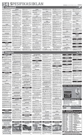 MINGGU, 8 SEPTEMBER 201314
SURABAYA PUSAT
KOST
P
RIA,KRYW AC/Non AC Jl.Cipunegara/
Jl.Kampar 24 Dkt SUTOS/Jl.Indragiri
H5671994/08563312116
992493
KostP/WAc/NonAcFasLKpBgnBaruAman
KmDlmKupangPanjaanIV/7370510081
992590
KOST HR/BLN Pst Kota Jl.Basrah FasLkp
Brsh+Loundry 081935000088-70028338
993113
RUMAH DIJUAL
RUMAH DIJUAL:LT.443/Lb.225 strategis Bu
900jt Petemon 4/123 031-7082 6330
993195
J RMH BCF SDA 8x22 Ful Bgunan 2 Lantai
650Jt Ng :031-71906774/082132190100
993425
RUKO DIJUAL
Djl Klnik Sdg Beroprsi,Mdl Bgn Ruko
3Lt,P15xL7,BlongSriTama6C/50816509811
990947
JL.KALIBUTUH6x30m2LtFull,SHMJ.Mrh2,8M
NegoSdhRenov08155024011-5314362
993215
SURABAYA TIMUR
APARTEMEN
Dijual Rugi Apartemen Gunawangsa Merr
Tower A Hub:031-70033381
992634
DIKONT/JL Apartemen Puncak Kertajaya
2KtKosongan081230107817/031-77872378
992899
APART EastCoast PakuwonCity 1Br AC Full
Furnish Bersih08123125085-70511540
993605
KOST
Terima kos karyawati,hubungi.6027600
7/081331231661 .
993256
RUMAH DIJUAL
J.RMH Drh Mulyosari(950) Babatan Pan-
tai(1,1) Pakuwon City(1,2) 08123538694
991037
DJLRMH7x20PDAM5KT,2KM,Garasi.Kepu-
tih Tegal 10/5A81583430-081358032272
992359
JUALRUMAHWigunaSiapHuniLt-8x15Full
Bangunan Cash/Opr Krd031-77821666
992735
J.RMHSIAPHUNI7x145x20(Slh1)Mini-
malisSrtgisMedayuResident-UPNMedayu
Utara-Wonorejo 087752666641
992413
AMERTA GREENLAND.READY STOK T.45
Bebas UM.Akses MERRTOL Pondok can-
dra71819737/77621989
992434
PERUM GADING INTAN BEBAS UM.Kusen
almini,Plafon 4m.Akses MERR.Fas Lkp703
92277/77567602/70808745
992432
J.Rmh Oper Krdt 5x20 Grs,1KM,2KT,PDAM.
MA Putra Bangsa177A Rkt 081330666912
993108
RMH MWH Sgt Strtgs Dkt Galaxy Mall/Un-
air/WM,LT/LB600/800,7+2KT,3+2KM,Lt2,Bs
u/ Ktr,33KVA,Tlp,PAM 081231688777
993045
RUMAH GUBENG KERTAJAYA 7/25  25-27
0341-7832720/79304129/5018064/81944212
993151
J.RMH 4,5x12 Petok D Cck Ush 260jt.Tirto
Agung G.Anyar88155969/081703892579
992923
JUALRUMAHPetokD5x10,5x20WnorejoRgkt
082131842567-081216640658-71422292
993322
RMH UK:5x15, 6,5x10 Tnh 9x25 SbyRmh
SDA7x15TambakRejo70385489/77517060
992995
J.RMH Tgkt 6x12 3Kt2Km KapasMadyaBrt
III/18 Drh Suramadu MblMsk08123523757
993050
RMHCANTIKReadyDo.20%,WonorejoSelt
3/105 Rkt,5x20 420Jt081938285225 TP
993064
JRMHKOSIsi5KT,2KM.Hsl1.5PAM,TndonD
ekcor,TP,Nego83886644/085785700889
993543
JUAL RUMAH Type.30 195jt Unit Terbatas
Timur UPN Rungkut Strategis 8712640
993595
RUMAH DIKONTRAKKAN
**DIKONT RUMAH SETRO 5/78a. Ambil 1ta-
hunboleh70398777/51501001/08123072296
992478
DIKONTRAKKAN RUMAH Jl.Karang Menur
no.34SurabayaHub:BuDatik031-5031548
992374
DIKONT RMH Murah Jl.Gubeng Kertajaya 6
Langgar 25 Hub: Ana 031-77085190
992800
DIKONT RMH Murah Jl.Gubeng Kertajaya 6
Langgar 25 Hub: Ana 031-77085190
992799
DikontRumah2ltNgagelDadi2A/4sbykhu-
sus muslim 0315042225/03171010100
993063
DikontrakantokojlkendangsariSDinpres,
hub. 03171449122-081216116922 .
993246
TANAH DIJUAL
CPTBUTNHSHM10x20SiapBangunUruk-
PondasiOneGateSistemJln8mPutraBangsa3
MedokanAyu Rkt 415jt Ng 03170378881
992414
J.TNH Uk:10x20 Petok D diGunung Anyar-
Mas300jtNg10x20SHMdsBuncitanSedati
180jt Ng10x20 SHM Wage Aloha 220jt Ng
081235040416/031-91077185
992425
TnhIvestasiGAnyar10x20:125jt Dekat
Ubaya,Sklh Pelayaran,OERR JlTol 83220101
993253
JUAL TANAH Gunung Anyar Tambak Inves
10x20 SHM 225Jt Nego (10x20) Petok D
150JtNego031-88080936/082228884177
993097
J.TNH KAV 5x20 Lok.Medokan Tambak
Gg.8031-71261169/0877.5134.4499
993057
JUAL TANAH SiapBangun Luas 116m2
Lbr
Jln:7M Lok:Timur UPN Strategis8712640
993599
RUKO DIJUAL
DJL Ruha Baru Jl.Wonorejo Sel I A Rkt
Lb.64M 2Kt,1Km H:8793797-087854222062
988966
RUKO 2LT Ex.Salon Masih Jln 5x15,HGB Mu-
lyosari Utr 3/33 DpnTmn081252903999
992446
RUKO DIKONTRAKKAN
Dikontrakkan Ruko Klampis 3,5Lt,6X10
Min.2th (Tnp Perantara) Hub:70043627
993593
TEMPAT USAHA LAIN
Disewakn Tempat Pinggir Jln Cck U/Kntr
Counter,Gerai 77815167/ 081232658167
993166
SURABAYA SELATAN
APARTEMEN
PETRASQUAREAprtmndktKampusPETRA,
TypeStudio,Lntai16,Istmw,085730790001
993234
DISEWAKANAPARTMetropolisTipeStudio
Full Furnished 2Juta/Bl082132441234
993092
KOST
TRIMA KOST Terminal Bungurasih Km Dlm
Parkir Mobil 450Rb/Bln Hub:70775544
992744
KOSTPUTRIBgnBaruFasLkpParkirLuasSi-
dosermoIndah I/78412144-08123005991
992779
RUMAH DIJUAL
DJL RMH Uk: 39/84 Palm Residence A33 Bi-
bis Jambangan 087851632711/71308801
992365
RMH Puri Bagus T36 Lt.90m Krian Renov
160jt Bs Oper Krd031-31282288 BU CPT
992543
JUALRUMAHPerumSedatiPermaiJl.Bangau
AA-15 Juanda 325Jt 081331542300
992731
Djl Sgera RMH diTropodo Indah G/9 dkt
bandara Juanda 10x16 hub 081703750026
992405
RUMAH 781m2 SHM 6KT STRATEGIS SIAP
HUNI1300w.PrambonPasar.03177811440
992693
Jual Rumah (5,30x10,7m2
) Darmokali Tugu
32 / 200jt nego hub: 081331041160
992448
BUMI PEKARUNGAN Rgncy 0Jln DktFasum
180JtanSkdno085733758099-085649122570
992562
DJL RUMAH Uk:4x11m Jl.Bendul Merisi
Jaya Selatan VI/15 (140JtNego)71353418
993118
DJL RMH+PRBTCpt(Murah)PuriIndahSDA
Hub:031-61081735 / 081230472626
993125
J.RUMAH 4.5x20m 230jt Fas Lkp Mbl Msk
Kutisari Utara 83475633 -71914172
993205
RMH Kendangsari YKP3 No.20/B1 Lt150 SHM
4Kt+1,3Km+10816516258/085730780613
992952
J.RMH LT200M LB.Full Bgn Strgs Jl.Tenggilis
Tmr III/4470111059/08123579334
993071
RUMAHPONDOKMARINIR9x184KamarTdr
2KamarMandiSHMPojokhub081.85.11.756
993429
RUMAH DIKONTRAKKAN
DIKONT RMH Permata Gedangan 2Lt 4Kt
1Km Free Ac Kulkas dll Hrg Ng 70057785
992123
DIKONT.RMHdiGriyaPermataGedanganBlok
I-3/30Grs,2Kt,2Km,R.Tamu18jt/2th70134757
992371
OPERKONTRAKRmhKurang19blnJl.Citra
Mwr32WisTrop70272535/081330126994
992526
DIKONT RMH YKP PS Dkt UPN T.70 LT.200
Hub:031-70240780
993511
TANAH DIJUAL
KAVS.BGN MRHMasanganKulon7x1360Jt
DP10jt Ccl36x Bng1% 70684651-77662471
992386
jual tanah SHM dekat juanda 2.5 km,
105m2
=75jt 77392407 /085791646619
992574
TANAH KAVLING GEDANGAN UM Ringan
AngsuranTanpaBungaHub:88151528+71584144
992565
STAND DIKONTRAKKAN
DISEWAKAN SHOWROOM, 10x17 jl.raya
jemundo,taman,sepanjang081938079438
993208
TEMPAT USAHA LAIN
OPR KONTRAK LaundryKiloan 3Th Berikut
IsinyaKarahKebonAgung12087854014179
993272
SURABAYA BARAT
KOST
TRM KOST GSI Fas:AC,TV,Kulkas,Kompor
Gas 1.350-1.400-1.450/Bln 08563038312
992549
RUMAH DIJUAL
J.RMHManukanLuhurV2D/15HrgNegoFas:
PLN/PGN/PAM 70118114-082131344982
992701
Jual rmh siap huni 6x14 SHM 3KT Garasi
275jtng.JL.Intan 2.2 No:12E/T.11 Blkg POM
Bensin, kolam renang Kota Baru Driyorejo
H:031-8410825/031-71424553
992372
Pondok Benowo indah R-6 SEMEMI SHM
2KT Baru Renov S.Huni 087853999588
992509
RUMAH DIKONTRAKKAN
DIKONT.RUMAH Bukit Palma D1/81 Pakal
Lb/Lt:54/120 bs unt Ruko 085782346371
992368
TANAH DIJUAL
JUALTANAH8x1060JtLokBringinSambik-
erep Hub:Pak Tris 081230496153
991889
Jual Tanah 6X17m Sertiﬁkat Sememi Baru
Jaya GG.6 Hub:71167742-081331130015
993564
GUDANG
CR GUDANG u/ diSewakan/diBeli daerah
Petemon/ Benowo Sekitarnya L:±400m2
5012588 Jam Kerja
992352
RUKO DIJUAL
J.RUKO2LTSBDBaruS.PakaiStrategis295Jt
BsTT Mbl 08192094580-34508668
993109
SURABAYA UTARA
RUMAH DIJUAL
DIJUAL Cpt Rmh SHM 10x13 DI Simolawang
Gang 5 No.10, Hub081332707050.(TP).
992621
RMH DiJAGALAN CckKOS2
AN 10KMR 08573
2934441LAPTOPAXIOOCLEVOCORE2DUO1,4
992805
RUKO DIKONTRAKKAN
DISEWAKAN RUKO 3LT Kamar Dalam
Jl.SlompretanNo.100SbyHub:031-91288999
992449
STAND DIJUAL
J/DKONT STAND ITC,Lok Strtegis,dpn Carre-
four Lt1/I3/328896603/081224292937
992455
MALANG
KOST
WWW.GRIYAMENTARI.COM Kost Fas
Htl(Fas:Air Panas,Tv,Ac,Wiﬁ)Mswi,Kwti,Grp
Hub:0341-7678666/0341-7840999
993087
RUMAH DICARI
Cr Kontrkn Rmh/Ruko mlng u/kntor
1th.sy byr 6bln lg dg kmpensasi +10%
085649650610
993250
RUMAH DIJUAL
JUAL RMH127m2
ShmJl.TitanAsri7/D65Kt/
3Km/Grsi/Pam Tgk2081234111570/670
991590
RMH KOS Lt/Lb 177/188 2Lt 14Kt 6Km Full
dkt UIN ITN 081944917820/8467798
991608
Dijual Rmh Jl.Candi Sari I/7 LB200m2
3KT
2KM R.Tamu R.Klg,R.Mkn 7030747
991619
RUMAHTINGKATMewahLT210LB370dari
Jln Suhat 300m SHM  0811369212 (TP)
991655
Rmh Puri Cempaka Putih N 21-22 Malang
085745972989.Tgl 8 Sep13 Bsa Lhat Rmh
991744
JUALRUMAHREADYSTOCKTipe36/72OBRAL
LEBARAN082330519484/081233649225
991716
JL.RMH Jl.Sulfat Indah 2/27 LT291 LB275
5KT 4KM SHM Pkr Mbl Ls 08123533109
991766
RMHSHMDiSwjjrLT114FullBangunDnau
Krinci III/E5 D15 Samp BTN08123353333
991770
J.Rmh MinimalisClusterdktSuhatT.80/80
2Lt 3KT 2KM 081938444685/8892725
991952
RMH LT135 Tp75 Renov Kusen Jati All Anti
Rayap Terminix Lemari ditinggal/2KT Ls @
4x3 375jt Ng Tipis081334851977
991964
RMH PRM Muara A/5 Jetis Dau Dkt Umm3
Lt/Lb90/110 3Kt Grsi 300jt081330084931
991963
J.RMH Wisma Karang Lo Indah Blok DD
No.2Malang031-71108080/081332585758
992114
***NEWMULYOREJOASRI***
Lok Dkt Kampus,MOG,MATOS,BsJAMSOSTEK,
UM1 5Jt Diskon 10jt,Bnus BB CDMA,150Jtan
9555147,7772879,9496064
992090
KARANGPLOSO VIEW UM6Jtan (BsBAP-
ERTARUM ASABRI JAMSOSTEK)AngsKPR
500RbnFLAT0341-7363685/0856356688
0/081359100671
992086
***KCLUSTER***
LokJlnPoros,DktKmps,Psr,Dlewati Angkot
BsJAMSOSTEK,UM1 5jt,Disc 10jt,BnsBB cdm
aPgr7770229,081331922880
992074
STRATEGIS.Bratan Raya Swjjr1 Siap Huni+
Siap Usaha LT300 LB225 082117723124
992053
TAMAN BOROBUDUR Indah LT190 LB160
4KT 3KM Grs,Carport Ready 675jt 771 7752
992343
DJL RMH Bru,SHM Lksi Arjosari+Tnh
Ls.330M 0341-2139212/085646311316
992351
RMHUSAHA2LntSHMLs±170Jl.Simp.Bon-
dowoso 1 Pojok/Simp.Wilis085855659222
992477
***NEW CLUSTER GRAHA PELITA ASRI-
KATON*** Strategis,Poros JlRya, SHM,dkt:
Tmpt Wisata, Bandara,UM1 5Jt,Disc10Jt
0341-9007200,9040434,9391156
992465
***PERMATAGADING***
LokKota,SHM,PDAM DktSMPN10,GorKenA
rok,Trminal,PstPerkantoran UM1 5Jt Dis-
c10Jt0341-8437308,9871161,7715459
992461
JUAL RUMAH KOST Di 3 Lokasi Kampus UB,
UNMUH,UNISMAKamarPenuh0341-9426600
992503
GRIYAINDAHSongsongBlkgKostrad36/75
SHM 135Jt DP 20Jt  7588777/9733449
992396
DIJUALRMHLb75/Lt100Strategis425jtPas
2Kt Riverside E338 0816556232
992769
Jual rmh murah 109jt nego jl.bandara
timika V blok CA/7 Buring Malang Lt72 Lb62
HGB Hub 083830094948
993030
RMH T36 LT80 Blkg Unmuh Tegal Gondo
185jt/Ng 081333991897/081334325433
992872
JL BU Rmh Baru SHM 2Lt FullJati LB140,
4KT, 2KM  KitchenSet, 650 Nego. Jl Papa
Biru III/5A Malang 081332121368
993036
RMHLT81/LB140/5KT/1KMLok.TengahKota
DktMasjidKampus250JtNg9090487
992883
NIRWANA PANDANWANGI Lok Kwsn Sul-
fat T.36/40/50 Hrg 215Jtan 9606096
992907
DIJUAL RUMAH Di Dilem Kepanjen LT.249/
LB.65 3KT,1KM Hub(0341)941 4449
992931
RMHVILABKTSGKALINGAR10SHMLT/LB99
2Lt5KT,GrsLt26x5650Jt082340094309
992991
JUALRMH+KOS-KOSAN,PermataHijauA11
TlogomasLT.472mLB.200m08123106841
992994
JUAL CPT Rumah di Pusat Kepanjen Shm
Lt312 Dkt Pasar 550jt Nego 5436805
992930
DJL CPTRmh8x13FullBgnnShmPolowijen
I/248E082143266652/9818470 No Sms
992938
BARU,SIAPHuni,Dkt Trmnl Arjsri T45/99
290jt T75/146 475jt Gnit085234343566
992970
ARJOSARI Siap Huni Pinggir Jln Raya Baru
3Kt Mewah Lt154 Lb125085755558333
992983
RMH BR Kota Siap Huni 72m Jl.Slamet Cmr
Kandang7280819/085731114546 No SMS
993383
RUMAH DIKONTRAKKAN
DIKONTRAKANRMHJl.CiliwungI,2KT,1KM
Dapur,Garasi Hrg 12Jt/Th 08125278710
992508
DIKONTRAKKAN RMH Jl.Kapi Sraba Raya
10G/19 Swjjr2 08990309171/940351
993387
TANAH DIJUAL
TNHKAV.269m2
SHMdktUnismaUMM3,Uni-
triCcku/Kos081944917820/03418467798
991610
RAYWHITE DIENG557878 FREDY 08883
456063Gasek,TegalLS.259m2
SHMDktVBT700Rb
991782
DIJUAL TANAH PERSIL KARANG LO
MALANG LT.3890m2,Hub.081330223784
992176
J.TNH KAVKrgposoPgrJln100m2
UM25JtAn
g1,2Jtx36Bl085791112039/08113030559
992063
KAV MURAHDekatSwjajar I (Gribig GgV)Jl
Pav, Got SHM LT88-143 MobilMsk4442546
992083
DJL TNH Jln Raya Malang-Pakis LT1600 Hrg.
550rb/mtr NEGO 08123366516/ 8800861
992069
DIJUAL TANAH Luas 1500m2
Dkt Jln Raya
Pakis 400Rb/m.SHM082142802128 TP
992045
TNH 2 Kav L=477m2 SHM Lok Blkng Psr
Pakisaji 081944917820/03418467798
992337
TNH KAV Murah LS.90-166m Mbl Bs Msk
Dibawah 100Jt 081944917820/034184
67798
992407
TNHS.BGN8x14,5mShm/ImbSdhAdaPon-
dasi.Kemangi6Lowokwaru08123294564
993134
LT1600M2
SHM Hamid Rusdi Gg2 LbrJln6M
Rp.1,5Jt/m2
BisaSebagian0341-9153133
992984
JUAL TANAH KAV Drh Lawang 8x25M Hrg:
250Rb/MHub:031-77489886/081703818483
992926
J.TNHKAVRyPakisajiGg.Manggis300Rb/m
 0341 - 7019 587
993374
VILLA DIJUAL
VILLA DJL Ls1150m Bngunn 284m 2.1M
Jl.Darsono8Batu082140158154/7072077
991779
PABRIK DIJUAL
J.TNH+BANGUNAN PABRIK LT1765m2
/LB
800m2
SHMStrtgs2200Watt081334094667
992947
RUKO DIJUAL
J.RUKO 68m2
4,5x15 2Lt D.Kerinci Dkt Psr
Swjjr Strgs 400jt Cpt081236006600
991781
RUKO2LTTGHKOTASHMGadangSejahtera
=176JtUM.50JtBisaTTMobil7577527
992051
DJL CPT 2 Ruko Jd Satu 2 Lt Plus Tnh Blkg
L.110m Ry Karangploso Mlg5434535
992397
Jual RUKO Baru 2Lnt Tgg 2 unit,Jl.Raya IR
Rais 4,25x11m dkt Psr Kasin dpn Indmart
Strgis 7711128
992870
BU CPT Ruko 3Lt LT.77m2
Sltn Kmps UIN ada
ATMBRI,BNI,BTNJl.Gajayana85Kav31,675M
Ng08155501980/081334325433
992871
TEMPAT USAHA LAIN
DIKONTRUANGU.Usha/Toko7x2,5mLok.Di-
noyo Jl.Mt.Haryono X/1108085336285252
992784
SIDOARJO
KOST
TRIMA KOS Putri Perum PucangIndah J-9
SDA 400rb/Kamar KM Sdri031-71304157
992514
RUMAH DIJUAL
J.RMH Tmn Puspa Anggswangi L2/8A Sda,
SHM Lt.90m2 Ful Bngn Ksn Jati77586669
992462
*DIJUALPESONAALAMRegencyWonoayu
SidoarjoHub:081331432279-085731297190
992482
J.MRH BU RUMAH T.50/120 SHGB Prbt
+2F.Copy +Msn Air Isi Ulang 285jt Nego
79370889HadiahLsgVarioCW125F1/2012
992360
JUAL RMH 45m2
/Tnh 9x8 Ds.Mbronto Msk
Perm Alam Pesona 80Jt 031-81444360
992491
J.RMH 5x9m(AJBNotaris)KeboanSikepGe-
dangan90Jt031-31198165/081232919772
992625
J.CPT T/B Istana Mentari Sda SHM Lt/
Lb:200m2
5Kt,3Km,Tlp,PLN 031-91530075
992430
UTOMORmhBaru Ktchenset acheater Shuni
TPIAA7/27-2808983866616/08973972888
992494
Jual RmhSHM2LantaiPondokJatiSidoarjo,
350jt 081553422488
992488
BURMHKOST2
anBabatanPanjunanSukodo-
noLs.200m2
088801445075/031-71404272
993262
Dijual rmh tipe 36/90 Perum TAS 3 blok
G6/06 sdh renovasi hub 03177120044 .
993089
FLAMBOYAN INSIDE Lokasi Barat Su-
kodono T.36+45 DP:5jt KPR 1,5jt SHM,Atap
Galvlm,Kusen Almini,Plafon 4m 72379328
992954
J.RMHPONDOKJATIT52SdaT36StrgsTgh-
Kota 290jt087703420772/081230315598
992958
PONDOKJATIBlokBCNo10LT3362Lt7Kt-
4Km 1,1M Nego 71148203/087855455133
993453
RMH4.5X11KERAMIK.2LT.SHM120jtngdae-
rahPsrSpnjang77376534/085731083650
993522
TANAH DIJUAL
*GRIYA 7RAHMAT*Jual Tnh Kav Masangan
kulon sukodono 7x13=60jt UM10jt SHM angs
36blnbunga1%72629063/087754229545
992593
TNH KRIAN BarengKrjn Ds.Sidorono 896m2
DpnPpkPopen2H.Ng0817828144/70507401
992703
OBRAL TNH KAVLING S.BNGUN (SHM)
6,5x13, 6x13,5 MasanganKulon Sukodono Blk
PasarAgro12Unit72427171/085733248871
992613
TNH PTK-DKetapangIVAKel.SukoKec.Skdo-
noL8,10P.2570601815/081235226784
992999
TANAH Kavling Siap Bangun (SHM) Uk
6x13mLokSambibuluSukodonoTamanHrga
45Jt Tlp031-72427171/085733248871
993563
GUDANG
JUALMURAHLt:16X30Lb:128mSHMH:700Jt
Hub.08123505089/087774558822
993259
RUKO DIJUAL
DjualRumhPerumMagersariSidoarjoLt96m2
Hrg.290Jt34206002/081330477347
992921
RUKO DIKONTRAKKAN
Kont T.Ush/RuhaLokStrgs prmptan cck sgl
Ush T.PINANG,SDA71330415/08819060075
992531
JEMBER
PRM GREENPESONAPATRANGNewClusterMn-
mlis190Jtan081332097408/0331-3435555
992990
PASURUAN
J.CPT MRH Tanah SHM Cck Villa/Invest
3300m2
Prigen 150rb/m2
0813 2735 3557
992607
KEDIRI
JUAL TNH Kav Dkt Stasiun Krt Api Kec.Ng-
adiluwe Uk6x16m Hg20jt 082140555355
992997
GRESIK
Jual RMH DRIYOREJO Jl.Phirus Biru 3.2
No.26 Lt5x11m Bgn110m2
0856 4526 0037
992814
RUMAHMURAHDpCicilC/KSHMBbsBanjir
TolSumo03170636775/70999548/81458026
993221
Tanah 3000m SHM strgs 1,2jt/m, 7600m jl
dr wahidin SHM 1,9jt/m 082230608480
993143
MOJOKERTO
J.Tnh SHM 500M Mjkt.Sulawesi SHM 43HA
PhnKlp/Cengkeh081230307868/91561798
990721
Tnh SHM 529m2
Dpn Situs kuburPjg
TrowulanMjk200rb/m2
NegoadaJatiTua+50
JatiMas-5th031-77669100/08123231189
992629
J tnh 4.2ha nol jalan SHM jl.raya pungging
mojosari  081938079438
993223
Flower Bangsal Regency TP39,45,61,75
Lok Dkt Prbelanjaan,SPN,Rmh Sakit,Split 08
1554221836/03136015656/03213715108
993448
J.TNH SHM an Sdri 1612M2
Ngoro Mjkt
DktIndust Cck u/Kav/Kos/Gdng(Djl Borongn
750Jt)Cpt 081230315598-087703420772
993462
BLITAR
JUALRMHSHM:3KT,1KMStrgs90Jt(Nego)Wl-
ingi-BLITAR0342695815/085608204020
992518
JUALTPTanah+BangunanL.184m2
Jl.Timor-
Sananwetan 081703319167
993413
BATU
SEWA VILA diBatu 3Kt,2Km+K.Renang Rp
1Jt Hub08113335758/www.villaapelijo.com
991593
JUALRMHLOKWISATABUNGALt324,Lb160
2kt,2kmSHMadaSisaTanah081233486418
991632
PROMO WISATA GRATIS diBATU:Sewa Vil-
la 5KT(1,475) ELF 20 Seat(745)AVANZA(295)
MazdaE2000(195)Sdh IncludeDriver0341-
7739696
992085
DIJUAL TANAH SAWAH SHM 651m2
Desa
Sumbersari085730318441/081944821429
993123
TANAH KAVLING Ls.7x19 Depan Purnama
Batu 180Jtan Hub 0822 3014 7711
993535
LAWANG
KAVLING BARU,ADA VIEW, Cck Buat Villa
6x17m UM.20Jt Angs.600Rb/Bln 7011804
992046
JUAL TANAHSiapBangunKotaLawangVil-
la View Hub 0811324085/0341-9338321
992483
DIJUAL RMH+TNH Luas Tnh 280M2 Di
Sumber Mlaten No.13 Lawang081 519
172 405
992489
J.RMHPrmGryHusadaBTN10x20Sertiﬁkat
150JtNg031-81174878/081703658574
993070
DIJUAL TNH Kav Peg.Lawang Uk.12x7m Jln
Aspal Hub:082140555355
993002
BALI
KONDOTEL EDEN KartikaPlzaBali *4,Strata
Title,Tauzia Management 085730790001
993242
Vixion’13 Putih Merah Pjk Hdp,Xeon’10 Hi-
tam BiruPjk Hdp S.Pakai03177096699
993324
Jual Mio Sporty CW th.06 (W) Warna Biru
Met Hub:70099815 / 085856090811
992887
DIJUAL YMH BISON th 2011 Warna Putih
17Jt.Hub: 082131046595 / 03170865202 .
993251
YMH SCORPIO 2005 Orsinil (B) 9JtBnedul
Merisi Besar Sel.77 Hubungi81268588
993423
MIO CW 2010 akhir+GEROBAK kaisar2009
full stenlis Ng 081235235365,77377353
993583
DJL RMH 23X6 Lt2 SHM Jl Raya Ketegan no
11 Sepanjang Sda Hub:031-72494914
993562
SCORPIO WRN HITAM th 2012 istimewa
jarang pakai 21jt ng tlp.081230068343
993531
RX KING ‘97 Ors S.Pake PajakTelat ‘2011
7,8Jt .085755113276 Bangkingan-Sby
993471
MOCHIN
Djl GEROBAK TRISEDA Th2012 Bgs,S.Pak-
aia/nSndr.TOKOTAMYISRayaTenggilis129
992443
JUAL RUGI VIAR 150cc Stdr ‘2013 Kond
Baru 031-78666345 / 082230050058
993041
GEROBAK Dorkas ‘2011 (L)Dbl Nyala 10,5
Tmn Pdk Jati X-20 Sepanjang70848121
993268
DORKAS’10 (W) Ful Box Alm Bs u/ Jualan
13,5JtNg(dr baru 27Jt) 03171334499
992987
MOTOR DICARI
ANDA JUAL SEPEDA MOTOR? Jl.Gembong
Sawah Barat 63 Sby 70526617/3715147
991296
DICARISEGALAMERKSepedaMotorHarga
O.K.E Hubungi: (031) 72009479 .
991355
ANDA JUAL MOTOR? Segala Merk Harga
TinggiHubSinyo78168081/085648278351
992411
DICARI MOTOR Segala Merk Berani Harga
Tinggi Hub:031-70800332
993231
MALANG
MOBIL DIJUAL
AUDI
AUDI A4 MATIC 97 Hrg.75JtNEGO, JIMNY
TREPES “82 4WD Hrg 60JtNego H7651869
992073
BMW
BMW325i’04 Matic Silver VelgR18 Istw
155Jt Ng Bs Tukar Tambah 081334309139
992881
CHEVROLET
AVEO 2003 MATIC Hitam (L) Ori LuarDlm+
JUPITER 2003 (W) Nego081.234.785.678
992536
DIJUAL MBL SEDAN OPTRA Htm Th2004
N-KOTA 100JtNego H:087 859 428 756
992941
DAIHATSU
FEROSAMT96FullOrs/AudioBan31Br63jt
Jl.D.Kerinci Raya F39081703309496
991681
TARUNA FL 2003 An Sendiri Silver N-Kota
Hub:0341-7644495/472974 (Tp)
991694
ESPASS 1.3’96 Mls AC/TP Hijau Met OrsCat
(W-Sda)41jt 081233151734/8934950
991957
TAFT GT th’86 (N) Abu2 4x4 aktif ban, AC
baru,VR tdk ngobos T. 7699845 .
992242
ESPASS 95 AKHIR Biru Ori Plat(AE)
ACDbl,Tape,Hrg NEGO 081 1366 083
992061
MOBIL TYPE:F69 RPR TAFT 4x2,1987 Hi-
tam 45JtNego Bagus Hub0341-7777 685
992089
ZEBRABODYTCEH94Astrea
Nomor Rangka Ada 0341-755 6575
992081
XENIA VVTi 1000cc”10 Hitam(N-KT) Tg1
SptBrTotal DP15Jt Ang.2,5Jtx477779928
992087
CERIA KX 01 Silver MlsTrwtSkl IritLincah
Tot.Bayar22Jt Ang900Rbx357779928
992071
ESPASS 1.3 DES “03 ASLI-N AC DBL/RT/VR
Silver IRIT FULLVAR Mls Trwt9736240
992060
ESPASS 04 1300cc Istimewa AC/DVD/VR/
Ban Baru N-KOTA NEGO 8173 000
992050
ZEBRA PU’95 Htm Mls Msn Hlus+Zebra’88
P.Joyo Troper AC Dbl Mls 7778762
992345
PRMO XENIA Ang1.6JtnTERIOS Ang1.8Jtn,
PUDP10JtnDPMRH081252172926/8612990
992540
ESPASS 1.3 96(L)UnguMudaMetACTPAlrm
VR43,5JtNG03412813272/081252346863
992512
JET STAR 88 Merah Rt Ac Rad Msin Bdy
Istw.Jl.Thamrin 14082143460253 Malang
993019
XENIA R 2012 Silver Km 5000 Gps/Dvd
Istimewa Hrg Ng 081233160618/9734208
992846
OprKrdt Xenia Li Dlx09 Htm N-Mlg Dp55Jt
Ang3,012x23Bln8454540/085755899922
992882
CLASSY 96 ANTIK Ors Abu2 (DK),NEW HI-
GRADE 98 Ors L/D (L) 0341-232 7490
992935
BODYTECH93(AE)SLIDING
TP/VR Trawat 29JtNG9534 999
992937
TAFT GT TH86 Hitam Velg Modurar 50Jt-
NEGO 08125288929 / 0341-8464777
992949
ESPASS 95 1.3 Merah AC/TAPE/VELG 41Jt
Hubungi:0341-5435758
992972
TAFT GT 4x4 “94 Hitam (N-Asli) Siap Pakai
Istimewa Hub(0341)7303 888
992978
MURAHDAIHATSUFAIRDipilihXeniaAng-
suran 1,8Jtan/DP19Jtan (0341)2384414
992988
BODYTECH’94 AC VR DVD TV+Jual Laptop
Hub: 734 77 10 / 0812 3310 12 70
993401
NEW XENIA DP18Jt,TERIOS 20Jt,GranMax
MB15Jt,PickUp10,5JtHub:HENDRIK08213
1930990/ 9572750/PIN BB 21DDF347
993547
HONDA
HONDA JAZZ Matic 2004 Siap Pakai Bayar
DP 20Jt Angs.2.997.000 x 47 7330921
991614
NEW FERIO’00 (N)Silver Pajak+Ban Baru
Orisinil LuarDlm SgtBgs 0341-7007710
991624
DIJUAL H.CIVIC A/t 2007 Abu2
Met Istimw
Pjk Baru,Dimas 082131941595
991600
GENIO92(N)HijauKebiruan
Hrg.64JtNEGO0341-7393885
991717
FERIO 97 PUTIH Ori L/D Bagus Terawat
Siap Pakai Nego Hub081.233.012.330
992052
HONDACRVTH09/10ATAbu2MetPemakai
Tng-1BU081252554545/0341-9999350
992077
H.ACCORD’80 Hidup 10jt Hub: 0341-
8153495/ 085746928138
992328
HONDA CITYZ2001HargaNegoSangatBa-
gus Terawat 081334723047/7079554
992355
JUAL HONDA CITY TH97 Kondisi Sangat
Terawat  Siap Pakai BU085.232.313.343
992504
BU OPER KREDIT Honda Strean 2005 Trip-
tonik Hitam (AD) NEGO 081.234.785.678
992527
STREAM 1.7 Mt Silver 2002 Milik Sdr Pjk
Baru 120jt Hub:085854214211
992768
HONDA CRV 2.000cc Matic 2006 Abu2
Met
N-kta Pjk Pjg 170jt Ng  0341-8615522
992863
ACCORD VTIL’01 Coklat Hrg Nego Pajak
Hidup VR17 Istimewa 0818382217
992877
FREED PSD Putih 10(N Kota)Brg Simpanan
KM17Rb+Aksesoris TV Dll Hrg 198,5 Nego
7718827/081336305300
992904
HONDA WONDER Th86 Merah Metalik Ac
Dingin Istmewa Hub:081334280707
992898
HONDASTREAM2002Februari
Hitam Mulus N-KOTA08123213145
992932
GRAND CIVIC TH90 SILVER (AE) Istimewa
58JtNego(0341)7696569/081233989909
992960
HYUNDAI
HYUNDAI MATRIX’02 Mt Silver L An Send-
iri Jok Kulit 73,5jt Nego085233747169
991994
HYUNDAI TUKSON Th2005 Automatic Sil-
ver Hub:0341-3184551
992378
ATOZ2003ORIL/DPW/PS
Mulus N-KOTA 0341-844 6383
993538
ISUZU
PANTHER MIYABI’96N Siap Jl Pjk Br Ac Au-
dio Tp Ist081703092905/081235463689
991919
NEW ROYAL’00 AC Dobel/PW/CL/TP/Siap
Pakai Trwat Pjk Bln 2-BU 081231690066
991962
PANTHER TOURING’02 (N-Mlg) Coklat Met
Pjk Br 136Jt Ng 081334648047/7783556
992338
PANTHER PU 94 FULLBOX N-KOTA Putih
Siap Pakai Hub 081.555.61.7676
992475
JUAL CEPAT ISUZU PANTHER ROYAL 99
Merah Istimewa (BU) 0341-3189535
992953
DIJUAL ISUZU Bison Pick Up’91  Vespa Px
Exzel’96 Hub:03417616571
993371
KIA
CARENS2003MtIstimewaSilver081334
382224/085204768195/03419735168
991838
KIA CARRENS 1 M/TAquaBlue01(B)Telat
3Th 52JtNEGO.Batanghari 2A7722266
992505
KIA VISTOTh2002BiruMudaMtlStnkBaru
N-Kota Hub:081334526696/0818381837
993067
MAZDA
MAZDA TH85 N-Mlg Kota AcRtVr Orisinil
Istimewa Hg Nego03415464576+Asesoris
991856
DJL MAZDA Interplay Biru Muda 91 N Kota
40Jt Ng Tp 0341492470/081252036198
992395
INTERPLAY’03“W”PjkBrACRTVRMsnOri
L/D Ist 45Jt Ng 7642833
993379
CAPELA 89 HATBACK ANTIK!!!(N-KT)
Asli Ext.Dokter Sperti Baru!! 45Jt7779928
993545
MITSUBISHI
LANCER SL 81 (B)Trwt Bd Klg AC,VS,R14
PjkTlt 5Th 12,5JtPas088805555119 CPT
991757
MITSUBISHI LANCER DAN GAN SOHC 91
Plat(B) Silver 0341-712420 / 9118267
991772
KUDA GRANDIA 02 A/T Biru Metalik + Sil-
ver Bensin 2.0 Terawat H0341-5496337
992065
PAJERO, OUTLANDER PROMO Bunga 0%
2Th.Mirage UM.15Jt-an0811362663
992986
PAJERO,OUTLANDER,MiragePromoBg0%/
DpMulai70jtReadyStok081251122817
992948
NISSAN
INFORMASI Pembelian Nissan Mlg Dimas/
dmzrspt 082131941595/081805016845
991598
OPR KRD GRAND LIVINA 07XV Mnual Htm
PjkBrAnSdriDP55Jt(25x4.070.000)9108444
991764
NISSAN MARCH 2013 Bln5 Putih N-Tg1
An-Sdr M/T Istw 132,5Jt/NEGO5456000
992530
GRAND LIVINA 1,8 Ultimate Thn 2007 Hi-
tam Hub: 0341 - 233 33 34
993403
READYALLNEWGRANDLIVINAAngs.3Jtan
AllColourInfoHub:TEJO081234838157
993551
SUZUKI
FORSAGLXTH88ISTIMEWA
Hub(0341)5429842 / 5432147
991721
AMENITY TH91 MERAH AC/VelgRcg (N-
KOTA) Hrg.43JtNego (0341)8123759
991724
FORSA GL 86 Silver IntriorOrsnl VRcg Is-
timewa 33,5JtNEGO Tipis0341-7374020
991738
JIMNY’84 4x4 Sparco Disbrake Extragrip
Body Kaleng H.52,5jt 082137359999
991854
J.CPT Carry’92 Adiputro Tembus Hitam N-
Kab No Pjg 46,5jt Nego 081333452872
991959
AMENITY 91 Silver (W) Ori Luar Dlm VR/
PW/E.Miror Hub:7677480/081333014180
992015
APV 06 SILVER PS,PW,AC,VR Type L Plat
(W) 86Jt NEGO H081.233.83.5555
992058
S.KATANA 94 Biru GX (N) AC TP RC Istw
0341-7030227 / 081232755527
992054
KATANA BLIT90 Pth Spr Istw N-Kt TpCdVr
Bd Kaleng 03419416343/08884978935
992348
CARRYPU1.0“93BiruVRBanBr,DVDBdKlg
Asli-N Msn+OndstlEnak S.Pake9006409
992485
KATANAGX’93BiruOriCatACRTPlatL50Jt
Nego 085815453549/9342080
992789
CARRY Th84 Body Extra 91 Jumbo 6 Speed
Rem Cakram,VR,Plat W 17,5Jt 7337370
992875
SUZUKI BALENO DX Th2000 AC/DVD/CL/
PM/PW/N-Kota Tgn1 081231220440
992876
SUZUKI SWIFT MT GT I Silver’07  Innova
GMT Grey’08 Istm 08123592009
992905
KATANAGXTH98ORISINIL
Hub:0341 - 2800091
992968
SWIFT 08 MANUAL Asli-L Silver PjkBaru
SgtIstw129JNEGO8107609/081334532009
992981
SUZUKI VITARA Th93 Ac,Tape,Velg Rcg
Kondisi Istimewa Hub:0341-493570
993369
J.CPT KATANA GX’95 N-kota Ors Body Klg
Istmw 60jt Ng ditempat 0341-9029777
993386
PROMOERTIGADP50JtSPLASHDP33Jt,APV
DP30Jt,PickUp17JtDiscsd17Jt7562297
993548
TOYOTA
CPT AVANZA G’11 Htm N Tgn1 Spt Br KM
29Rb Jrg.Pakai Trwt 140Jt082143018899
991612
COROLLAth73VRCatBaruMerahMetSTNK+
Pajak Baru Bln 6 Hub:(0341)9189009
991617
NEW COROLLA SEG 2000 Matic Plat AG
(80jt) 4444435-0817535674
991649
ALL NEW Avanza Harga Paling OK 
03418116843 / 083834732000
991709
ALLNEWAVANZAAngs.95Rb-an/hrNEWIN-
NOVA,NEWRUSHReadyStock0341-7702442
991715
TOYOTAAGYAREADYSTOCK,STOCKTER-
BATAS IAN 085 3333 99 239 / 9527552
991746
T.WISH 2005 SILVER Brg ISTIMEWA (Asli-
N) Jarang Pakai Hub:081 136 9212
991754
COROLLA ALTIS G 02 Htm(N-KT)Trwt Spt-
Br Toy.Bayar 16Jt Angs.3,7Jtx477779928
991760
READY NEW TOYOTA INNOVA FORTUNER
RUSH  AGYA BsTTSglMerk8690050/
081235505684
991763
COROLLA GL’85 Merah N-Kota S.Pake 25,5jt
7365542/085258733334/085736337602
991960
INNOVA 2005 Type E Bensin Manual Silver
Met (N-Kota)Istimewa (0341)7073636
992016
STARLET 96 Turbo Silver Barang Bagus 
082 334 95 1166
992010
J.SLH1 AVANZA G 09Silver Manual Istw+X
OVER 08 Htm Istw Tgn17568898 TdkSMS
992080
AVANZATYPEG06HITAM(L)PajakBaruBln7
Istimewa0341-7798838/081252306540
992064
KIJANG’04 LSX 1.8 (L) Silver Gold Audio
Tgn1 113Jt 9011011/081334799495
992339
J.CPT AVANZA G 2010 Akhir Abu2
Met
KM.35rb Audio TV Mls 140jt 03417672999
992340
AVANZA G 2010 Htm 140jt Nego
Hub:081805184246
992369
INNOVA DIESEL A.T 2005 ORIGINAL Hub:
Telaga Golf I/41 ARAYA H0858 5565 9222
992472
YARISEA/T08MERAHTerawat
Ors H0856 4961 0789 / 939 9810
992471
AVANZA 2006 MERAH (Asli-N) Pajak Pan-
jang 115Jt H7028098 / 085 334 17 9092
992501
JCPTKristaDiesel’00IstimewaAudioan.Sdri
081333506609
992401
INNOVA ‘05 HtmTgn1 (L)AnSdri PjkBr Ors
LrDlm 122Jt087858887177 BB:27B731DA
992645
AVANZA G 2004 Silver Tgn1 ACdbl/PS/PW/
VR Ors Istimewa 7016888/08155517899
992873
FORTUNERTH2010PMK’11Tgn1N-KotaKM
SdktHrgNg081232363006-03417741774
992874
BU INNOVA E TH2007EUROLbhIritHitam
R18 Audio TV 138Jt H0858 554 888 32
992943
KRISTA2001DIESELTgn1Biru/SilverHub:
Jl.Taman Borobudur No.5 Tlp5439059
992962
TOYOTAFORTUNER2012Hitam
A/T Diesel H:081 334 904 555
992969
COROLA DX’81 Biru Ac/Tp/Vr (L) 27 Ng
Hub:081331537228/03415433303
992925
AVANZA2010N-BatuWarnaHitamKondisi
Bagus Ori Hub08125294556/03417603473
993010
HIACE PU Th82 N-kab Pajak/Kir Pjg Mesin/
body Bagus 081338024195/03413191133
993384
INNOVA G MT Black 2008 Full Var STNK Bln
Mei KM 90rb 185jt Ng 081233169555
993414
TWINCAM1.6SELtd88NBiruMdaAC,DVD,P
W,PS,EM,VR1508883312070/0341-7575321
993544
TIMOR
TIMORSOHC97(N)HijauMetACTPRCIstw
Hrg 46,5JtNEGO Hub081.333.170.767
991740
TIMOR DOHC 2000 Biru Tosca N Kota Pjk Br
Ban Br Velg Bgs7053184/0816555799
993389
MOBIL LAIN-LAIN
JAZZ05(114JtDP20/2.8)BLENO97(6519/1.7)
Timor 01 (45 DP12/1.3) 081235008659
992934
JEEP
LAND ROVER 4x4 Long Kanvas 82 FullOri
MesinBody Istmw 55jt 082137359999
991847
HARDTOP80(L)Tg1drBrOrgnlCatTtl100%
KM55Rb ANTIK KhsKolktr083831297477
992955
TRUCK
TRUK BOX PS120 Ban Dobel 02 (N-MLG)
Hub 2119687 / 081 230 031 117
992044
MOBIL DISEWAKAN
DISEWAKAN WEDING Car Unit Mercedes
Benz Tahun 2000-2013 Harga Dibawah
Pasaran082333446666
991621
EAGLE: Avanz 225Rb, Inov 325Rb Juanda-
Sby 300Rb 556 600 / 7308 111
991672
SIMPLE SEWA Mobil Avanza 350 (Mob +
Sopir + BBM) 12Jam  0341 318 1199
991673
MOTOR DIJUAL
HONDA
OBRAL KREDITHondaBaruDP.800,BeatF1
dll5191333/087759903888 Mlng(Trbts)
991683
Revo07(6,7);Kharisma05(6);Supra02(5,8);
Mio CW’07(7,3) D.Sentani Timur I H1D5
991708
HONDA VARIO 2010 Hrg 11,5jt / Revo 2009
Hrg 8,5jt,Joyo Grand R9 8117925
992790
SUZUKI
SHOGUN’06 125cc Tgn1,Merah,Dbl Stater
Jln 6jt Hub:6252269
992802
YAMAHA
DJLCPT:MioSoul’10MerahTgn1,’N’Terawat
H.9Jt0341-7336195/085257242949
992354
MIO Th07 CW (N-Kota) 6,5Jt;Shogun 110
Th03 3,6Jt (0341)4458500 Cepat BU!!!
992880
SHOWROOM
MUSTIKA YAMAHA Matic Sale!! Fino
12(10,9) +Soul 10(9,2)+Soul 09(8,8)+Soul
08(8,1) +Mio CW 10(8,9)+Mio CW 09(8,6)
+Mio CW 08(7,9)+Xeon 10(9,9) 7718827/
331830/ 085238930538
993376
SIDOARJO
MOTOR DIJUAL
YAMAHA
VIXION Th’2010 (W) Istimewa (Km:19rb)
Perum Magersari N17-Sda 031-8944994
993132
KEDIRI
KIJANG LSX’97 BENSIN Siap Pakai :
JL.Airlangga135KarangKediri.085784148200
993173
Truk Mitsubishi 100ps 6 Ban,Bak,th2006
km 100rb istimewa Hub 081335933918
993397
JOMBANG
CARRYPU’89CatBrSDA-Hdup24,5Jt+CAR-
RY Jumbo 5 Spit AE 17,5Jt081252820495
993110
LAWANG
YMH NUVO(Matic)02 5,5/Kwsk Kaze R’04
3,2/FitNew’07 5,5/Cr Motor082332684093
991594
DJL INNOVA2008EPlusBensinBrgISTIME-
WAAbu2MetTgn1H:081251481997
992975
SPESIFIKASI IKLAN
SIDOARJO
RUMAH DIJUAL
MBS-SDA . .. . . . . . . .. . .. . . .. . . 1X25 . ..
. . . . . . .. .
992320
MERKURIUS-SDA . . .. . . . . . . . . .. . . . 1X25 . .
. . . . . . . .
992322
JOMBANG
TANAH JOMBANG . .. . . . . ... . . . . . . .1X25 . ..
. .... . . . .
992316
SURABAYA SELATAN
RUMAH DIJUAL
GREEN PARK RESIDEN . . . . . . . . . . . .
...1X25
992834
SURABAYA SELATAN
RUMAH DIJUAL
GRAHAASRISUKODONO. ......... ......1X40
........
992850
SURABAYA BARAT
RUMAH DIJUAL
PERUM THE QUEEN . . . .. .. . . . . .. . .
...1X25
992315
SURABAYA BARAT
RUMAH DIJUAL
GREEN MENGANTI . . . . . . . . . . . . . . . . . AU-
TOPRO
992842
SURABAYA BARAT
RUMAH DIJUAL
GREEN RIVER PARK . . . . . . .. . . . . . . AU-
TOPRO
992844
GREEN PARK RESIDENCE Dibuka Thp2 Hanya
3Mnt dr Ry Gedangan One Gate,T4149 Hrg
mulai 270Jtan UM 10% PDAM,Kusen Almini,
Galvlm H:77507250,81404090,78630229
**PERUM GRAHA ASRI SUKODONO** T54
3KTUM:40jtbsdiangs10xpgrdpnblkg7083
3003,081553433003,8831898 mgg bk
HARGA PROMOPerumTheQuenResT.36UM.
15Jtan Angs.470Rb Flat,Stok Trbts H: 031-
34659268,71612920,70370595,71538744
G.MENGANTIThp.3Lingk.AsriTerhuni, Disc.
10%+10%,Hadiah Lsg,R.Stock,1Gate Aman
24Jam ,Jamsostek 5670230-72684748-
70205235
G.RIVER PARK,Lingk Asri,Disc.10%+5% 
HadiahLsg,R.Stock,PgrKeliling,OneGate,Strgs,
Jamsostek5672030-34805222-28891322
 