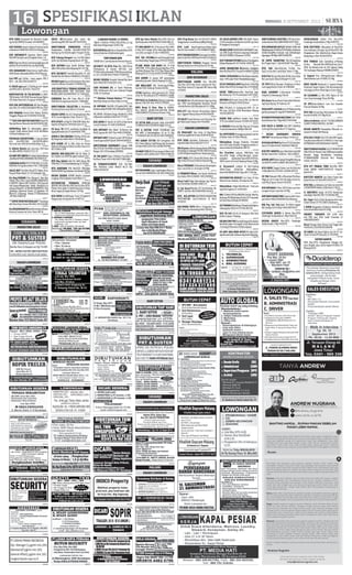 16 SPESIFIKASI IKLAN
BTH SGRA Karyawati Bs Akutansi Single.
Lgs Ke:DJ COMM Jl.Citandui 14%5668833
992956
DCR SEGERA Oprator Digital Printing Outdo
orIndoor%5946354/70105152 Klampis
992989
DCR KRYWAN/TI Operator Mesin Inject
MinSMP/Sdrajat.Lam:Jl.Rangkah Besar 7-A
993009
DCR2OpratorMesinLemSamping(Jingyu,Dk
k)(Min2Th)%3543540 Bu.Sari/Bp.Robby
993015
SPG SHOWROOM Mebel/Intrior KplProdksi,
ADM,Desain.WisataBukitMas F4/20 Wyung
993254
Cari PRT gaji 1jt/bln + mess segera. PPG 2
KK/1 - sda. Hub :081232083737
993206
Cr SALES sgra gaji 1,75jt/bln,py mtr+ijasah
asli.PPG2 KK/1 sda%031-70522702
993197
KONTRAKTOR CR PELAKSANA  ARSI-
TEK/InteriorCADVRAYKonsepDesianPglmn
3Th Ruko Patos AA i-9 Laguna %5961051
993008
DCR SGR APOTEKER/AA Wil Sda Pengala-
manMin1Th%081234018660PIN24cc7AD7
993001
DCR PENJUAL Pentol Cilok Makan TdrDlm;
Tenggilis Mejoyo Sel 3/18%08175192392
992996
***DCRSGRWAITER/WAITRESRoyalPlz
Sby,Gaji Bonus Menarik,Hub:085330261268
993285
ADMMktg Wnt D1 informatika pglmn
comptr: Ruko Wisma Mukti A1/8 AR.Hakim
14 Email hrd@spu.co.id
993217
PRSHAAN ADVERTISING cr bag produksi
pria max30th,Smk msn/listrik,admin
wnt,smk max 28th Kirim Kedinding Lor 9
993286
Cr Admin Wanita min sma max 25th bisa
ms office ROYAL PLAZA LT2 J1-19
993295
CR WNTPRTSRBTNU/L.PuloSrbyBuNorma
,CitraMwr43%081334068400/081333037137
993298
CENDEKIAILMUBTHTUTORMHS-S1U/SD-
SMA:Mat Fis Ing Akun Kim% 031-7289 0090
993161
SALES REP Pria/Wnt Max35Th Pglmn Krm:
Pergud Meiko Abadi 1/C-50 Gedangan Sda
993003
Dcr Bag GUDANG :Pria ,Mengerti Alat-Alat
Teknik, Max 30th, Lokasi NGORO,MOJOKERTO
 DRIVER :Pglmn,SIM A,B,Max 35th,Jujur,Be
rsih,Sopan,Mengetahui Wilyh Mojokerto,Su
rabaya,ditmptkn di NGORO,MOJOKERTO Hub
:Jababeka Industrial Estate I,Jl. Jababeka VII
Block K1 I,Cikarang - Bekasi 17530Indonesia
, HP:08111896330
993011
**SOPIRTRUKMATERIALAN**Surabaya
ada Mess.Raya Taman 98%081.332.619.889
993393
DcrDESAINGRAFISBisaPhotoshop.3Dmax.
Autocad Lamaran ke Setro Timur NO.56
993524
SALES GP,Kms,bonus plus motor dtg
jl.ketintang 89G SBY hub 087702479975
993428
DIBUTUHKAN PENGEMUDI SIM-A/B
Penghasilan 2,5jt/Bln Hub:085731667703
Datang Lsg Tes Ke:Jl.Rungkut Tengah 76 Sby
993484
DCR Tukang Dempul+Las+Cat Mbl Pglmn
Gj Bsr Cpt:RyDukuh Kupang Barat 147 Sby
993487
DCR SATPAM+Sopir SimB1 BsMatic Pglm
GjBsr BthCpt:Ry DukuhKupang Brt 147 Sby
993554
BTH SECURITY Prod,OB Max30Th PT CKT
MandiriResB2/3Krian%8986331/92160371
993532
DICARICepatKarywBsKomputerPnySimC
Lam Krm Wisma Srinadi B-21%8962224
993556
.DCR DRAFTER  TENAGA GUDANG,SMK
BANGUNAN,ADMIN SMK AKUTANSI HUB:
NGAGEL JAYA SELATAN RMI E-15 T.5043165
993559
CENDEKIA Ilmu Bth Tutor Mhs-S1 V/SD-
SMA:Mat,Fis,Ing,Akun,Kim:031-72890090
993560
DIBUTUHKAN COLLECTOR  Marketing
Prioritas.Jl.Gub.Suryo Blok A-10 Gresik
993433
DICARI SOPIR Sim A/C Berpenglaman Max
45Th Lam ke:Nginden Intan Timur A-7/21
993474
BTH KYWTI u/Gdg/Tk SMA/SMK Ruko Ker-
topaten Jl.Pegirian 144 Ruko 6 Jam 10-12
993442
CR Guru TK D2/S1 muslimah berjilbab bs
ngaji:pdkSedati asri F2 sda%60917789
993502
SOPIR  TNG SRBTAN P/W Max.39Th Lmr:
Ry.Margorejo Indah Blok A-304 (Ruko D)
993507
BTH KURIR SBY  SDA, kirim ke Perum
MakaryaBinangunjl.DewiSartikaUtara5/1/
XE/14,Waru,SDA
993517
DRIVER MIN.SMA/STM SIM B1 Matic U/
Drh SbyBrt Lmr:IMCP,Rungkut Industri I/10
993534
DCR Bag Admin Wnt Bs Sdkit Komp Min
SMA Max 27Th Hub:Kalikepiting 37-39 B18
993574
BTH KARYWAN P/W Max25Th SMU,Islam
UtkSPG/ADM/TngSrabutanLmrDemak259Sby
993618
DICARI SEGERA ADMIN Wanita Lamaran
Lengkap Villa Kalijudan Indah Blok O-17
993619
DISTRIBUTOR TERNAMA MENCARI
DRIVER,HELPER.MinSMU,SimB1,Max.45Th,
Paham Area Jatim  Sekitarnya,Jujur  Rapi.
Kirim Segera Jl.Dupak Rukun 110 Sby
993603
DCR SOPIR ForklifSopir Truck U/Triplek H:
Margomulyo Antropolis 46 %7497712
993621
1).BAGIANGUDANG 2).TEKNISI
Pglmn 1ThLlsn STM(2) Max35Th(1,2) Lsg
Interview Margomulyo 31/B12 Sby
993513
DCRSOPIRSim.ASrbtnu/ExpedisiMax35Th
Serius:Jl.Gatotan 42A(Krembangan)
993481
TOKOMAWARJAYA
KURIR Sim.C Lam:Ry.Darmo Permai Utara 8
993492
SECURITY 23-35Th Pria Min 168/155cm
Penempatan Di Daerah SBY-SDA. Lam
PT.MitraSalira,KomplekTHRJl.KusumaBang-
sa 116-118 (Blk Hitech Mall) %70003350
993495
DICARI SEGERA Penjahit HalusTkg Borci
Hub:%082230737266 (DU 1/42)
993500
CARI PEGAWAI (P), u/ Stand Makanan,
SMA, d/Pakuwon City. Lam: Sutorejo Tengah
14 No.1A Surabaya
993528
*** Dibthkn Teknisi Elektro *** Pglmn
Hub.Ruko Kenjeran Palace Blok.C14 Sby
993488
CR KRYWAN MinSMA DiTmptknDiPGS Ada
KomisiLamKe:POBOX1901SBKodePos60014
993430
PEL.KERJA DiTaiwan,Singp KhsWnt21-35Th
ShtJasmani Gaji5Jtan%Adi 03177771877
993431
DCR SOPIR RT Sim.B1 35-50Th U/Sby Barat
Lam:Jl.Tembaan 79 %081330395656
993435
DCR KRYWATI Blm Nikah Tk.Mainan Glx
Mal Jl.Laguna Brt A8/7 Sby %08123180081
993439
KRYWATIWNTU/OpenCounterDiPTCEast
Coast(Laguna)Shift Ijazah SMA%81808122
993454
DIBUTUHKAN KARYAWATI Lulusan SMA
Max.25Th;Hi-TechMallLt.DasarB-38,Jl.Kusuma
Bangsa116-118Surabaya(SEGERA)
993456
CR TKG JAHIT Halus U/Modes Pria/Wnt;CV
Ke:Ploso Timur 4/22%3815807/70802480
993459
CR PENJAHITSRBTN P/W Tdr+Mkn
Dlm; Manukan Luhur Blok2D No.13 Sby
%081235244233
993483
BTH Sgr Guru Wanita Max.40Th Diut Lls
Spd Kerjasama Hub:087852214428 ARK 29
993576
PT SDM GROUP Bth 25 Krywn/ti Min SMA/
K Max 26Th Single u/Pss Adm,Gdg,OB,Recep
Lmr Jl.Ry Larangan 25 Sda %34082432
993455
DCR TKG POTONG,Kernet(PotongCetak)
Lmr:Kedinding Tengah Jaya I/97%91707655
993546
PT.ABC BUKA CAB BARU Bth 79 P/W
SMU/SMK U/Pss:Adm,Recept,Gdg,Max.27Th
Lgs:Ruko Manyar Mas 27/C2 Dpn Kebun Bibit
Bratang Pk.10-14 Ttp:14/09/13%5967961
993549
DCR ADMIN S1 punya SIM penampilan
menarik,jujur,ulet. Dukuh Kupang 25/16A
993561
LBB BRILLIANT Bth Tentor:Ing-Bi-Mipa,
Lam:ke P.Adi- Kedung Tarukan 68,Sby
993568
15TKG Bgnkyu plmir,gpsum,Gj 65~70rb
srbtn 50~60.smbisari2/32 %083831174999
993632
DCR Kuli Las Srabutan.Datang Langsung :
Jojoran 3 No.183. Hub: %03171726654
993515
INFO Kerja  Urus Visa ke KOREA-
kerj industri plastik-kain-elek.Hub Rendy
%081358495719-Jl.Darmo Permai 3 Sby
993519
BABY SITTER
CV SETYA KIKI penyalur baby sitterPRT
72098663/081332618604 blgbd 10 b.sri
989903
PRT  SUSTER TANPA POTONGAN GAJI
IBU WATI. Jl KetintangBaru 16 no 21 Sby.
T;70044405-081331100355-085730098057
991730
PRT BABY SITTER DCR SetiapHari Utk
D/L Pulau GjBesar GakPotong Gaji SuryaAsri
4/1Sda%081252971262-083857487461
992640
CR BABYSTR/PRT/PrwtJompoU/Dlm/L.Kt/
PulauGrts 082142881230/77595579 BR37B
993444
SIDOARJO
RAGAM LOWONGAN
BUTUHADMIN,Sopir,TngBongkarMuatun-
tuk wil Sda%08885061158-081235062658.
992653
DCR 2Tng Kasar Wnt 18-25th,RT13 RW05
Tenggulunan CandiSidoarjo(Blkg Masjid)
992439
BTH Laki2
Bag.Pengiriman,Helper,Sales
Max30 Citra Garden C1/35 %08885275880
992791
BTHTUKANGKEBUNCleaningSrvisdiMo-
jokertoIjzhMin.SMP,Max35%081231500522
993340
DIBUTUHKAN TENAGA Pengajar Semua
Bidang Study.Lmrn Kirim:Jl.Kartini 26 Sda
992945
MALANG
ADM-KEUANGAN
DIBUTUHKAN ADMIN Pria Min.SMA
Usia Max 30Th Bisa Excel Lamaran Ke Mus-
tika Motor Sukun Jl.S.Supriadi 36F Sukun Mlg
%331831
992902
MARKETING-SALES
CR SALESAlatLPGutkInstansiSiapLuarKota
min. SMU max.38,Rapi,Krja Kras,Krja Tim,GP
+Komisi.Bwlmrn:Jl.D.ManinjauBrtD1-10Mlg
991953
BTH CPT Sales Kanvas Diutamakan Pglmn
Jujur Tggjwb Pekerja Keras%0341495439
992403
CR SALES Pupuk Kanvas Luar Kota,Siap Tar-
get Hub:Letjen Sutoyo 41D %410500
992780
RAGAM LOWONGAN
CR PRIA/WNT Sma Kerja di Mog/Matos
FullTime,Gaji850rb Po Box 3636 Ml 65101
990984
BTH SGRA Apoteker Jl.Ontoseno I/2 Mlg
Hub:081938519101/081937717177
991592
Bth Krywn u/Resto Jepang Bento,SMK BOga
PerhotelanSederajat%03417383234.Serius
SjTdkSMS(JamKerja)PerumTamanJantiG1
991626
WNT MAX 24Th Untuk RM Jl.Kawi Atas 18
Mlg %581278 Sms2194518 Domisili Mlg
991640
Dicari PERAWAT  Beautician Berpengala-
man. Lam.kirim: Jl. LA.Sucipto 59 Mlg
991674
Cr PENJAHIT/Obras. Lam lsg ke: Ry.Perum
Asri Katon 99%3136080 / 08123380653
991675
Dicari Laki2
,Rajin,TekunJujur sbg Tkg Ke-
bun/Serabutan dll,Wilis Indah A-6
991677
Cr Cpt Kary/Mhs/Ibu RT Part/Fultime IN-
COME 2-5jt.Info: 081334405858 ZArfn53
991799
BTH ASS.APTKR,APOTEKER,MARKETING
PHOTOWEDING Lam:T.D.Kerinci 1E No12
%720133
991710
DCR MODEL FOTO-Editor / Fotografer Cew-
PRT- Free Line Marketing%0817301405
991712
CR SALES,KERNET,SPR SIM AB1 Umum
CV.BintangBaru(GdgAsbes)SblhLap.Bola
M.Sungkono Arjwngun
991718
DICARICEPATBEBERAPAKARYAWATILulu-
san SMK Single PelamarLangsung DatangKe:
HK ELECTRONICS Jl.Kauman 19 MLG
991726
DCRTUKANGPOTONGRambutPriaBpglmn
Jl.RayaKlayatanIII-19T%0341-5436238
991729
SOPIR SERABUTAN B1Diutmkn HafalJatim
Dom.MLGMax35Th:T.Suryo35%085851552808
991742
SOPIR+ISTRIASUHAnkYtimPiyatu+JoinRuk-
onya=70%Laba+Rmh+Honda:Kedawung12
991750
CR D3-FARMASI,ADM,Bag.Kirim U/Wil Mlg
Batu Max30Th:Jl.Sarangan No.1%7558588
991783
KASIR TOKO,Wanita,Min Sma/Smk Jujur
Bisa Komp.Gp+Thr Puncak Jaya2 %9173383
991737
DBTHKN 12 Krywti Sma Gj Min 1jt+Bns ke:
Perdana Cell,Mog Gf 2535 Jl.Kawi
991914
Bth SPG,Adm  Gudang,min.SMA CV ke:
MG Corp, Jl.A.Yani 103A Kemirahan Malang
%(0341)483076
991930
KURIR SMA SpdMotor Sendiri SimC Maks
37ThLmrn:BukitCemara7-IV/50B%9719335
991925
Cr DRIVERPahamJlnMlg-Sby.Lam:Tirtajaya
Travel Jl.Kalimantan 36Mlg%366148
991954
Dcr APOTEKER Penanggung Jawab.Lam ke:
Jl.Sihabu-habu 28 Tidar-Malang
991955
Dibutuhkan Tenaga Produksi, Pria/Wnt
max.45th,Jujur,Disiplin,Tanggung-jawab.La-
maran bawa ke:Jl.Bandulan 8B/511
991956
Dcr Pria/Wnt Lulusan SMA/Sdrjt Usia
max.30th Single u/Peg.Toko,jujur, berpe-
nampilan rapisehat.Syarat:KK,KTP,Foto,
SKCK.Lamrn krm ke:Jl.Simpang Dieng 23 Mlg
991972
Cr Krywan/ti u/depot di Sby.Training
500rb,Trima 650rb.Dpt MakanMess.
Hub:%087888870092-Raya DPS 713B Sby
991974
DISTRIBUTOR BISKUIT Cari Sales TO dan
Motorist.Lmrn Kokola, SP.Sudarmo 20C
992014
Dibutuhkan Helper/Kuli/Kernet Truk.Lam
lsg:Jl.Kol.Sugiono 22 %2814363
992013
Bth CS,Mark,SPV,Fin,OB(SMU).Syrt:Jjr, Niat Krj,
Bs.Komp MS.OffcOnline,D1.Krm PT.Transindo,
Jl.A.YaniUtara28RukoD%403055
992011
CRTUKANGMebel/Kayu/TkangGrindaPglmn,
CiliwungKavVII/10%7727766-481794
992007
DCR TK LAS Utk Krj di Denpasar Bali Hub:
Jl.Peltu Sujono 7 Malang
992034
DICARICPATPEGTrampilTanganSrabutan
KendSdri,Sabar Fas:Gapok,Tunj2,Bonus,Kmsi
,Training Jl.Menuwo11A(RyLangsep)
992067
CR WNT BAG.FRON OFICEP/W PglmnSet-
ing/DesainGrafis Jl.Kemuning KavB Sgkaling
992075
DIBUTUHKAN2ASISTEN,5SPVdan6Kon-
sultanNutrisiH:Bu.LINA%085645347004
992082
BTH OPERATOR OUTLET KEBAB TURKI Wil.
MlgKepanjenP/WMax25ThMuslim,Kndaraan
Sendiri,UangMkn,Transpot, Gaji: Jl.Bendungan
Siguragura38Mlg%085743402295
992059
CR SOPIR SRABUTAN Min.SD,SiapKerja
Krs/Target.Gaji 1-1.5Jt%9330307 Sbrsri82
992057
BTH SGR Adm,Mrkt,Kol Pr/Wnt Fas:
Gaji,Trns,Ins,Bns Lam:Jl.Kyai Tamin 17 Mlg
992093
DCRP/WUtkSpv,Md,Adm,ObMinSmuSdrjt.
Bw Lam ke:Jl.D.Toba E24Swjjr%711335
992105
CR SPV/Mrktg Manager Penglman di Rest.
Lam Lgsg:Jl.Karya Timur 1B %483683
992113
RAJA LAUNDRY Cr.Karyawan Pria/Wnt,
Cbng Br JL.Ciliwung Gg.1 No.2A
992341
Bth AntarBrosur/Kurir/Sales/Adm/Market-
ing/Sopir,dtg lsg: SP Sudarmo 20
992342
DthknWNT u/kaferesto di Malaysia/sing
gj25jt.jl.pisang101 mlg.087756848180
992490
BTHBNYKPEMAINSINETRONP/W7-50Th
Hub:Jl.Mawar No.7 Mlg%085776470494
992705
DCR SALES  ADMIN Wnt,SIM C,NiatKrja
LamLsg:Jl.Anusopati Barat 72 Singosari
992533
* DICARI KARYAWATI MINSMA
UNTUK*Untuk Rumah Makan T%561112
992480
BTHSGRSATPAMMlg/Psrn:PT.SSSGrhaBan-
daraC1/5Pakis%0341-2991818/7366229
992499
DCR PRT WANITA Jujur,TidurDalm Gaji 600
Rb/Bln Hub%0341-3186551 / 0811309875
992495
ADMIN,WNTPglmnTgasJjrPlangMlmDtgLsg:
LA.SUCIPTO194%2119687/081230031117
992519
BTH SOPIR Tinggal Dalam Lam Ke:Jl.Kartini
1 MALANG 65111%0341-323990,347474
992511
CR TNG Mekanik SMK u/MesinSpd Mtr(Dom.
Mlg)Lams/d12Sept2013Ke:Sigura-GuraSu-
zuki Mtr,Jl.Sigura-Gura9 %553035
992391
DCR KRYWAN/Ti Max 30Th Kirim Lam Pan-
caragam Anyar S.parman 20 Mlg
992393
DIBTHKNMARKETINGPropertyAdaTrans-
portFee%081235556959PuriNirwana
992394
KRJ Psg Tali Teh,Upah 70-350rb+tjngan
Bln Sawojjr.A10 H.Abiy %081949793377.
992450
CUSTOMER SERVIS  Admin Max.30Th
Chndesign Studio,Kaluta 1 Mlg %565379
992379
DESIGN GRAFIS Max.30Th Chndesign
Studio,Kaluta 1 Mlg %565379
992380
PEMASANGAN Sticker Pria Max.30Th
Chndesign Studio,Kaluta 1 Mlg %565379
992409
DCRI SECPTNYA 1)Reception W Max30Th
Sma Sederajat 2)Terapis Spa W Max30Th Tdk
Pengalaman Akn dilatih,Griya Bugar:Istana
Dieng Raya 2 No5 %0341553555
992436
BTH TENAGA Sales Spreading u/Malang
Gj+Bns Menarik,Min.SMP,Kend.Sen,Sim-C
SKCK Yg Berlaku.Lam ke Jl.Ki Ageng Gribig
316 Sawojajar Malang %088803249877
993103
Cr Segera! Pria, Mrktng/Account Officer/
Debt Kolektor.Lam: PO BOX 151 Mlg
992865
MOZ5 SALON Muslimah Cr Capster,Terapis
Muslimah Single Pnglmn Tdk Diutamakan(Di
training)Lam Krm: Bend.Sigura-Gura 4 Kav2
992878
CR CLEANING (L) Min SMU Pglmn Di Htl
Lam: Simp.Semanggi Timur 8H Mlg
992895
CR SPV,Kasir,Waiter/s Lam Sun Karaoke
Puncak Mandala 26 Mlg
992897
BTH SGR Accounting Diutamakan Bs Pajak
Krm Ke PO BOX 3737 Mlg 65101
992901
Salesserabutan.simA/C.TkCNJJLBRIGJEN
SLAMET RIYADI 89B MLG. 361960 .
993244
DICARI WANITA Penampilan Menarik La-
maran:B.S.Riadi 184 Malang
992910
BTH SGR 5 PGWI P/W 22Th MinSMP Gapok,
Tunj,Bns,Kmsi:ROLUX Di MATOS Lt Dsar Dpn
HYPERMART%087859584045 TdkSMS
992939
DIBUTUHKANSEGERASALESPROMOTION
GIRL(SPG) Ke Kuwait Gaji±5JtBerpenampilan
Menarik Tinggi BeratBadan Seimbang:
PT.BINAMANDIRI Jl.Kartini No.1 Malang
%0341-347474
992957
BTH CPT PNJAGA TOKO Wnt,Min SMP/
A,Gaji 900Rb %085736367229 Simp.Ga-
jayana 611
992977
KAPSTER WANITA Spa Salon Puspa Ayu
Jl.JoyoUtomo 525 Hub:081334533770
993027
BTH TKGLasReklame,CatDuko,Survey%08
13330909090 Wahyu-Jl.Bantaran 1 No.25
993370
Cr WAITRESS Single 18-25Th Kendaraan
sndr,Rajin Hub:081 945 713 069 No SMS
993373
Dcr Sopir+Kuli u/Toko Bangunan.Krm lam:
Letjen Sutoyo 3/7 RT1,RW3 Lowokwaru
993377
1 SOPIR ditugaskan di Jakarta, kenal Jln Jkt.
Lmrn kirim:Wilis Indah A-6,Mlg
993378
URGENT THERAPIS SPA u/Htl Wnt
min SMA max 30th Candi Trowulan 12
%081805003407
993381
Dicari Tenaga Sebar Brosur Gaji Tinggi Hub:
%03416511156/081945582008
993382
CR SOPIR Colt Diesel Pglmn Sim B1 PT. Ka-
risma Tirtaria,MT.Haryono 12 %551849
993398
SATPAMWANITA
SMA, Max.35Th, Pengalaman Sebagai Sat-
pam, Disiplin, Jujur, Kirim Segera PO BOX 179
Malang 65101
993510
SURABAYA
MARKETING-SALES
LOW.BABT SITTER ;. . . . . . . . . . . ..
. . .1X25
992323
RAGAM LOWONGAN
LOW.HADENA KENDEDES . . . . . . . . . . .. .. . .
1X25
988622
PROFESI PELAUT SIJAYA . . . . . . . . . . .1X25 .
. . . . . . .
991001
LOW.TKW GRATIS . . . . . . . . . . . . .
. .. 1X25
991605
LOW.SOPIR TRELER . . . . . . . . . . . . .
. . . 1X25
991611
BP.YITNO SRBTN . . . . . . . . . . . . . . .1X25 .
. . . . . . .
991648
INTERVIEW LGS . .. . . . . . .. . . . .. . . . 1X25 . ..
. . . . . .
991931
INTERVIEW LANGSUNG . . . . . . . . . . . . . . .1X25
. . . . . . .
991967
LOW TAMBAK OSO WILANGON . . . . . . ..... .
.1X25 . . . .. . . . . .
992290
LOW.SEMERBAK CITRA . . . . .. . . . . . .
. . . 1X25
992305
LOW.GRAHA PRIMA INDONESIA . . . . . . . . .
1X25
992306
LOW. DREAFTER . . . . . . . . . . . . . . .
. . 1X25
992307
LOW.DIBUTUHKAN KARYAWAN . . . . . . . . . . .
.1X25
992308
LOW.DIBUTUHKAN SEGERA . . . .. . . . . . . . . .
1X25
992309
LOW.ENGINERING . . . . . . . .. .. . .
. . . 1X25
992310
LOW.INTERVIW LGSUNG KERJA . . . . .. . . .. . .
. 1X25
992311
OPERATOR TELPON . . ... . .. .. . . . . . . . . 1X25
.. . . . . . .. .
992318
LOW.ADMINISTRASI . . . . .. . . . . . .. ..
. . 1X25
992326
DIBUTUHKAN SEGERA TEKNIK ELEKTRO . . . .
.. . ..1X25 . .. . . . . .. .
992330
LOW KERJA IBU EVYTA . . . . . .. . .. . . . . .1X25
.. . . . . . . . . .
992331
LOW.GRATIS TKW . . . . . . . . . . . . .
. .. 1X25
992334
LOW.GENTENG SAYANGAN . . . . . .. . . . .
. . 1X25
992831
LOW.PT LENKO SECURITY . . . .. . . . . . .
. . . 1X25
992833
JL.SAWERAN . . . . . . . . . . . . . . . .
. . 1X25
992836
LOW.PT ESQ .. . . . . . . . . . . . .
. .. 1X25
992839
LOW.PITS TOP . . . . . . . . . . ..
. .. . .1X25
992840
PERUSAHAAN NUTRISI . . . . . . . . . . . . . .1X25
. . . . . . .
992843
LOW.KARYWAN . . . . . . . . . . .. . . .. . .
. . .1X25
992849
LOW.PROYEK BESAR . . . . . . . . .. . . .
. . . 1X25
992852
LOW.TKW SINGAPURA . . . . . . . . . . .
. . .. 1X25
992853
LOW.PELAYARAN . . . . . . . .. . . .. . .
. . 1X25
992854
LOW.TKW 5 JT . . . . .. .. .. . . .
. . .1X25
992866
DICARI WANITA LULUSAN SMK . . . . . . . . . . .
.1X25 . . . . . . .
992869
LOW INDIGO . . . . . . . . . . . . . . . . . 1X25
. . . . . . .
992908
LOW.DICARI SOPIR . . . . . . . . .
. .. .. 1X25
993375
LOW.CLEANING SERVICE . . . . . .. .. . ..
. . 1X25
993380
LOW.HUB ROSI . . . . . . . . . . . . . .
. . .1X25
993402
LOW.HUB.UCIA . . . . . . . . . . . . .. . . .
.. 1X25
993404
LOW.HUB AULIA . . . . . .. . . . . . .
. . . 1X25
993406
LOW.INFO ZULI . . . . . . . . . . .
. .. . 1X25
993408
BABY SITTER
IBU TATIK . . . . . . . .. . . . . . . . . . . .1X25
. . . . . . .
991645
LOW.NANY SITTER . . . . . .. . . . . .. .
. . . . .1X25
992321
BPK YANTO . . . . . . . . . . . . . . . . .
. . . 1X25
992827
SIDOARJO
RAGAM LOWONGAN
perusahaan skala . . . . . . . . . . .. . . . . . . . . . . . .
1x25 . . .
991905
PELUANG EMAS IBU SHERLY . . .. .. . .. . . . 1X25
. .. .. . . . . . ..
992327
MALANG
RAGAM LOWONGAN
LOW JL SEKARPURO. . . . . . . . . . . . . .1x25. . .
. . . . . . . .
991912
LOW UP ZIDA . . . . . . . . .. . . .. . . . .
. .. 1X25
993372
LOW.NAANY . . . .. . . . . . . . . . . . .
. . 1X25
993400
minggu, 8 SEPTEMBER 2013
 