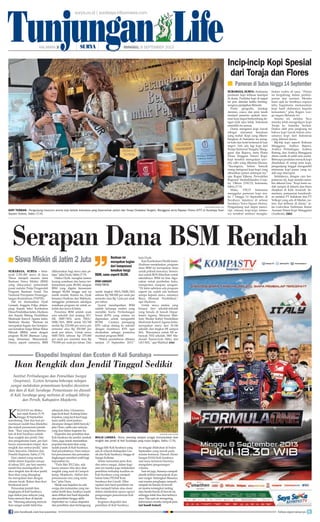 Tunjungan Life
surya.co.id | surabaya.tribunnews.com
SURABAYA,surya-Indonesia
produsen kopi terbesar keempat
di dunia. Produksi kopi di negeri
ini pun dimulai ketika berlang-
sungnya penjajahan Belanda.
Posisi geografis, lanskap
daratan, cuaca, dan jenis tanah
menjadi penentu apakah tana-
man kopi dapat berkembang de-
ngan baik atau tidak. Indonesia
memiliki itu semua.
Dunia mengenal kopi luwak
sebagai minuman kesukaan
yang mahal. Kopi yang dikem-
bangkan di Sumatera ini meng-
isi kafe dan hotel terkenal di luar
negeri. Nah, ada lagi kopi dari
Toraja (Sulawesi Tengah), Mang-
garai dan Bajawa, serta Flores
(Nusa Tenggara Timur). Kopi-
kopi tersebut merupakan speci-
alty coffee yang dikemas khusus.
“Sayangnya, belum banyak
orang mengenal kopi-kopi yang
dihasilkan petani setempat itu,”
ujar Rogier Eijkens, Perwakilan
Regional VredesEilanden Coun-
try Offices (VECO) Indonesia,
Sabtu (7/9).
Maka, VECO Indonesia
menggelar pameran kopi mu-
lai 7 hingga 14 September di
Surabaya, tepatnya di selasar
Surabaya Town Square (Sutos).
Pengunjung mal dapat menci-
cipi citarasa kopi-kopi istime-
wa tersebut sembari mengha-
biskan waktu di sana. “Petani
ini bergabung dalam perhim-
punan dan asosiasi. Mereka
kami ajak ke Surabaya supaya
tahu bagaimana memasarkan
kopi hasil olahannya kepada
konsumen,” jelas Rogier, war-
ga negara Belanda ini.
Selama ini, melalui Veco
mereka telah mengeskpor kopi
Toraja ke Amerika Serikat.
Diakui oleh pria jangkung ini
bahwa kopi luwak bukan satu-
satunya kopi dari Indonesia
yang dikenal dunia.
Biji-biji kopi seperti Robusta
Manggarai, Arabica Bajawa,
Arabica Perindingan, Arabica
Ruteng, dan Arabica Manggarai
ditata cantik di salah satu sudut.
Beberapaperalatanmeracikkopi
disediakan di setiap jenis kopi,
pengunjung tinggal mengambil
minuman kopi panas yang su-
dah siap diseruput.
Setidaknya, dengan cara ber-
pameran ini, kopi mereka sema-
kin dikenal luas. “Kopi kami su-
dah sampai di Jakarta dan biasa
disajikan di Kafe Anomali. Se-
mentara, pemasaran keseluruh-
an melalui PT Indokom dan PT
Volkopi yang ada di Medan, no-
mor dua terbesar di dunia,” je-
las Lodovikus Vadirman, Ketua
Asosiasi Petani Kopi Manggarai
(Asnikom).	(ida)
SURABAYA, surya - Seba-
nyak 2.391.083 siswa di Jawa
Timur menjadi sasaran dana
Bantuan Siswa Miskin (BSM)
yang dikucurkan pemerintah
pusat melalui Pokja Pengendali
Program Bantuan Sosial Tim
Nasional Percepatan Penanggu-
langan Kemiskinan (TNP2K).
Hal ini diumumkan Dyah
Larasati, Anggota Pokja, didam-
pingi Kepala Seksi Kurikulum
DinasPendidikanJatim,Hudiono
dan Kepala Bidang Pendidikan
Madrasah Kanwil Agama Jatim,
Mahfudz Shodar. “Bantuan ini
merupakan bagian dari kompen-
sasi kenaikan harga Bahan Bakar
Minyak (BBM), sama dengan
program BLSM (Bantuan Lang-
sung Sementara Masyarakat).
Hanya seperti namanya, BSM
dikhususkan bagi siswa atau pe-
lajar,” jelas Dyah, Sabtu (7/9).
Diakui Dyah, mungkin karena
kurang sosialisasi dan hanya ter-
konsentarsi pada BLSM, serapan
BSM yang digelar bersamaan
dengan BLSM hingga saat ini
masih rendah. Karena itu, Dyah
bersama Hudiono dan Mahfudz,
menggelar pertemuan sekaligus
sosialisasi program ini untuk se-
kolah dan siswa di Jatim.
Penerima BSM adalah anak
usia sekolah dari jenjang SD/
MI, SMP/MTs serta SMA/
SMK/MA. BSM untuk SD/MI
senilai Rp 225.000 per siswa per
semester atau Rp 450.000 per
anak per tahun. Untuk siswa
SMP/MTs sebesar Rp 375.000
per anak per semester atau Rp
750.000 per anak per tahun. Dan
untuk tingkat SMA/SMK/MA
sebesar Rp 500.000 per anak per
semester atau Rp 1 juta per anak
per tahun.
Syarat mendapatkan BSM
adalah keluarga miskin yang
memiliki Kartu Perlindungan
Sosial (KPS) yang selama ini
digunakan untuk mengambil
BLSM. Caranya pemegang
KPS cukup datang ke sekolah
dengan membawa KPS agar
dicalonkan sebagai penerima
manfaat program BSM.
“Waktu pendaftaran dibatasi
sampai 13 September 2013,”
kata Dyah.
Kasi Kurikulum Dindik Jatim,
Hudiono menjelaskan, program
dana BSM ini merupakan dana
untuk pribadi siswanya. Semen-
tara untuk BOS diberikan untuk
sekolahnya. BSM ini bisa digu-
nakan untuk pembelian buku,
transportasi maupun seragam.
“Di Jatim sebelum ada program
seperti ini, sudah ada bantuan
serupa kepada siswa, namanya
Biaya Minimal Pendidikan,”
ujar Hudiono.
Untuk siswa miskin yang
berasal dari sekolah-sekolah
yang berada di bawah Depar-
temen Agama, Menurut Mah-
fudz Shodar Kabid Pendidikan
Madrasah Kanwil Agama Jatim,
merupakan siswa dari 18.186
sekolah dari tingkat MI sampai
MA. Rinciannya untuk MI se-
banyak 7032 sekolah, 3801 Ma-
drasah Tsanawiyah (Mts), dan
1413 MA, ujar Mahfud.	(rie)
K
egiatan ini dilaku-
kan sejak Kamis (5/9)
hingga 30 September
mendatang. Dari dua hari pe-
mantauan sudah bisa diketahui
jika terjadi penurunan jumlah
ikan. “Ikan yang biasa ditemu-
kan di Kali Surabaya adalah
ikan rengkik dan jendil. Dari
dua pengamatan kami, per hari
hanya menemukan empat ekor
rengkik dan seekor jendil,” jelas
Daru Setyorini, Direktur dan
Peneliti Inspirasi, Sabtu (7/9).
Dari catatan yang mereka
miliki dalam kegiatan serupa
di tahun 2011, per hari mereka
masih bisa mendapatkan 20
ekor rengkik dan 40 ekor jendil.
Ikan-ikan yang ditangkap
itu merupakan ikan dengan
ukuran layak. Bukan ikan-ikan
berukuran kecil.
Penurunan jumlah ikan
tangkapan di Kali Surabaya,
juga diakui para nelayan yang
biasa mencari ikan di daerah
itu. “Memang sekarang mencari
ikan sungai sudah tidak bisa
sebanyak dulu. Ukurannya
juga kecil-kecil. Kadang kalau
terpaksa, yang kecil-kecil juga
kami ambil, nanti jualnya
dicampur dengan lebih banyak,”
jelas Nono, salah satu nelayan
yang ikut dalam kegiatan itu.
Ekspedisi dan penelitian ikan
Kali Surabaya itu sendiri, tambah
Daru, juga untuk memastikan
populasi dan jenis ikan yang
sudah punah di Kali Surabaya.
Soal penyebabnya, Daru menye-
but pencemaran dan perusakan
lingkungan memberi andil bagi
kepunahan itu.
“Pada Mei 2012 lalu, ada
kasus ratusan ribu ekor ikan
rengkik yang mati di Gempol-
kerep, Mojokerto. Akibat dari
pencemaran nira yang melu-
ber,” jelas Daru.
Meski usai kejadian itu ada
warga dan komunitas yang me-
nebar benih ikan, hasilnya masih
akan dilihat dari hasil ekspedisi
dan penelitian hingga akhir
September ini. Lokasi ekspedisi
dan penelitian akan berlangsung
hingga hilir Kali Surabaya yang
ada di wilayah Kabupaten Gre-
sik dan Kota Surabaya, hingga di
Sungai Kalimas.
Selain memantau jenis ikan
dan satwa sungai, dalam kegi-
atan ini mereka juga melakukan
penelitian terhadap kualitas air
Kali Surabaya yang menjadi
bahan baku PDAM Kota
Surabaya dan Gresik. Diha-
rapkan dari hasil penelitian ini
bisa menjadi bahan atau dasar
dalam melakukan upaya-upaya
pengurangan pencemaran Kali
Surabaya.
Kegiatan ekspedisi dan
penelitian di Kali Surabaya
ini sengaja dilakukan di bulan
September yang masuk pada
musim kemarau. Daerah Aliran
Sungai (DAS) Kali Surabaya
saat masa kemarau biasanya
mengalami pengurangan
volume.
Saat ini juga, biasanya sampah
plastik terlihat menumpuk di pe-
sisir sungai. Sedangkan Biasanya
saat musim penghujan, sampah-
sampah itu berada di bawah
air karena tersangkut ranting
atau benda-benda di bawah air,
sehingga tidak bisa ikut terbawa
arus. Dan saat air mengering,
keberadaan mereka tampak jelas.	
(sri handi lestari)
Serapan Dana BSM Rendah
Siswa Miskin di Jatim 2 Juta■
Institut Perlindungan dan Pemulihan Sungai
(Inspirasi), Ecoton bersama beberapa nelayan
sungai melakukan pemantauan kondisi ekosistem
dan ikan di Kali Surabaya. Pemantauan ini diawali
di Kali Surabaya yang melintas di wilayah Mlirip
dan Pernih, Kabupaten Mojokerto.
Ekspedisi Inspirasi dan Ecoton di Kali Surabaya
Ikan Rengkik dan Jendil Tinggal Sedikit
SURYA/AHMAD ZAIMUL HAQ
KOPI TERBAIK - Pengunjung mencium aroma kopi terbaik Indonesia yang dipamerkan petani dari Toraja (Sulawesi Tengah), Manggarai serta Bajawa, Flores (NTT) di Surabaya Town
Square (Sutos), Sabtu (7/9).
Incip-incip Kopi Spesial
dari Toraja dan Flores
Pameran di Sutos hingga 14 September■
surya/sri handi lestari
mulai langka - Nono, seorang nelayan sungai menunjukkan ikan
rengkik dan jendil di Kali Surabaya yang mulai langka, Sabtu (7/9).
HALAMAN  | | MINGGU, 8 SEPTEMBER 2013
Bantuan ini
merupakan bagian
dari kompensasi
kenaikan harga
BBM, sama seperti BLSM.
Dyah Larasati
Pokja TNP2K
join facebook.com/suryaonline follow @portalsurya
 