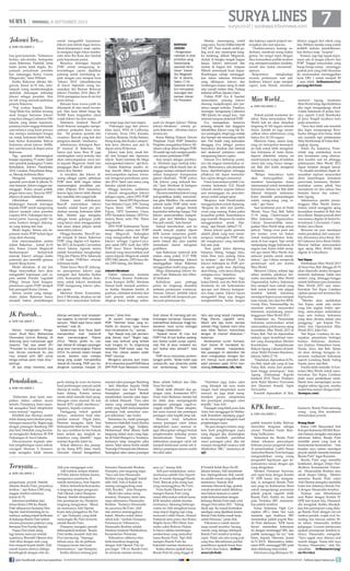 surya.co.id | surabaya.tribunnews.com
SURYALINES| MINGGU, 8 SEPTEMBER 2013
Ketika menghadiri Penge-
nalan Studi Baru Mahasiswa
(Pesmaba) Unmuh Malang, JK
didorong para mahasiswa agar
nyapres. Tapi apa jawab JK?
Presiden itu hanya terpilih dua
kali. Aturan membuat itu, jika
mau silakan pilih SBY untuk
ketiga kalinya pasti tidak bisa,
kelitnya.
JK pun tetap membisu saat
ditanya wartawan soal kesiapan-
nya nyapres. Ia memilih menebar
senyum. Maaf saya harus cepat
kembali, elak JK.
Sebelumnya, Ikrar Nusa Bakti
memprediksi duet Jokowi-JK
akan memenangkan Pilpres
2014. Meski politik itu cair,
tapi Jokowi-JK sebagai pasangan
yang bisa memenangkan Pilpres
2014. Itu terbukti dalam banyak
survei, bahkan kata intelijen
asing yang sudah memprediksi
Jokowi-JK menang. PDIP pun ter-
dongkrak suaranya menjadi 24
persen, jelas Ikrar.
JK sendiri menunggu sikap
PDIP. Nantilah kalau yang itu.
Politik itu dinamis, saya belum
bisa menjelaskan itu, ujarnya.
Tapi, Bapak siap jadi pendam-
ping Jokowi, kan? Begini saja,
saya siap berbuat yang terbaik
buat bangsa ini. Itu tergantung
kebijakan PDIP, bukan saya. Ka-
rena Pak Jokowi adalah kader
PDIP, tuturnya.
Mengenai wacana duet Jokwi-
JK itu disambut positif PDIP. Ketua
DPP PDIP Puan Maharani menilai
duet Jokowi JK memang jadi per-
timbangan partainya. Alasannya,
elektabilitas keduanya tinggi ber-
dasarkan hasil survei berbagai
lembaga independen.
Apakah benar JK mau ikut
PDIP? Pak JK kan Golkar, sedang-
kan Golkar sudah punya capres.
Jadi, Pak JK akan mewakili sia-
pa? Golkar atau pribadi? kata
Puan.
PDIP terus memantau perkem-
bangan politik. Boleh boleh saja
(Jokowi-JK), tapi dinamika politik
kan berkembang. Kami tidak
tahu apa yang terjadi menjelang
Pileg (Pemilu Legilatif) nanti.
Masih ada tiga bulan sampai
setelah Pileg, apakah kami lolos
atau tidak. Namun, komunikasi
dengan JK intensif dilakukan,
bebernya.
Berdasarkan survei Kompas,
duet Jokowi JK mendapat du-
kungan terbesar masyarakat,
dan pasangan ini diprediksi tak
akan menghadapi ritangan ber-
arti menuju kursi presiden dan
wakil presiden pada 2014 men-
datang.(tribunnews/alb/det)
Terkait jumlah kontestan ter-
sebut, Nana menyatakan, Miss
World kali ini akan disiarkan
langsung di 160 negara seluruh
dunia. Jumlah ini juga meme-
cahkan rekor sebelumnya yang
hanya live di 120 negara.
Menurut Nana, siaran lang-
sung ini merupakan kesempat-
an baik untuk lebih mengenal-
kan Indonesia di mata dunia.
Seperti diketahui selama ini
masih banyak warga di belahan
dunia lain yang hanya menge-
nal Bali dan tidak mengenal
Indonesia.
“Betapa banyaknya kami
akan menyuguhkan dan
memberi kesempatan dunia
internasional untuk memahami
Indonesia. Selama ini Bali lebih
dikenal daripada indonesia.
Kami memiliki pemandangan
indah, orang-orang yang ra-
mah,” ujar Nana.
Saat konferensi pers di Hotel
Westin, Nusa Dua, Bali, Sabtu
(7/9) siang, Chairwoman of
Miss Indonesia Organization,
Liliana Tanoesoedibjo mene-
gaskan Miss World tetap sesuai
jadwal. “Setiap even pasti ada
pro kontra, even ini bukan
untuk mempermalukan Indo-
nesia di luar negeri, Tapi untuk
menjunjung tinggi Indonesia di
negara luar. Kalau tidak meng-
erti apa esensi Miss World, bisa
mencari panitia untuk menje-
laskan,” ujar Liliana menjawab
pertanyaan soal pro kontra
Miss World.
Menurut Liliana, selama tiga
tahun terakhir, pihaknya ber-
usaha meyakinkan Miss World
Organization bahwa Indonesia
bisa menjadi tuan rumah yang
baik untuk kontes ratu sejagat
tersebut. Setelah Indonesia
mendapat kepercayaan menjadi
tuan rumah, istri dari bos MNC
Group Hary Tanoesoedibjo itu
meminta seluruh masyarakat
Indonesia mendukung penye-
lenggaraan Miss World 2013.
Sementara itu, Pemerintah
Indonesia memutuskan untuk
memusatkan pelaksanaan ajang
kecantikan Miss World 2013 di
Pulau Bali. Hal ini diputuskan
melalui rapat koordinasi men-
teri yang disampaikan Menteri
Koordinator Kesejahteraan
Rakyat Agung Laksono di kedi-
aman Wakil Presiden Boediono,
Jakarta, Sabtu (7/9).
“Diadakan,dipusatkandiPu-
lau Bali, tidak ada yang di luar
Pulau Bali, mulai dari pembu-
kaan hingga penutupan,” kata
Agung didampingi Kapolri
Jenderal (Pol) Timur Pradopo,
serta Wakil Menteri Pariwisata
dan Ekonomi Kreatif, Sapta
Nirwandar.
Kendati dipusatkan di Bali,
menurut Agung, kontestan
MissWorldtetapdiperbolehkan
jika ingin mengunjungi obyek
wisata Indonesia di pulau lain-
nya, seperti Candi Borobudur
di Jawa Tengah layaknya turis
pada umumnya.
“Saya kira tidak ada masalah
jika ingin mengunjungi Boro-
budur sebagai turis biasa, tidak
ada masalah tapi pelaksanaan
Miss World tetap di Pulau Bali,”
ungkap Agung.
Selain itu, lanjutnya, Peme-
rintah siap melakukan revisi
izin keramaian yang disesua-
ikan kondisi saat ini sehingga
pelaksanaan Miss World 2012
dapat berjalan dengan lancar.
“Ya mudah-mudahan dapat di-
sesuaikan aspirasi masyarakat
demi kepentingan kemajuan
pariwisata Indonesia. Mudah-
mudahan semua pihak bisa
memahami ini dan semua bisa
berjalan lancar dan sukses,”
kata Agung.
Sebelumnya panitia penye-
lenggara Miss World memu-
tuskan untuk menggelar ajang
kecantikan tersebut di Bali dan
Jawa Barat. Malam puncak final
rencananya digelar di Sentul In-
ternational Convention Center,
Sentul, Jawa Barat.
Rencana ini pun mendapat
reaksi penolakan dari masyara-
kat, khususnya Jawa Barat. Wa-
kil Gubernur Jawa Barat Deddy
Mizwar bahkan menyarankan
agar ajang Miss World tidak
digelar di wilayahnya.
Tari Kipas
Pembukaan Miss World 2013
di Nusa Dua, Bali, Minggu (8/9)
akan dipenuhi atraksi beragam
kesenian Indonesia. Salah satu
atraksi yang ditunggu-tunggu
adalah kelihaian para kontestan
Miss World 2013 saat mem-
bawakan Tari Kipas Cendana
ciptaan penata tari ternama Eko
Supriyanto.
“Mereka akan melakukan
Tari Kipas, salah satu tarian
yang kita angkat waktu ope-
ning, mencampur sedemikian
rupa seni budaya Indonesia
yang akan diramu dalam satu
panggung,” ujar Kepala Pro-
duksi dan Operasional Miss
World 2013, John Fair.
Tari Kipas Cendana ini me-
rupakan perpaduan berbagai
budaya Indonesia, diantara-
nya budaya Halmahera barat,
Sunda, Jawa, dan Bali. Tarian
ini akan diiringi beragam in-
strumen tradisional Indonesia
seperti Gondang Batak, Suling
Sunda, Jawa, dan Bali.
Panitia telah memilih 16 kon-
testan Miss World untuk mem-
bawakan Tari Kipas Cendana
pada acara pembukaan nanti.
Meski baru mempelajari secara
singkat sekitar tiga jam, mereka
sudah bisa menari dengan baik.
(kompas.com)
“Keberatan akan kami sam-
paikan dalam catatan secara
tertulis. Prinsipnya, kami meno-
lak mengakui hasil rekapitulasi
suara manual,” tegasnya.
Khofifah dan Herman sendiri
tidak datang menyaksikan peng-
hitungan manual itu. Begitu juga
dengan pasangan Bambang DH
dan Said Abdullah yang beralas-
an menghadiri Rakernas III PDI
Perjuangan di Ancol Jakarta.
Diwawancarai terpisah sebe-
lum penghitungan suara selesai,
cawagub Herman S Sumawi-
redja mengaku tidak merasa
perlu datang ke acara itu karena
hasil perhitungan manual sudah
dimuat di media. “Jadi buat apa
kami datang. Karena semua
media telah menulis hasil peng-
hitungan suara manual. Itu kan
berarti KPU sudah merilisnya,”
tegasnya, kepada wartawan.
Disinggung terkait apakah
dirinya menerima hasil reka-
pitulasi manual Pilgub Jatim,
Herman mengaku tidak bisa
berkomentar lebih jauh. “Terkait
itu, saya serahkan ke tim hukum
kami terkait apa langkah se-
lanjutnya yang diambil,” tegas
mantan Kapolda Jatim ini.
Terkait absennya dua pasang-
an itu, Ketua KPU Jatim Andry
Dewanto Ahmad mengatakan,
mandat saksi pasangan Bambang
– Said diberikan kepada Didik
Prasetiyono dan Andi Firasadi.
Sedangkan pasangan Berkah
memberikan mandat saksi kepa-
da Juliadi Mulyadi. “Para saksi
utama yang mendapat mandat
inilah yang boleh menyampaikan
pendapat, baik menerima mau-
pun keberatan,” ujar Andry.
Sementara itu, meski pasangan
Soekarwo-Saifullah Yusuf (KarSa)
dan pasangan Eggi Sudjana-
Muhammad Sihat (Beres) hadir
langsung dalam acara yang dige-
lar di Hotel Shangri-La, Surabaya,
keduanya tetap mengirim saksi
utama. Saksi utama KarSa adalah
TrimoeljaDSoerjadidanMartono.
Sedangkan saksi utama pasangan
Beres adalah Fathoni dan Niko
Nusa Novianto.
Meski tidak dihadiri dua pa-
sangan calon, Komisioner KPU
Pusat Arief Budiman menilai hal
itu tidak akan mempengaruhi
penetapan pasangan cagub-ca-
wagub terpilih. Proses rekapitu-
lasi suara manual dan penetapan
pasangan calon terpilih tetap sah.
Menurut Arief, kehadiran
semua pasangan calon dalam
rekapitulasi suara manual sa-
ngat diharapkan sebagai bentuk
penghormatan terhadap proses
demokratisasi. Namun keti-
dakhadiran pasangan calon tak
menjadi keharusan untuk sah ti-
daknya penetapan karena sudah
diwakili saksi.
“Demikian juga, kalau saksi
yang ditunjuk tak mau tanda
tangan hasil rekapitulasi suara
manual, itu juga tidak meng-
hentikan proses rekapitulasi
dan penetapan pasangan calon
terpilih,” kata Arif.
Pasangan yang tidak puas, kata
Arief, bisa menggugat ke Mahka-
mah Konstitusi sepanjang gugat-
an itu menyangkut sengketa hasil
penghitungan suara.
“Itu pun dengan catatan, seng-
keta hasil penghitungan suara
yang digugat jika disidangkan
mampu merubah perolehan
suara pasangan calon. Jika tak
mampu mengubah rasanya sulit
dikabulkan MK,” tandasnya..(-
uji)
luar garis komando. Tulisannya
berbau adu-domba, bertepatan
acara Rakernas. Padahal, kami
kader partai tidak begitu. Ke-
putusan pencalonan presiden
kan menunggu Ketua Umum
(Megawati), tutur William.
Ketika Rakernas dibuka Me-
gawati, Jumat (6/9) lalu, seke-
lompok orang membentangkan
spanduk dukungan terhadap
Jokowi sebagai presiden. Aksi
itu tak urung menarik perhatian
peserta Rakernas.
Puji syukur kepada Tuhan
Yang Maha Esa, terlahir seorang
anak bangsa bernama Jokowi
yang kini sebagai Gubernur DKI
Jakarta yang dalam kepemim-
pinannya kami anggap beliaulah
satu-satunya yang kami percaya
dan mampu memimpin bangsa
ini untuk Indonesia lebih baik,
kata Ketua Komunitas Rakyat
Indonesia untuk Jokowi (KRIJ),
Jery saat berorasi di depan arena
Rakernas.
Tiga spanduk dibentangkan
berjajar sepanjang 15 meter. Salah
satu spanduk panjangnya 5 meter
bertuliskan, Jokowi Presidenku
2014, Gerakan Penyelamat Bang-
sa, Menuju Indonesia Baru.
Mengenai terpampangnya
spanduk provokatif di Jakarta Ti-
mur kemarin, Jokowi enggan me-
nanggapi. Kalau urusan politik,
jangan tanya saya. Tanya ke DPP,
elaknya di arena Rakernas.
Diberitakan sebelumnya,
belakangan banyak dorongan
kepada PDIP untuk mengusung
Jokowi menjadi calon presiden
(capres) 2014. Dukungan dari in-
ternal partai mocong putih itu
sama kuatnya dengan dukung-
an yang datang dari luar.
Meski begitu, belum ada ke-
putusan resmi PDIP terkait figur
yang akan diusung.
Saat menyampaikan pidato
dalam Rakernas , Jumat (6/9)
lalu, Ketua Umum Megawati
Soekarnoputri berkali-kali
memuji Jokowi sebagai kader
potensial dan memiliki getaran
seperti Bung Karno.
Meski demikian, di sisi lain
Mega menyiratkan baru akan
mengambil keputusan soal ca-
pres setelah Pemiliu Legislatif
(PIleg). Sesuai hasil kongres,
penentuan capres PDIP menjadi
hak prerogatif Ketua Umum.
Semua usulan yang menge-
muka dalam Rakernas hanya
menjadi bahan pertimbangan
untuk mengambil keputusan.
Jokowi pun belum tegas menya-
takan kesiapannya maju capres.
Ia mengaku ingin fokus membe-
nahi dulu Ibu Kota dan tunduk
pada keputusan partai.
Besarnya dorongan kepada
PDIP untuk mengusung Jo-
kowisebagai capres dijadikan
peluang untuk mendulang ru-
piah dengan cara menjual kaus
Jokowi 2014 dalamRakernas
di Ancol. Sejumlah orang me-
namakan diri Barisan Relawan
Jokowi Presiden 2014 (Bara JP-
2014) menjajakan kaus di sisi kiri
pintu keluar .
Ratusan kaus warna putih itu
ditumpuk di atas tanah berum-
put. Satu kaus diberi harga Rp
50.000 Kaus bergambar siluet
wajah Jokowi itu laris manis.
Sekretaris Jenderal Bara-JP
Ferdi Semaun mengaku mengo-
ordinasi penjualan kaus terse-
but. Ini gerakan spontan dan
swadaya. Banyak yang beli dari
pengurus daerah, tandasnya.
Sebelumnya, kelompok Bara-
JP muncul di Rakernas. Tak
hanya jual kaus, Bara JP juga
membagikan surat terbuka dan
akan menyampaikan surat teri-
tu kepada Megawati. Salah satu
penggagas Bara JP adalah aktor
senior Roy Marten.
Ia meyakini, jika Jokowi di-
usung sebagai capres, pekerjaan
PDIP akan lebih ringan dalam
memenangkan pemilihan pre-
siden (Pilpres) 2014. Alasannya,
karena figur Jokowi telah dikenal
dan memiliki citra sangat baik.
Dalam surat terbukanya,
Bara-JP menyatakan bahwa
mereka adalah kaum pro per-
ubahan menuju Indonesia lebih
baik. Mereka juga mengaku
sebagai kaum golongan putih
yang hanya akan menggunakan
hak suara dalam pilpres untuk
mencoblos Jokowi.
HIngga kematin, Bara-JP ma-
sih tampak di lokasi. Rakernas
PDIP yang digelar 6-8 Septem-
ber 2013, di Ecopark Convention
Ancol, Jakarta. Agenda utama
adalah konsolidasi menghadapi
Pileg dan Pilpres 2014. Sebanyak
1.330 kader PDIPdari seluruh
Indonesia hadir.
Tidak hanya Bara-JP, dukung-
an pencapresan Jokowi juga
mengalir dari Amerika Serikat
(AS). Komunitas Rakyat Indo-
nesia untuk Jokowi mendesak
PDIP mengusung Jokowi seba-
gai capres.
Menurut Ketua Komunitas,
Jerry F Monintja, desakan ini tak
hanya dari masyarakat Indone-
sia tetapi juga dari luar negeri.
Dukungan juga dari perwa-
kilan kami, WNI di California,
Colorado, Texas USA, Kanada,
London, Belanda,Afrika Selatan,
Hong Kong dan Kuala Lumpur,
kata Jerry ditemui saat aksi di
depan arena RAkernas.
Jokowi, kata Jerry, sosok ber-
sih dari korupsi dan dipercaya
rakyat. Kami meminta Bu Mega
mencapreskan Jokowi, ujar Jerry.
Dalam Rakernas sendiri, se-
tiap daerah diberi kesempatan
menyampaikan aspirasi, terma-
suk mengenai pencalonan presi-
den 2014. Salah satu nama yang
beredar adalah Jokowi.
HIngga kemarin, sedikitnya
8 daerah mengusulkan Jokowi
sebagai capres, yakni DPD PDIP
Sulawesi Barat,DPCKepulauan
Sula Maluku Utara, DPC Sorong
Papua Barat, DPC Yahukimo
Papua, DPD Sumatera Utara,
DPD Sumatera Selatan, DPD Su-
matera Barat, serta PAC Wates
Yogyakarta.
DPD PDIP Kalimantan Timur
mengusulkan capres dari PDIP
tetap Megawati. Sedangkan
yang mengusulkan duet Mega-
Jokowi swbagai Capres-Cawa-
pres aalah DPD Aceh dan DPD
PDIP Jawa Timur. Sedangkan
daearah yang menyerahkan soal
capres kepada Megawati adalah
DPD DKI Jakarta, DPD Jawa Ba-
rat, DPD Jateng, dan Banten.
Jokowi-Abraham
Dalam rakernaas kemarin
(7/9),Ketua Komisi Pemberan-
tasan Korupsi (KPK) Abraham
Samad hadir menjadi pembica-
ra. Ketika Abraham berdiri di
podium, celetukan terlontar dari
arah peserta untuk menyan-
dingkan ketua lembaga antira-
suah ini dengan Jokowi.Hidup
Jokowi-Abraham, celetuk pe-
serta Rakernas . Abraham hanya
tersenyum.
Ketua Bidang Hukum Dewan
Pimpinan Pusat PDIP Trimedya
Panjaitan mengatakan bahwaAb-
raham cukup dekat dengan PDIP.
Di sudah tiga kali menjadi pembi-
cara dalam perhelatan PDIP.
Saat tampil sebagai pembica-
ra, Abraham juga memuji Joko-
wii sebagai tokoh bersih dan di-
anggap mampu menjadi teladan
dalam kampanye transparansi
jajaran eksekutif.. PDIP punya
Pak Jokowi yang terkenal ber-
sih, kata Abraham di hadapan
Megawati dalam rakeranas.
DiamencontohkanJokowiyang
anti-gratifikasi ketika menyerah-
kan gitar Metallica. Dia meminta
seluruh kader PDIP tidak mela-
kukan korupsi sebagai bentuk
kepedulian terhadap bangsa.Pak
Jokowi mencontohkan melapor-
kan gitar dari Metallica, bagus,
bisa jadi contoh, kata Samad.
Samad menuturkan, saat ini
masih banyak pejabat dijerat
KPK karena menerima gratifi-
kasi. Ia menganggap hal itu tak
perlu terjadi jika para pejabat
memahami aturan mengenai
gratifikasi.
Saat Rakeranas melewati jeda
makan siang pukul 13.15 WIB.
Megawati didampingi Jokowii
meninggalkan lokasi Rakernas
menggunakan mobil yang sama.
Mega didampingi Jokowi be-
serta Puan Maharani dan Effen-
di Simbolon.
Kehadiran para petinggi
partai itu langsung disambut
rentetan pertanyaan wartawan.
Namun, Jokowi, terlebih tokoh
lain, memilih tak menjawab per-
tanyaan-pertanyaan itu.
Mereka menumpang mobil
yang sama, Toyota Vellfire hitamB
2301 MT. Puan masuk mobil pa-
ling awal dan menempati bang-
ku belakang, diikuti Megawati,
duduk di bangku tengah bagian
kanan. Jokowi menyusul dan
duduk di bagian kiri. Adapun
Effendi menempati kursi depan.
Rombongan melaju meninggal-
kan lokasi rakernas Informasi
yang dihimpun, Jokowi dan
rombongan makan siang di salah
satu rumah makan khas Padang
terkenal diPluit, Jakarta Utara.
Politisi PDIP Eva K Sundari
menyatakan, peluang Jokowi
diusung menjadicapres dari par-
tainya sangat terbuka. Pasalnya,
dorongan mengusung Gubernur
DKI Jakarta itu sangat kua, dari
internal maupun eksternal PDIP.
Eva menegaskan, besarnya
peluang tampak dari tingginya
elektabilitas Jokowi yang tak ha-
nya meningkat, tetapi juga melejit
dan hampir tak tertandingi tokoh
lain. Hal itulah yang kemudian
dianggap Eva sebagai pemicu
banyaknya desakan dari internal
dan eksternal partainya untuk
mengusung Jokowi capres.
Namun Eva berharap partai-
nya tak tergesa menentukan ca-
pres. Menurutnya, ada dinamika
harus diperhitungkan sehingga
pihaknya tak dapat memutus-
kan capres dengan emosional.
Pakar komunikasi politik Uni-
versitas Indonesia (UI) Efendi
Ghazali menilai respons Jokowi
saat menanggapi isu pencalon-
annya sudah sangat tepat.
Sikapnya, kata Efendi,makin
menggemaskan untuk dipinang.
Respons itu lahir dari pemba-
waan yang matang. Kalau pakai
konsultan politik, konsultannya
juga mantab. Respons dia makin
menggemaskan untuk dipi-
nang, ujar Efendi, Sabtu(7/9).
Ibarat Jokowi gadis, pemuda
adalah pihak yang mau memi-
nangnya, sedangkan PDIP ada-
lah orangtuanya yang memiliki
hak atas anak.
Kan 'gadis' kalau dipinang
biasanya bilang, 'tunggu dulu,
ndak lihat saya sedang fokus
ke kerjaan', ujar Efendi. Lalu
Jokowi melempar ke PDIP, per-
sis seperti gadis mau dipinang
akan bilang, 'coba tanya dong ke
orangtua saya, lanjutnya.
Kian menggemaskan lagi,
lanjut Efendi, saat eks Wali Kota
Surakarta itu tak berkomentar
apa-apa saat ditanya kesiapan-
nya maju capres. Jokowi hanya
mengambil sikap siap dengan
menghentakkan kedua tangan
publik tersedot ketika Ridwan
menyebut Sengman sebagai
utusan Presiden Susilo Bam-
bang Yudhoyono.
Sementara itu, Bunda Putri
dalam rekaman penyadapan
terkesan punya pengaruh besar
di pemerintahan. Luthfi Hasan
menyebut Bunda Putri bertugas
mengondisikan orang orang
pengambil keputusan agar ke-
putusannya sesuai dengan apa
yang diinginkan.
Menteri Pertanian Suswono
saat rapat kerja dengan Komisi
IV DPR Jumat lalu mengata-
kan, ia mengenal Bunda Putri
saat pergi ke Kalimantan Barat
untuk mengunjungi peresmian
pabrik pupuk organik milik
Bunda Putri. Ketika itu, hadir
pula Presiden SBY meresemi-
kan pabrik tersebut.
Ketua Indonesia Fight Cor-
ruption (IFC), Intan Sari Geni
meminta agar hadirnya SBY
meresmikan pabrik pupuk Bun-
da Putri ditelusuri. “KPK harus
berani memeriksa kebenaran
ini dengan memanggil SBY, dan
publik menunggu hal ini,” kata
Intan, kepada Okezone, Jumat
(6/9/2013). Menurutnya, keber-
anian KPK memanggil SBY pasti
akan didukung masyarakat.
Informasi yang dihimpun Tri-
bunnews, Bunda Putri memang
orang yang lihai membantu
memuluskan proyek.
Orang Kuat
Ketua LSM Masyarakat Anti
Korupsi Indonesia (MAKI) Boya-
min Saiman mengaku mendapat
informasi bahwa Bunda Putri
memiliki peran yang kuat di
kementerian-kementerian. “Ada
kenalan saya sukses mendapat
proyek setelah meminta bantuan
Bunda Putri” tegas Boyamin.
Bunda Putri juga memiliki
kedekatan dengan Dirjen Hor-
tikultura Kementerian Pertani-
an, Hasanuddin Ibrahim atau
akrab disapa Odeng. Mantan
menantu Bunda Putri yakni
Aldi Djemat mengaku memiliki
bukti foto dekatnya Bunda Put-
ri dengan Hasanudin tersebut.
Namun saat dikonfirmasi
usai Raker dengan Komisi IV
DPR hari Jumat lalu, Hasanud-
din mengelak. Ketika ditunjuk-
kan foto perempuan yang didu-
ga Bunda Putri dengan ciri-ciri
rambut pendek, wajah oval, be-
ranting dan berusia sekitar 50-
an tahun, Hasanudin terlihat
gelapagan. Cecaran pertanyaan
apakah perempuan tersebut is-
trinya, Hasanudin mengelak.
“Saya nggak mau ditanya soal
rumah tangga. Nama istri saya
Nyonya Hasanudin,” elak Ha-
sanuddin. (tribunnews/yog/
nic/fer/okz)
pengurusan proyek. Setelah
dibantu Bunda Putri, proyeknya
tembus,” ujar Ketua LSM yang
enggan disebut namanya,
Jumat (6/9).
Informasi tambahan dari
teman Ketua LSM itu, Bunda
Putri sebenarnya bernama Non
Saputri. Saat bertandang ke ru-
mahnya, sedang terjadi keributan
di keluarga Bunda Putri terkait
rencana perceraian putrinya yang
bernama Peni Farnita Saputri.
Nama Peni tidak asing
lagi karena mencuat setelah
suaminya, Bernaldi Djemat alias
Aldi ribut dengan artis yang
kini menjadi bupati Jambi. Aldi
marah karena istrinya diduga
berselingkuh dengan artis itu.
Aldi pun menggugat cerai.
Aldi bahkan sempat ditahan
di Polres Jakarta Selatan karena
menganiaya pembantu di
rumah mertuanya, Non Saputri.
Tribun berhasil berkomunika-
si langsung dengan pengacara
Aldi Djemat yakni Humprey
Djemat. Setelah ditunjukkan
foto perempuan itu, Humprey
langsung mengiyakan. “Benar,
itu mertuanya Aldi Djemat.
Kami dulu panggilnya Bu Put-
ri,” ujar Humprey yang tidak
menyangka Bu Putri ternyata
adalah Bunda Putri.
Humprey mengaku pernah
beberapakali bertemu Bunda
Putri ketika masalah Aldi dan
Peni meruncing. “Sepenga-
tahuan saya, dia itu pebisnis.
Orangnya keras dan kuat
kemauannya,” ujar Humprey.
Ketika ditanya tentang pria
bernama Hasanudin Ibrahim,
Humprey pun langsung ingat.
“Saya ada foto Hasanudin
Ibrahim yang dipanggil 'kakek'
oleh Aldi. Foto si Kakek itu
sedang menggendong anak
Aldi, Rayden,” jelas Humprey.
Meski tahu nama orang
tersebut, Humprey tidak tahu
siapa sebenarnya Hasanudin
Ibrahim. “Katanya Hasanudin
itu pacarnya Bu Putri. Aldi
dan istrinya memanggilnya
kakek. Mereka sudah dekat
sekali kok,” tambah Humprey.
Penelusuran Tribunnews,
Hasanudin Ibrahim adalah
Direktur Jenderal Hortikultura,
Kementerian Pertanian.
Tribunnews akhirnya bisa
berkomunikasi langsung
dengan Aldi Djemat. Pria ini
pun kaget. “Oh ya. Bunda Putri
itu ternyata mantan mertua
saya ya,” terang Aldi.
Aldi pun menjelaskan, nama
mertuanya adalah Non Saputri
dan di rumah dipanggil Bunda
Putri. Banyak pula orang luar
yang memanggilnya Bu Putri.
Putra Kadir Djemat ini tak
mengira Bunda Putri yang
ramai dibicarakan terkait kasus
KPK tersebut adalah mantan
mertuanya. Memang beberapa
waktu ini Aldi mengikuti kasus
suap impor daging sapi yang
menyeret Luthfi Hasan, Ahmad
Fathanah serta putra dari Ketua
Majelis Syura PKS Hilmi Ami-
nudin yakni Ridwan Hakim.
Ia hanya sekilas mendengar
pemberitaan yang menyebut
nama Bunda Putri. Tapi Aldi
mengira Bunda Putri itu
bukanlah mantan mertuanya.
Ketika ditanya apakah benar
Bunda Putri itu yang tinggal di
Jl Pondok Indah Raya No.09,
Jakarta Selatan, Aldi membenar-
kan. Sepengetahuan Aldi, rumah
itu adalah rumah yang dikontrak
mertuanya. Namun Aldi
meminta dikroscek lagi, apakah
rumah tersebut sudah dibelinya
atau belum lantaran ia sudah
tidak berkomunikasi dengan
keluarga Bunda Putri sejak cerai
dengan Peni tahun 2011. “Tolong
dicek saja. Itu rumah kontrakan
sekaligus yang dijadikan kantor
Bunda Putri ketika masih kerja
untuk Petronas,” pinta Aldi.
Tribunnews sudah menda-
tangi rumah tersebut. Sayang,
rumah yang diduga ditempati
Bunda Putri tersebut tertutup
rapat. Tidak ada satu orang pun
yang bisa dikonfirmasi perihal
pemiliknya apakah benar Bun-
da Putri atau bukan. (tribun-
news/yls/bah)
JK Pasrah...
DARI HALAMAN 1■
KPK Incar...
DARI HALAMAN 1■
Miss World...
DARI HALAMAN 1■
Penolakan...
DARI HALAMAN 1■
'Jokowi Yes...
DARI HALAMAN 1■
Ternyata...
DARI HALAMAN 1■
dan kakinya seperti prajurit me-
nyiapkan diri saat upacara.
Pembawaannya matang, se-
derhana, membuat orang makin
gemas. Ini sangat tepat dengan
ilmu komunikasi politik modern
yng mempersyaratkan karakter,
naratif dan reaksi emosional,
ujarnya.
Responsnya menghadapi
cecaran pertanyaan soal jadi
tidaknya Jokowi maju menjadi
capres, kata Efendi, membuat
dirinya unggul dari tokoh yang
lain. Bahkan mereka yang sudah
terlebih dahulu mendeklarasi-
kan dirinya maju nyapres.
Namun, lagi-lagi segala kepu-
tusan ada di tangan Jokowi dan
PDIP. Tinggal masyarakat yang
harap-harap-cemas menunggu
apakah pria yang hobi blusukan
itu memutuskan meninggalkan
kursi DKI 1 untuk menjadi RI
1 atau tidak. (tribunnews/ico/
pas/yog/det/tem)
BARISAN
JOKOWI
- Pengendara
melintas di atas
jembatan yang
terpampang
spanduk bertu-
liskan 'Jokowi
Yes Megawati
No' di Jakarta,
Sabtu (7/9).
Spanduk terse-
but merupakan
dukungan dari
barisan Jokowi
For President.
ANTARA/RINO
join facebook.com/suryaonline follow @portalsurya
 