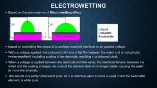 ELECTROWETTING
 Based on the phenomenon of Electrowetting effect.
 based on controlling the shape of a confined water/oil interface by an applied voltage.
 With no voltage applied, the (coloured) oil forms a flat film between the water and a hydrophobic
(water-repellent) insulating coating of an electrode, resulting in a coloured pixel.
 When a voltage is applied between the electrode and the water, the interfacial tension between the
water and the coating changes. As a result the stacked state is no longer stable, causing the water
to move the oil aside.
 This results in a partly transparent pixel, or, if a reflective white surface is used under the switchable
element, a white pixel.
L-liquid
I-insulator
S-substrate
 